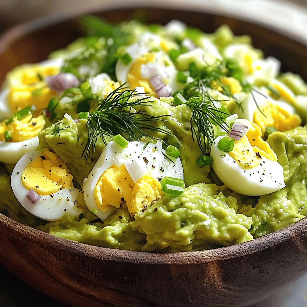 - 3 große Eier (hartgekocht und gehackt) - 1 reife Avocado (zerdrückt) - 1 Esslöffel Mayonnaise oder griechischer Joghurt Die Hauptzutaten für den Eiersalat sind einfach und gesund. Hartgekochte Eier sind reich an Eiweiß. Das macht sie zu einer tollen Wahl für viele Rezepte. Die Avocado bringt gesunde Fette mit und macht den Salat cremig. Verwenden Sie Mayonnaise oder griechischen Joghurt, um die Mischung noch besser zu machen. Der Joghurt ist eine leichtere Option. - 1 Teelöffel Dijon-Senf - Salz und Pfeffer Für den besten Geschmack fügen Sie Dijon-Senf hinzu. Er gibt dem Eiersalat einen leichten Kick. Salz und Pfeffer sind wichtig, um die Aromen zu heben. Schmecken Sie die Mischung immer wieder ab, bis sie ideal ist. - Frischer Dill oder Schnittlauch Eine schöne Garnitur macht viel aus. Frischer Dill oder Schnittlauch gibt dem Salat eine frische Note. Sie sehen toll aus und schmecken auch gut. Streuen Sie sie einfach über den Salat, bevor Sie ihn servieren. Für das vollständige Rezept schauen Sie bitte bei [Full Recipe]. Zuerst kochen Sie die Eier hart. Legen Sie die Eier in einen Topf und bedecken Sie sie mit Wasser. Bringen Sie das Wasser zum Kochen. Reduzieren Sie dann die Hitze und lassen Sie die Eier 9-12 Minuten köcheln. Nach dem Kochen legen Sie die Eier in kaltes Wasser, damit sie abkühlen. Schälen Sie die Eier und hacken Sie sie in kleine Stücke. Während die Eier kochen, können Sie die Avocado vorbereiten. Wählen Sie eine reife Avocado. Schneiden Sie sie in zwei Hälften und entfernen Sie den Kern. Mit einem Löffel schöpfen Sie das Fruchtfleisch heraus und legen es in eine Schüssel. Zerdrücken Sie die Avocado mit einer Gabel, bis sie cremig ist. Jetzt kommen die Zutaten in die Rührschüssel. Geben Sie die zerdrückte Avocado, 1 Esslöffel Mayonnaise oder griechischen Joghurt und 1 Teelöffel Dijon-Senf dazu. Rühren Sie die Mischung gut um, bis sie schön glatt ist. Jetzt fügen Sie die gehackten Eier und die fein gehackte rote Zwiebel hinzu. Vermengen Sie alles vorsichtig. Achten Sie darauf, die Eier nicht zu stark zu zerdrücken. Jetzt ist es Zeit, den Geschmack zu überprüfen. Fügen Sie Salz und Pfeffer nach Geschmack hinzu. Rühren Sie nochmals gut um. Wenn Sie möchten, können Sie frischen Dill oder Schnittlauch als Garnitur verwenden. Streuen Sie die Kräuter einfach über den Salat. Das gibt dem Gericht einen frischen Kick. Für das vollständige Rezept, schauen Sie sich die Anleitung in der [Full Recipe] an. Um perfekte hartgekochte Eier zu machen, ist die Zeit wichtig. Ich empfehle, die Eier 9 bis 12 Minuten zu kochen. Wenn sie fertig sind, legen Sie sie in kaltes Wasser. Das stoppt den Kochprozess und macht das Schälen einfacher. Das ist der Schlüssel zu einem guten Eiersalat. Die Avocado sollte reif sein. Drücken Sie leicht auf die Haut. Wenn sie sanft nachgibt, ist sie bereit. Eine harte Avocado ist noch nicht reif. Zu weiche Avocados sind oft überreif und schlecht. Achten Sie auch auf die Farbe. Eine dunkle Haut deutet oft auf Reife hin. Sie können das Rezept anpassen. Verwenden Sie griechischen Joghurt statt Mayonnaise für eine leichtere Option. Fügen Sie auch Gemüse wie Paprika oder Sellerie hinzu. Diese machen den Salat knackiger und gesünder. Experimentieren Sie mit Kräutern wie Basilikum oder Petersilie für neuen Geschmack. {{image_4}} Fügen Sie Feta und Oliven hinzu, um eine mediterrane Note zu erzielen. Der salzige Feta passt perfekt zur cremigen Avocado. Schneiden Sie einfach ein paar Oliven in Stücke und mischen Sie diese in den Salat. Der Geschmack wird frisch und würzig sein. Diese Kombination bringt den Sommer auf Ihren Teller. Wenn Sie es scharf mögen, versuchen Sie, Jalapeños oder frischen Koriander zu integrieren. Hacken Sie die Jalapeños fein und mischen Sie sie unter den Salat. Dies gibt dem Gericht einen tollen Kick. Der Koriander bringt Frische und passt gut zur Avocado. Diese Variante ist perfekt für einen schnellen Snack oder ein leichtes Mittagessen. Für eine vegane Version können Sie die Eier ganz weglassen. Stattdessen verwenden Sie Kichererbsen. Zerdrücken Sie sie und mischen Sie sie mit der Avocado. Dies gibt Ihnen eine ähnliche Textur und einen tollen Geschmack. Verwenden Sie vegane Mayonnaise oder einfach Zitronensaft, um die Mischung feucht zu halten. Diese Option ist gesund und voller Ballaststoffe. Für das vollständige Rezept schauen Sie sich den Abschnitt „Einfachster Avocado-Eiersalat“ an. Um den Eiersalat frisch zu halten, bewahre ihn in einem luftdichten Behälter auf. Stelle sicher, dass der Behälter gut verschlossen ist, um den Kontakt mit Luft zu minimieren. So bleibt der Geschmack und die Textur optimal. Die Kühlschranktemperatur sollte bei 4 Grad Celsius liegen. Wie lange hält sich der Eiersalat? Im Kühlschrank bleibt der Avocado-Eiersalat etwa 2 bis 3 Tage frisch. Wenn du ihn länger aufbewahren möchtest, ist es besser, ihn nicht zu lange stehen zu lassen. Achte darauf, dass er keine unangenehmen Gerüche entwickelt oder seine Farbe verändert. Ist das Einfrieren von Avocado-Eiersalat möglich? Das Einfrieren ist nicht ideal, da die Avocado nach dem Auftauen matschig wird. Die Textur leidet und der Geschmack kann sich verändern. Es ist besser, den Eiersalat frisch zu genießen. Wenn du jedoch Reste hast, die du nicht sofort essen kannst, lagere sie im Kühlschrank und genieße sie in den nächsten Tagen. Für das vollständige Rezept schau dir bitte die Anleitung unter [Full Recipe] an. - Schritt-für-Schritt Anleitung 1. Hartgekochte Eier sind der erste Schritt. Kochen Sie die Eier für 9-12 Minuten. 2. Kühlen Sie die Eier ab, schälen und hacken Sie sie. 3. Nehmen Sie eine reife Avocado. Zerdrücken Sie sie in einer Schüssel. 4. Fügen Sie 1 Esslöffel Mayonnaise oder griechischen Joghurt hinzu. 5. Geben Sie 1 Teelöffel Dijon-Senf zur Avocado-Mischung. 6. Geben Sie die gehackten Eier und 1 kleine, fein gehackte rote Zwiebel dazu. 7. Mischen Sie alles vorsichtig zusammen. 8. Würzen Sie mit Salz und Pfeffer. 9. Garnieren Sie mit frischem Dill oder Schnittlauch, wenn Sie möchten. - Tipps zur Vorbereitung Ja, Sie können den Eiersalat im Voraus machen. Bereiten Sie ihn bis zu zwei Tage im Voraus vor. Bewahren Sie ihn in einem luftdichten Behälter im Kühlschrank auf. Mischen Sie die Zutaten, aber lassen Sie die Garnitur weg, bis Sie bereit sind zu servieren. So bleibt der Salat frisch und lecker. - Empfehlungen für Beilagen und Präsentationsideen Der Avocado-Eiersalat passt toll zu verschiedenen Beilagen. Hier sind einige Ideen: - Servieren Sie ihn auf frischem Brot oder Brötchen. - Fügen Sie einen einfachen grünen Salat hinzu. - Garnieren Sie mit Kirschtomaten für Farbe und Frische. - Servieren Sie ihn mit knusprigen Crackern oder Gemüse-Sticks. Probieren Sie auch die Vollständige Rezept für mehr Details! Zusammenfassend haben wir hier einen leckeren Avocado-Eiersalat vorbereitet. Du weißt nun, welche Zutaten du brauchst und hast die Schritte zur Zubereitung gelernt. Die Tipps zur perfekten Zubereitung helfen dir, das Beste aus deinem Rezept herauszuholen. Variationen sorgen für Abwechslung, während die Lagerungshinweise dir helfen, den Salat frisch zu halten. Probiere die verschiedenen Optionen aus und finde deinen Favoriten. Dieser Salat bringt Farbe und Geschmack auf deinen Tisch!