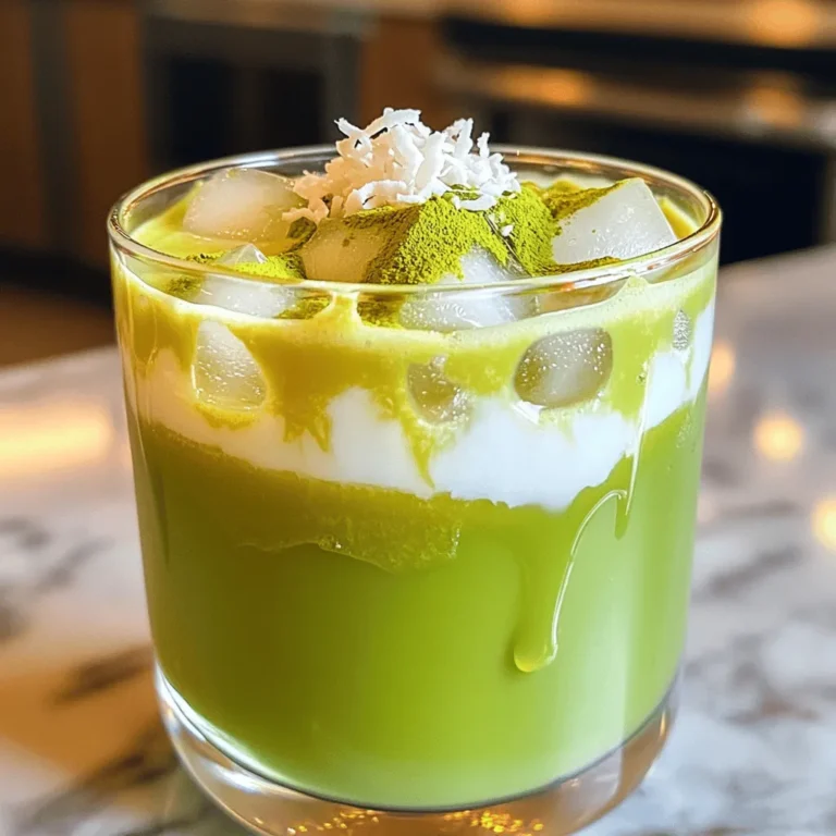 Um einen köstlichen Iced Matcha Coconut Latte zuzubereiten, benötigen Sie: - 2 Teelöffel Matcha-Grünteepulver - 1 Tasse Kokosnussmilch (aus der Dose oder Karton) - 1 Esslöffel Honig oder Agavensirup (nach Geschmack anpassen) - 1/2 Tasse kaltes Wasser - 1/4 Tasse Eiswürfel - Eine Prise Meersalz - Optional: geraspelte Kokosnuss und zusätzliches Matcha-Pulver zum Garnieren Matcha ist das Herzstück dieses Getränks. Er bringt einen tollen Geschmack und viele Vorteile. Kokosnussmilch gibt dem Latte eine cremige Textur. Süßungsmittel wie Honig oder Agavensirup geben den nötigen Kick. Wenn Sie keine Kokosnussmilch mögen, gibt es tolle Alternativen: - Mandelmilch - Hafermilch - Sojamilch Diese Pflanzenmilchsorten bieten verschiedene Geschmäcker. Wählen Sie die, die Ihnen am besten gefällt. Jede Milch hat ihre eigene Note und wird Ihr Getränk einzigartig machen. Die Wahl des Süßungsmittels ist wichtig. Sie können verwenden: - Honig - Agavensirup - Ahornsirup Passen Sie die Menge nach Ihrem Geschmack an. Wenn Sie es süßer mögen, fügen Sie mehr hinzu. Wenn nicht, reduzieren Sie die Menge. Experimentieren Sie mit den Süßungsmitteln, um Ihre perfekte Mischung zu finden. Zuerst nimmst du zwei Teelöffel Matcha-Pulver. Es ist wichtig, das Pulver zu sieben. Das hilft, Klumpen zu entfernen. Klumpen machen es schwer, das Matcha gut zu mischen. Sieben sorgt auch für eine glatte Textur. Danach fügst du kaltes Wasser hinzu. Verwende 1/2 Tasse kaltes Wasser. Ein Schneebesen oder ein Bambusbesen ist hier nützlich. Schlage das Matcha kräftig, bis es schaumig ist. Achte darauf, dass es gut vermischt ist. So bekommst du den besten Geschmack. Nimm eine Tasse Kokosnussmilch aus der Dose oder dem Karton. Gieße die Milch in ein Glas oder eine Schüssel. Füge 1 Esslöffel Honig oder Agavensirup hinzu. Du kannst die Süße nach deinem Geschmack anpassen. Eine Prise Meersalz macht den Geschmack noch besser. Rühre alles gut um, bis der Honig ganz aufgelöst ist. Diese Mischung wird cremig und lecker. Jetzt ist es an der Zeit, die Getränke zusammenzustellen. Nimm ein Glas und fülle es mit Eiswürfeln. Das Eis hält dein Getränk kalt. Gieße zuerst die Matcha-Mischung über das Eis. Sei vorsichtig, damit es nicht spritzt. Danach gießt du die Kokosnussmilchmischung vorsichtig darüber. Das ergibt einen schönen Farbverlauf. Du kannst das Getränk mit geraspelter Kokosnuss und extra Matcha garnieren. Rühre alles gut um, bevor du es genießt. So vereinen sich die Aromen perfekt. Das ist die einfache und schnelle Zubereitung des Iced Matcha Coconut Latte. Du wirst es lieben! Um Klumpen im Matcha zu verhindern, verwenden Sie ein feines Sieb. Sieben Sie das Matcha-Pulver in eine Schüssel. Das hilft, Klumpen zu lösen. Für eine bessere Mischung verwenden Sie einen Bambusbesen oder einen kleinen Schneebesen. Schlagen Sie das Matcha-Pulver mit Wasser kräftig. Diese Technik sorgt für eine glatte, schaumige Textur. Die Temperatur der Kokosnussmilch spielt eine große Rolle. Kalte Kokosnussmilch funktioniert am besten. Sie sorgt für einen erfrischenden Geschmack. Wenn die Kokosnussmilch zu warm ist, vermischt sie sich nicht gut mit dem Matcha. Lagern Sie die Kokosnussmilch im Kühlschrank. So bleibt sie frisch und kühl für Ihr Getränk. Garnierungen machen den Iced Matcha Coconut Latte noch leckerer. Verwenden Sie frische, geraspelte Kokosnuss für einen tropischen Touch. Ein kleiner Spritzer zusätzlicher Matcha gibt mehr Farbe und Geschmack. Sie können auch etwas Zimt oder Vanille hinzufügen. Diese kleinen Extras machen Ihr Getränk einzigartig und ansprechend. {{image_4}} Für eine vegane Version des Iced Matcha Coconut Latte, benutze einfach Pflanzenmilch. Du kannst Hafer-, Mandel- oder Cashewmilch verwenden. Diese Alternativen passen gut zu dem Matcha-Geschmack. Wenn du den Latte süßen möchtest, nutze Agavensirup oder einen anderen veganen Süßstoff. Diese Optionen sind lecker und leicht. Du kannst deinem Latte mehr Geschmack verleihen. Füge einen Schuss Vanilleextrakt hinzu, um eine süßere Note zu bekommen. Zimt bringt eine warme, würzige Tiefe. Ein kleiner Teelöffel reicht. Experimentiere mit den Aromen, um deinen perfekten Latte zu finden. Mische Matcha mit anderen Tees für neue Geschmäcker. Kombiniere es mit grünem Tee oder Kräutertee. Diese Mischungen bieten eine interessante Geschmackserfahrung. Du kannst auch einen Hauch von Pfefferminztee hinzufügen. Das macht deinen Latte erfrischend und kühl. Für das vollständige Rezept, schau dir den Iced Matcha Coconut Latte an. Wenn du noch Matcha-Pulver oder Kokosnussmilch übrig hast, bewahre sie richtig auf. Lagere das Matcha-Pulver in einem luftdichten Behälter. Halte es kühl und dunkel. So bleibt der Geschmack frisch. Die Kokosnussmilch kannst du im Kühlschrank aufbewahren. Achte darauf, sie nach dem Öffnen innerhalb von 3-5 Tagen zu verwenden. Wenn du deinen Iced Matcha Coconut Latte nicht sofort trinkst, lagere ihn im Kühlschrank. Nutze ein dicht schließendes Glas oder eine Flasche. So bleibt das Getränk frisch. Rühre vor dem Trinken gut um. Achte darauf, dass sich nichts absetzt. Genieß es innerhalb von 24 Stunden für den besten Geschmack. Matcha-Pulver hat eine lange Haltbarkeit, wenn du es richtig lagerst. In der Regel bleibt es bis zu einem Jahr gut. Achte darauf, das Haltbarkeitsdatum zu überprüfen. Kokosnussmilch hat eine kürzere Haltbarkeit. Ungeöffnete Dosen halten bis zu zwei Jahre. Geöffnete Kokosnussmilch sollte jedoch schnell verbraucht werden. Prüfe stets den Geruch und das Aussehen, bevor du sie verwendest. Matcha hat viele gesundheitliche Vorteile. Es ist reich an Antioxidantien, die den Körper schützen. Diese Antioxidantien helfen, Zellen vor Schäden zu bewahren. Matcha kann auch den Stoffwechsel ankurbeln. Es fördert die Fettverbrennung und hilft beim Abnehmen. Außerdem kann Matcha den Fokus und die Konzentration steigern. Es enthält L-Theanin, das eine beruhigende Wirkung hat. So bleibt man wach und entspannt zugleich. Ja, du kannst den Iced Matcha Coconut Latte auch warm genießen. Einfach das Eis weglassen und die Kokosnussmilch leicht erwärmen. Mische das warme Wasser mit dem Matcha wie gewohnt. Gieße dann die warme Kokosnussmilch dazu. Dieser warme Latte hat einen anderen, aber ebenso leckeren Geschmack. Ideal für kühlere Tage! Hochwertige Zutaten findest du in vielen Läden. Supermärkte haben oft spezielle Regale für Bio-Produkte. Schau auch in Asia-Läden; sie führen meist frisches Matcha-Pulver. Online gibt es viele gute Quellen. Achte auf Bewertungen, um Qualität zu prüfen. Für die Kokosnussmilch empfehlen sich Marken ohne Zusatzstoffe. Qualität macht einen großen Unterschied im Geschmack. Wenn du das volle Rezept zubereiten möchtest, schau dir die [Full Recipe] an. Dieser Blogbeitrag bietet eine umfassende Anleitung für den Iced Matcha Coconut Latte. Wir haben die Hauptzutaten, Alternativen und Süßungsmittel besprochen. Ich habe die Zubereitungsschritte klar erklärt, damit du das Getränk einfach nachmachen kannst. Tipps zur Klumpenvermeidung und Lagerung helfen dir, die besten Ergebnisse zu erzielen. Probiere verschiedene Variationen aus, um deinen perfekten Latte zu finden. Du hast jetzt alles, um diesen leckeren Drink zu genießen. Dein Iced Matcha Coconut Latte wartet darauf, entdeckt zu werden!