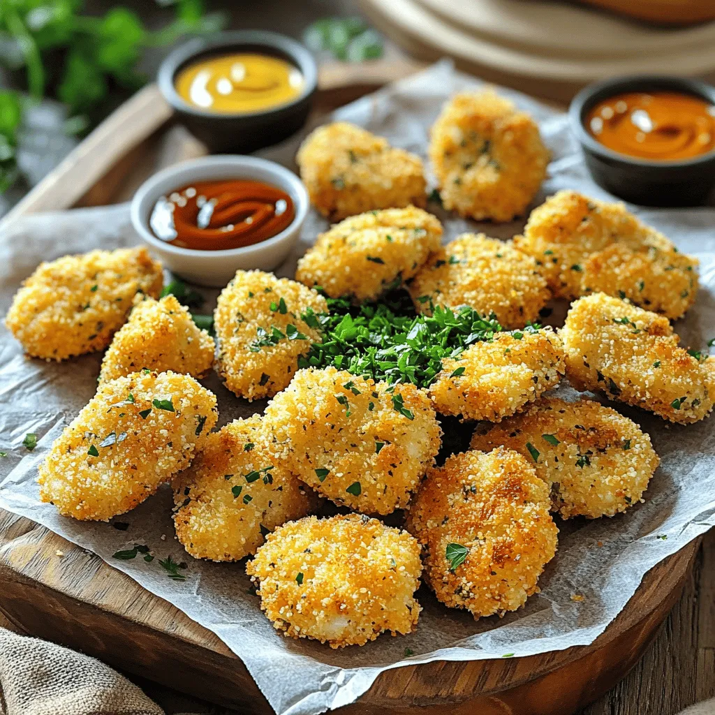Für die perfekten Hühnchen Nuggets benötigst du einige einfache Zutaten. Diese sind: - 450 g Hähnchenbrustfilet, in Stücke geschnitten - 125 g Weizenmehl - 2 große Eier - 100 g Semmelbrösel (Panko für extra Knusprigkeit) Diese Zutaten bilden die Basis für deinen köstlichen Snack. Die Hähnchenbrust sorgt für zartes Fleisch, während das Panko für die Knusprigkeit sorgt. Die richtigen Gewürze machen den Unterschied. Hier sind die Gewürze, die du verwenden solltest: - 1 Teelöffel Knoblauchpulver - 1 Teelöffel Zwiebelpulver - 1 Teelöffel getrockneter Oregano - 1 Teelöffel getrockneter Thymian - 1 Teelöffel Paprika - Salz und Pfeffer nach Geschmack Diese Gewürze verleihen deinem Hähnchen Nuggets einen tollen Geschmack. Sie sind einfach zu finden und bringen viel Aroma. Das richtige Öl ist wichtig für die Zubereitung. Du kannst die folgenden Ölsorten verwenden: - Gemüseöl - Rapsöl Diese Öle haben einen hohen Rauchpunkt. Sie sind perfekt zum Frittieren. Achte darauf, genug Öl zu verwenden, damit die Nuggets gleichmäßig garen. Für das vollständige Rezept und weitere Details schaue in den Abschnitt "Full Recipe". Zuerst bereite das Hähnchen vor. Nimm 450 g Hähnchenbrustfilet und schneide sie in mundgerechte Stücke. In einer großen Schüssel vermische die Hähnchenstücke mit Salz, Pfeffer, Knoblauchpulver, Zwiebelpulver, Oregano, Thymian und Paprika. Das gibt den Nuggets viel Geschmack. Lasse die Mischung mindestens 30 Minuten im Kühlschrank. So ziehen die Gewürze gut ein und das Hähnchen wird zart. Jetzt richte deine Panierstation ein. Du brauchst drei flache Schalen. Fülle die erste Schale mit 125 g Weizenmehl. Verquirle in der zweiten Schale zwei große Eier gut. In der dritten Schale mische 100 g Semmelbrösel mit einer Prise Salz und Pfeffer. Eine gute Panierstation macht das Panieren einfach und schnell. Beginne mit dem Panieren. Nimm ein Stück Hähnchen, drücke es in das Mehl und schüttle das überschüssige Mehl ab. Tauche es dann in die verquirlten Eier, sodass es gut bedeckt ist. Rolle das Hähnchen in der Semmelbrösel-Mischung und drücke leicht, damit die Panade gut haftet. Erhitze in einer großen Pfanne Öl, etwa 0,5 cm hoch. Du kannst das Öl testen, indem du ein kleines Stück Brot hineingibst. Wenn es zischt und bräunt, ist es heiß genug. Lege vorsichtig die panierten Hähnchenstücke hinein. Frittiere sie etwa 3-4 Minuten auf jeder Seite, bis sie goldbraun sind. Übertrage die fertigen Nuggets auf Küchenpapier, damit sie abtropfen. Wiederhole den Vorgang mit den restlichen Hähnchenstücken. Du wirst sehen, wie lecker und knusprig diese Nuggets werden! Serviere sie heiß mit deinen Lieblingssaucen. Um knusprige Hühnchen Nuggets zu bekommen, nutze Panko-Semmelbrösel. Diese sind gröber und sorgen für mehr Crunch. Wichtig ist, das Hähnchen gut zu würzen. Die Marinade macht das Fleisch zart und geschmackvoll. Lass das Hähnchen mindestens 30 Minuten ziehen. So ziehen die Gewürze gut ein. Achte darauf, das Öl heiß genug zu haben, bevor du die Nuggets hinzufügst. Ein kleiner Test mit Brot zeigt, ob das Öl bereit ist. Wenn das Brot bräunt und zischt, ist es Zeit. Frittiere die Nuggets in kleinen Mengen. So bleibt die Temperatur stabil und sie werden gleichmäßig knusprig. Ein häufiger Fehler ist, das Hähnchen zu lange im Öl zu lassen. Dadurch wird es trocken. Frittiere die Nuggets nur 3-4 Minuten pro Seite, bis sie goldbraun sind. Ein weiterer Fehler ist, die Pfanne zu überfüllen. Das senkt die Öltemperatur und macht die Nuggets matschig. Achte darauf, die Nuggets gleichmäßig zu panieren. Wenn die Panade nicht gut haftet, könnte sie beim Frittieren abfallen. Benutze frische Zutaten, um den besten Geschmack zu erzielen. Alte oder abgelaufene Gewürze können den Geschmack beeinträchtigen. Für eine schöne Präsentation lege die Nuggets auf einen großen Teller. Verwende Backpapier, um den Teller sauber zu halten. Platziere verschiedene Dip-Saucen in kleinen Schälchen. So können die Gäste nach Belieben dippen. Ein paar frische Kräuter wie Petersilie machen das Gericht lebendig. Streue sie über die Nuggets für einen tollen Look. Du kannst auch Gemüsesticks oder einen bunten Salat dazu servieren. Das sorgt für mehr Farbe auf dem Tisch und ist gesund. {{image_4}} Möchtest du eine glutenfreie Variante? Kein Problem! Tausche das Weizenmehl gegen Reismehl oder Maismehl aus. Diese Mehle geben den Nuggets eine tolle Textur. Achte darauf, dass auch die Semmelbrösel glutenfrei sind. Panko-Semmelbrösel aus Reis sind eine großartige Option, um die Knusprigkeit zu bewahren. So genießt du köstliche Nuggets, ohne Gluten. Für eine vegetarische Option kannst du Hähnchen durch Blumenkohl oder Tofu ersetzen. Blumenkohlröschen sind perfekt, wenn du sie in kleine Stücke schneidest. Tofu solltest du gut pressen, um die Feuchtigkeit zu entfernen. Panieren und frittieren die Stücke wie in der Originalrezeptur. Beide Alternativen bieten einen tollen Geschmack und eine interessante Textur. Liebst du es scharf? Füge etwas Chili- oder Cayennepfeffer zu deiner Panade hinzu. Du kannst auch scharfe Saucen in die Ei-Mischung geben. Für noch mehr Würze, probiere geräucherte Paprika oder eine Prise Kreuzkümmel. Diese Gewürze geben den Nuggets eine aufregende Note. So wird jede Biss ein Geschmackserlebnis! Um deine Reste frisch zu halten, lege die Hühnchen Nuggets in einen luftdichten Behälter. Stelle sicher, dass die Nuggets abgekühlt sind, bevor du sie lagerst. So vermeidest du Kondenswasser und matschige Nuggets. Wenn du keinen Behälter hast, kannst du sie auch in Frischhaltefolie wickeln. Um die Nuggets wieder knusprig zu machen, heize den Ofen auf 180 Grad Celsius vor. Lege die Nuggets auf ein Backblech und backe sie 10-15 Minuten. Alternativ kannst du sie in einer Pfanne bei mittlerer Hitze erwärmen. So bleiben sie außen knusprig und innen saftig. Im Kühlschrank halten sich die Hühnchen Nuggets etwa 3-4 Tage. Wenn du sie länger aufbewahren willst, friere sie ein. In einem luftdichten Behälter oder einem Gefrierbeutel halten sie sich bis zu 3 Monate. Denke daran, sie vollständig abzuwärmen, bevor du sie servierst. Die Zubereitung von Homemade Chicken Nuggets dauert insgesamt etwa 45 Minuten. Davon sind 30 Minuten für die Marinierung des Hähnchens nötig. Das Frittieren selbst nimmt etwa 15 Minuten in Anspruch. Wenn du die Schritte genau befolgst, hast du schnell leckere Nuggets auf dem Tisch. Ja, du kannst die Nuggets auch im Ofen backen. Heize deinen Ofen auf 200 Grad Celsius vor. Lege die panierten Nuggets auf ein Backblech mit Backpapier. Sprühe sie leicht mit Öl ein, damit sie schön knusprig werden. Backe sie etwa 20 bis 25 Minuten, bis sie goldbraun sind. Es gibt viele tolle Dips für deine Hühnchen Nuggets. Hier sind einige beliebte Optionen: - Honig-Senf: Süß und pikant, perfekt für den ersten Biss. - BBQ-Sauce: Rauchig und würzig, ein echter Klassiker. - Ranch-Dressing: Cremig und frisch, ideal zum Eintauchen. - Ketchup: Einfach und immer beliebt bei Kindern und Erwachsenen. Wähle deine Lieblingsdips und genieße die Nuggets in vollen Zügen! Du hast nun gelernt, wie man knusprige Hühnchen Nuggets selbst macht. Wir haben die besten Zutaten besprochen, die Schritt-für-Schritt-Anleitung durchgegangen und nützliche Tipps gegeben. Auch Varianten und Lagerung waren wichtige Punkte. Denk daran: Die perfekten Nuggets kommen von den richtigen Zutaten und der richtigen Technik. Experimentiere mit verschiedenen Geschmäckern und genieß deine Kreationen. Viel Spaß beim Kochen!