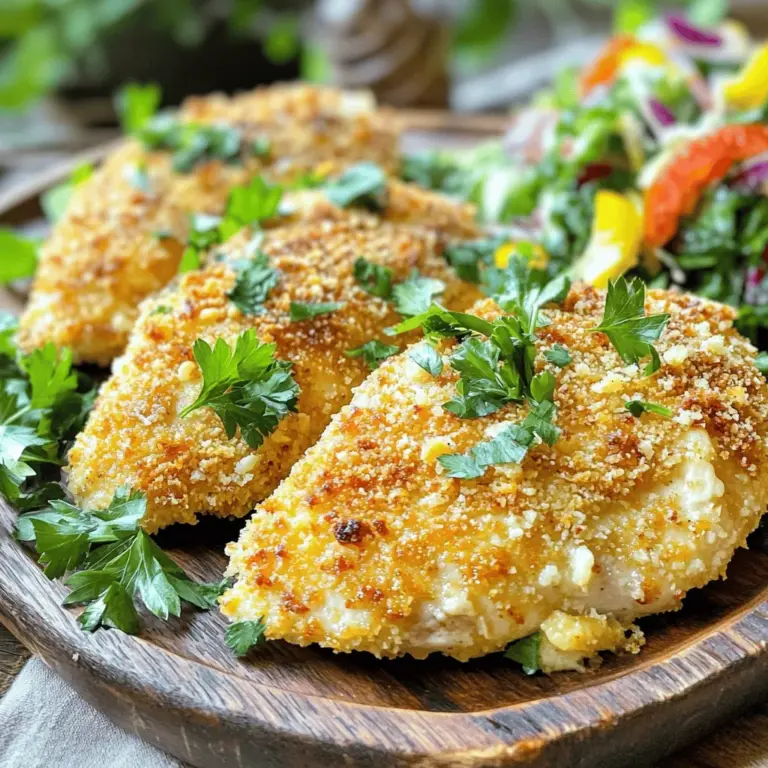 - 4 Hähnchenbrustfilets, ohne Haut und Knochen - 1 Tasse frisch geriebener Parmesan-Käse - 1 Tasse Paniermehl (vorzugsweise Panko für extra Knusprigkeit) Die Hauptzutaten sind einfach und klar. Frische Hähnchenbrustfilets sorgen für saftigen Geschmack. Parmesan-Käse gibt einen kräftigen und salzigen Kick. Panko macht die Kruste besonders knusprig. - 2 Esslöffel frische Petersilie, fein gehackt - 2 Teelöffel Knoblauchpulver - 1 Teelöffel Zwiebelpulver - 1 Teelöffel Paprika - Salz und Pfeffer nach Geschmack Die Gewürze und Kräuter machen das Gericht lebendig. Petersilie bringt Farbe und Frische. Knoblauch- und Zwiebelpulver bieten Tiefe. Paprika fügt eine milde Süße hinzu. Vergessen Sie nicht, alles sorgfältig zu würzen. - 2 große Eier - ¼ Tasse Olivenöl Eier dienen als Bindemittel. Sie helfen der Panade, an den Hähnchenbrustfilets zu haften. Olivenöl sorgt beim Braten für eine goldene Farbe. Es bringt auch einen feinen Geschmack, der das Gericht abrundet. Für die vollständige Zubereitung können Sie die [Full Recipe] anschauen. Heize den Ofen auf 200°C vor. Mische in einer flachen Schüssel die ganzen Zutaten. Vermenge den frisch geriebenen Parmesan, das Paniermehl, die gehackte Petersilie, das Knoblauchpulver, das Zwiebelpulver und die Paprika. Füge Salz und Pfeffer nach Geschmack hinzu. Rühre gut um, bis die Mischung gleichmäßig ist. Würze die Hähnchenbrustfilets großzügig mit Salz und Pfeffer. Schlage die Eier in einer anderen flachen Schüssel auf und verquirle sie gut. Tauche jedes Filet in die Eimischung, damit es gleichmäßig bedeckt ist. Drücke das Hähnchen dann in die Paniermehl-Käse-Mischung. Achte darauf, dass die Mischung gut haftet. Erhitze eine große Pfanne bei mittlerer bis hoher Hitze und füge das Olivenöl hinzu. Wenn das Öl heiß ist, lege die panierten Hähnchenbrustfilets vorsichtig hinein. Brate sie 3-4 Minuten pro Seite, bis sie goldbraun sind. Lege die Hähnchenbrustfilets auf ein mit Backpapier ausgelegtes Blech. Backe sie im vorgeheizten Ofen 15-20 Minuten. Die Innentemperatur sollte 75°C erreichen. Lass das Hähnchen nach dem Backen 5 Minuten ruhen, bevor du es servierst. Die Wahl des Paniermehls ist wichtig. Panko ist meine erste Wahl. Es sorgt für extra Knusprigkeit. Normales Paniermehl funktioniert auch, aber nicht so gut. Die Textur macht den Unterschied. Braten Sie das Hähnchen bei der optimalen Temperatur. Mittel-hohe Hitze ist ideal. So wird die Kruste goldbraun und knusprig. Zu hohe Hitze kann das Hähnchen verbrennen, bevor es gar ist. Verwenden Sie nicht zu viel Öl. Ein zu fettes Hähnchen macht die Kruste matschig. Ein Esslöffel Öl pro Filet reicht aus. So bleibt es lecker und knusprig. Beachten Sie die Garzeit im Ofen. Zu langes Garen macht das Hähnchen trocken. Überprüfen Sie die Innentemperatur mit einem Thermometer. 75°C sind perfekt für saftiges Fleisch. Kombinieren Sie das Hähnchen mit frischen Beilagen. Ein grüner Salat passt gut dazu. Auch geröstetes Gemüse ist eine tolle Wahl. Für eine ansprechende Präsentation garnieren Sie mit Petersilie. Eine schöne Platte macht das Gericht noch besser. Gäste werden beeindruckt sein! Für die vollständige Zubereitung und weitere Details, schauen Sie sich das Full Recipe an. {{image_4}} Für eine glutenfreie Variante kannst du Panko durch gemahlene Mandeln oder Haferflocken ersetzen. Diese Optionen bieten Knusprigkeit ohne Gluten. Experimentiere mit verschiedenen Kräutern wie Oregano oder Thymian. Diese geben dem Gericht einen neuen Geschmack. Füge zerbröselten Feta und einige schwarze Oliven hinzu. Diese Zutaten bringen einen mediterranen Touch. Du kannst auch eine frische Tomatensauce oder Pesto-Sauce verwenden. Diese Kombination schmeckt großartig mit dem knusprigen Hähnchen. Wenn du kein Hähnchen essen möchtest, probiere Putenbrust oder Tofu. Putenbrust hat einen ähnlichen Geschmack und kann genauso gut paniert werden. Für eine vegetarische Option ist Tofu ideal. Es nimmt den Geschmack der Gewürze gut auf. So kannst du das Gericht anpassen, um alle zu erfreuen. Lagern Sie Ihr übriggebliebenes Hähnchen im Kühlschrank. Wickeln Sie es in Frischhaltefolie oder legen Sie es in einen luftdichten Behälter. So bleibt das Hähnchen frisch. Bei richtiger Lagerung bleibt es bis zu drei Tage gut. Zum Wiedererwärmen, benutzen Sie den Ofen oder die Mikrowelle. Achten Sie darauf, dass das Hähnchen gleichmäßig warm wird. Sie können das Hähnchen auch einfrieren. Wickeln Sie es gut ein oder verwenden Sie einen Gefrierbeutel. So bleibt es bis zu drei Monate haltbar. Zum Auftauen, legen Sie es in den Kühlschrank über Nacht. Alternativ, tauen Sie es in der Mikrowelle auf. Achten Sie darauf, es nicht zu kochen, während es auftaut. Bereiten Sie die Zutaten im Voraus vor. Schneiden Sie das Hähnchen und die Kräuter. Lagern Sie alles getrennt im Kühlschrank. Marinieren Sie das Hähnchen vor dem Kochen für mehr Geschmack. Lassen Sie es mindestens 30 Minuten in der Marinade. So erhält das Hähnchen ein besseres Aroma. Das Hähnchen braucht 15 bis 20 Minuten im Ofen. Die genaue Zeit hängt von der Dicke der Filets ab. Achte darauf, dass die Innentemperatur 75°C erreicht. So wird das Hähnchen saftig und durchgegart. Ja, du kannst Parmesan durch Pecorino ersetzen. Für vegane Optionen nutze Nusskäse. Diese Alternativen sind lecker und passen gut. Ja, dieses Gericht ist kinderfreundlich. Du kannst die Gewürze reduzieren oder mildere verwenden. Lass die Kinder beim Panieren helfen. Das macht Spaß und fördert ihr Interesse am Kochen. Ein frischer grüner Salat ergänzt das Hähnchen gut. Auch geröstetes Gemüse oder Kartoffelpüree sind tolle Beilagen. Diese Kombinationen machen das Essen noch leckerer. Das Parmesan Crusted Chicken ist einfach und lecker. Wir haben die Hauptzutaten wie Hähnchen und Parmesan besprochen. Ich habe die Schritt-für-Schritt-Anleitung für die Zubereitung gegeben. Außerdem wurden wichtige Tipps und Varianten vorgestellt. Denke daran, die richtige Temperatur zum Braten zu nutzen. So bleibt der Belag knusprig. Du kannst auch mit Gewürzen und Beilagen variieren. Mit diesen Tipps gelingt dir das Gericht sicher. Viel Spaß beim Ausprobieren!