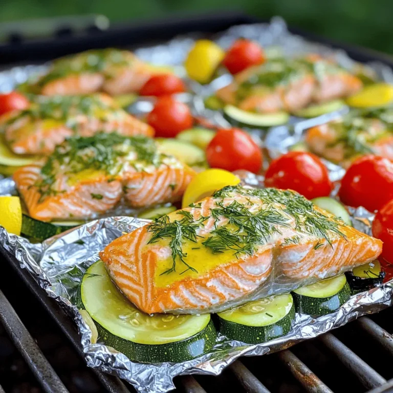 - Lachsfilets: Verwende vier Lachsfilets, jeweils etwa 170 g. Diese Stücke sind zart und saftig. - Gemüsezutaten: Nutze Kirschtomaten und Zucchini. Beide sorgen für Frische und Farbe. Halbiere die Tomaten und schneide die Zucchini in Scheiben. - Gewürze und Marinade: Mische Olivenöl, Zitronensaft, Dill, Knoblauch, Salz und Pfeffer. Diese Mischung bringt den Geschmack des Lachses zur Geltung. Mit diesen Zutaten zauberst du die perfekten Zitronen-Dill-Lachs-Feilenpakete. Sie sind frisch, einfach und lecker. Du kannst die Zutaten nach deinem Geschmack ändern. Achte darauf, die Lachsfilets gleichmäßig mit der Marinade zu bedecken. Das macht das Gericht besonders schmackhaft. - Temperatur einstellen: Heize deinen Grill auf mittelhohe Hitze, etwa 190°C. Wenn du den Ofen nutzt, stelle ihn auf 200°C ein. Diese Temperaturen helfen, den Lachs gleichmäßig zu garen und saftig zu halten. - Aluminiumfolie zuschneiden: Schneide vier große Stücke Aluminiumfolie. Jedes Stück sollte etwa 30 cm lang sein. Achte darauf, dass die Folie groß genug ist, um die Lachsfilets und das Gemüse gut zu umschließen. - Zutaten mischen: In einer kleinen Schüssel vermische das Olivenöl, den frisch gepressten Zitronensaft und den gehackten Knoblauch. Füge den Dill sowie Salz und Pfeffer hinzu. Du kannst die Menge an Salz und Pfeffer nach deinem Geschmack anpassen. - Geschmack anpassen: Probiere die Marinade. Wenn du mehr Säure möchtest, füge etwas mehr Zitronensaft hinzu. Für mehr Frische kann mehr Dill hinein. Diese Marinade macht den Lachs lecker und aromatisch. - Lachsfilets vorbereiten: Lege ein Lachsfilet in die Mitte jedes Folienstücks. Achte darauf, dass die Hautseite nach unten zeigt. So bleibt das Filet saftiger. - Gemüse verteilen: Verteile die Zitronenscheiben, halbierten Kirschtomaten und die Zucchinischeiben gleichmäßig um jedes Lachsfilet. Das Gemüse sorgt für Farbe und zusätzliche Nährstoffe. - Grill- oder Ofenmethode: Lege die Folienpakete auf den Grill oder in den Ofen. Achte darauf, dass die Pakete gut verschlossen sind, um den Dampf zu halten. - Garzeit überprüfen: Grill die Päckchen für etwa 15-20 Minuten oder backe sie im Ofen 20-25 Minuten. Überprüfe den Lachs. Er sollte gar sein und leicht mit einer Gabel zerfallen. Nutze das Rezept für perfekte Folienpakete, die schnell und einfach zuzubereiten sind. Die Garzeit ist der Schlüssel zu gutem Lachs. Überwachen Sie die Päckchen während des Kochens. Der Lachs sollte zart und leicht zerfallend sein. Für die meisten Lachsarten sind 15 bis 20 Minuten optimal. Für dickere Filets können Sie etwas länger grillen oder backen. Experimentieren Sie mit verschiedenen Kräutern und Gewürzen. Fügen Sie frischen Thymian oder Oregano hinzu, um den Geschmack zu ändern. Auch Zitronenpfeffer oder Paprika können gut passen. Diese Variationen helfen Ihnen, neue Aromen zu entdecken. Servieren Sie den Lachs mit frischem Gemüse oder Reis. Ein einfaches grünes Salatbett passt auch gut dazu. Achten Sie darauf, die Päckchen ansprechend zu präsentieren. Ein wenig frische Petersilie oben drauf sieht schön aus und gibt einen frischen Touch. {{image_4}} Wenn du mit Gemüse spielst, hast du viele Optionen. Kirschtomaten und Zucchini sind lecker. Du kannst aber auch Brokkoli oder Paprika verwenden. Diese Gemüsesorten sind bunt und bringen Frische. Saisonal passende Zutaten machen dein Gericht noch besser. Im Frühling sind Spargel und Erbsen toll. Im Sommer sind bunte Paprika und Tomaten ideal. Im Herbst kannst du Kürbis oder Pilze verwenden. Diese Zutaten geben deinem Lachs ein neues Leben. Die Zubereitung im Ofen hat ihre Vorteile. Du kannst mehrere Pakete auf einmal machen. Das ist praktisch, wenn du Gäste hast. Der Grill bringt jedoch einen rauchigen Geschmack. Er ist perfekt für den Sommer. Der Geschmack unterscheidet sich auch. Durch das Grillen wird das Gemüse leicht angekohlt. Das gibt ein tolles Aroma. Im Ofen bleibt alles saftig und zart. Beide Methoden sind lecker, es kommt auf deinen Wunsch an. Wenn du keinen Lachs magst, probiere Hähnchen oder Tofu. Du kannst die gleichen Marinaden verwenden. Hähnchenfilets brauchen etwas mehr Zeit zum Kochen. Tofu ist schnell gar und nimmt viel Geschmack auf. Die Marinade kannst du leicht anpassen. Wenn du Hähnchen verwendest, füge etwas mehr Zitrone hinzu. Bei Tofu kannst du mehr Kräuter verwenden. So bleibt dein Gericht frisch und spannend. Wenn du Reste von deinen Zitronen-Dill-Lachs-Feilenpaketen hast, kannst du sie leicht aufbewahren. Lass die Päckchen zuerst abkühlen. Danach packe sie in einen luftdichten Behälter. Du kannst sie bis zu drei Tage im Kühlschrank lagern. Wenn du die Reste länger aufbewahren möchtest, friere sie ein. Lege die Päckchen in einen gefrierfesten Beutel. So bleiben sie bis zu drei Monate frisch. Achte darauf, die Luft gut herauszudrücken, um Gefrierbrand zu vermeiden. Es gibt verschiedene Methoden, um die Reste aufzuwärmen. Eine einfache Methode ist die Mikrowelle. Lege ein Päckchen auf einen mikrowellengeeigneten Teller. Erhitze es für ein bis zwei Minuten. Wenn du die Päckchen im Ofen aufwärmen willst, heize ihn auf 180°C vor. Wickel die Folienpakete in Alufolie ein, um die Feuchtigkeit zu halten. Backe sie für 10 bis 15 Minuten. Mit beiden Methoden bleibt der Geschmack frisch. Achte darauf, dass der Lachs nicht zu lange erhitzt wird. So bleibt die zarte Textur erhalten. Sie können die Folienpakete bis zu vier Stunden vorher zubereiten. Wickeln Sie sie gut in Folie. Lagern Sie sie im Kühlschrank. So bleibt der Lachs frisch und lecker. Vor dem Grillen oder Backen einfach die Folie abnehmen. Ja, Sie können den Lachs auch ohne Folie zubereiten. Eine gute Methode ist das Braten in einer Pfanne. Einfach etwas Öl erhitzen und den Lachs von beiden Seiten braten. Sie können ihn auch im Ofen backen. Legen Sie den Lachs auf ein Blech und decken Sie ihn mit Gemüse. Zu Lachs passen viele Beilagen. Ich empfehle frisches Gemüse wie Spargel oder Brokkoli. Ein leichter Couscous-Salat ist auch eine gute Wahl. Auch Kartoffeln in verschiedenen Varianten passen gut dazu. Ja, das Rezept ist perfekt für den Grill. Die Folienpakete halten den Lachs saftig und aromatisch. Sie können die Päckchen direkt auf den Grill legen. Achten Sie darauf, den Grill nicht zu heiß zu machen. Die Inspiration kommt aus der Kombination von frischen Aromen. Zitrone und Dill passen gut zu Lachs. Diese einfache Zubereitung hat ihre Wurzeln in der mediterranen Küche. Es ist eine gesunde und frische Art, Fisch zu genießen. Für die ausführliche Zubereitung und genaue Mengenangaben, schauen Sie sich das vollständige Rezept für Zitronen-Dill-Lachs-Feilenpakete an. Zusammengefasst haben wir die wichtigsten Schritte zur Zubereitung von Lachs in Folie besprochen. Wir haben über Zutaten, die richtige Marinade und Zubereitungsmethoden gesprochen. Beachten Sie die Tipps für perfekte Garzeiten und verschiedene Gemüseoptionen. Experimentieren Sie mit Aromen und Beilagen, um Ihr Gericht zu personalisieren. So wird Ihr Lachsgericht immer lecker und abwechslungsreich. Genießen Sie die Vielseitigkeit dieses Rezepts und teilen Sie es mit Ihren Freunden.
