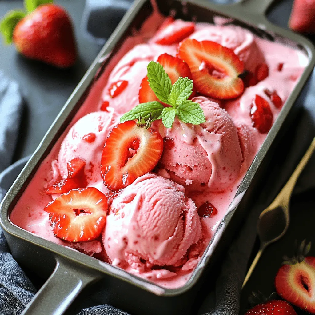 Für ein leckeres No Churn Strawberry Ice Cream brauchst du einige einfache Zutaten. Hier ist, was du benötigst: - 2 Tassen frische Erdbeeren, geputzt und in Scheiben geschnitten - 1/2 Tasse Kristallzucker (je nach Süße der Erdbeeren anpassen) - 1 Teelöffel Zitronensaft - 2 Tassen Schlagsahne - 1 Tasse gesüßte Kondensmilch - 1 Teelöffel Vanilleextrakt - Eine Prise Meersalz Diese Zutaten kombinieren sich wunderbar und sorgen für einen fruchtigen Geschmack. Manchmal hat man nicht alles zur Hand. Hier sind einige Alternativen: - Statt frischer Erdbeeren kannst du gefrorene verwenden. Lass sie vorher auftauen. - Verwende Honig oder Agavendicksaft anstelle von Kristallzucker für eine natürliche Süße. - Statt gesüßter Kondensmilch kannst du auch griechischen Joghurt verwenden. Das gibt dem Eis eine cremige Note. Mit diesen Alternativen bleibt das Ergebnis lecker und frisch. Die Wahl der Erdbeeren ist wichtig für den Geschmack. Hier sind einige Tipps: - Suche nach tiefroten Erdbeeren. Sie sind süßer und reifer. - Achte auf feste Früchte. Weiche Erdbeeren sind oft überreif und geschmacklos. - Geruch ist ein guter Indikator. Frische Erdbeeren riechen süß und lecker. Mit diesen Tipps findest du die besten Erdbeeren für dein Eis. So wird dein No Churn Strawberry Ice Cream unvergesslich. Um die Erdbeeren richtig zuzubereiten, beginne mit frischen, reifen Erdbeeren. Du brauchst etwa 2 Tassen. Putze sie und schneide sie in Scheiben. Dann nimm eine mittelgroße Schüssel und gib die Erdbeeren hinein. Füge 1/2 Tasse Kristallzucker und 1 Teelöffel Zitronensaft hinzu. Jetzt kommt der spannende Teil: Mit einer Gabel zerdrücke die Erdbeeren leicht. Dies hilft, den Saft freizusetzen. Lass die Mischung etwa 10-15 Minuten ziehen. So intensivierst du die Aromen. Für die Schlagsahne benötigst du 2 Tassen. Nimm eine große Rührschüssel und einen elektrischen Mixer. Schlage die Sahne auf mittlerer bis hoher Stufe. Achte darauf, dass sich steife Spitzen bilden. Dies dauert etwa 3-5 Minuten. Übermixen sollte vermieden werden, da die Sahne sonst ihre Luftigkeit verliert. In einer separaten Schüssel mische 1 Tasse gesüßte Kondensmilch, 1 Teelöffel Vanilleextrakt und eine Prise Meersalz. Rühre alles gut mit einem Schneebesen, bis die Mischung glatt ist. Jetzt ist es Zeit, die geschlagene Sahne hinzuzufügen. Hebe die Sahne in drei Teilen unter die Kondensmilch-Mischung. Sei vorsichtig, um die Luftigkeit der Sahne zu bewahren. Sobald alles gut vermischt ist, füge die vorbereiteten Erdbeeren und ihren Saft hinzu. Mische alles vorsichtig, bis die Erdbeeren gleichmäßig verteilt sind. Gieße die Mischung in eine Kastenform oder einen gefrierfesten Behälter. Glätte die Oberfläche mit einem Spatel. Decke den Behälter mit Frischhaltefolie oder einem Deckel ab. Jetzt heißt es warten! Stelle die Mischung mindestens 6 Stunden oder bis zur vollständigen Festigkeit in den Gefrierschrank. Für beste Ergebnisse lasse es über Nacht einfrieren. Vor dem Servieren lass die Eiscreme 5-10 Minuten bei Zimmertemperatur stehen. So wird das Entnehmen einfacher. Ein verbreiteter Fehler ist das Übermixen der Sahne. Wenn die Sahne zu lange geschlagen wird, wird sie butterartig. Es ist wichtig, die Sahne nur bis zu steifen Spitzen zu schlagen. Ein weiterer Fehler ist, die Erdbeeren nicht ausreichend zu marinieren. Dies gibt den Erdbeeren Zeit, ihren Saft freizusetzen und den Geschmack zu intensivieren. Achte darauf, die Erdbeeren mindestens 10 Minuten ziehen zu lassen. Die Konsistenz des Eises hängt stark von der Schlagsahne ab. Die Sahne sollte fest, aber nicht zu dick sein. Beim Unterheben der Sahne in die Mischung ist es wichtig, vorsichtig zu arbeiten. Verwende einen Spatel und mache sanfte, faltende Bewegungen. So bleibt die Luft in der Mischung und das Eis wird schön cremig. Wenn die Mischung zu flüssig ist, kann das Eis hart werden und die cremige Textur verlieren. Für eine ansprechende Präsentation serviere das Eis in schönen Schalen. Garniere es mit frischen Erdbeerscheiben und einem Zweig Minze. Das verleiht dem Dessert Farbe und Frische. Du kannst auch Schokoladensauce oder gehackte Nüsse darüber geben. Diese Extras geben dem Eis eine besondere Note und machen es noch köstlicher. {{image_4}} Du kannst dein No Churn Strawberry Ice Cream leicht anpassen. Füge Schokoladenstückchen hinzu, um einen schokoladigen Geschmack zu bekommen. Dunkle Schokolade passt gut zu Erdbeeren. Du kannst auch gehackte Nüsse wie Mandeln oder Walnüsse hinzufügen. Diese sorgen für einen knusprigen Biss. Mische sie in der letzten Phase, bevor du alles einfrierst. So bleiben die Nüsse schön knackig. Erdbeeren sind toll, aber du kannst auch andere Früchte verwenden. Himbeeren, Blaubeeren oder sogar Mango funktionieren prima. Mische verschiedene Früchte für einen fruchtigen Mix. Achte darauf, die Frucht gut zu pürieren, falls du einen glatten Eisgeschmack möchtest. Bei stückigen Früchten solltest du sie nur leicht zerdrücken. So bekommst du einen frischen Fruchtgeschmack in jedem Bissen. Wenn du eine vegane Option suchst, gibt es einfache Alternativen. Ersetze die Schlagsahne durch Kokoscreme oder eine pflanzliche Sahne. Das gibt deinem Eis einen tollen Geschmack. Du kannst auch die gesüßte Kondensmilch durch Kokosnussmilch oder Mandelmilch ersetzen. Füge etwas mehr Zucker hinzu, um die Süße zu erhöhen. So bleibt dein No Churn Strawberry Ice Cream lecker und vegan. Schau dir das Full Recipe an, um die genauen Schritte zu sehen. Um das beste Ergebnis zu erzielen, lagern Sie Ihr Eis in einem luftdichten Behälter. Ein Kastenbehälter funktioniert gut. Achten Sie darauf, die Oberfläche des Eises mit Frischhaltefolie abzudecken. So bleibt die Eiscreme frisch und frei von Gefrierbrand. Lagern Sie das Eis an einem kühlen Ort im Gefrierfach, fern von anderen Lebensmitteln. No Churn Strawberry Ice Cream hält sich im Gefrierfach bis zu zwei Wochen. Nach dieser Zeit kann die Textur leiden. Das Eis kann kristallisieren und weniger cremig werden. Wenn Sie das Eis länger aufbewahren, prüfen Sie es vor dem Servieren auf die Qualität. Wenn Ihre Eiscreme zu hart geworden ist, lassen Sie sie vor dem Servieren 5 bis 10 Minuten bei Zimmertemperatur stehen. Dadurch wird das Eis weicher und lässt sich leichter portionieren. Wenn das Eis zu viel gefroren ist, können Sie einen Löffel oder eine Eiskelle in warmes Wasser tauchen. Dies hilft, die Kugeln leichter zu formen. No Churn Eis ist eine einfache Art von Eiscreme. Man braucht keine Eismaschine. Stattdessen mischt man die Zutaten und friert sie einfach ein. Der Hauptbestandteil ist oft Sahne, die man aufschlägt. Das sorgt für die cremige Textur. Man kann viele Geschmäcker hinzufügen, wie Erdbeeren, Vanille oder Schokolade. Es ist schnell und macht Spaß. Ja, du kannst das Rezept verdoppeln. Achte darauf, dass du einen größeren Behälter hast. Es ist wichtig, die Mischung gut zu vermengen. So bleibt die Textur schön luftig. Verdopple auch die Zeit zum Einfrieren. Halte das Eis länger im Gefrierfach, bis es fest ist. Das Eis braucht mindestens 6 Stunden zum Gefrieren. Ich empfehle, es über Nacht einzufrieren. So wird es perfekt fest. Wenn du es schnell brauchst, lasse es 5-10 Minuten bei Zimmertemperatur stehen. So kannst du es leichter portionieren. Viele Früchte passen gut zu No Churn Eis. Hier sind einige Beispiele: - Himbeeren - Blaubeeren - Banane - Mango - Pfirsiche Jede Frucht bringt ihren eigenen Geschmack und Farbe mit. Experimentiere mit verschiedenen Kombinationen für neue Kreationen. In diesem Artikel haben wir die Hauptzutaten für No Churn Erdbeereis besprochen. Du hast gelernt, wie man die Erdbeeren zubereitet und die Schlagsahne richtig schlägt. Tipps helfen, die besten Erdbeeren auszuwählen und häufige Fehler zu vermeiden. Auch Variationen mit anderen Früchten oder veganen Alternativen wurden vorgestellt. Denke an die Lagerung und Haltbarkeit, um dein Eis lang zu genießen. Genieße es, kreativ zu sein und deinen eigenen Geschmack zu finden!