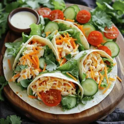 - 2 Tassen gekochtes Hähnchen, zerkleinert - 1/2 Tasse Buffalo-Sauce - 1/4 Tasse Ranch-Dressing Diese Zutaten sind der Schlüssel zu einem leckeren Wrap. Zerkleinertes Hähnchen macht ihn herzhaft und sättigend. Buffalo-Sauce bringt die Schärfe, während Ranch-Dressing die perfekte Cremigkeit hinzufügt. - 1 Tasse zerrissener Salat - 1 mittelgroße Karotte, julienniert - 1/2 Gurke, dünn geschnitten - 1/2 Tasse Kirschtomaten, halbiert Frische Zutaten sorgen für einen knackigen Biss. Der Salat ist leicht und frisch. Karotten und Gurken bringen Farbe und Textur. Die Kirschtomaten fügen eine süße Note hinzu. - 4 große Tortillas aus Weizenmehl - 1/2 Tasse geriebener Käse (Cheddar oder Mozzarella) Die Tortillas halten alles zusammen. Sie sind weich und leicht zu rollen. Käse schmilzt schön und macht die Wraps noch besser. Nutzen Sie Cheddar für einen kräftigen Geschmack oder Mozzarella für eine mildere Option. Mit all diesen Zutaten wird der Buffalo Ranch Chicken Wrap lecker und einfach. Für das komplette Rezept, schauen Sie sich den Full Recipe an. Um die Hähnchenmischung zu machen, nimm eine große Schüssel. Gib das gekochte, zerkleinerte Hähnchen hinein. Füge die Buffalo-Sauce und das Ranch-Dressing hinzu. Rühre alles gut um. Achte darauf, dass das Hähnchen gleichmäßig mit der Sauce bedeckt ist. Diese Mischung gibt deinem Wrap den würzigen Geschmack, den wir lieben. Jetzt kommen die Tortillas. Nimm eine Pfanne und erhitze sie auf mittlerer Hitze. Lege die Tortillas in die Pfanne. Erhitze jede Tortilla für 10-15 Sekunden auf jeder Seite. So werden sie weich und biegsam. Das macht es einfacher, sie zu rollen, ohne dass sie reißen. Legen die warmen Tortillas flach auf eine saubere Arbeitsfläche. Nimm eine große Menge der Hähnchenmischung und löffel sie in die Mitte jeder Tortilla. Jetzt ist Zeit für das Gemüse! Füge den zerrissenen Salat, die juliennierten Karotten, die Gurkenscheiben und die halbierten Kirschtomaten hinzu. Streue geriebenen Käse darüber. Klappe die Seiten der Tortilla ein, dann rolle sie von unten nach oben. Achte darauf, dass die Füllungen gut im Inneren bleiben. Wiederhole den Vorgang mit den restlichen Tortillas. Du kannst die Wraps auch diagonal in zwei Hälften schneiden. Serviere sie mit extra Ranch-Dressing zum Dippen. Dieses Rezept ist schnell und macht satt! Für das vollständige Rezept schau dir [Full Recipe] an. Um die beste Tortilla zu nutzen, wärme sie gut auf. Erhitze die Tortillas in einer Pfanne für 10-15 Sekunden. Dadurch werden sie weich und leicht biegsam. So brechen sie nicht, wenn du sie füllst. Die richtige Temperatur hilft, die Füllung besser zu halten. Eine ansprechende Präsentation macht alles besser. Arrangiere die Wraps auf einer großen Platte. Du kannst sie diagonal schneiden, um sie schöner aussehen zu lassen. Garnieren mit frischem Koriander bringt Farbe. Stelle eine kleine Schüssel mit Ranch-Dressing in die Mitte. So sieht es einladend aus und jeder kann dippen. Die Auswahl an Soßen macht den Unterschied. Neben Ranch-Dressing kannst du auch andere Soßen bieten. Probier eine scharfe Salsa oder eine Knoblauchsoße. Diese passen gut zu den würzigen Wraps. So bleibt es spannend und lecker für jeden Geschmack. Für das vollständige Rezept, schaue dir die vollständige Rezeptanleitung an. {{image_4}} Um Buffalo Ranch Chicken Wraps vegan zu machen, ersetzen Sie das Hähnchen durch pflanzliche Alternativen. Sie können zum Beispiel zerdrückte Kichererbsen oder Tofu verwenden. Marinieren Sie diese in Buffalo-Sauce und Ranch-Dressing. Diese Optionen bieten einen ähnlichen Geschmack und eine herzhafte Textur. Vergessen Sie nicht, die anderen Zutaten zu verwenden, wie Salat und Gemüse. Möchten Sie mehr Schärfe in Ihren Wraps? Fügen Sie einige zusätzliche Zutaten hinzu. Verwenden Sie scharfen Jalapeños oder frischen Chili. Auch eine scharfe Buffalo-Sauce kann helfen. Für einen extra Kick können Sie auch etwas Cayennepfeffer in die Hähnchenmischung geben. Diese kleinen Änderungen machen einen großen Unterschied im Geschmack. Buffalo Ranch Chicken Wraps sind nicht nur für das Mittagessen geeignet. Machen Sie sie zu einem Frühstücksgericht! Ersetzen Sie das Hähnchen durch Rührei oder gebratene Eier. Fügen Sie einige Avocadoscheiben und frische Spinatblätter hinzu. Ein wenig Käse macht die Wraps cremiger und leckerer. Genießen Sie Ihre Wraps einfach zu jeder Tageszeit! Um die Reste der Buffalo Ranch Chicken Wraps richtig zu lagern, lege sie in einen luftdichten Behälter. Stelle sicher, dass der Behälter sauber ist. Kühle die Wraps sofort nach dem Essen. Sie sollten innerhalb von zwei Stunden in den Kühlschrank. So bleiben die Wraps frisch und lecker. Du kannst sie bis zu drei Tage im Kühlschrank aufbewahren. Achte darauf, die Wraps nicht zu lange stehen zu lassen, damit die Tortillas nicht matschig werden. Möchtest du die Wraps später genießen? Du kannst die Wraps einfrieren! Wickele jeden Wrap fest in Frischhaltefolie. Lege die eingewickelten Wraps in einen Gefrierbeutel. Achte darauf, die Luft herauszudrücken, bevor du den Beutel schließt. So bleibt die Frische erhalten. Du kannst die Wraps bis zu drei Monate im Gefrierfach aufbewahren. Wenn du bereit bist zu essen, nimm einen Wrap heraus und lasse ihn im Kühlschrank auftauen. Danach kannst du ihn in der Mikrowelle oder Pfanne aufwärmen. Die Haltbarkeit der Wraps hängt von der Lagerung ab. Im Kühlschrank sind sie bis zu drei Tage haltbar. Im Gefrierfach halten sie bis zu drei Monate. Achte darauf, auf Veränderungen in Farbe oder Geruch zu prüfen. Wenn du unsicher bist, wirf sie lieber weg. So vermeidest du gesundheitliche Risiken. Beachte, dass die Tortillas nach dem Auftauen eventuell etwas weicher werden, aber der Geschmack bleibt großartig. Für das beste Erlebnis genieße die Wraps frisch! Die Zubereitung der Buffalo Ranch Chicken Wraps ist einfach und schnell. Die Vorbereitungszeit beträgt nur 15 Minuten. Auch die Gesamtzeit für das Rezept bleibt bei 15 Minuten. So kannst du in kurzer Zeit ein leckeres Essen zaubern. Ja, du kannst die Wraps im Voraus machen. Bereite die Hähnchenmischung und das Gemüse vorher zu. Wickel die Wraps jedoch erst kurz vor dem Servieren, damit sie frisch bleiben. Du kannst die gefüllten Wraps auch im Kühlschrank aufbewahren. Achte darauf, sie in Frischhaltefolie zu wickeln oder in einem luftdichten Behälter zu lagern. Zu den Buffalo Ranch Chicken Wraps passen viele Beilagen. Hier sind einige Vorschläge: - Gemischter Salat: Ein einfacher grüner Salat ergänzt die Wraps gut. - Pommes Frites: Knusprige Pommes sind immer eine gute Wahl. - Gemüse-Sticks: Karotten, Sellerie und Paprika bieten einen frischen Snack. - Getränke: Probiere dazu ein erfrischendes Getränk wie Limonade oder Eistee. Das macht dein Essen rundum lecker! In diesem Artikel habe ich Ihnen die wichtigsten Zutaten vorgestellt: gekochtes Hähnchen, frische Salatzutaten und leckere Tortillas. Ich habe Schrit für Schritt erklärt, wie man die Hähnchenmischung vorbereitet, die Tortillas erwärmt und die Wraps richtig füllt. Sie haben auch Tipps für die beste Präsentation und Lagerung erhalten. Wraps bieten viele Variationen, von veganen Optionen bis hin zu Frühstücksvarianten. Experimentieren Sie mit verschiedenen Zutaten und genießen Sie die frischen Aromen. Machen Sie die Wraps zu Ihrem Lieblingsgericht!