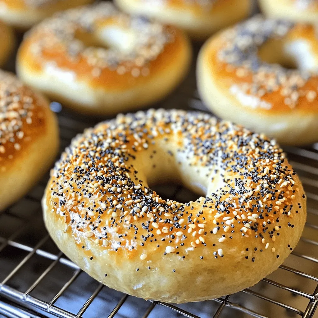 Für deine Homemade Everything Bagels brauchst du ein paar einfache Zutaten. Diese sind: - 4 Tassen Allzweckmehl - 1 Esslöffel Zucker - 2 Teelöffel Salz - 1 Esslöffel Trockenhefe - 1 ½ Tassen warmes Wasser (110°F) - 2 Esslöffel Natron (zum Kochen) - 1 Ei (zum Bestreichen) - 3 Esslöffel Everything Bagel Gewürz (fertig gekauft oder hausgemacht) Diese Zutaten sind wichtig, um die perfekte Textur und den tollen Geschmack zu erzielen. Das Mehl gibt den Bagels Struktur. Der Zucker sorgt für eine schöne Bräunung. Hefe lässt die Bagels aufgehen und macht sie luftig. Wenn du deine Bagels noch besser machen möchtest, kannst du weitere Zutaten hinzufügen. Hier sind einige Ideen: - Sesamsamen - Mohnsamen - Zwiebelpulver - Knoblauchpulver - Paprika Diese Zutaten bringen zusätzliche Aromen und Texturen. Du kannst sie einfach mit dem Everything Bagel Gewürz mischen oder sie direkt auf die Bagels streuen. Die Wahl der Gewürze ist entscheidend. Achte darauf, frische Gewürze zu verwenden. Das gibt den Bagels den besten Geschmack. Du kannst auch eigene Gewürzkombinationen erstellen. Experimentiere mit verschiedenen Kräutern oder Gewürzen, die du liebst. Wenn du mehr über die genauen Schritte zur Zubereitung erfahren möchtest, schaue dir das Full Recipe an. Das hilft dir, diese leckeren Bagels perfekt zuzubereiten! Zuerst mischen wir die trockenen Zutaten. In einer großen Schüssel kombinieren wir: - 4 Tassen Allzweckmehl - 1 Esslöffel Zucker - 2 Teelöffel Salz - 1 Esslöffel Trockenhefe Diese Mischung sorgt für einen guten Geschmack und eine tolle Textur. Jetzt geben wir das warme Wasser hinzu. Es sollte etwa 110°F (43°C) haben. Gießen Sie 1 ½ Tassen in die Schüssel. Rühren Sie mit einem Holzlöffel oder Ihrer Hand, bis der Teig unordentlich aussieht. Als Nächstes bringen wir den Teig auf die bemehlte Arbeitsfläche. Kneten Sie ihn etwa 8-10 Minuten lang. Der Teig sollte glatt und elastisch werden. Danach legen wir den Teig in eine geölte Schüssel. Decken Sie ihn mit einem sauberen Tuch ab. Lassen Sie ihn an einem warmen Ort für etwa 1 Stunde ruhen. Er sollte sich verdoppeln. Nach dem Ruhen drücken wir den Teig nieder. Teilen Sie ihn in 8 gleich große Stücke. Jedes Stück formen Sie zu einer Kugel. Machen Sie dann mit dem Finger ein Loch in die Mitte jeder Kugel. Achten Sie darauf, dass das Loch groß genug ist. Die Bagels müssen beim Kochen und Backen gut formen. Jetzt kommt der spannende Teil! Kochen Sie einen großen Topf mit Wasser. Fügen Sie 2 Esslöffel Natron hinzu. Wenn das Wasser kocht, legen Sie vorsichtig die Bagels hinein. Kochen Sie jede Seite etwa 1 Minute lang. Danach nehmen Sie die Bagels mit einem Schaumlöffel heraus. Legen Sie sie auf ein mit Backpapier belegtes Blech. Heizen Sie den Ofen auf 425°F (220°C) vor. Verquirlen Sie das Ei und pinseln Sie es auf die Oberseite der Bagels. Streuen Sie großzügig das Everything Bagel Gewürz darüber. Backen Sie die Bagels 20-25 Minuten lang, bis sie goldbraun sind. Klopfen Sie leicht auf die Unterseite. Sie sollten hohl klingen. Lassen Sie die Bagels auf einem Kuchengitter abkühlen. Warten Sie mindestens 10 Minuten, bevor Sie sie aufschneiden. Jetzt sind Ihre Homemade Everything Bagels bereit zum Genießen! Um die perfekte Konsistenz für deinen Teig zu bekommen, achte darauf, das Mehl gut zu messen. Zu viel Mehl macht den Teig schwer. Mische die Zutaten gründlich, bis sie klumpenfrei sind. Wenn der Teig klebrig ist, füge etwas mehr Mehl hinzu. Der Teig sollte weich, aber nicht klebrig sein. Kneten ist wichtig! Knete den Teig 8 bis 10 Minuten. So wird er glatt und elastisch. Das Wasserbad ist ein wichtiger Schritt. Es hilft, die Bagels knusprig zu machen. Bring das Wasser zum Kochen und füge Natron hinzu. Dies gibt einen tollen Geschmack. Lasse die Bagels eine Minute auf jeder Seite kochen. So bekommen sie die richtige Textur. Wenn du sie zu lange kochst, werden sie zu fest. Achte darauf, dass das Wasser sprudelnd bleibt, während du die Bagels hinzufügst. Der Ofen sollte auf 425°F (220°C) vorheizen. So backen die Bagels gleichmäßig. Bestreiche die Oberseite mit dem verquirlten Ei. Das sorgt für einen schönen Glanz. Streue gleichmäßig das Everything Bagel Gewürz darauf. Backe die Bagels 20 bis 25 Minuten. Sie sind fertig, wenn sie goldbraun sind und hohl klingen. Lasse sie nach dem Backen abkühlen. So bleibt die Textur perfekt. Für das ganze Rezept schaue dir die [Full Recipe] an. {{image_4}} Aromatisierte Bagels bringen neuen Schwung in Ihr Frühstück. Sie können verschiedene Zutaten hinzufügen. Zum Beispiel, versuchen Sie Knoblauch oder Zwiebel. Diese geben einem Bagel einen herzhaften Geschmack. Sie können auch Kräuter wie Rosmarin oder Thymian verwenden. Diese machen Ihren Bagel frisch und lebendig. Experimentieren Sie mit Käse, wie Cheddar oder Parmesan, für einen cremigen Touch. Mischungen aus Samen, wie Sesam oder Mohn, sind auch beliebt. So machen Sie Ihre Bagels einzigartig und lecker. Wenn Sie glutenfrei essen, gibt es gute Optionen. Sie können glutenfreies Mehl verwenden. Achten Sie darauf, einen Mix zu wählen, der gut bindet. Einige Marken nutzen Zutaten wie Mandeln oder Kokosnüsse. Diese bieten einen tollen Geschmack. Der Prozess bleibt fast gleich, aber das Kneten kann anders sein. Glutenfreier Teig ist oft klebriger. Verwenden Sie mehr Mehl beim Formen. So machen Sie auch glutenfreie Bagels, die gut schmecken. Gefüllte Bagels sind eine tolle Idee für ein herzhaftes Frühstück. Sie können viele Füllungen verwenden. Beliebte Optionen sind Frischkäse oder Schinken. Für eine süße Variante, probieren Sie Marmelade oder Nutella. Um gefüllte Bagels zu machen, formen Sie den Teig wie gewohnt. Fügen Sie dann Ihre Füllung in die Mitte. Drücken Sie die Ränder gut zusammen. So bleibt die Füllung beim Kochen drin. Dies gibt Ihnen einen köstlichen Überraschungs-Bagel! Frisch gebackene Bagels schmecken am besten, wenn Sie sie richtig lagern. Lassen Sie die Bagels nach dem Backen auf einem Rost abkühlen. Wenn sie ganz abgekühlt sind, legen Sie sie in einen luftdichten Behälter. Dies hilft, die Feuchtigkeit zu bewahren und macht sie weich. Lagern Sie die Bagels an einem kühlen, trockenen Ort. Vermeiden Sie direkte Sonneneinstrahlung, da dies sie hart macht. Das Einfrieren von Bagels ist einfach und sorgt dafür, dass sie länger frisch bleiben. Warten Sie, bis die Bagels ganz abgekühlt sind. Wickeln Sie jeden Bagel einzeln in Frischhaltefolie. Legen Sie die eingewickelten Bagels in einen gefrierfesten Beutel oder Behälter. Achten Sie darauf, die Luft herauszudrücken. So bleiben sie bis zu drei Monate frisch. Zum Auftauen legen Sie die Bagels einfach bei Raumtemperatur für einige Stunden auf den Tisch. Wenn Sie Bagels länger aufbewahren möchten, ist Einfrieren der beste Weg. Frisch gebackene Bagels verlieren schnell ihre Textur und ihren Geschmack, wenn sie einfach im Kühlschrank gelagert werden. Vermeiden Sie das Aufbewahren im Kühlschrank, da dies die Bagels austrocknet. Wenn Sie die Bagels auftauen, können Sie sie im Toaster oder im Ofen kurz aufwärmen. So erhalten sie ihre knusprige Kruste zurück. Homemade Everything Bagels bleiben frisch für etwa 2 bis 3 Tage bei Raumtemperatur. Bewahren Sie sie in einem luftdichten Behälter auf. So bleiben sie weich und lecker. Wenn Sie sie länger aufbewahren möchten, können Sie die Bagels einfrieren. Wickeln Sie jede Bagel in Frischhaltefolie und legen Sie sie in einen Gefrierbeutel. Sie halten sich dann bis zu 3 Monate im Gefrierfach. Ja, Sie können eine glutenfreie Version von Homemade Everything Bagels machen. Verwenden Sie glutenfreies Mehl, das für Backwaren geeignet ist. Achten Sie darauf, auch die Menge an Wasser leicht anzupassen. Glutenfreie Teige können trockener sein. Fügen Sie auch etwas Xanthan oder Puddingpulver hinzu, um die Konsistenz zu verbessern. Das hilft, die Bagels schön fluffig zu machen. Die besten Beläge für Bagels sind vielfältig. Hier sind einige beliebte Optionen: - Frischkäse - Avocado - Räucherlachs - Tomaten - Gurken - Rote Zwiebeln - Kapern - Hummus Probieren Sie verschiedene Kombinationen aus, um Ihren perfekten Bagel zu finden! Homemade Everything Bagels sind einfach und lecker. Wir haben die Hauptzutaten, das Kochen und die Lagerung besprochen. Die Tipps helfen Ihnen, den perfekten Bagel zu machen. Variationen bringen Abwechslung in jedes Frühstück. Denken Sie daran, dass Lagerung wie einfrieren wichtig ist. So bleiben Ihre Bagels frisch. Experimentieren Sie mit Gewürzen und Belägen für neuen Geschmack. Viel Spaß beim Bagel-Backen!