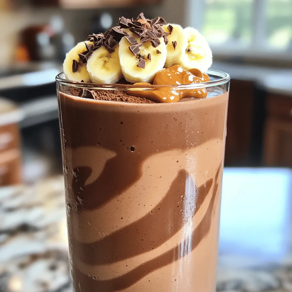 - 1 reife Banane - 1 Esslöffel natürliche Erdnussbutter - 2 Esslöffel ungesüßtes Kakaopulver Für diesen Smoothie brauche ich nur die besten Zutaten. Eine reife Banane ist wichtig. Sie gibt dem Smoothie eine natürliche Süße und macht ihn cremig. Dann kommt die natürliche Erdnussbutter dazu. Sie sorgt für einen reichen Geschmack und gesunde Fette. Das ungesüßte Kakaopulver gibt dem Smoothie den schokoladigen Kick, den wir lieben. - 1 Tasse Mandelmilch oder pflanzliche Milch - 1 Esslöffel Honig oder Ahornsirup - 1 Esslöffel Chiasamen Um die richtige Konsistenz zu erreichen, füge ich Mandelmilch hinzu. Du kannst auch jede andere pflanzliche Milch verwenden. Honig oder Ahornsirup bringen die Süße. Du kannst die Menge nach deinem Geschmack anpassen. Chiasamen sind optional. Sie machen den Smoothie noch cremiger und fügen Nährstoffe hinzu. - 1/2 Tasse Eiswürfel - 1/2 Teelöffel Vanilleextrakt Eiswürfel sind wichtig für die Frische. Sie machen den Smoothie kühl und erfrischend. Der Vanilleextrakt rundet den Geschmack ab und gibt eine feine Note. Diese Zutaten bringen alles zusammen und machen den Schokoladen-Erdnussbutter-Smoothie zu einem Genuss. Wenn du bereit bist, alle Zutaten zu kombinieren, schau dir das [Full Recipe] an. Sie ist einfach und macht Spaß! - Banane schälen und schneiden - Die Erdnussbutter abmessen Zuerst nehmen wir die Banane. Sie muss reif sein, damit unser Smoothie süß und cremig wird. Schäle die Banane und schneide sie in kleine Stücke. So lässt sie sich besser im Mixer verarbeiten. Jetzt kommt die Erdnussbutter. Nimm einen Esslöffel und messe die Erdnussbutter ab. Diese Zutat gibt dem Smoothie den tollen, nussigen Geschmack. Du kannst auch natürliche Erdnussbutter verwenden, um die besten Aromen zu bekommen. - Alle Zutaten in den Mixer geben - Mixen bis die Konsistenz glatt ist Nachdem die Zutaten bereit sind, gib sie in den Mixer. Füge die Banane, Erdnussbutter, Kakaopulver, Mandelmilch, Honig, Chiasamen und Vanilleextrakt hinzu. Vergiss nicht, die Eiswürfel dazu zu geben! Jetzt heißt es mixen. Stelle den Mixer auf hohe Geschwindigkeit. Mische alles, bis die Konsistenz schön glatt ist. Wenn nötig, halte kurz an und kratze die Seiten des Mixers ab. So stellst du sicher, dass alles gut vermischt ist. - Smoothie probieren und süßen, falls notwendig - In ein Glas gießen und anrichten Jetzt probiere den Smoothie. Ist er süß genug? Wenn nicht, füge mehr Honig oder Ahornsirup hinzu. Mixe erneut, um die Süße gut zu verteilen. Gieße den Smoothie jetzt in ein hohes Glas. Du kannst ihn nach Belieben anrichten. Streue etwas Kakaopulver oder Schokoladenspäne darüber. Ein Klecks Erdnussbutter und ein paar Bananenscheiben oben drauf sehen toll aus! Für die vollständige Zubereitung kannst du das [Full Recipe] ansehen. Um die perfekte Konsistenz für deinen Schokoladen-Erdnussbutter-Smoothie zu erreichen, sind ein paar einfache Tricks hilfreich. - Verwendung von gefrorenen Bananen: Gefrorene Bananen machen den Smoothie extra cremig. Sie fügen auch einen kühlen Geschmack hinzu, ohne viel Eis zu verwenden. - Hinzufügen von mehr Flüssigkeit: Wenn dein Smoothie zu dick ist, gib einfach mehr Mandelmilch oder Wasser hinzu. Dies hilft, die Mischung geschmeidiger zu machen. Die Anpassung des Geschmacks ist ein Schlüssel zu einem großartigen Smoothie. Hier sind einige Ideen: - Variationen der Süße: Du kannst den Geschmack süßer machen, indem du mehr Honig oder Ahornsirup hinzufügst. Probiere es aus und finde die richtige Menge für deinen Geschmack. - Zusätzliche Geschmäcker hinzufügen: Du kannst auch andere Aromen wie Zimt oder Kakaonibs hinzufügen. Diese Zutaten geben deinem Smoothie einen ganz neuen Kick. Ein guter Mixer ist entscheidend für einen tollen Smoothie. Hier sind einige Hacks, um dein Mixing zu verbessern: - Richtiges Mischen für eine cremige Textur: Beginne mit den flüssigen Zutaten, bevor du die festen hinzufügst. So vermischen sich die Zutaten besser und ergeben eine glatte Textur. - Reinigung des Mixers nach Verwendung: Fülle den Mixer nach dem Gebrauch mit warmem Wasser und einem Tropfen Spülmittel. Mixe kurz, und dein Mixer ist schnell wieder sauber. Mit diesen Tipps machst du deinen Schokoladen-Erdnussbutter-Smoothie noch besser. Probiere sie aus und genieße deine Kreation! {{image_4}} Möchtest du mehr Protein in deinem Schokoladen-Erdnussbutter-Smoothie? Hier sind einige einfache Ideen: - Hinzufügen von Proteinpulver: Du kannst einen Löffel deines Lieblingsproteins hinzufügen. So wird der Smoothie nahrhafter und sättigender. - Nüsse oder Samen als Topping: Streue ein paar gehackte Nüsse oder Samen oben drauf. Mandeln oder Walnüsse passen perfekt. Falls du eine vegane Variante suchst, gibt es viele tolle Optionen: - Verwendung von pflanzlichem Joghurt: Anstelle von normalem Joghurt kannst du Soja-, Mandel- oder Kokosjoghurt verwenden. Das hält den Geschmack und ist vegan. - Süßstoffe ohne Tierprodukte: Nutze Agavendicksaft oder Kokosblütenzucker, um den Smoothie zu süßen. Beide sind vegan und sehr lecker. Für alle, die auf ihre Gesundheit achten, gibt es auch Anpassungen: - Verwendung von zuckerfreien Alternativen: Es gibt viele zuckerfreie Süßstoffe. Diese können in deinen Smoothie, ohne Kalorien, hinzugefügt werden. - Ergänzung von Superfoods: Füge Chiasamen oder Spinat hinzu. Diese Superfoods bringen mehr Nährstoffe in deinen Smoothie. Mit diesen Variationen bleibt der Schokoladen-Erdnussbutter-Smoothie spannend und lecker. Du kannst deiner Kreativität freien Lauf lassen! Wenn du mehr darüber erfahren möchtest, schau dir das [Full Recipe] an. Bewahre deinen Schokoladen-Erdnussbutter-Smoothie im Kühlschrank auf. Ein gekühlter Smoothie schmeckt frisch und lecker. Du solltest ihn in einem luftdichten Behälter aufbewahren. So vermeidest du Farb- und Geschmacksverlust. Trinke den Smoothie innerhalb von 24 Stunden für das beste Ergebnis. Wenn du mehr Smoothie zubereitest, kannst du ihn einfrieren. Teile den Smoothie in Portionen auf. Verwende dafür Eiswürfelformen oder kleine Behälter. Das macht das spätere Verwenden einfach und schnell. Zum Auftauen lasse die Portionen einfach im Kühlschrank oder bei Raumtemperatur. Du kannst sie auch kurz in der Mikrowelle auftauen. Der ideale Zeitraum für den Verzehr ist innerhalb von 1 bis 3 Tagen. Nach dieser Zeit kann der Geschmack sich verändern. Der Smoothie wird möglicherweise nicht mehr so cremig und frisch schmecken. Achte darauf, dass der Smoothie nicht bitter wird. Wenn du ihn richtig lagerst, bleibt er länger lecker. Um den Smoothie gesünder zu machen, füge Superfoods hinzu. Chiasamen sind eine tolle Wahl. Sie liefern Ballaststoffe und Omega-3-Fettsäuren. Du kannst auch einen Esslöffel Leinsamen hinzufügen für zusätzliche Nährstoffe. Wenn du mehr Vitamine möchtest, probiere einen Spinat oder Grünkohl. Diese machen den Smoothie grün, aber du schmeckst sie kaum. Ein weiterer Tipp ist, proteinreiches Pulver hinzuzufügen. So wird der Smoothie sättigender und nahrhafter. Ja, du kannst viele Milchsorten verwenden. Mandelmilch ist eine gute Wahl, aber auch Sojamilch oder Hafermilch schmecken lecker. Wenn du Kuhmilch magst, ist das auch in Ordnung. Probiere verschiedene Sorten aus, um dein Lieblingsgeschmack zu finden. Jeder hat einen anderen Geschmack, also scheue dich nicht, zu experimentieren! Für ein Familienfrühstück kannst du die Menge anpassen. Verdopple die Zutaten, um mehr Portionen zu machen. Kinder mögen vielleicht weniger Süße, also passe den Honig an. Du kannst auch gefrorene Früchte wie Erdbeeren oder Himbeeren hinzufügen. Diese bringen Farbe und Geschmack. Wenn du den Smoothie dicker machen willst, füge mehr Eis hinzu. So wird er für die ganze Familie zum Genuss! Der Schokoladen-Erdnussbutter-Smoothie ist einfach und lecker. Wir haben die Hauptzutaten wie Bananen und Erdnussbutter, die flüssigen Bestandteile und zusätzliche Tipps behandelt. Die Schritt-für-Schritt-Anleitung hilft dir, den Smoothie perfekt zuzubereiten. Denk daran, ihn nach deinem Geschmack anzupassen. Mit den Variationen kannst du neue Geschmäcker entdecken. Bewahre ihn richtig auf, um die Frische zu erhalten. Sei kreativ und genieße jeden Schluck dieses nahrhaften Smoothies!