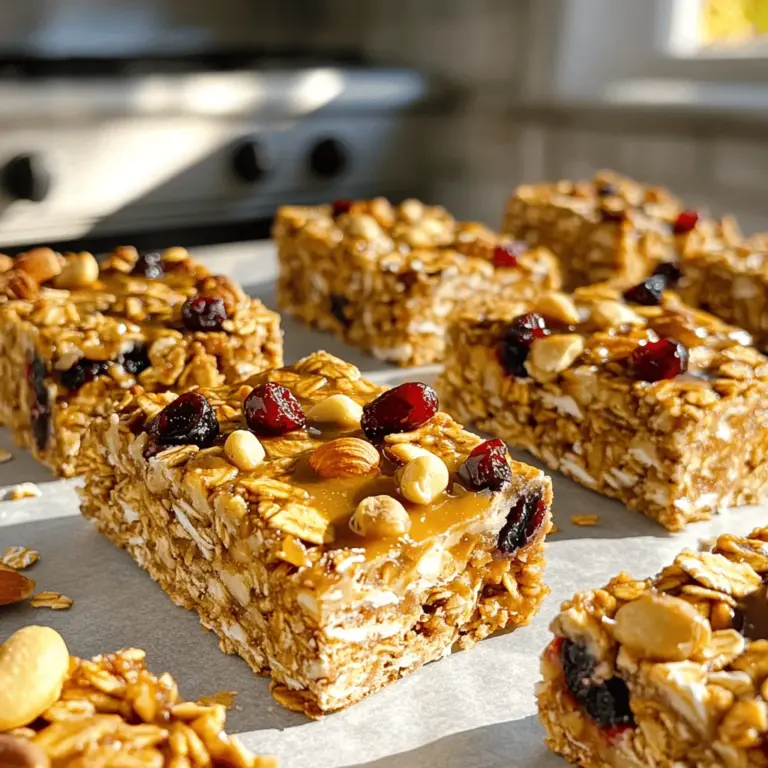Für meine nussigen Genuss-Granola-Riegel benutze ich eine einfache Mischung. Diese Zutaten bilden die Basis für den vollen Geschmack: - 2 Tassen Haferflocken - 1 Tasse gemischte Nüsse (Mandeln, Walnüsse, Cashewkerne, grob gehackt) - 1/2 Tasse Honig oder Ahornsirup - 1/2 Tasse Mandelbutter (oder jede Nussbutter deiner Wahl) - 1/2 Tasse getrocknete Cranberries oder Rosinen - 1/4 Tasse Mini-Dunkel-Schokoladenstückchen - 1 Teelöffel Vanilleextrakt - 1/2 Teelöffel Zimt - 1/4 Teelöffel Salz Diese Zutaten geben den Riegeln ihre nussige Struktur und Süße. Die Haferflocken sorgen für eine gute Basis, während die Nüsse den Crunch hinzufügen. Die getrockneten Früchte bringen eine fruchtige Note. Ich empfehle, hochwertige Marken für die Zutaten zu nutzen. Für Haferflocken sind Marken wie „Kölln“ oder „Alnatura“ bekannt. Bei Nüssen sind „Rapunzel“ und „dmBio“ gute Wahl. Diese Marken bieten frische und leckere Produkte an. Für Honig oder Ahornsirup greife ich oft zu „Langnese“ oder „Maple Grove Farms“. Diese Optionen sind rein und ohne Zusatzstoffe. Bei Nussbutter finde ich „Meridian“ oder „Pip & Nut“ toll. Diese sind cremig und voller Geschmack. Wenn du eine vegane Option suchst, ersetze den Honig durch Ahornsirup oder Agavendicksaft. Für die Nussbutter kannst du Erdnussbutter oder Sonnenblumenbutter verwenden. Um die Riegel glutenfrei zu machen, wähle Haferflocken mit dem glutenfreien Label. Marken wie „Schär“ bieten glutenfreie Haferflocken an. So kannst du sicher sein, dass die Riegel für jeden geeignet sind. Mit diesen Zutaten und Tipps kannst du deine eigenen nussigen Genuss-Granola-Riegel ganz einfach zubereiten. Schau dir die Full Recipe an, um alle Schritte zu sehen! Zuerst heizt du deinen Ofen auf 175°C vor. Nimm eine 9x9-Zoll Backform und lege sie mit Backpapier aus. Lass etwas Papier über den Rand hängen. Das macht das Herausnehmen später einfach. In einer großen Schüssel vermengst du die Haferflocken, die gemischten Nüsse, Zimt und Salz. Rühre alles gut um. So verteilst du die trockenen Zutaten gleichmäßig. Erhitze in einem kleinen Topf bei niedriger Hitze den Honig oder Ahornsirup zusammen mit der Mandelbutter. Rühre, bis alles glatt ist. Nimm den Topf vom Herd und füge den Vanilleextrakt hinzu. Gieße die warme Mischung über die trockenen Zutaten. Mische alles gut, bis die Haferflocken und Nüsse gleichmäßig bedeckt sind. Füge vorsichtig die getrockneten Cranberries und die Schokoladenstückchen hinzu. Übertrage die Mischung in die Backform. Drücke sie mit einem Spatel fest. Backe die Riegel 20-25 Minuten lang, bis die Ränder goldbraun sind. Lass sie in der Form auf einem Kuchengitter abkühlen. Nach dem Abkühlen hebst du die Riegel mit dem Backpapier heraus und schneidest sie in Stücke. Du kannst sie in einem luftdichten Behälter bis zu einer Woche aufbewahren oder im Kühlschrank lagern. Um die perfekten Granola-Riegel zu machen, achte auf die richtigen Zutaten. Verwende frische Nüsse und Haferflocken. Mische die feuchten und trockenen Zutaten gut. So hält die Mischung besser zusammen. Drücke die Mischung fest in die Backform. Dies sorgt für einen festen Riegel. Backe sie bis sie goldbraun sind, aber nicht zu lange. Lass die Riegel vollständig abkühlen, bevor du sie schneidest. So zerfallen sie nicht. Ein häufiger Fehler ist zu wenig Druck beim Festdrücken. Das führt zu bröckeligen Riegeln. Ein weiterer Fehler ist, die Riegel zu früh zu schneiden. Warte immer, bis sie abgekühlt sind. Achte darauf, die Backzeit einzuhalten. Zu langes Backen macht sie hart. Wenn du die Riegel zu dick machst, werden sie nicht gleichmäßig gar. Halte die Schicht dünn für gleichmäßige Backergebnisse. Für eine schöne Präsentation lege die Riegel auf ein Holzbrett. Du kannst sie mit frischen Früchten garnieren. Etwas Joghurt dazu macht sie noch leckerer. Wenn du sie in Stücke schneidest, achte auf eine gleichmäßige Größe. So sehen sie nicht nur gut aus, sie sind auch einfach zu essen. Du kannst die Riegel auch in kleine Tüten verpacken. So sind sie perfekt für unterwegs. Für das vollständige Rezept, schaue dir die Nussige Genuss-Granola-Riegel an. {{image_4}} Schokoladige Granola-Riegel sind ein wahrer Genuss. Um diese Variante zu machen, füge einfach mehr Schokoladenstückchen hinzu. Du kannst auch Kakaopulver in die Mischung geben. Diese Riegel sind perfekt für Schokoladenliebhaber. Sie sind süß und knusprig. Der Geschmack von Schokolade kombiniert mit Nüssen ist unwiderstehlich. Früchte-Granola-Riegel bieten eine fruchtige Note. Du kannst getrocknete Aprikosen, Äpfel oder Mango nutzen. Diese Trockenfrüchte sorgen für Süße und eine spannende Textur. Schneide sie in kleine Stücke, bevor du sie in die Mischung gibst. Diese Riegel sind ideal für eine gesunde Snack-Option. Für eine proteinreiche Variante verwende mehr Nussbutter. Ersetze die Mandelbutter durch Erdnussbutter oder Cashewbutter. Nussbutter gibt den Riegeln einen reichhaltigen Geschmack. Diese Riegel sind perfekt nach dem Training. Sie helfen dir, Energie zu tanken. Wenn du mehr über die Zubereitung erfahren möchtest, schau dir das [Full Recipe] an. Jede dieser Variationen ist einfach zu machen. Du kannst sie nach deinem Geschmack anpassen. Experimentiere mit den Zutaten, um deinen perfekten Granola-Riegel zu finden. Um deine Granola-Riegel frisch zu halten, lege sie in einen luftdichten Behälter. So bleiben sie knusprig und lecker. Achte darauf, dass der Behälter trocken ist. Lagere die Riegel an einem kühlen, dunklen Ort. Direktes Licht kann die Zutaten schädigen und die Haltbarkeit verringern. Die selbstgemachten Granola-Riegel halten sich bei Raumtemperatur etwa eine Woche. Wenn du sie im Kühlschrank lagerst, kannst du die Haltbarkeit auf bis zu zwei Wochen verlängern. Achte darauf, sie gut verpackt aufzubewahren, um Feuchtigkeit zu vermeiden. Wenn du die Riegel länger aufbewahren möchtest, kannst du sie einfrieren. Wickel jeden Riegel in Frischhaltefolie und lege sie in einen gefrierfesten Beutel. So bleiben sie bis zu drei Monate frisch. Wenn du sie essen möchtest, lasse sie einfach bei Raumtemperatur auftauen oder erwärme sie kurz in der Mikrowelle. Um Granola-Riegel ohne Honig zu machen, verwende einfach Ahornsirup oder Agavensirup. Diese Alternativen sind flüssig und süß. Sie funktionieren gut in der Rezeptur. Achte auf die gleiche Menge, um die richtige Konsistenz zu erreichen. Ja, du kannst Granola-Riegel vegan machen. Nutze pflanzliche Butter oder eine Nussbutter ohne tierische Produkte. Ersetze Honig durch Ahornsirup oder Agavensirup. Alle anderen Zutaten sind oft schon vegan. Ja, homemade Granola-Riegel sind gesund. Sie enthalten Nüsse, Hafer und Trockenfrüchte. Diese Zutaten bieten Ballaststoffe, gesunde Fette und Vitamine. Du kannst die Zutaten anpassen, um Zucker zu reduzieren oder Nährstoffe hinzuzufügen. Der Kaloriengehalt variiert je nach Zutaten. Ein Riegel hat etwa 150 bis 200 Kalorien. Die Nüsse und Süßstoffe sind die Hauptquellen für Kalorien. Achte darauf, die Portionsgröße zu kontrollieren. Wenn du Nüsse vermeiden möchtest, nutze Saaten wie Sonnenblumenkerne oder Kürbiskerne. Du kannst auch getrocknete Früchte oder Schokoladenstückchen hinzufügen. Diese Optionen geben Geschmack und Textur. Immer noch lecker! Granola-Riegel sind einfach zuzubereiten und bieten viele Variationen. Du lernst, welche Zutaten wichtig sind, wie du sie richtig lagerst und welche häufigen Fehler du vermeiden kannst. Probiere verschiedene Varianten aus, wie schokoladige oder fruchtige Riegel, um deinen Geschmack zu treffen. Nun kannst du gesunde Snacks selbst machen. Es ist einfach, lecker und macht Spaß! denke daran, dass du mit deinen Zutaten und einem guten Rezept kreativ sein kannst. Mach deine Granola-Riegel einzigartig und genieße sie!