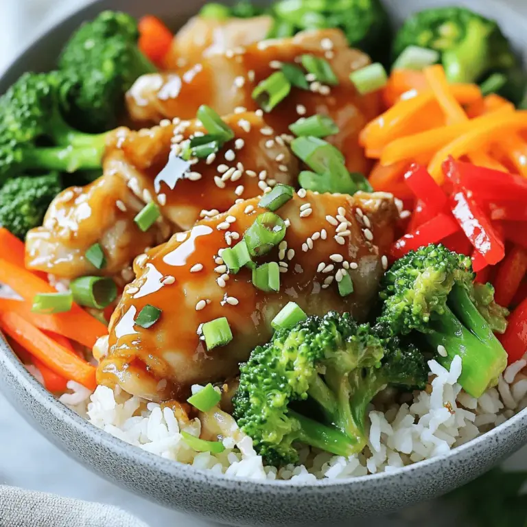 Für diese leckeren Teriyaki-Hähnchen-Bowls benötigst du: - 450 g Hähnchenschenkel ohne Knochen und Haut, in mundgerechte Stücke geschnitten - 240 ml Teriyaki-Sauce (vorzugsweise natriumarme) - 2 Esslöffel Sesamöl - 370 g gekochter Jasminreis - 150 g Brokkoliröschen - 1 Karotte, in feine Streifen geschnitten - 1 rote Paprika, in Scheiben geschnitten - 2 Frühlingszwiebeln, in Ringe geschnitten (zum Garnieren) - Sesamsamen (zum Garnieren) - Salz und Pfeffer nach Geschmack Diese Zutaten sind einfach zu finden. Du kannst sie in jedem Supermarkt bekommen. Die Teriyaki-Sauce ist der Star hier. Sie gibt dem Hähnchen eine süße und salzige Note. Marinieren ist wichtig. Das Hähnchen sollte mindestens 15 Minuten in der Sauce ruhen. Wenn du mehr Zeit hast, lasse es länger marinieren. So erhältst du mehr Geschmack. Du kannst auch frische Ingwer- oder Knoblauchstückchen hinzufügen, um die Marinade zu verbessern. Das bringt noch mehr Aroma in dein Gericht. Jasminreis ist eine tolle Basis für die Bowl. Er ist leicht und passt gut zu den Aromen. Das Gemüse gibt nicht nur Farbe, sondern auch Crunch. Du kannst Brokkoli, Karotten und Paprika verwenden, aber auch andere Gemüsesorten sind erlaubt. Die Frühlingszwiebeln und Sesamsamen sind die perfekte Garnierung. Sie verleihen deinem Gericht Frische und einen knusprigen Biss. Du kannst alles nach deinem Geschmack anpassen. Wenn du mehr Grün möchtest, füge noch Erbsen oder Spinat hinzu. Für die vollständige Zubereitung schaue dir das [Full Recipe] an. Beginne mit der Marinade. Nimm eine mittelgroße Schüssel. Füge die Hähnchenstücke und die Teriyaki-Sauce hinzu. Mische alles gut. Lass das Hähnchen mindestens 15 Minuten marinieren. Wenn du mehr Zeit hast, marinier es länger. So wird der Geschmack intensiver. Während es mariniert, kannst du die anderen Zutaten vorbereiten. Erhitze eine große Pfanne bei mittlerer Hitze. Gib das Sesamöl hinein. Sobald das Öl heiß ist, füge die marinierten Hähnchenstücke hinzu. Brate sie 5 bis 7 Minuten lang, bis sie durchgegart sind. Achte darauf, dass sie außen schön goldbraun sind. Nimm das Hähnchen danach aus der Pfanne und lege es beiseite. In der gleichen Pfanne gib das gewaschene Gemüse hinein. Füge die Brokkoliröschen, die Karottenstreifen und die Paprikascheiben hinzu. Brate das Gemüse für 4 bis 5 Minuten. Rühre dabei ständig um. Das Gemüse soll zart, aber noch knackig sein. Nach dem Anbraten, gib das Hähnchen zurück in die Pfanne. Füge die reservierte Marinade hinzu. Koche alles 2 bis 3 Minuten weiter. Rühre gut um, damit sich die Aromen verbinden. Für das vollständige Rezept, schau dir den Abschnitt mit dem Titel "Full Recipe" an. Um den Geschmack deiner Teriyaki-Hähnchen-Bowls zu verbessern, nutze hochwertige Zutaten. Ich empfehle natriumarme Teriyaki-Sauce. Diese Variante schmeckt süß und salzig, ohne zu salzig zu sein. Marinier das Hähnchen mindestens 15 Minuten oder länger. So zieht der Geschmack gut ein. Du kannst auch frischen Ingwer oder Knoblauch zur Marinade hinzufügen. Diese Zutaten geben einen extra Kick. Die Garzeiten sind wichtig für perfekte Ergebnisse. Jedes Stück Hähnchen sollte gut durchgegart sein. Prüfe die Garzeit von 5 bis 7 Minuten und passe sie an die Größe der Hähnchenstücke an. Wenn du dickere Stücke hast, koche sie etwas länger. Das Gemüse sollte zart, aber knackig bleiben. Achte auf die Farben. Wenn das Gemüse leuchtend bleibt, ist es perfekt. Hast du Reste? Nutze sie für ein schnelles Mittagessen. Du kannst die Reste in einer Schüssel mit Reis und Gemüse mischen. Oder mache Wraps mit Tortillas. Die Aromen bleiben frisch und köstlich. Du kannst die Reste auch einfrieren. So hast du immer eine schnelle Mahlzeit zur Hand. {{image_4}} Du kannst die Teriyaki-Hähnchen-Bowls einfach vegetarisch machen. Statt Hähnchen verwende Tofu. Tofu nimmt die Aromen gut auf. Schneide den Tofu in Würfel und mariniere ihn genauso wie das Hähnchen. Brate ihn dann in der Pfanne an, bis er goldbraun ist. Das gibt dir eine leckere und gesunde Option. Wenn du keinen Reis magst, gibt es viele Alternativen. Quinoa ist eine tolle Wahl. Es ist nahrhaft und hat einen leichten Nussgeschmack. Du kannst auch Blumenkohlreis benutzen. Blumenkohlreis ist kalorienarm und gesund. Beide Optionen passen gut zu den Aromen der Teriyaki-Sauce. Gemüse bringt Farbe und Nährstoffe in deine Schalen. Du kannst alles verwenden, was du magst. Zucchini, grüne Bohnen oder Pilze sind großartige Ergänzungen. Sie fügen Textur und Geschmack hinzu. Probiere auch Erbsen oder Spinat für mehr Vielfalt. Das macht deine Teriyaki-Bowls noch schmackhafter und gesünder. Du kannst die Teriyaki-Hähnchen-Bowls in einem luftdichten Behälter aufbewahren. Stelle sicher, dass sie vollständig abgekühlt sind. Im Kühlschrank bleiben sie bis zu drei Tage frisch. Achte darauf, das Hähnchen und das Gemüse getrennt vom Reis zu lagern. So bleibt alles knackig und lecker. Wenn du die Bowls aufwärmen möchtest, nutze die Mikrowelle. Stelle die Schalen auf mittlere Hitze. Erwärme sie in Intervallen von 1-2 Minuten. Rühre zwischendurch um, damit alles gleichmäßig warm wird. Du kannst auch etwas Wasser hinzufügen, um das Gericht saftig zu halten. Du kannst die Teriyaki-Hähnchen-Bowls auch einfrieren. Teile die Portionen in geeignete Behälter auf. So bleiben sie bis zu drei Monate haltbar. Achte darauf, die Behälter gut zu verschließen. Wenn du sie auftauen möchtest, lege sie über Nacht in den Kühlschrank. Danach erwärmst du sie wie oben beschrieben. Diese Tipps helfen dir, die köstlichen Aromen der Teriyaki-Hähnchen-Bowls zu bewahren. Probiere es aus und genieße jede Portion! Um die beste Teriyaki-Sauce selbst zu machen, benötigst du einfache Zutaten. Mische 120 ml Sojasauce, 60 ml Honig, 30 ml Reisessig und 2 Esslöffel Sesamöl. Füge 1 Esslöffel frischen Ingwer hinzu und 1 zerdrückte Knoblauchzehe. Koche die Mischung in einem kleinen Topf bei mittlerer Hitze. Rühre ständig, bis die Sauce eindickt. Lass sie abkühlen und verwende sie für dein Teriyaki-Hähnchen. Diese Sauce bringt den süßen und salzigen Geschmack, den du suchst. Ja, du kannst das Rezept vorbereiten! Du kannst das Hähnchen bereits am Vortag marinieren. Lege die Hähnchenstücke in die Teriyaki-Sauce und stelle sie in den Kühlschrank. Das macht das Hähnchen zart und geschmackvoll. Du kannst auch das Gemüse schneiden und im Kühlschrank aufbewahren. Am Tag des Kochens brauchst du nur alles zusammenzufügen und in der Pfanne zu braten. So sparst du Zeit und kannst schneller genießen. Zu Teriyaki-Hähnchen-Bowls passen viele Beilagen. Gekochter Jasminreis ist eine gute Wahl. Er nimmt die Sauce gut auf. Du kannst auch Quinoa oder gebratene Nudeln verwenden. Gemüse wie Brokkoli, Karotten und Paprika sind frisch und knackig. Für einen zusätzlichen Crunch füge geröstete Erdnüsse oder Cashews hinzu. Frischer Koriander oder Frühlingszwiebeln als Garnierung bringen Farbe und Geschmack. So wird dein Gericht noch schmackhafter und bunter. Zusammenfassend haben wir die besten Zutaten und die Schritte für Teriyaki-Hähnchen-Bowls besprochen. Du hast gelernt, wie du das Hähnchen marinierst und anbrätst. Wir haben auch Variationen und Tipps zur perfekten Zubereitung und Aufbewahrung gesehen. Mit diesen Infos kannst du leckere Bowls kreieren. Denke daran, kreativ zu sein und das Rezept nach deinem Geschmack anzupassen. Jeder Biss wird ein Genuss!