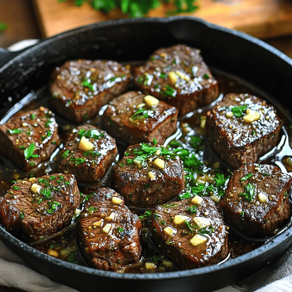 - 450 g Rinderfilet - 4 Esslöffel ungesalzene Butter - 4 Knoblauchzehen, fein gehackt - 1 Teelöffel frischer Thymian - 1 Teelöffel frischer Rosmarin - Salz und Pfeffer nach Geschmack - 1 Esslöffel Olivenöl - Frische Petersilie, zum Garnieren Die Hauptzutaten sind einfach und frisch. Das Rinderfilet macht die Bissen zart. Die ungesalzene Butter sorgt für einen reichhaltigen Geschmack. Der Knoblauch bringt ein tolles Aroma. Frischer Thymian und Rosmarin runden das Gericht ab. Salz und Pfeffer sind wichtig, um die Aromen zu heben. Bei den zusätzlichen Optionen sorgt Olivenöl für eine gute Bräunung. Die frische Petersilie gibt Farbe und Geschmack. Diese Zutaten sind leicht zu finden. So kannst du schnell loslegen. Für das beste Ergebnis nutze frische Kräuter. Sie machen einen großen Unterschied im Geschmack. Du kannst auch andere Kräuter ausprobieren, wenn du magst. Das gibt dem Gericht eine persönliche Note. Wenn du mehr Tipps brauchst, schau dir das gesamte Rezept an. Zuerst würze die Steakbissen großzügig mit Salz und Pfeffer. Achte darauf, dass die Gewürze gut verteilt sind. Es ist wichtig, dass jeder Bissen Geschmack hat. Erhitze dann eine große Pfanne auf mittlerer bis hoher Hitze. Füge 1 Esslöffel Olivenöl hinzu, sobald die Pfanne heiß ist. Das Öl hilft, die Steakbissen schön anzubraten. Jetzt ist es Zeit, die Steakbissen in die Pfanne zu geben. Lege sie in einer einzigen Schicht hinein. Überfüllung der Pfanne führt zu ungleichmäßigem Garen. Brate die Steakbissen etwa 2-3 Minuten auf jeder Seite an. Achte darauf, dass sie eine schöne, braune Kruste entwickeln. Je nach Größe deiner Pfanne mache diesen Schritt möglicherweise in mehreren Durchgängen. Wenn die Steakbissen den gewünschten Gargrad erreicht haben, nimm sie aus der Pfanne. Reduziere die Hitze auf mittlere Stufe und füge 4 Esslöffel Butter in die gleiche Pfanne hinzu. Lass die Butter schmelzen und gib dann 4 fein gehackte Knoblauchzehen, 1 Teelöffel frischen Thymian und 1 Teelöffel frischen Rosmarin hinzu. Rühre die Mischung 1-2 Minuten lang um, bis der Knoblauch aromatisch ist, aber nicht gebräunt. Gib die Steakbissen zurück in die Pfanne und schwenke sie in der Knoblauchbuttersauce. Lass sie eine weitere Minute kochen, damit die Aromen sich verbinden können. Um perfekte Steakbissen zu machen, müssen Sie die Garstufen kennen. Die besten Optionen sind Medium rare und Medium. - Medium rare hat eine Innentemperatur von 55-57 °C. Das Fleisch bleibt saftig und zart. - Medium hat eine Innentemperatur von 60-65 °C. Es ist nicht so rot, aber immer noch saftig. Ein Fleischthermometer hilft Ihnen, die Garstufen genau zu messen. Stecken Sie es in die dickste Stelle des Fleisches. So vermeiden Sie Über- oder Untergarung. Die Präsentation ist wichtig. Servieren Sie die Steakbissen in einer gusseisernen Pfanne. Das sieht nicht nur toll aus, sondern hält das Fleisch auch warm. Eine andere Möglichkeit ist, Zahnstocher oder Spieße zu verwenden. So kann jeder einfach zugreifen. Fügen Sie frische Kräuter als Garnierung hinzu. Das macht das Gericht noch attraktiver. Probieren Sie verschiedene Gewürze aus. Paprika oder Chili passen gut zu Steakbissen. Sie geben dem Gericht eine pikante Note. Auch Kräuter können variieren. Verwenden Sie Basilikum oder Oregano für einen anderen Geschmack. Diese kleinen Änderungen machen Ihr Gericht einzigartig. Für das vollständige Rezept schauen Sie sich die Knoblauchbutter-Steakbissen an. {{image_4}} Was passt gut zu Steakbissen? Ich empfehle, einfache Beilagen zu wählen. Kartoffeln sind immer eine gute Wahl. Sie können sie als Püree oder in Würfeln zubereiten. Auch Reis ist gut. Er nimmt die Aromen der Knoblauchbutter gut auf. Gemüse und Salate als Begleitung sind perfekt. Rösten Sie etwas Brokkoli oder Karotten. Ein frischer grüner Salat bringt Frische auf den Teller. Ein einfacher Gurkensalat passt auch gut. Diese Beilagen ergänzen die saftigen Steakbissen hervorragend. Für glutenfreie Optionen können Sie die Steakbissen einfach so belassen. Das Rezept enthält keine glutenhaltigen Zutaten. Sie können auch glutenfreies Brot dazu servieren. Für eine ketogene Diät sind diese Steakbissen ideal. Das Fleisch und die Butter sind ketofreundlich. Servieren Sie sie mit gedünstetem Gemüse für eine ausgewogene Mahlzeit. Rindersteak ist die beste Wahl für diese Steakbissen. Es bleibt zart und saftig. Sie können auch Schweinefleisch verwenden. Diese Option hat einen anderen Geschmack, schmeckt aber ebenfalls lecker. Hühnchen ist eine leichtere Variante. Verwenden Sie Hähnchenbrust, um die Bissen zuzubereiten. Wenn Sie eine vegetarische Option wollen, probieren Sie Pilze. Portobello-Pilze sind groß und nehmen die Aromen gut auf. So haben Sie viele Möglichkeiten, die Steakbissen zu variieren. - Maximale Haltbarkeit: Die Knoblauchbutter Steakbissen bleiben im Kühlschrank bis zu drei Tage frisch. Achten Sie darauf, sie in einem luftdichten Behälter zu lagern. So bleiben sie saftig und zart. - Richtige Behälter verwenden: Verwenden Sie am besten Glas- oder Kunststoffbehälter mit einem festen Deckel. Diese Behälter helfen, die Feuchtigkeit zu bewahren und verhindern, dass die Steakbissen den Geschmack anderer Lebensmittel aufnehmen. - Anleitung zum Einfrieren: Wenn Sie die Steakbissen länger aufbewahren möchten, können Sie sie einfrieren. Lassen Sie sie zuerst auf Zimmertemperatur abkühlen. Legen Sie sie dann in einen Gefrierbeutel. Drücken Sie so viel Luft wie möglich heraus, bevor Sie den Beutel verschließen. Beschriften Sie den Beutel mit dem Datum. - So tauchen Sie sie richtig auf: Um die Steakbissen aufzutauen, legen Sie sie über Nacht in den Kühlschrank. So bleiben sie gleichmäßig kalt und behalten ihren Geschmack. Vermeiden Sie es, sie in der Mikrowelle aufzutauen, da dies zu einer ungleichmäßigen Textur führen kann. - Beste Methoden zum Wiedererwärmen: Um die Steakbissen wieder zu erwärmen, nutzen Sie eine Pfanne bei mittlerer Hitze. Fügen Sie einen kleinen Löffel Butter oder Öl hinzu, um sie saftig zu halten. Braten Sie sie kurz an, bis sie warm sind. - Vermeidung von Trockenheit: Achten Sie darauf, die Steakbissen nicht zu lange zu erhitzen. Überhitzen kann sie trocken machen. Um die Feuchtigkeit zu bewahren, können Sie einen Deckel auf die Pfanne legen, während sie sich erwärmen. Die Zubereitung dauert insgesamt etwa 30 Minuten. Die Vorbereitungszeit beträgt 10 Minuten. Das Kochen nimmt dann weitere 20 Minuten in Anspruch. Diese schnelle Zubereitungszeit macht das Rezept ideal für ein schnelles Abendessen. Ja, du kannst die Steakbissen vorbereiten und im Kühlschrank aufbewahren. Koche sie ganz und lasse sie abkühlen. Lege sie dann in einen luftdichten Behälter. Sie halten sich bis zu drei Tage. Für dieses Rezept empfehle ich Rinderfilet. Es bleibt zart und saftig. Du kannst auch Ribeye oder Sirloin verwenden. Diese Cuts geben dir einen tollen Geschmack und eine schöne Textur. Ja, das Rezept ist kinderfreundlich. Du kannst die Gewürze nach Bedarf anpassen. Reduziere den Knoblauch oder die Kräuter für mildere Aromen. So schmeckt es auch den Kleinen gut. In diesem Blogbeitrag haben wir frische und köstliche Knoblauchbutter-Steakbissen zubereitet. Wir haben die Zutaten, die Schritt-für-Schritt-Anleitung und hilfreiche Tipps behandelt. Diese Steakbissen sind einfach und perfekt für jedes Essen. Ob als Festessen oder für den Alltag, du hast viele Optionen und Variationen, um sie anzupassen. Denke auch an die Lagerung, damit sie frisch bleiben. Probiere das Rezept aus, und genieße die köstlichen Aromen in deinem eigenen Zuhause.