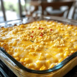 - 4 Tassen abgetropfter Mais - 1 Tasse geriebener scharfer Cheddar-Käse - 1 Tasse cremiger Mais - 1/2 Tasse fein gehackte rote Paprika - 1/2 Tasse fein gehackte Zwiebel Die Hauptzutaten sind einfach und lecker. Der abgetropfte Mais gibt eine süße Note. Der scharfe Cheddar-Käse bringt viel Geschmack. Cremiger Mais sorgt für eine tolle Textur. Rote Paprika und Zwiebel fügen frische Aromen hinzu. Diese Zutaten sind in jedem Supermarkt leicht zu finden. - 1 Tasse saure Sahne - 1 Tasse zerdrückte Buttermilchkekse - 1/3 Tasse geschmolzene Butter - 1 Teelöffel Knoblauchpulver - 1 Teelöffel Paprikapulver - Salz und Pfeffer nach Geschmack Die zusätzlichen Zutaten machen den Auflauf besonders. Saure Sahne gibt Cremigkeit. Zerdrückte Buttermilchkekse sorgen für eine knusprige Kruste. Geschmolzene Butter bringt Geschmack und hilft beim Backen. Knoblauchpulver und Paprikapulver geben dem Gericht Würze. Salz und Pfeffer sind wichtig für den letzten Schliff. Mit diesen Zutaten wird dein Käse-Mais-Auflauf einfach köstlich. Du findest die vollständige Anleitung im Full Recipe. - Heize den Ofen auf 175°C (350°F) vor. - Stelle alle Zutaten bereit und wiege sie ab. - Vermenge die abgetropften Maiskörner mit dem cremigen Mais in einer großen Schüssel. - Füge die saure Sahne und die geschmolzene Butter hinzu. Rühre gut um, bis alles vermischt ist. - Jetzt kommen die fein gehackte rote Paprika und die Zwiebel dazu. Mische alles gründlich. - Gib das Knoblauchpulver, das Paprikapulver, Salz und Pfeffer in die Mischung. Rühre weiter, bis alles gleichmäßig verteilt ist. - Heben die Hälfte des geriebenen Cheddar-Käses vorsichtig unter die Mischung. Die andere Hälfte bewahrst du für später auf. - Gieße die Mischung in eine gefettete Auflaufform. Verteile sie gleichmäßig. - In einer anderen Schüssel vermenge die zerdrückten Buttermilchkekse mit dem restlichen geriebenen Cheddar-Käse. - Streue diese Mischung gleichmäßig über die Maismischung. - Backe den Auflauf 30-35 Minuten im vorgeheizten Ofen. Er sollte sprudelnd und oben goldbraun sein. Um die besten Ergebnisse zu erzielen, achte auf frische Zutaten. Verwende frischen Mais, wenn möglich. Der Geschmack wird dadurch intensiver. Mische die Zutaten gut, um ein gleichmäßiges Ergebnis zu erhalten. Wenn du die Käseschicht gleichmäßig verteilst, schmilzt der Käse besser. Die richtige Mischung ist entscheidend für die Textur. Die Kombination aus cremigem Mais und saurer Sahne macht den Auflauf weich. Das sorgt für ein tolles Mundgefühl. Verwende keine zu großen Stücke von Paprika oder Zwiebel. So verteilt sich alles gut und jeder Bissen ist lecker. Um dem Auflauf mehr Geschmack zu geben, füge Speck oder Jalapeños hinzu. Speck gibt einen herzhaften Crunch. Jalapeños bringen eine angenehme Schärfe. Probiere auch verschiedene Käsesorten aus. Gouda oder Monterey Jack sind tolle Alternativen. Sie bieten neue Geschmäcker und machen den Auflauf besonders. Wichtig ist, dass du die Käsesorten gut mischst. So bekommst du eine spannende Geschmackskombination. Wenn du mehr Käse magst, füge einfach mehr hinzu. Der Käse-Mais-Auflauf bleibt dabei immer lecker. Weitere Tipps findest du im Full Recipe. {{image_4}} Du kannst diesem Rezept eine neue Wendung geben. Ersetze den Mais mit saisonalem Gemüse. Zucchini oder Spinat sind tolle Optionen. Sie bringen frische Aromen und Farben in den Auflauf. Wenn du eine pflanzliche Alternative suchst, versuche, pflanzliche saure Sahne zu verwenden. Diese Variante ist cremig und lecker. So bleibt der Auflauf auch für Vegetarier köstlich. Für glutenfreie Anpassungen nutze glutenfreie Keksbrösel. Diese sind einfach zu finden und machen den Auflauf knusprig. Achte darauf, auch andere Zutaten zu prüfen. Viele Soßen und Gewürze können Gluten enthalten. Vermeide alles mit Weizen oder Gerste. So kannst du sicher sein, dass dein Auflauf für alle genießbar ist. Wie lange bleibt der Auflauf frisch? Der Käse-Mais-Auflauf bleibt im Kühlschrank bis zu fünf Tage frisch. Achte darauf, ihn in einem luftdichten Behälter zu lagern. Optimaler Zeitpunkt zum Verzehr ist innerhalb der ersten drei Tage. So bleibt der Geschmack am besten. Anleitung zum Einfrieren der Reste: Lass den Auflauf zuerst abkühlen. Schneide ihn dann in Portionen. Verpacke jede Portion in Frischhaltefolie und lege sie in einen Gefrierbeutel. So bleibt er bis zu drei Monate frisch. Auftau- und Aufwärmtipps: Um den Auflauf aufzutauen, lege ihn über Nacht in den Kühlschrank. Zum Aufwärmen, stelle den Ofen auf 175°C (350°F). Backe den Auflauf etwa 25-30 Minuten, bis er heiß ist. So bleibt er lecker und saftig. Für das vollständige Rezept schaue dir den Abschnitt „Full Recipe“ an. Die Zubereitung des Käse-Mais-Auflaufs dauert insgesamt etwa 50 Minuten. Die Vorbereitungszeit beträgt 15 Minuten. Danach backen Sie den Auflauf für 30 bis 35 Minuten. Achten Sie darauf, dass der Auflauf sprudelnd und goldbraun ist, bevor Sie ihn herausnehmen. Ja, Sie können frischen Mais verwenden. Frischer Mais hat einen süßeren Geschmack und eine knackigere Textur. Kochen Sie die Maiskörner kurz, bevor Sie sie in das Rezept geben. Das sorgt für die perfekte Konsistenz im Auflauf. Zu diesem Auflauf passen viele Beilagen. Ein einfacher grüner Salat bringt Frische. Auch ein Tomatensalat harmoniert gut. Wenn Sie etwas Herzhaftes wollen, probieren Sie gebratene Zucchini oder Brokkoli. Diese Beilagen ergänzen den Käse-Mais-Auflauf perfekt. Der Käse-Mais-Auflauf hat seine Wurzeln in der amerikanischen Küche. Viele Familien machen ihn seit Generationen. Er ist ein beliebtes Gericht in den Südstaaten. Man findet ihn oft zu Feiern oder Festen. Der Auflauf ist einfach, lecker und sättigend. Um den Auflauf für mehr Personen zu machen, verdoppeln Sie einfach die Zutaten. Verwenden Sie eine größere Auflaufform. Beachten Sie, dass sich die Backzeit verlängern kann. Überprüfen Sie regelmäßig, ob der Auflauf gut durchgebacken ist. So stellen Sie sicher, dass er perfekt wird. Der Käse-Mais-Auflauf bietet eine einfache und leckere Mahlzeit. Wir haben die Hauptzutaten wie Mais, Käse und Sahne besprochen. Die Schritt-für-Schritt-Anleitung macht die Zubereitung leicht. Variationen mit Speck oder saisonalem Gemüse zeigen die Vielseitigkeit des Rezepts. Vergessen Sie nicht die Tipps zur Aufbewahrung. So bleibt Ihr Auflauf frisch und lecker. Experimentieren Sie, um Ihren perfekten Käse-Mais-Auflauf zu finden!