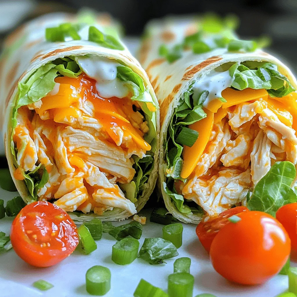 Um die besten Buffalo Ranch Chicken Wraps zu machen, brauchst du diese Zutaten: - 2 Tassen gekochtes Hähnchen, zerkleinert - 1/2 Tasse Buffalo-Sauce - 1/2 Tasse Ranch-Dressing - 1 Tasse Romanasalat, gehackt - 1/2 Tasse Kirschtomaten, halbiert - 1/4 Tasse geriebener Cheddar-Käse - 4 große Weizentortillas - 1/4 Tasse geschnittene Frühlingszwiebeln (optional) - Salz und Pfeffer nach Geschmack Diese Zutaten sorgen für einen tollen Geschmack. Das zerkleinerte Hähnchen gibt die Grundlage, während die Buffalo-Sauce für die Schärfe sorgt. Das Ranch-Dressing bringt Cremigkeit, und der Salat gibt Frische. Ich empfehle, frische und hochwertige Produkte zu nutzen. Für das Hähnchen verwende gekochtes Bio-Hähnchen. Marken wie Frank's RedHot sind bekannt für ihre scharfe Buffalo-Sauce. Für das Ranch-Dressing ist Hidden Valley eine beliebte Wahl. Frischer Romanasalat und reifer Cheddar-Käse aus dem Kühlschrank machen den Wrap besonders lecker. Wenn du etwas Neues ausprobieren möchtest, füge gerne zusätzliche Zutaten hinzu. - Avocado für Cremigkeit - Paprika für mehr Farbe und Süße - Gurken für einen frischen Crunch - Verschiedene Käsesorten wie Gouda oder Feta Diese Variationen helfen, deinen Wrap nach deinem Geschmack anzupassen. So wird jede Runde Buffalo Ranch Chicken Wraps zu einem neuen Erlebnis. Zuerst nehmen Sie die große Schüssel. Fügen Sie das zerkleinerte Hähnchen hinzu. Gießen Sie die Buffalo-Sauce darüber. Rühren Sie die Mischung gut um. Sie wollen, dass das Hähnchen gleichmäßig mit der Sauce überzogen ist. Schmecken Sie es mit Salz und Pfeffer ab. So wird das Hähnchen würzig und lecker. Jetzt ist es Zeit für den Ranch-Salat. Nehmen Sie eine separate Schüssel. Geben Sie das Ranch-Dressing hinein. Fügen Sie den gehackten Romanasalat, die halbierten Kirschtomaten und den geriebenen Cheddar-Käse hinzu. Rühren Sie alles gut um, bis die Zutaten gut vermischt sind. Dieser Salat bringt Frische in den Wrap. Legen Sie eine Tortilla auf eine saubere Arbeitsfläche. Geben Sie eine großzügige Portion der Buffalo-Hähnchen-Mischung in die Mitte. Dann fügen Sie eine Portion des Ranch-Salats hinzu. Wenn Sie mögen, streuen Sie die geschnittenen Frühlingszwiebeln darüber. Klappen Sie die Seiten der Tortilla ein. Rollen Sie sie von unten fest auf. Wiederholen Sie diesen Schritt mit den restlichen Tortillas. Wenn Sie warme Wraps möchten, grillen Sie sie in einer Pfanne. Erhitzen Sie die Pfanne auf mittlerer Hitze. Grillen Sie die Wraps für 2-3 Minuten auf jeder Seite. So werden sie goldbraun und knusprig. Schneiden Sie die Wraps diagonal durch. Servieren Sie sie sofort und genießen Sie! Beim Zubereiten der Buffalo Ranch Chicken Wraps gibt es einige häufige Fehler. Einer ist, das Hähnchen nicht vollständig mit der Buffalo-Sauce zu mischen. Wenn es nicht gut vermischt ist, schmeckt jeder Biss unterschiedlich. Achte darauf, dass die Sauce gleichmäßig verteilt ist. Ein weiterer Fehler ist, zu viel Füllung in die Tortilla zu geben. Wenn du überfüllst, wird das Wickeln schwer. Halte die Füllung in der Mitte. Das Wickeln der Wraps kann knifflig sein. Beginne mit einer sauberen Fläche. Lege die Tortilla aus und platziere die Füllung in der Mitte. Klappe die Seiten der Tortilla ein und rolle sie dann von unten auf. Achte darauf, dass du fest, aber nicht zu fest rollst. Wenn du die Tortilla zu locker rollst, fällt sie auseinander. Übe ein paar Mal, um das perfekte Wickeln zu lernen. Die Präsentation ist wichtig! Schneide die Wraps diagonal in zwei Hälften. Lege die Hälften auf einen schönen Teller. Für zusätzlichen Stil kannst du frische Kräuter darüber streuen oder einen kleinen Dip von Ranch-Dressing daneben stellen. Das macht die Wraps ansprechender. Wenn du möchtest, serviere sie mit knusprigen Chips oder einem frischen Salat. So wird dein Gericht noch bunter und einladender. {{image_4}} Die Buffalo Ranch Chicken Wraps können leicht vegetarisch gemacht werden. Statt Hähnchen benutze ich Tofu. Tofu hat eine tolle Textur und nimmt den Geschmack gut auf. Schneide den Tofu in Würfel und mariniere ihn in Buffalo-Sauce. Brate ihn dann in einer Pfanne, bis er knusprig ist. Füge dann die gleiche Mischung von Ranch-Salat hinzu. So bekommst du einen leckeren und fleischfreien Wrap. Wenn du glutenfrei essen möchtest, gibt es viele Tortilla-Optionen. Mais-Tortillas sind eine gute Wahl. Sie sind weich und haben einen tollen Geschmack. Achte darauf, dass die Tortillas als glutenfrei gekennzeichnet sind. Du kannst auch Reispapier verwenden, um frische, leichte Wraps zu machen. Das gibt dem Gericht eine neue Note und macht es spannend. Die Schärfe kannst du nach deinem Geschmack anpassen. Magst du es mild? Dann verwende weniger Buffalo-Sauce. Für mehr Schärfe kannst du die Sauce erhöhen oder einen scharfen Käse hinzufügen. Du kannst auch frische Jalapeños oder zerdrückte rote Paprika verwenden. So machst du deine Wraps genau so scharf, wie du es magst. Wenn Sie Reste von den Buffalo Ranch Chicken Wraps haben, bewahren Sie sie im Kühlschrank auf. Wickeln Sie die Wraps in Frischhaltefolie oder legen Sie sie in einen luftdichten Behälter. So bleiben sie frisch. Zum Aufwärmen legen Sie die Wraps auf einen Teller und erwärmen sie in der Mikrowelle für etwa 30 Sekunden. Alternativ können Sie sie in einer Pfanne bei mittlerer Hitze für ein paar Minuten aufwärmen. So bleibt der Wrap knusprig. Sie können die Wraps auch einfrieren. Wickeln Sie jeden Wrap einzeln in Frischhaltefolie und dann in Aluminiumfolie. So verhindern Sie Frostbrand. Wenn Sie bereit sind, sie zu essen, lassen Sie sie im Kühlschrank auftauen. Danach können Sie sie entweder kalt genießen oder aufwärmen. Im Kühlschrank halten sich die Wraps etwa 3 bis 4 Tage. Achten Sie darauf, sie gut verpackt zu lagern, damit sie nicht austrocknen. Wenn sie einen seltsamen Geruch haben oder die Konsistenz sich verändert, sollten Sie sie nicht mehr essen. Frische Zutaten sind der Schlüssel zu köstlichen Wraps. Um Buffalo Ranch Chicken Wraps zu machen, folge diesen Schritten: 1. Nimm 2 Tassen gekochtes, zerkleinertes Hähnchen und mische es mit 1/2 Tasse Buffalo-Sauce. 2. In einer anderen Schüssel kombinierst du 1/2 Tasse Ranch-Dressing, 1 Tasse gehackten Romanasalat, 1/2 Tasse halbierte Kirschtomaten und 1/4 Tasse geriebenen Cheddar-Käse. 3. Lege eine Tortilla auf die Arbeitsfläche. Gib die Buffalo-Hähnchen-Mischung in die Mitte. 4. Füge die Salatmischung über das Hähnchen hinzu. 5. Klappe die Seiten ein und rolle die Tortilla fest auf. 6. Grill die Wraps in einer Pfanne, bis sie goldbraun sind. Das war's! Du hast leckere Buffalo Ranch Chicken Wraps gemacht. Zu Buffalo Ranch Chicken Wraps passen viele Beilagen gut. Hier sind einige Ideen: - Karotten- und Selleriesticks mit Ranch-Dressing - Kartoffelchips oder Tortilla-Chips - Ein frischer grüner Salat - Guacamole oder Salsa für einen zusätzlichen Kick Diese Beilagen runden dein Gericht ab und machen es noch besser. Ja, du kannst das Rezept im Voraus zubereiten. Bereite die Hähnchenmischung und den Salat bis zu einem Tag vorher vor. Bewahre sie getrennt im Kühlschrank auf. Du kannst die Wraps dann frisch rollen, wenn du bereit bist zu essen. So bleibt alles frisch und lecker. Buffalo Ranch Chicken Wraps sind einfach und lecker. Wir haben die Hauptzutaten, die Zubereitung und hilfreiche Tipps besprochen. Variationen wie vegetarische oder glutenfreie Optionen erweitern die Möglichkeiten. Achte beim Wickeln und Servieren auf die Tipps, um das Beste aus deinen Wraps herauszuholen. Die Aufbewahrungsinfos helfen dir, Reste richtig zu lagern. Probiere dieses Rezept aus und bring frischen Geschmack in deine Mahlzeiten!