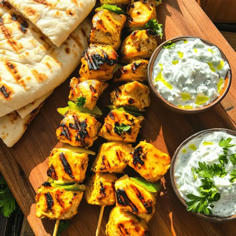 Für diese einfache Chicken Souvlaki brauchst du frische Zutaten. Die Hauptzutat ist Hähnchenbrust. Sie ist zart und saftig. Du benötigst auch Olivenöl, Zitronensaft und Knoblauch. Diese Zutaten bringen viel Geschmack. Verwende getrockneten Oregano und geräuchertes Paprikapulver für das besondere Aroma. Du kannst auch Salz und Pfeffer nach deinem Geschmack hinzufügen. Diese Gewürze sind wichtig, um die Hähnchenstücke köstlich zu machen. Die Marinade ist der Schlüssel zu gutem Souvlaki. Mische das Olivenöl, Zitronensaft, Knoblauch, Oregano und Paprikapulver in einer Schüssel. Füge dann Salz und Pfeffer hinzu. Diese Mischung macht dein Hähnchen besonders lecker. Lass die Hähnchenwürfel in dieser Marinade ziehen. Je länger, desto besser der Geschmack. Ideal sind mindestens 30 Minuten, aber besser bis zu 2 Stunden. Serviere dein Chicken Souvlaki mit warmem Pita-Brot. Das Brot passt perfekt zum Hähnchen. Vergiss nicht die Tzatziki-Sauce zum Dippen. Sie bringt eine frische Note. Du kannst auch frische Petersilie darüber streuen. Das sieht schön aus und fügt Geschmack hinzu. Für eine vollwertige Mahlzeit kannst du einen Salat dazu servieren. Das rundet das Gericht ab. Du findest die vollständige Zubereitung in der [Full Recipe]. Um die Marinade für das Hähnchen Souvlaki zu machen, brauchst du eine große Schüssel. Gib das Olivenöl, den Zitronensaft, den gehackten Knoblauch, den Oregano und das geräucherte Paprikapulver hinein. Füge Salz und Pfeffer nach deinem Geschmack hinzu. Rühre alles gut um, bis die Mischung gleichmäßig ist. Diese Marinade sorgt für viel Geschmack. Schneide die Hähnchenbrust in 2,5 cm große Würfel. Gib die Hähnchenstücke in die Schüssel mit der Marinade. Stelle sicher, dass jedes Stück gut bedeckt ist. Decke die Schüssel mit Frischhaltefolie ab. Lass das Hähnchen mindestens 30 Minuten im Kühlschrank ziehen. Wenn du mehr Zeit hast, lasse es bis zu 2 Stunden marinieren. So wird es noch besser. Heize den Grill oder eine Grillpfanne auf mittelhohe Hitze vor. Wenn du Holzspieße verwendest, lege sie 30 Minuten in Wasser. So brennen sie nicht. Stecke die marinierten Hähnchenwürfel auf die Spieße. Lass dabei etwas Platz zwischen den Stücken. Grill die Spieße 10-12 Minuten. Wende sie gelegentlich, bis das Hähnchen durchgegart ist. Die Innentemperatur sollte mindestens 75 °C erreichen. Nimm die Spieße vom Grill und lass sie eine Minute ruhen. Serviere das Hähnchen Souvlaki mit Pita-Brot und Tzatziki. Garniere mit frisch gehackter Petersilie für einen schönen Look. Grillen ist eine Kunst. Um das perfekte Hähnchen Souvlaki zu grillen, beachten Sie folgende Punkte: - Vorheizen: Heizen Sie den Grill gut vor. Eine mittelhohe Hitze sorgt für schöne Grillstreifen. - Platz lassen: Stecken Sie die Hähnchenwürfel nicht zu eng auf die Spieße. Ein kleiner Abstand lässt die Hitze besser zirkulieren. - Wenden: Wenden Sie die Spieße regelmäßig. So garen sie gleichmäßig und bleiben saftig. Einige Fehler können Ihr Souvlaki ruinieren. Vermeiden Sie diese: - Zu kurze Marinierzeit: Lassen Sie das Hähnchen mindestens 30 Minuten marinieren. Für mehr Geschmack sind 2 Stunden ideal. - Zu hohe Hitze: Grillen Sie bei zu hoher Hitze, kann das Hähnchen außen verbrennen und innen roh bleiben. - Nicht ruhen lassen: Lassen Sie die Spieße nach dem Grillen eine Minute ruhen. So bleibt das Fleisch saftig. Möchten Sie den Geschmack anpassen? Probieren Sie diese Ideen: - Zusätzliche Gewürze: Fügen Sie Gewürze wie Kreuzkümmel oder Chili hinzu. So erhält das Souvlaki eine neue Note. - Marinade variieren: Experimentieren Sie mit anderen Säuren. Statt Zitronensaft können Sie Limettensaft verwenden. - Gemüse hinzufügen: Stecken Sie Paprika oder Zwiebeln auf die Spieße. Das bringt mehr Farbe und Geschmack. Für das komplette Rezept besuchen Sie die [Full Recipe]. {{image_4}} Wenn Sie eine vegetarische Option möchten, versuchen Sie Gemüse. Paprika, Zucchini und Champignons passen gut. Schneiden Sie das Gemüse in gleich große Stücke. Marinieren Sie sie wie das Hähnchen. Grillen Sie die Spieße für 8-10 Minuten. Diese Variante ist leicht und voll von Geschmack. Die Marinade ist der Schlüssel zum Geschmack. Experimentieren Sie mit verschiedenen Zutaten. Fügen Sie Joghurt für Cremigkeit hinzu oder verwenden Sie Honig für Süße. Probieren Sie auch frische Kräuter wie Thymian oder Rosmarin. Jede Marinade bringt ihren eigenen Charakter in das Souvlaki. Hähnchen ist großartig, aber auch andere Fleischsorten sind lecker. Lamm oder Rindfleisch machen das Gericht reichhaltiger. Schneiden Sie das Fleisch in gleich große Stücke. Marinieren Sie es ebenfalls und grillen Sie es ähnlich wie das Hähnchen. Das gibt Ihnen neue Geschmackserlebnisse und Abwechslung. Wenn du Hähnchen Souvlaki übrig hast, bewahre die Reste in einem luftdichten Behälter auf. Lass die Spieße zuerst auf Raumtemperatur abkühlen. Dann decke sie gut ab und stelle sie in den Kühlschrank. So bleiben sie frisch für bis zu drei Tage. Um die Hähnchenspieße einzufrieren, lege sie in einen gefrierfesten Beutel. Entferne die Luft aus dem Beutel und verschließe ihn gut. So bleiben die Spieße bis zu drei Monate haltbar. Du kannst die Spieße auch vor dem Grillen marinieren und dann einfrieren. Um die Spieße aufzuwärmen, nimm sie aus dem Kühlschrank oder Gefrierfach. Wenn sie gefroren sind, lasse sie zuerst im Kühlschrank auftauen. Danach kannst du sie in einer Pfanne oder auf dem Grill wieder erhitzen. Achte darauf, dass das Hähnchen eine Innentemperatur von 75 °C erreicht. So bleibt es saftig und lecker. Um Hähnchen Souvlaki auf dem Grill zuzubereiten, folge diesen Schritten: 1. Bereite die Marinade vor, indem du Olivenöl, Zitronensaft, Knoblauch, Oregano, Paprika, Salz und Pfeffer vermischst. 2. Schneide die Hähnchenbrust in Würfel und lege sie in die Marinade. Lass sie mindestens 30 Minuten im Kühlschrank ziehen. 3. Heize den Grill auf mittlere Hitze vor. 4. Stecke die marinierten Hähnchenwürfel auf die Spieße. 5. Grill die Spieße 10 bis 12 Minuten, bis das Hähnchen durchgegart ist. Grille regelmäßig die Spieße um gleichmäßiges Garen. Ja, du kannst Hähnchen Souvlaki auch im Ofen machen. Hier ist wie: 1. Bereite die Marinade und das Hähnchen wie oben beschrieben vor. 2. Heize den Ofen auf 200 °C vor. 3. Lege die Spieße auf ein Backblech. 4. Backe sie etwa 15 bis 20 Minuten, bis das Hähnchen gar ist. So erhältst du leckeres Hähnchen Souvlaki ohne Grill. Hähnchen Souvlaki schmeckt am besten mit: - Warmem Pita-Brot - Tzatziki-Sauce - Frischen Gemüsesalaten Du kannst auch Reis oder Couscous als Beilage servieren. Diese Kombinationen machen dein Gericht noch köstlicher. Probiere die [Full Recipe] für mehr Details! In diesem Blogpost habe ich die Zutaten für Hähnchen Souvlaki besprochen. Wir schauten uns die Marinade und die besten Beilagen an. Dann habe ich dir eine Schritt-für-Schritt-Anleitung zum Marinieren und Grillen gegeben. Du hast auch Tipps gelernt, um häufige Fehler zu vermeiden. Außerdem gab es viele Variationen, auch vegetarische. Zum Schluss erklärte ich, wie du Reste richtig aufbewahrst. Hähnchen Souvlaki ist einfach zu machen und lecker. Du kannst viele deinen eigenen Geschmack Ideen umsetzen. Viel Spaß beim Grillen!