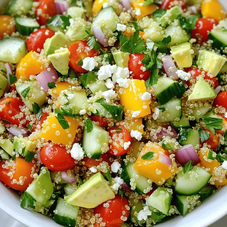 - 1 Tasse Quinoa, gründlich gewaschen - 2 Tassen Gemüsebrühe - 1 mittelgroße Gurke, gewürfelt - 1 Paprika (nach Wahl), gewürfelt - 1 Tasse Cherrytomaten, halbiert - 1 Avocado, gewürfelt - 1/4 Tasse rote Zwiebel, fein gehackt - 1/4 Tasse frische Petersilie, gehackt - 1/4 Tasse Feta-Käse, zerbröselt (optional) Quinoa ist die Basis für diesen Salat. Sie ist nahrhaft und glutenfrei. Ich empfehle, die Quinoa vor dem Kochen gründlich zu waschen. Das entfernt Bitterstoffe. Gemüsebrühe gibt der Quinoa einen tollen Geschmack. Frisches Gemüse bringt Farbe und Textur. Gurken sind knackig und kühl. Paprika fügt Süße hinzu, während Cherrytomaten eine saftige Note geben. Avocados machen den Salat cremig. Rote Zwiebeln fügen einen leichten Biss hinzu. Petersilie sorgt für Frische. Wenn Sie Feta-Käse mögen, geben Sie ihn hinzu. Er bringt einen salzigen, cremigen Geschmack. - 3 Esslöffel Olivenöl - 2 Esslöffel Zitronensaft - 1/2 Teelöffel Knoblauchpulver - 1/2 Teelöffel geräuchertes Paprikapulver - Salz und Pfeffer nach Geschmack Das Dressing ist einfach und lecker. Olivenöl gibt gesunde Fette. Zitronensaft bringt Frische und Säure. Knoblauchpulver fügt Tiefe hinzu, während geräuchertes Paprikapulver einen warmen, rauchigen Geschmack bringt. Salz und Pfeffer nach Geschmack machen den Salat perfekt. Mischen Sie alles gut, damit die Aromen sich verbinden. Über die Quinoa und das Gemüse gießen, dann gut vermengen. So wird jeder Bissen schmackhaft. Für das vollständige Rezept schauen Sie sich das [Full Recipe] an. Zuerst waschen Sie die Quinoa gründlich unter kaltem Wasser. Dies entfernt Bitterstoffe. Geben Sie dann die gewaschene Quinoa in einen mittleren Topf. Fügen Sie zwei Tassen Gemüsebrühe hinzu. Bringen Sie die Mischung bei mittlerer bis hoher Hitze zum Kochen. Reduzieren Sie die Hitze und decken Sie den Topf ab. Lassen Sie die Quinoa etwa 15 Minuten köcheln, bis die Flüssigkeit weg ist. Nehmen Sie den Topf vom Herd und lassen Sie die Quinoa fünf Minuten ruhen. Danach lockern Sie die Quinoa mit einer Gabel auf und lassen sie abkühlen. Während die Quinoa abkühlt, können Sie das Gemüse vorbereiten. Nehmen Sie eine große Schüssel. Würfeln Sie die Gurke, Paprika und Avocado. Halbieren Sie die Cherrytomaten und hacken Sie die rote Zwiebel und Petersilie fein. Geben Sie alles in die Schüssel und vermengen Sie die Zutaten vorsichtig. So bleibt das Gemüse frisch und knackig. Jetzt rühren Sie das Dressing an. Nehmen Sie eine kleine Schüssel und geben Sie das Olivenöl und den Zitronensaft hinein. Fügen Sie das Knoblauchpulver und das geräucherte Paprikapulver hinzu. Würzen Sie mit Salz und Pfeffer nach Geschmack. Mischen Sie alles gut mit einem Schneebesen, bis es cremig ist. Das Dressing bringt den Salat zum Leben. Sobald die Quinoa abgekühlt ist, geben Sie sie zur Schüssel mit dem Gemüse. Gießen Sie das Dressing über die Mischung. Heben Sie alles vorsichtig unter, damit sich die Zutaten gut vermengen. Wenn Sie Feta-Käse verwenden, streuen Sie ihn jetzt über den Salat. Heben Sie alles nochmals sanft um. Probieren Sie den Salat und passen Sie die Gewürze nach Bedarf an. So kreieren Sie den perfekten Geschmack. Für die vollständige Zubereitung schauen Sie die Full Recipe an. Um die Quinoa perfekt zu kochen, achte auf die Kochzeit. Bring die Quinoa mit Gemüsebrühe zum Kochen. Reduziere die Hitze und decke den Topf ab. Lass die Quinoa etwa 15 Minuten köcheln. So wird sie locker und perfekt. Nach dem Kochen, lass die Quinoa 5 Minuten ruhen. Dann lockere sie mit einer Gabel auf. Das gibt der Quinoa die beste Konsistenz. Die Auswahl der Kräuter und Gewürze kann den Geschmack verändern. Du kannst frische Kräuter wie Basilikum oder Minze verwenden. Diese passen gut zu Quinoa. Experimentiere auch mit Gewürzen. Zum Beispiel, füge Kreuzkümmel oder Kurkuma hinzu. So wird der Salat noch interessanter. Du kannst auch Nüsse oder Samen für Crunch hinzufügen. Mandeln oder Sonnenblumenkerne sind tolle Optionen. Das Anrichten des Salats ist wichtig. Serviere ihn in einer großen Schüssel oder auf Tellern. Garnier ihn mit frischer Petersilie oder Zitronenspalten. Das sieht schön aus und bringt Frische. Du kannst den Salat auch mit Beilagen kombinieren. Ein Stück Brot oder ein leichter Wein passen gut dazu. So wird dein Essen noch genussvoller. Für das gesamte Rezept, schau dir die Full Recipe an. {{image_4}} Für deinen Salat kannst du verschiedene Gemüsesorten wählen. Saisonale Optionen bringen frische Farben und Aromen. Im Sommer sind Zucchini und Radieschen toll. Im Herbst passen Kürbis und Rote Beete gut. Du kannst auch die Avocado durch Erbsen ersetzen. Der Feta-Käse lässt sich zum Beispiel durch einen veganen Käse ersetzen. Um deinen Salat noch nahrhafter zu machen, füge eine Proteinquelle hinzu. Hühnchen ist eine gute Wahl, wenn du Fleisch magst. Kichererbsen bieten eine pflanzliche Option und passen gut zu Quinoa. Auch schwarze Bohnen sind lecker und fügen Textur hinzu. Diese Optionen machen den Salat sättigender und gesünder. Quinoa ist von Natur aus glutenfrei, also eine tolle Basis. Wenn du vegane Dressings suchst, mische einfach Olivenöl mit Zitronensaft und Kräutern. So erhältst du ein einfaches und köstliches Dressing. Du kannst auch Tahini oder Avocado nutzen, um eine cremige Textur zu erzielen. Diese Alternativen sind perfekt für alle, die spezielle Ernährungsbedürfnisse haben. Um Ihren Quinoa-Salat frisch zu halten, lagern Sie ihn in einem luftdichten Behälter. Der Behälter schützt den Salat vor Luft und Feuchtigkeit. Stellen Sie sicher, dass der Salat vollständig abgekühlt ist, bevor Sie ihn in den Kühlschrank stellen. Dies verhindert, dass sich Kondenswasser bildet. Lagern Sie den Salat immer im kältesten Teil des Kühlschranks, meist im unteren Bereich. Der Salat bleibt im Kühlschrank etwa drei bis fünf Tage frisch. Um die Frische zu verlängern, vermeiden Sie es, das Dressing schon vorher hinzuzufügen. Das Dressing kann den Salat matschig machen. Bewahren Sie das Dressing separat auf und fügen Sie es nur kurz vor dem Servieren hinzu. So bleibt der Salat knackig und lecker. Wenn Sie den Salat wieder aufwärmen möchten, beachten Sie, dass Quinoa am besten kalt serviert wird. Sollten Sie ihn dennoch aufwärmen wollen, verwenden Sie eine Mikrowelle auf niedriger Stufe. Fügen Sie etwas Wasser hinzu, um ein Austrocknen zu verhindern. Mischen Sie den Salat gut durch, um die Hitze gleichmäßig zu verteilen. Für eine frische Präsentation können Sie frisches Gemüse oder Kräuter hinzufügen, bevor Sie ihn servieren. Für das vollständige Rezept und spezifische Zubereitungshinweise, schauen Sie sich den Full Recipe an! Du kannst den Salat bis zu drei Tage im Kühlschrank lagern. Stelle sicher, dass du ihn in einem luftdichten Behälter aufbewahrst. So bleibt er frisch und lecker. Wenn du ihn länger aufbewahren möchtest, kannst du die Avocado und das Dressing separat halten. Das verhindert, dass der Salat matschig wird. Ja, du kannst den Salat im Voraus machen. Bereite die Quinoa und das Gemüse am Vortag vor. Mische alles, aber füge das Dressing erst kurz vor dem Servieren hinzu. Das hält den Salat knackig und frisch. Wenn du Zeit sparen willst, kannst du auch die Zutaten in einzelnen Behältern lagern. Ja, Quinoa ist sehr gesund. Sie ist reich an Proteinen und Ballaststoffen. Außerdem enthält sie wichtige Nährstoffe wie Magnesium und Eisen. Quinoa ist glutenfrei, was sie zu einer tollen Wahl für viele Diäten macht. Der Verzehr von Quinoa kann auch helfen, den Blutzuckerspiegel zu regulieren und das Herz zu schützen. Nicht unbedingt. Du kannst viele Zutaten in deinem Supermarkt finden. Wenn du keine Gurke oder Avocado hast, kannst du sie durch andere Gemüse ersetzen. Zucchini oder Karotten sind tolle Alternativen. Für den Feta-Käse kannst du auch eine vegane Variante verwenden. So bleibt der Salat flexibel und anpassbar. Zusammengefasst, wir haben gelernt, wie man einen köstlichen Quinoa-Salat zubereitet. Wir besprachen die wichtigen Zutaten, die Zubereitung und Tipps für den besten Geschmack. Variationen machen den Salat vielseitig und gehen auf verschiedene Bedürfnisse ein. Achte auf die Lagerung, damit dein Salat frisch bleibt. Du kannst die Rezepte anpassen, um eine neue Lieblingsspeise zu kreieren. Probiere es aus und genieße die gesunde Ernährung! Jeder Schritt bringt dich deinem perfekten Salat näher.