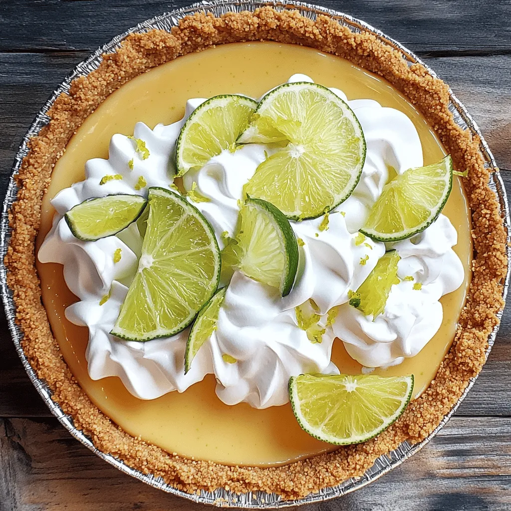 Für die spritzige Key Lime Torte benötigst du folgende Zutaten: - 1 ½ Tassen Graham-Cracker-Brösel - ½ Tasse Haushaltszucker - ½ Tasse ungesalzene Butter, geschmolzen - 4 große Eigelbe - 1 Dose (400 g) gezuckerte Kondensmilch - ½ Tasse frischer Key-Limettensaft (oder regulärer Limettensaft) - Schale von 2 Limetten - 1 Tasse Schlagsahne - 2 Esslöffel Puderzucker - Limettenscheiben und Limettenschale zur Garnitur Hochwertige Zutaten machen einen großen Unterschied. Verwende frische Limetten, wenn du kannst. Der Saft aus frischen Limetten hat mehr Geschmack. Achte darauf, dass die Butter ungesalzen ist. So bleibt der Geschmack der Torte rein und frisch. Für die Graham-Cracker-Brösel kannst du auch Vollkorn-Cracker nutzen. Diese geben der Kruste mehr Textur und einen nussigen Geschmack. Und wenn du die Torte etwas weniger süß magst, reduziere den Haushaltszucker. Wenn du auf Zucker verzichten möchtest, gibt es gute Alternativen. Du kannst Zuckeraustauschstoffe wie Erythrit oder Stevia verwenden. Diese süßen, ohne viele Kalorien. Für eine glutenfreie Option nutze glutenfreie Kekse anstelle von Graham-Crackern. Wenn du eine vegane Version machen willst, tausche die Eier und die Sahne gegen pflanzliche Alternativen aus. Zum Beispiel kannst du Kokoscreme für die Sahne nutzen. So bleibt die Torte lecker und passt in verschiedene Diäten. Für die vollständige Rezeptanleitung schau dir das [Full Recipe] an. Um die Kruste zu machen, heize zuerst den Ofen auf 175 °C vor. Nimm eine Rührschüssel und gebe 1 ½ Tassen Graham-Cracker-Brösel, ½ Tasse Haushaltszucker und ½ Tasse geschmolzene Butter hinein. Mische alles gut, bis die Mischung krümelig wird. Drücke die Mischung gleichmäßig in eine 23 cm Tortenform. Achte darauf, den Boden und die Seiten gut zu formen. Backe die Kruste 8 bis 10 Minuten, bis sie leicht goldbraun ist. Lass sie danach vollständig abkühlen. In einer separaten Rührschüssel schlage 4 große Eigelbe und 1 Dose gezuckerte Kondensmilch zusammen. Rühre, bis die Mischung glatt ist. Füge ½ Tasse frischen Key-Limettensaft und die Schale von 2 Limetten hinzu. Verquirle alles gut. Gieße die Limettenmischung in die abgekühlte Kruste. Stelle die Torte wieder in den Ofen und backe sie 15 Minuten. Sie sollte fest, aber in der Mitte noch leicht wackelig sein. Nimm sie danach aus dem Ofen und lasse sie vollständig abkühlen. Während die Torte abkühlt, bereite die Schlagsahne vor. Schlage 1 Tasse Schlagsahne in einer Rührschüssel, bis sich weiche Spitzen bilden. Füge dann 2 Esslöffel Puderzucker hinzu und schlage weiter, bis sich steife Spitzen bilden. Wenn die Torte abgekühlt ist, verteile die Schlagsahne gleichmäßig obenauf. Garniere die Torte mit Limettenscheiben und zusätzlicher Limettenschale. Kühle die Torte mindestens 2 Stunden im Kühlschrank, damit die Aromen sich gut entfalten können. Ein häufiger Fehler ist, die Kruste nicht richtig zu pressen. Achte darauf, dass die Brösel fest und gleichmäßig verteilt sind. Das sorgt für Stabilität. Ein weiterer Fehler ist, die Füllung zu lange zu backen. Sie sollte in der Mitte leicht wackelig sein. Lass die Torte nach dem Backen gut abkühlen. Dadurch setzen sich die Aromen besser. Um die beste Schlagsahne zu machen, beginne mit kalter Sahne. Verwende eine kalte Schüssel und kalte Rührbesen. Schlage die Sahne zunächst bei mittlerer Geschwindigkeit. Wenn sie etwas dicker wird, füge den Puderzucker hinzu. Schlage dann weiter, bis sich steife Spitzen bilden. Achte darauf, nicht zu lange zu schlagen, sonst wird die Sahne butterig. Die Torte braucht Zeit zum Kühlen. Stelle sie für mindestens zwei Stunden in den Kühlschrank. So intensivierst du den Geschmack. Serviere die Torte kühl, am besten mit frischen Limettenscheiben und etwas zusätzlicher Schale oben drauf. Diese Garnitur sorgt für einen schönen Anblick und zusätzlichen Geschmack. Genieße deine Torte frisch und teile sie mit Freunden! {{image_4}} Die Kruste für Key Lime Pie ist wichtig. Sie gibt der Torte Struktur und Geschmack. Oft nutzen wir Graham-Cracker-Brösel, aber man kann auch Kekse verwenden. Eine Schokoladenkeks-Kruste bringt einen tollen neuen Geschmack. Wenn du glutenfrei bist, nutze glutenfreie Kekse. Das ist einfach und lecker. Die Garnierung macht die Torte noch schöner. Ich empfehle, die Torte mit frischer Schlagsahne zu toppen. Du kannst auch Limettenscheiben darauf legen. Für einen besonderen Touch, füge geröstete Kokosnussflocken hinzu. Das gibt der Torte eine exotische Note. Frische Beeren sind eine weitere tolle Idee. Sie bringen Farbe und frischen Geschmack. Du kannst neue Aromen in deine Torte bringen. Kokosnuss ist eine beliebte Wahl. Füge einfach Kokosnussmilch zur Füllung hinzu. Das gibt einen cremigen, tropischen Geschmack. Erdbeer-Limetten-Pie ist auch lecker. Mische pürierte Erdbeeren in die Füllung. So bekommst du eine süße, fruchtige Note. Probiere diese Variationen aus und finde deinen Favoriten. Wenn du mehr Ideen brauchst, schau dir die Full Recipe an. Um die Key Lime Pie frisch zu halten, lege die Torte in den Kühlschrank. Verwende eine Abdeckfolie oder einen luftdichten Behälter. So bleibt die Torte feucht und lecker. Die Schlagsahne kann jedoch weich werden. Es ist besser, die Schlagsahne separat zu servieren. So bleibt sie schön fest. Du kannst die Torte auch einfrieren. Schneide sie in Stücke und lege sie in einen gefrierfesten Behälter. Füge ein Blatt Backpapier zwischen die Stücke, damit sie nicht zusammenkleben. Diese Methode bewahrt den Geschmack. Wenn du die Torte später essen möchtest, lasse sie im Kühlschrank auftauen. So bleibt sie frisch. Key Lime Pie hält sich im Kühlschrank etwa 3 bis 4 Tage. Im Gefrierfach kann sie bis zu 2 Monate aufbewahrt werden. Der beste Genuss ist frisch. Serviere sie mit frischen Limettenscheiben, um das Aroma zu verstärken. Denn so schmeckt sie am besten. Key Lime Pie und herkömmlicher Limettenkuchen unterscheiden sich vor allem in der Art der Limetten. Key Lime Pie verwendet kleine, süße Key-Limetten. Diese haben einen stärkeren Geschmack als normale Limetten. Die Kruste von Key Lime Pie besteht oft aus Graham-Cracker-Bröseln, die für einen knusprigen Biss sorgen. Im Vergleich dazu kann der herkömmliche Limettenkuchen eine Mürbeteigkruste haben und ist oft weniger cremig. Die Füllung in Key Lime Pie hat eine hellere Farbe und eine etwas andere Textur. Ja, gesunde Alternativen sind möglich! Sie können die Graham-Cracker-Brösel durch Haferflocken oder Mandelmehl ersetzen. Verwenden Sie anstelle von Zucker einen natürlichen Süßstoff wie Honig oder Stevia. Bei der Füllung können Sie fettarme Kondensmilch nutzen. Auch griechischer Joghurt kann eine gute Option sein, um die Füllung cremiger zu machen, ohne die Kalorien zu erhöhen. Diese Optionen machen die Torte etwas leichter, ohne den Geschmack zu verlieren. Die grüne Farbe der Limettenfüllung kommt von den Key-Limetten selbst. Diese Limetten haben eine hellgrüne Schale, die auch einen Teil der Füllung färbt. Wenn Sie die Limetten auspressen, erhalten Sie den typischen, frischen Geschmack. Die Schale, die Sie in der Torte verwenden, verstärkt die grüne Farbe. Wenn Sie normale Limetten verwenden, kann die Füllung etwas gelber sein. Doch der Geschmack bleibt köstlich! Zusammenfassend haben wir die wichtigen Zutaten und ihre Alternativen behandelt. Ich habe dir eine einfache Schritt-für-Schritt-Anleitung gegeben, um die perfekte Limetten-Torte zu backen. Wir haben nützliche Tipps geteilt, um häufige Fehler zu vermeiden und die besten Kühlzeiten zu beachten. Verschiedene Variationen und das richtige Lagern der Torte sind ebenfalls wichtig. Denke daran, dass du mit hochwertigen Zutaten und etwas Übung ein tolles Dessert zaubern kannst. Viel Spaß beim Backen und Genießen!