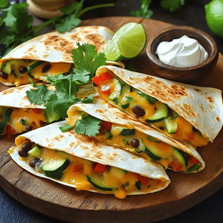 - 4 große Vollkorn-Tortillas - 1 Tasse geriebener Cheddar-Käse - 1 Tasse schwarze Bohnen, gut abgespült und abgetropft - 1 mittelgroße Zucchini, gewürfelt - 1 rote Paprika, gewürfelt - 1 Tasse Maiskörner (frisch oder gefroren) - 1 kleine rote Zwiebel, fein gehackt Diese Zutaten bilden die Basis für die Loaded Veggie Quesadillas. Vollkorn-Tortillas bieten einen gesunden und herzhaften Geschmack. Der Cheddar-Käse schmilzt wunderbar und bringt die Aromen zusammen. Die schwarzen Bohnen liefern Protein und machen die Füllung sättigender. Zucchini und Paprika bringen Frische und Farbe ins Gericht. Mais sorgt für eine süße Note, während die Zwiebel für einen leckeren Geschmack sorgt. - 2 Esslöffel Olivenöl - 1 Teelöffel gemahlenen Kreuzkümmel - 1 Teelöffel geräuchertes Paprikapulver - Salz und Pfeffer nach Geschmack Kreuzkümmel und geräuchertes Paprikapulver verleihen den Quesadillas einen tiefen, warmen Geschmack. Das Olivenöl hilft, das Gemüse anzubraten und fördert die Aromen. Salz und Pfeffer runden alles ab und sorgen dafür, dass die Quesadillas perfekt gewürzt sind. - Frischer Koriander, zur Garnierung - Sauerrahm oder griechischer Joghurt (zum Servieren) Frischer Koriander bringt einen tollen Geschmack und sieht schön aus. Sauerrahm oder griechischer Joghurt sind tolle Beilagen, die die Quesadillas ergänzen. Diese einfachen Zutaten machen das Gericht noch schmackhafter und interessanter. Für das gesamte Rezept, schau dir die Full Recipe an. - Erhitze 1 Esslöffel Olivenöl in einer Pfanne. - Füge die gehackte Zwiebel und den Knoblauch hinzu. - Brate sie für 3-4 Minuten, bis sie weich sind. - Gib die gewürfelte Zucchini, Paprika und den Mais dazu. - Rühre alles gut um und koche es für 5-7 Minuten. - Mische die schwarzen Bohnen und die Gewürze ein. - Nimm die Pfanne vom Herd und lasse die Mischung abkühlen. - Lege eine Tortilla in die Pfanne bei mittlerer Hitze. - Streue die Hälfte des Cheddar-Käses auf die Tortilla. - Löffle eine gute Menge der Gemüsefüllung auf den Käse. - Streue den restlichen Cheddar-Käse darüber. - Klappe die Tortilla in der Mitte zusammen. - Brate die Quesadilla 3-4 Minuten auf jeder Seite. - Nimm sie aus der Pfanne und wiederhole den Vorgang. - Schneide die Quesadillas in Keile. - Garniere sie mit frischem Koriander. - Serviere sie heiß mit Sauerrahm oder Joghurt. Diese Loaded Veggie Quesadillas sind voll von Geschmack und Genuss. Du hast nun eine einfache und leckere Möglichkeit, ein gesundes Gericht zu genießen. Schau dir die Full Recipe für weitere Details an. Um die perfekten Quesadillas zu machen, achte auf die Temperatur. Du solltest die Pfanne bei mittlerer Hitze nutzen. So wird die Tortilla schön knusprig. Brate sie für etwa 3-4 Minuten auf jeder Seite. So schmilzt der Käse gut und die Außenseite wird goldbraun. Die Käsesorte ist wichtig. Ich empfehle, geriebenen Cheddar zu verwenden. Er schmilzt gut und hat einen tollen Geschmack. Du kannst auch andere Käsesorten ausprobieren, wie Monterey Jack oder Gouda. Sei kreativ mit der Füllung! Du kannst verschiedene Gemüsesorten verwenden. Zucchini, Paprika und Mais sind eine tolle Basis, aber du kannst auch Spinat oder Pilze hinzufügen. Wenn du vegane Optionen möchtest, ersetze den Käse durch vegane Alternativen. Du kannst auch Avocado oder Tofu einfügen. Diese Varianten sind gesund und lecker. Die Präsentation macht viel aus! Serviere die Quesadilla-Keile auf einer bunten Platte. Das sieht einladend aus und macht Appetit. Dips und Garnierungen sind wichtig. Ich mag es, Sauerrahm oder griechischen Joghurt dazuzureichen. Frischer Koriander und Limettenviertel verleihen den Quesadillas mehr Farbe und Geschmack. Mit diesen Tipps kannst du deine Loaded Veggie Quesadillas noch besser machen. Probiere sie aus und entdecke die Vielfalt! Für das vollständige Rezept, schau dir den [Full Recipe] an. {{image_4}} Eine gute Möglichkeit, die Loaded Veggie Quesadillas zu verändern, ist das Hinzufügen von Protein. - Du kannst Hühnchen oder Tofu hinzufügen. - Weitere Bohnensorten wie Pinto- oder Kidneybohnen sind auch lecker. Das Hinzufügen von Protein macht die Quesadillas sättigender. So wird jedes Stück zur Nahrungsquelle. Wenn du Hühnchen wählst, brate es vorher an und würze es gut. Tofu sollte gut gewürzt sein und eine schöne goldene Farbe haben. Für eine mediterrane Note kannst du andere Zutaten verwenden. - Fetakäse und Oliven bringen einen frischen Geschmack. - Spinat und getrocknete Tomaten sind ebenfalls eine tolle Ergänzung. Die Kombination aus Feta und Oliven gibt den Quesadillas einen salzigen, herzhaften Geschmack. Spinat sorgt für eine schöne Farbe und Nährstoffe. Das macht deine Quesadillas nicht nur lecker, sondern auch bunt und einladend. Wenn du es scharf magst, experimentiere mit Gewürzen. - Füge Jalapeños oder scharfe Soßen hinzu. - Probiere auch scharfe Gewürze wie Chili-Pulver. Die Schärfe bringt den Geschmack der Quesadillas auf ein neues Level. Achte darauf, die Schärfe nach deinem Geschmack anzupassen. So kannst du sicherstellen, dass jeder Biss aufregend bleibt. - Bewahre die ungekochte Gemüsefüllung im Kühlschrank auf. - Verwende sie innerhalb von zwei Tagen vor dem Braten. Die ungekochte Mischung kann schnell verderben. Achte darauf, sie gut abzudecken. So bleibt der Geschmack frisch. - Lagere die gekochten Quesadillas im Kühlschrank. - Lege sie in einen luftdichten Behälter. Wenn du die Quesadillas länger aufbewahren möchtest, friere sie ein. Wickele sie fest in Frischhaltefolie. So bleiben sie bis zu drei Monate frisch. - Nutze die Mikrowelle oder eine Pfanne zum Wiedererwärmen. - In der Mikrowelle dauert es nur ein bis zwei Minuten. Wenn du die Pfanne nutzt, erhitze sie auf mittlerer Stufe. Brate die Quesadillas für 2-3 Minuten auf jeder Seite. So werden sie wieder knusprig. Die richtige Lagerung und das richtige Aufwärmen machen einen großen Unterschied für den Geschmack. So genießt du die Loaded Veggie Quesadillas immer frisch. Die Zubereitung der Loaded Veggie Quesadillas dauert insgesamt etwa 30 Minuten. Die Vorbereitungszeit liegt bei etwa 15 Minuten. In dieser Zeit kannst du das Gemüse schneiden und die Füllung vorbereiten. Danach brätst du die Quesadillas in der Pfanne, was weitere 15 Minuten in Anspruch nimmt. So hast du schnell ein leckeres Gericht auf dem Tisch. Ja, die Loaded Veggie Quesadillas können leicht vegan sein. Du kannst den Cheddar-Käse einfach durch eine vegane Käsealternative ersetzen. Viele Marken bieten jetzt schmelzenden veganen Käse an, der gut funktioniert. Auch kannst du den Sauerrahm durch pflanzliche Joghurtalternativen ersetzen. So hast du ein köstliches veganes Gericht, das jeden begeistert. Zu den Loaded Veggie Quesadillas passen viele Beilagen gut. Dips wie Guacamole oder Salsa sind immer eine gute Wahl. Auch ein frischer Salat gibt dem Gericht eine schöne Note. Du könntest auch etwas Sauerrahm oder griechischen Joghurt dazu servieren. Das sorgt für einen tollen Geschmack und eine schöne Präsentation. Um die Quesadillas gesund zu halten, wähle frisches Gemüse. Zucchini, Paprika und schwarze Bohnen sind nahrhaft und lecker. Verwende Vollkorn-Tortillas, die mehr Ballaststoffe bieten. Außerdem kannst du den Käse reduzieren oder weglassen, wenn du magst. Achte darauf, das Olivenöl sparsam zu verwenden. So bleibst du im Rahmen einer gesunden Ernährung. Für mehr Details zu den Zutaten kannst du die Full Recipe anschauen. Die Loaded Veggie Quesadillas sind einfach zuzubereiten und schmecken köstlich. Wir haben die Hauptzutaten wie Tortillas, Käse und Gemüse sowie die Schritte zur Zubereitung behandelt. Tipps zuVariationen, Lagerung und gesunden Anpassungen runden den Artikel ab. Du kannst diese Quesadillas nach deinem Geschmack anpassen. Experimentiere mit verschiedenen Füllungen und Gewürzen. So machst du jede Zubereitung zu einem neuen Erlebnis. Viel Spaß beim Kochen!
