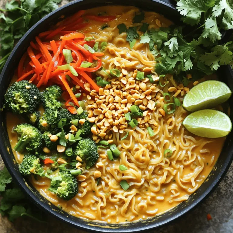 Um die besten Thai Peanut Noodles zu machen, brauchst du: - 225 g Reisnudeln - 1 Tasse Karotten, gerieben - 1 Paprika, dünn geschnitten (rot oder gelb für mehr Farbe) - 1 Tasse Brokkoliröschen - ¼ Tasse Frühlingszwiebeln, gehackt - ½ Tasse ungesalzene Erdnüsse, grob zerstoßen - 1 Esslöffel Sesamöl - ¼ Tasse Erdnussbutter (cremig) - 3 Esslöffel Sojasauce - 2 Esslöffel Ahornsirup - 1 Esslöffel Limettensaft - 1 Teelöffel Knoblauch, gehackt - 1 Teelöffel Ingwer, gerieben - 1 Teelöffel Sriracha oder Chili-Paste (optional für Schärfe) - Frischer Koriander, zur Garnitur Jede Zutat bringt ihren eigenen Geschmack und Nährstoffe mit. Die Reisnudeln sind leicht und füllend. Die Erdnussbutter gibt Cremigkeit und Tiefe. Gemüse sorgt für Farbe und Vitamine. Wenn du etwas mehr Geschmack möchtest, füge diese Zutaten hinzu: - Ein Spritzer Limettensaft für Frische - Gehackte Erdnüsse als Topping für Knusprigkeit - Frischer Koriander für ein aromatisches Finish Diese Zutaten machen dein Gericht lebendiger und interessanter. Du kannst auch mit Gewürzen wie Koriander oder Kreuzkümmel experimentieren. Wenn du Allergien hast, hier sind einige sichere Optionen: - Benutze glutenfreie Sojasauce für eine glutenfreie Version. - Ersetze Erdnüsse durch Sonnenblumenkerne, wenn du Erdnussallergien hast. - Verwende einen pflanzlichen Joghurt anstelle von Erdnussbutter für eine milde Variante. Es ist wichtig, auf Allergien zu achten. Mit diesen Optionen kannst du trotzdem leckere Thai Peanut Noodles genießen. Für die vollständige Zubereitung schaue dir das Full Recipe an. Um die Reisnudeln perfekt zuzubereiten, bringe einen großen Topf mit Wasser zum Kochen. Füge die 225 g Reisnudeln hinzu. Koche die Nudeln gemäß der Verpackung. Achte darauf, dass sie al dente sind. Das bedeutet, sie sollten weich, aber noch leicht fest sein. Wenn sie fertig sind, gieße sie ab und spüle sie unter kaltem Wasser ab. Das stoppt den Kochprozess und verhindert, dass sie zusammenkleben. Lege die Nudeln beiseite, während du die Soße machst. Jetzt kommt der spannende Teil, die Erdnusssauce. Nimm eine mittelgroße Schüssel und gib die ¼ Tasse Erdnussbutter, 3 Esslöffel Sojasauce, 2 Esslöffel Ahornsirup, 1 Esslöffel Limettensaft, 1 Teelöffel gehackten Knoblauch und 1 Teelöffel geriebenen Ingwer hinein. Wenn du es scharf magst, füge auch 1 Teelöffel Sriracha oder Chili-Paste hinzu. Rühre alles gut um, bis die Sauce glatt ist. Falls sie zu dick ist, gib einen Schuss Wasser hinzu. So erreichst du die perfekte Konsistenz. Für das Gemüse erhitze 1 Esslöffel Sesamöl in einer großen Pfanne oder einem Wok bei mittlerer Hitze. Füge die geriebenen Karotten, die dünn geschnittene Paprika und die Brokkoliröschen hinzu. Brate das Gemüse für etwa 5 bis 7 Minuten an. Es sollte zart, aber noch knackig sein. Achte darauf, dass es nicht zu weich wird. Das gibt deinem Gericht einen schönen Biss und frische Aromen. Jetzt kannst du die gekochten Nudeln und die Erdnusssauce hinzufügen. Mische alles gut und koche es weitere 2 bis 3 Minuten, damit die Nudeln die Aromen aufnehmen. So wird dein Gericht richtig lecker! Um die Nudeln al dente zu kochen, bringe einen großen Topf mit Wasser zum Kochen. Füge die Reisnudeln hinzu und rühre sie gut um. Koche sie genau nach den Anweisungen auf der Verpackung. Oft sind das etwa 5 bis 7 Minuten. Überprüfe die Konsistenz regelmäßig. Sie sollten weich, aber noch bissfest sein. Nach dem Kochen, gieße die Nudeln ab und spüle sie mit kaltem Wasser ab. Das stoppt den Kochvorgang und verhindert ein Verkleben. Du kannst die Thai Peanut Noodles leicht anpassen. Möchtest du es schärfer? Füge mehr Sriracha oder frische Chilis hinzu. Für eine süßere Note, nutze mehr Ahornsirup oder Honig. Wenn du Gemüse nicht magst, kannst du es weglassen oder ersetzen. Brokkoli kann durch Zucchini oder Erbsen ersetzt werden. Sei kreativ! Du kannst auch Erdnüsse durch Cashews oder Mandeln tauschen. Serviere die Nudeln warm auf großen Tellern. Garniere sie mit gehackten Frühlingszwiebeln und zerstoßenen Erdnüssen. Frischer Koriander gibt einen tollen Geschmack und sieht schön aus. Für einen zusätzlichen Frischekick, lege Limettenviertel dazu. Diese kannst du über die Nudeln pressen. Für mehr Textur, füge geröstete Sesamsamen hinzu. So wird dein Gericht noch ansprechender! Du findest die vollständige Anleitung im Full Recipe. {{image_4}} Du kannst Thai Peanut Noodles ganz leicht vegetarisch oder vegan machen. Ersetze die Hühnerbrust durch Tofu oder Tempeh. Diese sind proteinreich und nehmen toll Aromen auf. Achte darauf, dass du Erdnussbutter ohne tierische Produkte wählst. Füge mehr Gemüse hinzu, wie Spinat oder Zucchini. Das macht das Gericht bunt und nährstoffreich. Wenn du mehr Protein willst, probiere Hähnchen oder Garnelen. Brate das Hähnchen in Stückchen an, bevor du das Gemüse hinzufügst. Für eine pflanzliche Option ist Tofu perfekt. Schneide ihn in Würfel und brate ihn goldbraun. So bekommst du einen tollen Geschmack und eine schöne Textur. Wenn du es schärfer magst, nutze Sriracha oder Chili-Paste. Füge mehr davon in die Sauce hinzu, um deine Nudeln scharf zu machen. Du kannst auch frische Chilis beim Gemüse anbraten verwenden. Sie geben einen frischen, würzigen Kick. Achte darauf, die Schärfe nach deinem Geschmack zu justieren. Für die vollständige Anleitung kannst du die Full Recipe ansehen. Um Reste deiner Thai Peanut Noodles richtig aufzubewahren, lege sie in einen luftdichten Behälter. Stelle sicher, dass der Behälter sauber und trocken ist. So bleiben die Nudeln frisch. Kühl lagern im Kühlschrank. Reste halten sich bis zu drei Tage. Du kannst die Nudeln auch einfrieren. Teile sie in Portionen auf und lege sie in Gefrierbeutel. Entferne so viel Luft wie möglich. Im Gefrierschrank bleiben sie bis zu drei Monate gut. Zum Wiederaufwärmen, lasse sie über Nacht im Kühlschrank auftauen. Dann erwärme sie in einer Pfanne mit etwas Wasser oder Öl, bis sie heiß sind. Die besten Reste sind frisch. Wenn du sie länger aufbewahrst, können sie ihren Geschmack verlieren. Nutze sie für schnelle Mittagessen oder als Beilage zu anderen Gerichten. Wenn die Nudeln unangenehm riechen oder eine komische Farbe haben, wirf sie weg. Sicherheit geht vor! Thai Peanut Noodles bleiben im Kühlschrank etwa drei bis fünf Tage frisch. Lagere sie in einem luftdichten Behälter. Achte darauf, die Nudeln gut abzukühlen, bevor du sie hineinlegst. Das hilft, Feuchtigkeit zu vermeiden und die Qualität zu erhalten. Ja, du kannst die Erdnusssauce ganz nach deinem Geschmack anpassen. Probiere, etwas mehr Limettensaft für mehr Frische hinzuzufügen. Du kannst auch verschiedene Nussbutter verwenden, wie Cashew- oder Mandelbutter. Für einen zusätzlichen Kick kannst du mehr Sriracha oder Chili-Paste einmischen. Thai Peanut Noodles kommen aus Thailand. Sie sind ein beliebtes Gericht, das die Aromen von Erdnüssen und frischem Gemüse kombiniert. Die Kombination von süß, salzig und scharf macht sie zu einem Favoriten in vielen Haushalten. Die vollständige Anleitung für Thai Peanut Noodles findest du in der Full Recipe. Dort habe ich jeden Schritt und alle Zutaten aufgelistet, damit du das Gericht einfach zubereiten kannst. Thai Peanut Noodles bieten großartigen Geschmack und viele Anpassungsmöglichkeiten. Wir haben die Hauptzutaten, die richtige Zubereitung und einige nützliche Tipps besprochen. Außerdem habe ich Optionen für Allergiker und verschiedene Geschmäcker behandelt. Denk daran, deine Reste richtig zu lagern. Genieße deine selbstgemachten Thai Peanut Noodles bei jedem Biss. Experimentiere mit Aromen und Variationen, um dein perfektes Gericht zu finden. So bleibt das Kochen spannend und lecker!