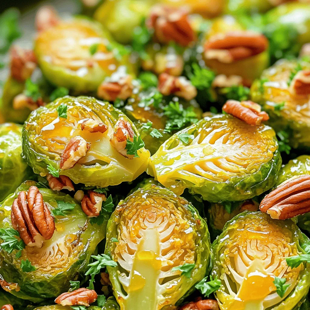 Für diese leckere Beilage benötigst du folgende Zutaten: - 450 g Rosenkohl, geputzt und halbiert - 3 Esslöffel Olivenöl - 2 Esslöffel Honig - 1 Esslöffel Dijon-Senf - 1 Teelöffel Apfelessig - Salz und Pfeffer nach Geschmack Diese Zutaten bilden die Basis für den Geschmack. Die Kombination aus Honig und Senf gibt dem Rosenkohl eine wunderbare süße und herzhafte Note. Du kannst das Rezept nach deinem Geschmack anpassen. Hier sind einige Ideen: - 60 g gehackte Pekannüsse (optional) - 1 Esslöffel frische Petersilie, gehackt (zum Garnieren) Die Pekannüsse bringen einen knusprigen Biss. Die Petersilie fügt frische Farbe hinzu und sieht toll aus. Achte beim Kauf auf frischen Rosenkohl. Die besten Rosenkohl-Köpfe sind: - Fest und glänzend - Dunkelgrün ohne braune Flecken - Klein bis mittelgroß, da sie zarter sind Frischer Rosenkohl schmeckt besser und hat mehr Nährstoffe. Wenn du die Wahl hast, nimm die besten Köpfe für dieses Gericht. Zuerst bereiten wir die Zutaten vor. Du brauchst 450 g Rosenkohl, der geputzt und halbiert ist. Dann nimm 3 Esslöffel Olivenöl, 2 Esslöffel Honig und 1 Esslöffel Dijon-Senf. Füge 1 Teelöffel Apfelessig sowie Salz und Pfeffer nach Geschmack hinzu. Wenn du magst, kannst du auch 60 g gehackte Pekannüsse verwenden. Diese geben einen tollen Crunch. Denk daran, 1 Esslöffel frische Petersilie zum Garnieren zu hacken. Heize deinen Ofen auf 200°C vor. Nimm eine große Schüssel und gib die halbierten Rosenkohl-Hälften hinein. Füge die restlichen 2 Esslöffel Olivenöl, Salz und Pfeffer hinzu. Mische alles gut. So werden die Hälften gleichmäßig mit dem Öl bedeckt. Verteile jetzt den Rosenkohl auf einem Backblech in einer einzigen Schicht. Röste den Rosenkohl für etwa 20 Minuten. Wende ihn nach der Hälfte der Zeit, damit er gleichmäßig goldbraun und zart wird. In einer kleinen Schüssel vermische den Honig, den Dijon-Senf, den Apfelessig und 1 Esslöffel Olivenöl. Rühre alles gut um, bis es gut kombiniert ist. Wenn der Rosenkohl fertig ist, nimm das Backblech aus dem Ofen und träufle die Honig-Senf-Mischung über die heißen Hälften. Mische alles gut, sodass jeder Rosenkohl gut ummantelt ist. Wenn du Pekannüsse verwendest, streue sie jetzt darüber. Stelle das Blech für weitere 5 Minuten in den Ofen, um die Nüsse leicht zu rösten. Garnieren kannst du das Gericht mit frischer, gehackter Petersilie. So einfach ist das! Du wirst sehen, wie lecker Honig-Senf Rosenkohl ist. Ein häufiger Fehler ist, die Rosenkohl-Hälften nicht gleichmäßig zu schneiden. Dadurch garen sie ungleichmäßig. Achten Sie darauf, dass alle Stücke etwa die gleiche Größe haben. Ein weiterer Fehler ist, die Honig-Senf-Sauce zu früh hinzuzufügen. Warten Sie bis zum Ende des Röstens, um den vollen Geschmack zu genießen. Die perfekte Garzeit für Rosenkohl liegt bei etwa 20 bis 25 Minuten. Rösten Sie sie bei 200°C. Wenden Sie die Hälften nach 10 Minuten, damit sie gleichmäßig garen. Sie sollten goldbraun und zart sein. Ein kleiner Tipp: Wenn Sie die Hälften länger rösten, bekommen sie mehr Geschmack. Um den Honig-Senf Rosenkohl schön zu präsentieren, nehmen Sie eine große, flache Servierplatte. Arrangieren Sie die Rosenkohl-Hälften gleichmäßig darauf. Streuen Sie einige ganze Pekannüsse darüber für einen schönen Kontrast. Garnieren Sie das Gericht mit frischer, gehackter Petersilie. So sieht Ihre Beilage gleich viel einladender aus. Für die vollständige Anleitung schauen Sie sich das [Full Recipe] an. {{image_4}} Du kannst Honig-Senf Rosenkohl leicht mit anderen Gemüsesorten kombinieren. Zum Beispiel passen Karotten oder Süßkartoffeln gut dazu. Schneide sie in kleine Stücke, damit sie gleichmäßig garen. Mische sie einfach mit dem Rosenkohl und der Honig-Senf-Sauce. Das gibt deinem Gericht mehr Farbe und Geschmack. Wenn du eine vegane Option suchst, ist das einfach. Ersetze den Honig durch Ahornsirup oder Agavendicksaft. Verwende dann die gleiche Menge wie im Rezept. Diese Alternativen bieten die süße Note, die du brauchst, ohne tierische Produkte. Die Sauce bleibt trotzdem lecker und cremig. Die Gewürze sind wichtig für den Geschmack. Du kannst die Menge von Salz und Pfeffer nach deinem Geschmack anpassen. Magst du es schärfer? Füge etwas Cayennepfeffer oder Paprika hinzu. Du kannst auch Knoblauchpulver oder Zwiebelpulver verwenden, um mehr Tiefe zu schaffen. Probiere einfach aus, was dir am besten schmeckt! Um übrig gebliebenen Rosenkohl zu lagern, lege ihn in einen luftdichten Behälter. Stelle sicher, dass der Behälter gut verschlossen ist. So bleibt der Rosenkohl frisch. Du kannst ihn im Kühlschrank aufbewahren. Er hält sich dort bis zu drei Tage. Die Honig-Senf-Sauce sollte ebenfalls in einem luftdichten Behälter aufbewahrt werden. Lagere die Sauce im Kühlschrank. Sie bleibt dort bis zu einer Woche gut. Wenn du die Sauce länger aufbewahren möchtest, kannst du sie einfrieren. Fülle sie in einen gefrierfesten Behälter und beschrifte ihn. So weißt du, wann du sie gemacht hast. Um Rosenkohl wieder aufzuwärmen, lege ihn auf ein Backblech. Heize deinen Ofen auf 180 °C vor. Röste den Rosenkohl für 10 bis 15 Minuten. So wird er warm und knusprig. Für die Honig-Senf-Sauce, erwärme sie sanft in einem kleinen Topf. Rühre dabei ständig um, um ein Anbrennen zu vermeiden. Wenn du die Sauce zu heiß machst, kann sie ihren Geschmack verlieren. Um Honig-Senf Rosenkohl von Grund auf zu machen, beginne mit frischem Rosenkohl. Du brauchst 450 g, die du putzen und halbieren solltest. Dann mische in einer Schüssel 3 Esslöffel Olivenöl, 2 Esslöffel Honig, 1 Esslöffel Dijon-Senf und 1 Teelöffel Apfelessig. Diese Mischung ist die geheime Zutat. Jetzt gib die halbierten Rosenkohl-Hälften in eine große Schüssel. Füge das restliche Olivenöl, Salz und Pfeffer hinzu. Mische alles gut durch. Verteile die Hälften auf einem Backblech und röste sie bei 200°C für etwa 20 Minuten. Nach dem Rösten träufel die Honig-Senf-Mischung über den heißen Rosenkohl. Das macht ihn lecker und knusprig. Du findest die vollständige Anleitung in meinem Rezept. Ja, Rosenkohl ist sehr gesund. Er ist reich an Vitaminen, Mineralstoffen und Ballaststoffen. Rosenkohl enthält viel Vitamin C, das das Immunsystem stärkt. Auch Vitamin K ist vorhanden, wichtig für die Knochen. Zudem hat er Antioxidantien, die den Körper schützen. Diese Nährstoffe helfen, Entzündungen zu senken und das Herz zu schützen. Rosenkohl ist auch kalorienarm, was ihn perfekt für eine gesunde Ernährung macht. Ja, du kannst gefrorene Rosenkohl-Hälften verwenden. Sie sind oft schon geputzt und halbiert. Achte darauf, sie vor der Verwendung nicht zu kochen. Röste sie einfach direkt aus dem Gefrierfach. Die Garzeit kann etwas länger sein, also überprüfe sie regelmäßig. So kannst du immer einen schnellen und gesunden Snack zubereiten. Du hast nun die Hauptzutaten und deren Variationen für Honig-Senf Rosenkohl kennengelernt. Ich habe wichtige Schritte zur Zubereitung und Lagerung geteilt. Du weißt auch, wie du häufige Fehler vermeidest und die Garzeiten optimierst. Denke daran, dass Präsentation zählt! Mit frischem Gemüse und passendem Essen kommt der Geschmack noch besser zur Geltung. Probiere die Variationen aus und passe sie an deinen Geschmack an. Jetzt bist du bereit, deinen Rosenkohl zu perfektionieren!