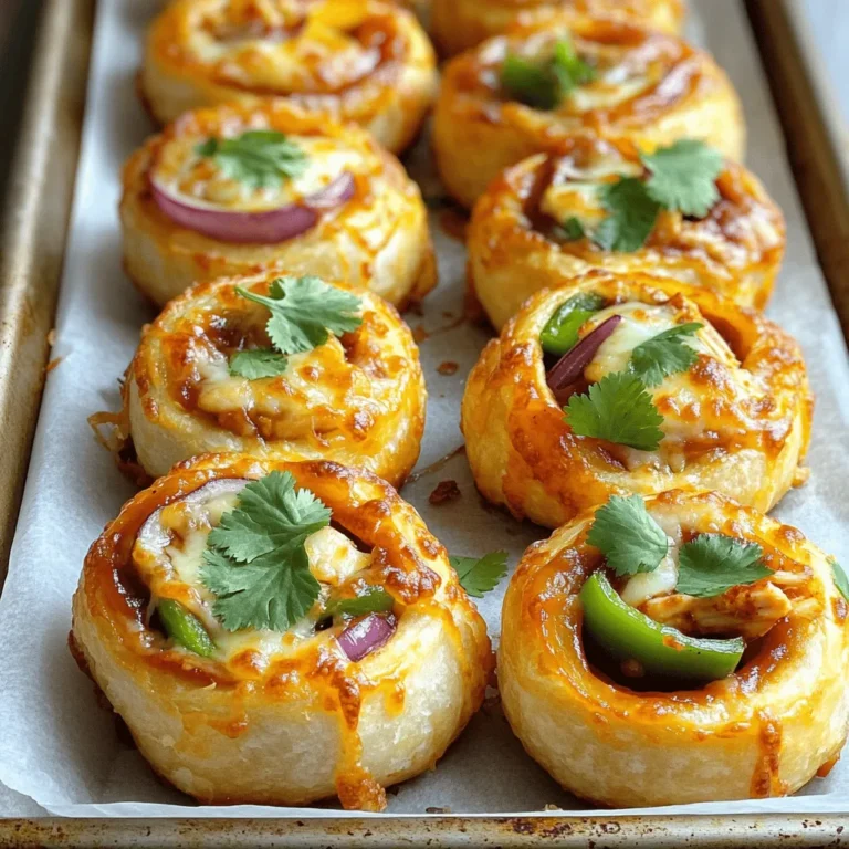 - Zerrupftes, gekochtes Hähnchen: Dies ist die Hauptzutat. Es gibt den Pizza-Rollen eine herzhafte Basis. - BBQ-Sauce: Diese Sauce sorgt für viel Geschmack und Feuchtigkeit. Sie macht die Rollen lecker und saftig. - Mozzarella-Käse: Der geschmolzene Käse sorgt für die perfekte Käsedecke und macht alles noch besser. - Rote Zwiebel: Diese Zwiebel bringt eine süße Note und einen tollen Crunch. - Grüne Paprika: Sie fügt Frische und eine schöne Farbe hinzu. Das Auge isst mit! - Gekühlter Pizzateig: Dieser Teig ist einfach zu handhaben und spart Zeit. Wenn du keinen hast, kannst du Blätterteig verwenden. - Selbstgemachter Pizzateig: Wenn du Zeit hast, mache deinen eigenen Teig. Das gibt den Rollen einen besonderen Touch. Für das vollständige Rezept, schau dir die [Full Recipe] an. Heize deinen Ofen auf 220°C (425°F) vor. Lege ein Backblech mit Backpapier aus. Das sorgt dafür, dass die Pizza-Rollen nicht kleben bleiben. Stelle sicher, dass alles bereit ist, bevor du beginnst. Nimm eine große Schüssel. Kombiniere darin das zerrupfte Hähnchen mit der BBQ-Sauce. Rühre gut um, bis das Hähnchen gleichmäßig bedeckt ist. Schmecke die Mischung mit Salz und Pfeffer ab. Du kannst die Menge nach deinem Geschmack anpassen. Rolle den Pizzateig auf einer leicht bemehlten Fläche aus. Mach den Teig etwa 0,6 cm dick und rechteckig. Verteile die BBQ-Hähnchen-Mischung gleichmäßig darauf, aber lass einen kleinen Rand frei. Streue den geriebenen Mozzarella-Käse, die gehackte rote Zwiebel und die gewürfelte grüne Paprika darüber. Beginne an einer kurzen Seite und rolle den Teig vorsichtig auf. Drücke die Naht gut zusammen und schneide die Enden ab. Teile die Rolle in 2,5 cm dicke Stücke. Lege die geschnittenen Stücke mit der Schnittseite nach oben auf das Backblech. Sprühe die Oberseiten leicht mit Kochspray ein und streiche sie mit Olivenöl für eine schöne Farbe. Backe die Pizza-Rollen im vorgeheizten Ofen für etwa 15-20 Minuten. Achte darauf, dass sie goldbraun sind und der Käse blubbert. Nimm das Blech aus dem Ofen und lass die Rollen etwas abkühlen. Garniere sie vor dem Servieren mit frisch gehacktem Koriander. Für das vollständige Rezept schau dir die [Full Recipe] an. Die Backzeit kann je nach Ofen variieren. Ein Gasofen kann anders backen als ein Elektroofen. Überprüfen Sie die Pizza-Rollen nach 15 Minuten. Wenn sie noch blass sind, lassen Sie sie etwas länger im Ofen. Die ideale Farbe ist goldbraun. Um den perfekten Gargrad zu erkennen, drücken Sie leicht auf die Rollen. Wenn sie fest sind und leicht nachgeben, sind sie fertig. Um den Geschmack zu verbessern, können Sie zusätzliche Gewürze verwenden. Knoblauchpulver passt gut zu BBQ-Sauce. Auch etwas geräuchertes Paprikapulver verleiht einen tollen Kick. Sie können verschiedene Käsesorten ausprobieren. Cheddar oder Gouda ergänzen den Mozzarella gut. Verschiedene Saucen erhöhen die Vielfalt. Ein Hauch von scharfer Sauce macht die Rollen würziger. Die Präsentation zählt! Servieren Sie die Pizza-Rollen auf einem schönen Teller. Ein paar frische Kräuter wie Basilikum oder Petersilie geben Farbe. Garnieren Sie mit einer Schale BBQ-Sauce zum Dippen. Das sieht einladend aus. Sie können die Rollen auch auf Spieße stecken. So wirken sie wie Fingerfood und sind leicht zu essen. Für die beste Wirkung setzen Sie die Garnitur direkt vor dem Servieren auf. Für das vollständige Rezept, schauen Sie bitte auf die [Full Recipe]. {{image_4}} Eine leckere vegetarische Version ist einfach. Ersetze das Hähnchen durch Gemüse. Du kannst zum Beispiel Zucchini, Pilze oder Spinat verwenden. Diese Gemüse geben einen tollen Geschmack und eine schöne Textur. Für die Sauce empfehle ich eine BBQ-Sauce ohne Fleischanteile. Du kannst auch eine würzige Tomatensauce probieren. Für den Käse sind Mozzarella oder Cheddar ideal. Sie schmelzen gut und machen die Rolle schön cremig. Du magst es scharf? Füge etwas Jalapeños zur Füllung hinzu. Sie bringen einen tollen Kick in die Pizza-Rollen. Du kannst auch scharfe BBQ-Sauce verwenden, um den Geschmack zu verstärken. Ein Tipp: Mische die BBQ-Sauce mit ein wenig scharfer Sauce. Das gibt eine schöne Balance zwischen süß und scharf. Probiere es aus und finde deinen perfekten BBQ-Geschmack! Süße und pikante Aromen passen gut zusammen. Füge Ananas oder gewürfelte Äpfel zur Mischung hinzu. Diese Früchte bringen Frische und eine süße Note. Kombiniere sie mit verschiedenen BBQ-Saucen, um neue Geschmäcker zu entdecken. Eine Honig-BBQ-Sauce passt besonders gut. So wird jede Biss ein Erlebnis! Um die übrig gebliebenen Pizza-Rollen richtig zu lagern, lassen Sie sie zuerst abkühlen. Legen Sie die Rollen dann in einen luftdichten Behälter. So bleibt die Feuchtigkeit erhalten und sie trocknen nicht aus. Sie können auch Frischhaltefolie verwenden, um sie einzuwickeln. Die Haltbarkeit im Kühlschrank beträgt etwa drei bis vier Tage. Achten Sie darauf, die Pizza-Rollen vor dem Verzehr auf ihre Frische zu prüfen. Bei Anzeichen von Verderb sollten sie nicht mehr gegessen werden. Wenn Sie die Pizza-Rollen länger aufbewahren möchten, können Sie sie einfrieren. Am besten frieren Sie die Rollen vor dem Backen ein. Wickeln Sie jede Rolle in Frischhaltefolie ein und legen Sie sie in einen Gefrierbeutel. So bleibt der Geschmack erhalten. Wenn Sie die gefrorenen Rollen auftauen möchten, legen Sie sie über Nacht in den Kühlschrank. So tauen sie schonend auf. Sie können die Pizza-Rollen auch direkt aus dem Gefrierfach backen. Achten Sie darauf, die Backzeit um einige Minuten zu verlängern, wenn Sie sie gefroren in den Ofen geben. Zum Aufwärmen der bereits gebackenen Pizza-Rollen können Sie den Ofen auf 180°C (350°F) vorheizen. Legen Sie die Rollen auf ein Backblech und erwärmen Sie sie für etwa 10 Minuten. So werden sie knusprig und lecker. Für die vollständige Anleitung, schauen Sie sich das [Full Recipe] an. BBQ Hähnchen Pizza-Rollen sind im Kühlschrank etwa 3 bis 4 Tage haltbar. Lagern Sie sie in einem luftdichten Behälter. Überprüfen Sie sie auf Geruch oder Schimmel, bevor Sie sie essen. Wenn sie unangenehm riechen oder anders aussehen, entsorgen Sie sie. Für die beste Frische genießen Sie sie so schnell wie möglich. Ja, Sie können die Pizza-Rollen im Voraus zubereiten. Rollen Sie den Teig und füllen Sie ihn. Wickeln Sie die Rollen dann in Frischhaltefolie und kühlen Sie sie. Sie können die Rollen bis zu 24 Stunden im Kühlschrank aufbewahren. Alternativ können Sie sie auch einfrieren. Lassen Sie sie einfach vor dem Backen etwas auftauen. Zu BBQ Hähnchen Pizza-Rollen passen viele Dips. Ranch-Dip ist sehr beliebt. Er bringt eine cremige Note. Blauschimmelkäse-Dip bietet eine würzige Ergänzung. Auch Guacamole oder Salsa sind gute Optionen. Tauchen Sie die Rollen in Ihre Lieblingssauce für extra Geschmack. In diesem Artikel haben wir die leckersten BBQ-Hähnchen-Pizza-Rollen besprochen. Wir schauten uns die Zutaten, die Zubereitung und viele nützliche Tipps an. Ob Vegetarier oder Liebhaber von scharfen Varianten, für jeden ist etwas dabei. Vergiss nicht, deine Pizza-Rollen kreativ zu präsentieren und die Reste gut aufzubewahren. So bleiben sie frisch und lecker. Ich hoffe, du bist bereit, deine Küche in ein BBQ-Paradies zu verwandeln!