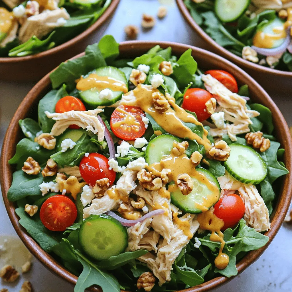 Für einen köstlichen Honig-Senf-Hühnchensalat benötigst du diese Hauptzutaten: - 2 Tassen gekochte Hähnchenbrust, zerrupft - 4 Tassen gemischte Blattsalate (Rucola, Spinat und Romana) - 1 Tasse Kirschtomaten, halbiert - 1/2 Gurke, in Scheiben geschnitten - 1/4 rote Zwiebel, dünn geschnitten - 1/4 Tasse Walnüsse, gehackt - 1/4 Tasse Feta-Käse, zerbröselt - 2 Esslöffel Honig - 3 Esslöffel Dijon-Senf - 2 Esslöffel Olivenöl - Salz und Pfeffer nach Geschmack Diese Zutaten geben deinem Salat frische und tolle Aromen. Das zerrupfte Hähnchen sorgt für Protein und die Blattsalate bringen Crunch. Du kannst den Salat noch besser machen, indem du einige optionale Zutaten hinzufügst: - Avocado, in Würfel geschnitten - Paprika, in Streifen geschnitten - Mais, frisch oder aus der Dose - Essiggurken, klein gewürfelt Diese Zutaten bringen mehr Geschmack und Textur. Die Avocado macht den Salat cremiger. Hier sind einige Tipps, um frische Zutaten auszuwählen: - Wähle Hähnchenbrust, die frisch aussieht und keinen unangenehmen Geruch hat. - Achte darauf, dass die Blattsalate knackig sind und eine leuchtende Farbe haben. - Die Kirschtomaten sollten fest und glänzend sein. - Gurken sollten fest sein und keine weichen Stellen haben. Frische Zutaten machen deinen Salat geschmackvoller. Achte auf die Qualität, um das Beste aus deinem Gericht herauszuholen. Wenn du diese Zutaten in deine Einkaufsliste schreibst, wirst du großartige Ergebnisse erzielen. Zuerst sammeln Sie alle Zutaten für den Honig-Senf-Hühnchensalat. Das macht die Zubereitung leichter. Sie benötigen: - 2 Tassen gekochte Hähnchenbrust, zerrupft - 4 Tassen gemischte Blattsalate (Rucola, Spinat und Romana) - 1 Tasse Kirschtomaten, halbiert - 1/2 Gurke, in Scheiben geschnitten - 1/4 rote Zwiebel, dünn geschnitten - 1/4 Tasse Walnüsse, gehackt - 1/4 Tasse Feta-Käse, zerbröselt Waschen Sie das Gemüse gut. Schneiden Sie die Zwiebel dünn. Halten Sie alles bereit, um schnell zu arbeiten. Nun kommt das Dressing. In einer kleinen Schüssel mischen Sie: - 2 Esslöffel Honig - 3 Esslöffel Dijon-Senf - 2 Esslöffel Olivenöl - Salz und Pfeffer nach Geschmack Schlagen Sie die Mischung gut durch. Es sollte eine glatte, cremige Konsistenz haben. Das Dressing gibt dem Salat viel Geschmack. Jetzt stellen wir den Salat zusammen. Nehmen Sie eine große Schüssel. Fügen Sie die gemischten Blattsalate als Basis ein. Verteilen Sie das zerrupfte Hähnchen gleichmäßig darüber. Fügen Sie dann die halbierten Kirschtomaten, Gurkenscheiben und die rote Zwiebel hinzu. Streuen Sie die gehackten Walnüsse und den zerbröselten Feta-Käse gleichmäßig darauf. Träufeln Sie das Honig-Senf-Dressing über den Salat. Mischen Sie alles vorsichtig, bis die Zutaten gut bedeckt sind. Ein guter Serviervorschlag ist, den Salat in einzelnen Schüsseln zu servieren. Garnieren Sie ihn mit ganzen Walnüssen und einem zusätzlichen Spritzer Dressing. So sieht der Salat nicht nur gut aus, sondern schmeckt auch köstlich! Um einen perfekten Honig-Senf-Hühnchensalat zu machen, gibt es einige Fehler, die Sie vermeiden sollten. Stellen Sie sicher, dass das Hähnchen gut gekocht und zerrupft ist. Wenn das Hähnchen zu trocken ist, wird der Salat weniger schmackhaft. Überladen Sie den Salat nicht mit zu vielen Zutaten. Halten Sie die Balance zwischen den Geschmacksrichtungen. Zu viel Dressing kann den Salat matschig machen. Fügen Sie das Dressing langsam hinzu und probieren Sie es zwischendurch. Um den Geschmack zu verstärken, können Sie einige einfache Tricks anwenden. Rösten Sie die Walnüsse leicht in einer Pfanne. Dadurch wird ihr Aroma intensiver. Fügen Sie etwas frisch gepressten Zitronensaft für eine spritzige Note hinzu. Frische Kräuter wie Petersilie oder Schnittlauch bringen Farbe und Geschmack. Experimentieren Sie auch mit verschiedenen Senfsorten. Ein scharfer Senf kann dem Salat mehr Tiefe geben. Die Präsentation ist wichtig, besonders bei einem so bunten Salat. Servieren Sie den Salat in schönen Schüsseln. Garnieren Sie ihn mit ganzen Walnüssen und einem Spritzer Honig-Senf-Dressing. Dies macht den Salat ansprechender. Achten Sie darauf, die Zutaten gleichmäßig zu verteilen. So sieht jeder Teller toll aus. Nutzen Sie frische Blätter als Bett für den Salat. Das sorgt für einen schönen Kontrast. {{image_4}} Sie möchten weniger Kohlenhydrate? Kein Problem! Verwenden Sie anstelle von Hähnchen Brustfilets. Diese haben weniger Kohlenhydrate und sind sehr lecker. Ersetzen Sie die Walnüsse durch Mandeln für einen knusprigen Biss. Außerdem können Sie den Feta-Käse durch Avocado ersetzen. Avocado gibt eine cremige Textur und ist gesund. Für eine vegane Version tauschen Sie das Hähnchen gegen Kichererbsen oder geräucherten Tofu aus. Diese Zutaten sind reich an Protein und geben dem Salat einen tollen Geschmack. Nutzen Sie Agavendicksaft anstelle von Honig für das Dressing. So bleibt der Salat süß und vegan. Fügen Sie auch geröstete Sonnenblumenkerne hinzu. Sie bringen Crunch und Nährstoffe. Fügen Sie saisonale Zutaten hinzu, um den Salat spannend zu gestalten. Im Frühling sind Spargel und Radieschen frisch und lecker. Im Sommer können Sie Pfirsiche oder Beeren verwenden. Im Herbst sind geröstete Kürbiswürfel eine tolle Ergänzung. Im Winter passen Äpfel und Nüsse gut. Diese Variationen machen den Salat das ganze Jahr über interessant und köstlich. Um den Honig-Senf-Hühnchensalat frisch zu halten, lagern Sie ihn in einem luftdichten Behälter. Achten Sie darauf, das Dressing getrennt zu halten, bis Sie bereit sind, zu essen. Dies verhindert, dass der Salat matschig wird. Verwenden Sie Glas- oder Kunststoffbehälter mit einem guten Verschluss. Der Salat bleibt frisch, wenn Sie ihn richtig lagern. Im Kühlschrank hält er etwa 3 bis 4 Tage. Überprüfen Sie vor dem Essen immer die Frische der Zutaten. Wenn Sie Veränderungen in Geruch oder Aussehen bemerken, entsorgen Sie den Salat lieber. Wenn Sie Reste haben, können Sie diese einfach auffrischen. Fügen Sie ein wenig frischen Salat hinzu, um die Textur zu verbessern. Ein Spritzer frisches Dressing kann auch helfen, den Geschmack zu beleben. Wenn das Hähnchen trocken erscheint, können Sie es kurz in der Mikrowelle erwärmen. So bleibt der Salat schmackhaft und lecker. Um Honig-Senf-Hühnchensalat als Meal Prep zu machen, bereiten Sie die Zutaten im Voraus vor. Kochen Sie das Hähnchen und schneiden Sie das Gemüse. Legen Sie die Blattsalate in einen großen Behälter. Teilen Sie die anderen Zutaten in separate Behälter auf. So bleibt alles frisch und knusprig. Bereiten Sie das Dressing in einer kleinen Flasche vor. Fügen Sie es erst kurz vor dem Essen hinzu. So bleibt der Salat frisch und lecker. Ja, Sie können andere Proteine nutzen. Anstelle von Hähnchen können Sie Putenbrust oder sogar Tofu verwenden. Gegrillter Lachs passt auch gut zu diesem Salat. Diese Optionen bringen neue Geschmäcker und Texturen. Achten Sie darauf, die Garzeiten anzupassen. So stellen Sie sicher, dass alles gut gekocht ist. Zu Honig-Senf-Hühnchensalat passen viele leckere Beilagen. Ein knuspriges Baguette oder ein Stück Vollkornbrot sind ideal. Sie können auch frisches Obst wie Äpfel oder Trauben servieren. Diese Beilagen ergänzen die Aromen des Salats. Wenn Sie etwas Warmes möchten, probieren Sie gebratene Süßkartoffeln. Diese sind nahrhaft und passen gut zu dem Salat. Dieser Honig-Senf-Hühnchensalat ist einfach und lecker. Wir haben die Hauptzutaten, die Zubereitung und viele Tipps besprochen. Du hast nun Ideen für Variationen und Aufbewahrung. Achte darauf, frische Zutaten zu wählen. So bleibt der Salat frisch und schmackhaft. Nutze die Tipps zur Präsentation, um ihn gut aussehen zu lassen. Jetzt liegt es an dir, das Rezept auszuprobieren und zu genießen!