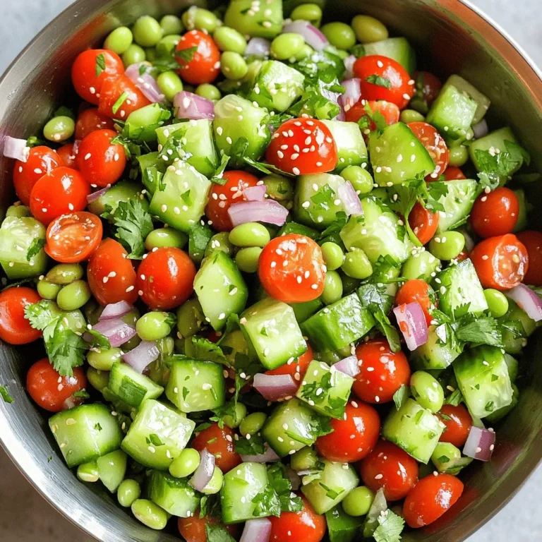 - 1 Tasse geschälte Edamame (frisch oder gefroren) - 1 große Gurke, gewürfelt - 1 Tasse Kirschtomaten, halbiert - 1/4 rote Zwiebel, fein gehackt - 1/4 Tasse frischer Koriander, grob gehackt - 2 Esslöffel Sesamöl - 1 Esslöffel Reisessig - 1 Esslöffel Sojasauce - 1 Teelöffel Honig oder Agavensirup - Salz und Pfeffer nach Geschmack - Sesamsamen zum Garnieren Beim Zubereiten eines Edamame Gurkensalats ist es wichtig, frische Zutaten zu verwenden. Edamame sind reich an Proteinen und geben dem Salat einen tollen Biss. Die Gurke sorgt für eine knackige Textur, während die Kirschtomaten süß und saftig sind. Rote Zwiebeln fügen einen milden Zwiebelgeschmack hinzu, und Koriander bringt frische Aromen. Das Sesamöl und das Dressing aus Reisessig und Sojasauce verleihen dem Salat ein asiatisches Flair. Die Kombination aus Honig oder Agavensirup balanciert die Säure perfekt. Vergessen Sie nicht, mit Salz und Pfeffer abzuschmecken. Für mehr Details und die vollständige Zubereitung, schauen Sie sich das [Full Recipe] an. Zuerst bereiten wir die Edamame vor. Wenn Sie gefrorene Edamame verwenden, kochen Sie diese nach den Anweisungen auf der Packung. Lassen Sie die gekochten Edamame dann abkühlen. Danach gut abtropfen und beiseite stellen. Jetzt machen wir die Gemüsemischung. Nehmen Sie eine große Rührschüssel. Fügen Sie die gewürfelte Gurke, halbierten Kirschtomaten und die fein gehackte rote Zwiebel hinzu. Vermengen Sie alles gut mit einem Löffel. Für das Dressing benötigen Sie eine kleine Schüssel. Mischen Sie 2 Esslöffel Sesamöl, 1 Esslöffel Reisessig, 1 Esslöffel Sojasauce und 1 Teelöffel Honig oder Agavensirup. Rühren Sie diese Zutaten gut um, bis sie sich verbinden. Fügen Sie die abgekühlten Edamame und den grob gehackten Koriander zur Gemüsemischung hinzu. Gießen Sie das vorbereitete Dressing über den Salat. Mischen Sie alles vorsichtig, damit die Zutaten gleichmäßig benetzt sind. Jetzt kommt der wichtige Schritt des Würzens. Schmecken Sie den Salat mit Salz und Pfeffer ab. Lassen Sie ihn für etwa 10 Minuten ruhen. So können die Aromen gut durchziehen. Vor dem Servieren garnieren Sie den Salat mit Sesamsamen. Diese geben dem Salat einen schönen Crunch und sehen toll aus. Für die vollständige Zubereitung schauen Sie sich das Full Recipe an. Ich empfehle, frisches Edamame zu nutzen, wenn möglich. Frisches Edamame hat mehr Geschmack und Textur. Es ist knackiger und gibt dem Salat einen tollen Biss. Wenn du gefrorenes Edamame verwendest, koche es nach den Anweisungen. Lasse es danach gut abkühlen. So bleibt der Salat frisch und lecker. Um Zeit zu sparen, kannst du einige Schritte im Voraus machen. Schneide die Gurke und die Kirschtomaten am Vortag. Bewahre sie in einem Behälter im Kühlschrank auf. Das Edamame kannst du ebenfalls vorbereiten. So bist du schnell bereit, den Salat zusammenzustellen. Um den Geschmack noch besser zu machen, füge zusätzliche Gewürze und Kräuter hinzu. Ein Spritzer Limettensaft gibt dem Salat Frische. Frischer Dill oder Petersilie passen auch gut dazu. Experimentiere mit verschiedenen Zutaten, um deinen eigenen Geschmack zu finden. {{image_4}} Für ein veganes Dressing wähle einfach Sojasauce und Reisessig. Du kannst auch Tahini nutzen. Es gibt viele Optionen, die den Geschmack verbessern. Mische Olivenöl mit Zitronensaft für einen frischen Touch. Diese Kombination bleibt leicht und lecker. Du kannst den Salat mit leckeren Zutaten erweitern. Füge Avocado für eine cremige Textur hinzu. Paprika bringt Farbe und einen süßen Crunch. Feta gibt dem Salat einen salzigen Kick. Probiere verschiedene Kombinationen aus, um deinen Favoriten zu finden. Die Gewürze machen einen großen Unterschied im Geschmack. Für einen würzigeren Salat nutze Chilipulver oder Sriracha. Wenn du es süßer magst, füge mehr Honig oder Agavensirup hinzu. Experimentiere mit verschiedenen Dressings, um neue Aromen zu entdecken. Lagern Sie den Edamame Gurkensalat in einem luftdichten Behälter. So bleibt der Salat frisch. Achten Sie darauf, dass keine Luft eindringen kann. Das schützt die Aromen und die Textur. Der Salat bleibt im Kühlschrank etwa drei Tage frisch. Essen Sie ihn innerhalb dieser Zeit für den besten Geschmack. Nach drei Tagen kann der Salat an Knackigkeit verlieren. Wenn der Salat etwas trocken wirkt, fügen Sie bei Bedarf mehr Dressing hinzu. Ein Spritzer Reisessig kann auch helfen, die Aromen zu beleben. So schmeckt der Salat wie frisch zubereitet. Um einen köstlichen Edamame Gurkensalat zu machen, folge dieser Schritt-für-Schritt-Anleitung: 1. Wenn du gefrorene Edamame verwendest, koche sie gemäß den Anweisungen auf der Verpackung. 2. Lass die Edamame danach unter kaltem Wasser abkühlen und gut abtropfen. 3. In einer großen Schüssel würfel eine große Gurke und halbiere eine Tasse Kirschtomaten. 4. Füge eine fein gehackte rote Zwiebel hinzu. 5. Gib die abgekühlten Edamame und grob gehackten Koriander dazu. 6. Mische in einer kleinen Schüssel 2 Esslöffel Sesamöl, 1 Esslöffel Reisessig und 1 Esslöffel Sojasauce. 7. Rühre 1 Teelöffel Honig oder Agavensirup ein. 8. Gieße das Dressing über den Salat und vermenge alles gut. 9. Würze mit Salz und Pfeffer nach Geschmack und lasse den Salat 10 Minuten ruhen. 10. Vor dem Servieren mit Sesamsamen garnieren. Der Edamame Gurkensalat hält sich im Kühlschrank für etwa 2 bis 3 Tage. Bewahre ihn in einem luftdichten Behälter auf, um die Frische zu erhalten. Achte darauf, den Salat nicht zu lange stehen zu lassen, da die Gurken Wasser verlieren können. Ja, du kannst den Edamame Gurkensalat im Voraus zubereiten. Bereite den Salat bis zum Schritt mit dem Dressing vor. Lagere die Zutaten getrennt, besonders das Dressing. Füge das Dressing kurz vor dem Servieren hinzu, um den besten Geschmack zu erhalten. So bleiben die Zutaten frisch und knackig. Ja, dieser Salat ist glutenfrei, sofern du glutenfreie Sojasauce verwendest. Standard-Sojasauce enthält Weizen, also achte darauf, eine glutenfreie Variante zu wählen. So kannst du diesen leckeren Salat ohne Bedenken genießen. Der Edamame Gurkensalat ist eine gesunde, leckere Wahl. Du hast gelernt, welche Zutaten wichtig sind und wie du sie zubereitest. Ich hoffe, die Tipps helfen dir, Zeit zu sparen und den Geschmack zu verbessern. Variiere das Rezept, um neue Aromen zu entdecken. Denk daran, den Salat richtig zu lagern, damit er frisch bleibt. So bleibt dein Essen nahrhaft und schmackhaft. Viel Spaß beim Ausprobieren und Genießen!