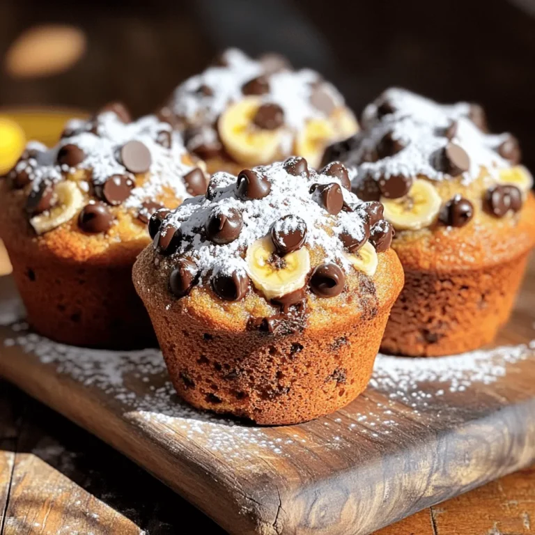 Für die Schokoladen-Bananen-Muffins brauche ich eine einfache Liste: - 3 reife Bananen, püriert - 80 ml geschmolzenes Kokosöl - 100 g brauner Zucker - 1 großes Ei, verquirlt - 1 Teelöffel Vanilleextrakt - 1 Teelöffel Backnatron - 1/4 Teelöffel Salz - 1 Teelöffel gemahlener Zimt - 125 g Weizenmehl - 90 g Schokoladenstückchen - 30 g gehackte Walnüsse (optional) Diese Zutaten machen die Muffins weich und süß. Die reifen Bananen geben ihnen Geschmack und Feuchtigkeit. Kokosöl sorgt für einen tollen Duft. Der braune Zucker macht die Muffins karamellig und süß. Wenn du keine Walnüsse magst, kannst du sie weglassen. Du kannst auch andere Nüsse oder Samen verwenden. Für eine glutenfreie Version nimm einfach glutenfreies Mehl. Statt Kokosöl kannst du auch Sonnenblumenöl nehmen. Das gibt den Muffins einen anderen Geschmack, aber sie bleiben lecker. Für die Zubereitung der Muffins brauchst du einige wichtige Utensilien: - Eine große Rührschüssel - Ein Muffinblech - Papierförmchen oder Kochspray - Ein Mixer oder Schneebesen - Ein Teelöffel und eine Küchenwaage Diese Utensilien helfen dir, die Muffins einfach und schnell zu machen. Das Muffinblech sorgt dafür, dass die Muffins gleichmäßig backen. Die Rührschüssel ist perfekt, um alle Zutaten gut zu vermischen. Du kannst die Muffins auch wunderbar in eine schöne Form bringen. Wenn du mehr über die Zubereitung erfahren möchtest, schau dir das Full Recipe an! Zuerst heizen Sie den Ofen auf 175°C vor. Bereiten Sie ein Muffinblech vor. Verwenden Sie Papierförmchen oder fetten Sie es mit Kochspray ein. Dies hilft, die Muffins nach dem Backen leicht zu entfernen. Stellen Sie alle Zutaten bereit. So haben Sie alles zur Hand. Nehmen Sie eine große Rührschüssel. Pürieren Sie drei reife Bananen, bis sie glatt sind. Fügen Sie 80 ml geschmolzenes Kokosöl hinzu. Rühren Sie gut um, bis alles gut vermischt ist. Geben Sie 100 g braunen Zucker, ein großes verquirltes Ei und 1 Teelöffel Vanilleextrakt dazu. Mischen Sie alles, bis die Masse schön glatt ist. In einer anderen Schüssel vermengen Sie 1 Teelöffel Backnatron, 1/4 Teelöffel Salz, 1 Teelöffel Zimt und 125 g Weizenmehl. Fügen Sie die trockenen Zutaten langsam zur Bananenmischung hinzu. Rühren Sie sanft, bis alles verbunden ist. Es ist okay, wenn noch kleine Klümpchen bleiben. Heben Sie 90 g Schokoladenstückchen und 30 g gehackte Walnüsse unter, falls Sie diese verwenden möchten. Füllen Sie den Teig gleichmäßig in die Muffinförmchen. Jede Form sollte etwa zu zwei Dritteln gefüllt sein. Backen Sie die Muffins im vorgeheizten Ofen. Die Backzeit beträgt 18 bis 22 Minuten. Überprüfen Sie den Gargrad mit einem Zahnstocher. Er sollte sauber oder mit ein paar feuchten Krümeln herauskommen. Lassen Sie die Muffins etwa 5 Minuten im Blech abkühlen. Danach legen Sie sie auf ein Kuchengitter, um sie vollständig abzukühlen. Für mehr Genuss, servieren Sie die Muffins warm mit Puderzucker bestäubt. Einer der häufigsten Fehler ist das Übermixen des Teigs. Mischen Sie die trockenen und feuchten Zutaten nur, bis sie zusammenkommen. Ein paar Klümpchen sind gut. Ein weiterer Fehler ist, die Muffins zu früh aus dem Ofen zu nehmen. Prüfen Sie mit einem Zahnstocher, ob sie durchgebacken sind. Wenn der Zahnstocher sauber ist oder nur ein paar Krümel hat, sind die Muffins fertig. Um die perfekte Konsistenz zu erreichen, verwenden Sie sehr reife Bananen. Sie geben mehr Feuchtigkeit und Geschmack. Das geschmolzene Kokosöl sorgt für einen schönen, feuchten Teig. Achten Sie darauf, das Mehl richtig abzumessen. Zu viel Mehl macht die Muffins trocken. Wenn Sie einen leichten, luftigen Muffin wollen, lassen Sie den Teig nach dem Mischen kurz ruhen. Schokoladenstückchen sind der Star der Muffins. Sie können Vollmilch-, Zartbitter- oder weiße Schokolade verwenden. Für einen besonderen Kick probieren Sie gesalzene Karamellstückchen oder Nussstückchen. Wenn Sie es fruchtiger mögen, fügen Sie auch getrocknete Früchte wie Cranberries oder Aprikosen hinzu. So wird jede Charge einzigartig und lecker. Für das beste Ergebnis, verwenden Sie die Schokoladenstückchen direkt aus dem Kühlschrank. So bleiben sie beim Backen schön fest. Diese Tipps und Tricks helfen Ihnen, perfekte Schokoladen-Bananen-Muffins zu backen. Schauen Sie sich das Full Recipe an, um das gesamte Rezept zu sehen. {{image_4}} Wenn du einen gesünderen Snack suchst, probiere Vollkornmehl. Es hat mehr Ballaststoffe als normales Mehl. Das macht die Muffins nahrhafter und sättigender. Du kannst das Weizenmehl einfach durch Vollkornmehl ersetzen. Die Muffins bleiben saftig und lecker. Für eine vegane Variante, lasse das Ei weg. Ersetze es durch einen Esslöffel Chiasamen oder Leinsamen, die in Wasser eingeweicht sind. Das gibt der Mischung die nötige Bindung. Verwende auch pflanzliches Öl anstelle von Kokosöl. So sind die Muffins für alle geeignet. Du kannst die Muffins nach deinem Geschmack anpassen. Füge zum Beispiel Nüsse oder Trockenfrüchte hinzu. Magst du es schokoladiger? Nimm mehr Schokoladenstückchen. Für einen besonderen Kick, probiere Gewürze wie Muskatnuss oder Ingwer. Das macht die Muffins spannend und einzigartig. Mit diesen Variationen kannst du immer wieder neue Geschmäcker entdecken. Für das vollständige Rezept schau dir die [Full Recipe] an. Um die Frische Ihrer Schokoladen-Bananen-Muffins zu erhalten, lagern Sie sie in einem luftdichten Behälter. Dies hilft, die Feuchtigkeit zu bewahren und das Austrocknen zu verhindern. Stellen Sie sicher, dass die Muffins vollständig abgekühlt sind, bevor Sie sie lagern. So vermeiden Sie Kondensation, die die Muffins matschig machen kann. Lagern Sie sie bei Raumtemperatur, wenn Sie sie innerhalb von drei bis vier Tagen essen möchten. Das Einfrieren ist eine großartige Option, um Muffins länger haltbar zu machen. Lassen Sie die Muffins vollständig abkühlen, und wickeln Sie sie dann einzeln in Frischhaltefolie. Legen Sie die eingewickelten Muffins in einen Gefrierbeutel oder einen luftdichten Behälter. So bleiben sie bis zu drei Monate frisch. Wenn Sie bereit sind, einen Muffin zu genießen, lassen Sie ihn einfach bei Raumtemperatur auftauen oder erwärmen Sie ihn kurz in der Mikrowelle. Die Haltbarkeit von Schokoladen-Bananen-Muffins beträgt etwa drei bis vier Tage bei Raumtemperatur. Wenn Sie sie richtig lagern, bleiben sie frisch und lecker. Achten Sie darauf, Muffins mit sichtbaren Schimmelstellen sofort zu entsorgen. Wenn die Muffins nach ein paar Tagen schal oder trocken schmecken, ist es Zeit, neue zu backen. Um die Aromen und die Textur zu bewahren, empfiehlt es sich, immer die beste Lagerung zu wählen. Die Muffins bleiben frisch, wenn du sie richtig lagerst. Du kannst sie in einem luftdichten Behälter aufbewahren. So bleiben sie bis zu fünf Tage köstlich. Wenn du die Muffins länger aufbewahren möchtest, friere sie ein. In einem Gefrierbeutel halten sie bis zu drei Monate. Ja, du kannst die Muffins glutenfrei machen. Ersetze das Weizenmehl durch glutenfreies Mehl. Achte darauf, dass das Mehl für Backwaren geeignet ist. Es gibt viele glutenfreie Mischungen, die gut funktionieren. Du kannst auch Mandelmehl oder Hafermehl ausprobieren. Die Konsistenz kann leicht anders sein, aber der Geschmack bleibt lecker. Es gibt viele Wege, die Muffins besonders zu machen. Füge Nüsse oder getrocknete Früchte hinzu. Zum Beispiel passen Walnüsse oder Cranberries gut. Du kannst auch verschiedene Schokoladensorten verwenden. Zartbitter, Vollmilch oder weiße Schokolade bringen neuen Geschmack. Ein Hauch von Karamell oder einer Prise Meersalz macht sie noch besser. Entdecke deine eigenen Kombinationen! Zusammenfassend haben wir die Hauptzutaten und Utensilien für köstliche Schokoladen-Bananen-Muffins besprochen. Ich habe auch Tipps zur Zubereitung und Lagerung gegeben. Variationen wie gesunde oder vegane Versionen zeigen, dass jeder etwas findet. Vermeide häufige Fehler, um das beste Ergebnis zu erzielen. Denke daran, dass frisch gebackene Muffins am besten schmecken. Nutze diese Tipps, um deine Muffins zu einem Hit zu machen!