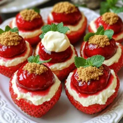 - 16 große Erdbeeren - 225 Gramm Frischkäse, weich - 60 Gramm Puderzucker - 1 Teelöffel Vanilleextrakt - 120 Milliliter Kirschkuchenfüllung - 30 Gramm Graham-Cracker-Brösel - Frische Minzblätter zur Garnierung (optional) Die Hauptzutaten bilden die Basis für die köstlichen Cherry Cheesecake Stuffed Strawberries. Beginnen wir mit den Erdbeeren. Wählen Sie große, reife Erdbeeren. Diese sollten frisch und saftig sein. Der Frischkäse bringt die cremige Textur. Nutzen Sie weichen Frischkäse, damit die Füllung glatt wird. Puderzucker fügt die nötige Süße hinzu. Zusätzlich benötigen wir Vanilleextrakt. Dieser verleiht der Füllung einen feinen Geschmack. Die Kirschkuchenfüllung macht das Rezept besonders. Sie sorgt für die fruchtige Note. Graham-Cracker-Brösel geben der Füllung den typischen Cheesecake-Geschmack. Minzblätter sind eine schöne Garnitur. Sie bringen Frische und Farbe auf den Teller. Für das vollständige Rezept schauen Sie sich die [Full Recipe] an. Um die Erdbeeren vorzubereiten, waschen Sie sie unter kaltem Wasser. Entfernen Sie die grünen Stängel vorsichtig. Schneiden Sie die Spitze jeder Erdbeere ab, damit sie stabil stehen kann. Eine flache Basis hilft, die gefüllten Erdbeeren besser zu präsentieren. Für die Füllung vermengen Sie den weichen Frischkäse mit Puderzucker und Vanilleextrakt. Schlagen Sie die Mischung, bis sie glatt und cremig ist. Jetzt fügen Sie die Kirschkuchenfüllung hinzu. Mischen Sie alles gut, damit die Aromen sich verbinden. Jetzt kommen wir zum spannenden Teil – dem Füllen! Nehmen Sie ein kleines, scharfes Messer und höhlen Sie vorsichtig das Innere jeder Erdbeere aus. Achten Sie darauf, die äußere Wand nicht zu beschädigen. Verwenden Sie einen Spritzbeutel oder einen kleinen Löffel, um jede Erdbeere mit der Frischkäsefüllung zu füllen. Um das Ganze abzurunden, setzen Sie einen kleinen Löffel Kirschkuchenfüllung auf jede gefüllte Erdbeere. Ein Hauch von Graham-Cracker-Bröseln verleiht den gefüllten Erdbeeren eine schöne Textur. Diese süßen Leckerbissen sind dann bereit zum Servieren! Schauen Sie sich das vollständige Rezept an, um alle Schritte im Detail zu sehen. Um die Füllung perfekt zu machen, überprüfen Sie die Konsistenz der Mischung. Sie sollte glatt und cremig sein, jedoch nicht zu flüssig. Wenn die Mischung zu dick ist, fügen Sie etwas mehr Frischkäse hinzu. Für zusätzlichen Geschmack können Sie die Aromen variieren. Versuchen Sie, etwas Zitronensaft oder Mandelextrakt hinzuzufügen. Diese kleinen Änderungen machen einen großen Unterschied. Die Präsentation ist wichtig. Arrangieren Sie die gefüllten Erdbeeren auf einer servierfertigen Platte. Dies sorgt für einen tollen Anblick. Verwenden Sie frische Minzblätter zur Dekoration. Diese grünen Blätter bringen Farbe und Frische auf den Tisch. Ein schöner Anblick macht das Essen noch besser. Wenn Sie die Erdbeeren im Voraus vorbereiten möchten, lagern Sie die ungefüllten Erdbeeren richtig. Bewahren Sie sie im Kühlschrank auf, um sie frisch zu halten. Schneiden Sie die Spitzen ab, damit sie stabil stehen. So bleiben sie länger frisch und bereit zum Füllen. Wenn Sie die Füllung im Voraus machen, lagern Sie sie in einem luftdichten Behälter im Kühlschrank. {{image_4}} Wenn Sie etwas anderes probieren möchten, können Sie die Füllung ändern. Nutella oder Schokoladencreme sind köstliche Optionen. Diese Schokoladensorten bringen einen neuen Geschmack in das Rezept. Wenn Sie eine leichtere Option suchen, können Sie Joghurt verwenden. Joghurt ist frisch und gibt einen tollen Geschmack. Es passt auch gut zu den Erdbeeren. Erdbeeren sind großartig, aber Sie können auch andere Früchte verwenden. Himbeeren oder Blaubeeren sind tolle Alternativen. Diese Beeren bringen mehr Farbe und Frische. Sie können sogar eine fruchtige Kombination aus verschiedenen Beeren machen. Das sorgt für mehr Vielfalt und Spaß beim Essen. Für eine glutenfreie Variante können Sie glutenfreie Esskrümel verwenden. Diese sind leicht zu finden und einfach zu benutzen. Sie geben der Füllung den gleichen tollen Crunch wie die normalen Krümel. So können auch Menschen mit Glutenunverträglichkeit diese leckeren Snacks genießen. Probieren Sie diese Variationen aus und entdecken Sie neue Geschmäcker! Für das vollständige Rezept, sehen Sie sich bitte den Abschnitt Full Recipe an. Die gefüllten Erdbeeren müssen im Kühlschrank aufbewahrt werden. Dies schützt sie vor dem Austrocknen. Sie bleiben frisch für 1-2 Tage. Lagern Sie sie in einem luftdichten Behälter, um die Feuchtigkeit zu bewahren. Lagern Sie die Zutaten getrennt. Frischkäse bleibt am besten, wenn man ihn im Kühlschrank aufbewahrt. Wählen Sie einen hochwertigen Frischkäse für den besten Geschmack. Kirschkuchenfüllung sollte ebenfalls gut verschlossen werden. Graham-Cracker-Brösel in einem trockenen Behälter lagern, um sie knusprig zu halten. Die Füllung ist gefrierbar. Teilen Sie die Füllung in Portionen auf und legen Sie sie in einen sicheren Gefrierbehälter. Zum Auftauen legen Sie die Füllung einfach in den Kühlschrank. Lassen Sie sie über Nacht dort. Dann können Sie die gefüllten Erdbeeren frisch zubereiten. Um die Erdbeeren vorzubereiten, waschen Sie sie gut unter kaltem Wasser. Entfernen Sie die grünen Stängel. Schneiden Sie die Spitze jeder Erdbeere ab, damit sie stabil steht. Lagern Sie die Erdbeeren dann in einem luftdichten Behälter im Kühlschrank. So bleiben sie frisch und knackig. Ja, die Füllung ist sehr flexibel! Sie können Nutella oder Schokoladencreme verwenden. Für eine leichtere Option probieren Sie griechischen Joghurt. Auch Fruchtpüree kann eine tolle Ergänzung sein. Seien Sie kreativ und finden Sie Ihren Lieblingsgeschmack. Servieren Sie die gefüllten Erdbeeren auf einer schönen Platte. Sie können sie mit frischen Minzblättern garnieren. Diese sorgen für einen tollen Farbkontrast. Für besondere Anlässe sind sie auch perfekt für Buffets oder als Dessert. Ja, das Rezept kann leicht angepasst werden. Verwenden Sie laktosefreien Frischkäse für Menschen mit Laktoseintoleranz. Achten Sie darauf, glutenfreie Graham-Cracker zu wählen, um es glutenfrei zu machen. So kann jeder genießen! Es wird nicht empfohlen, die gefüllten Erdbeeren einzufrieren. Die Textur der Erdbeeren verändert sich beim Einfrieren. Wenn Sie die Füllung einfrieren möchten, können Sie das tun. Achten Sie darauf, sie gut zu verpacken. Lassen Sie die Füllung im Kühlschrank auftauen, bevor Sie sie verwenden. Dieses Rezept führt Sie durch die einfache Zubereitung gefüllter Erdbeeren. Sie brauchen nur wenige Zutaten, wie Erdbeeren, Frischkäse und Puderzucker. Achten Sie darauf, die Füllung gut zu mischen und die Erdbeeren schön zu präsentieren. Variationen mit anderen Füllungen oder Obstsorten bringen neuen Schwung. Denken Sie an die Lagerung, um die Frische zu bewahren. Mit diesen Tipps wird Ihr Dessert ein Hit! Probieren Sie es aus und genießen Sie Ihre köstlichen Kreationen.