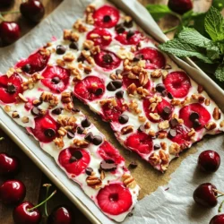 Für die Kirschen-Joghurt-Bark brauchst du: - 2 Tassen griechischer Joghurt - 1 Esslöffel Honig (oder Ahornsirup) - 1 Teelöffel Vanilleextrakt - 1 Tasse frische Kirschen, entsteint und halbiert - 1/4 Tasse Zartbitterschokoladenstückchen (optional) - 1/4 Tasse gehackte Nüsse (wie Mandeln oder Pistazien) Diese Zutaten machen die Bark frisch und lecker. Du bekommst eine perfekte Mischung aus cremigem Joghurt und süßen Kirschen. Du kannst die Kirschen-Joghurt-Bark anpassen. Ersetze die Kirschen durch andere Früchte wie Erdbeeren oder Himbeeren. Nutze Kokosjoghurt für eine milchfreie Option. Wenn du den Zucker reduzieren möchtest, lasse den Honig weg oder benutze eine andere Süßungsart. So bleibst du gesund und kreativ in der Küche. Wähle frische Kirschen, die fest und glänzend sind. Achte auf die Farbe; tiefrote Kirschen sind oft süßer. Drücke sie leicht; sie sollten nicht zu weich sein. Wenn du frische Kirschen nicht findest, sind gefrorene Kirschen eine gute Wahl. Sie sind oft gleich frisch und sparen Zeit. Um die Joghurtmischung zu machen, nimm eine große Schüssel. Gib dort 2 Tassen griechischen Joghurt hinein. Füge 1 Esslöffel Honig oder Ahornsirup dazu. Das macht die Mischung süß. Jetzt kommt 1 Teelöffel Vanilleextrakt dazu. Das gibt einen tollen Geschmack. Rühre alles mit einem Schneebesen gut um. Die Mischung sollte glatt und cremig sein. Jetzt bereite dein Backblech vor. Lege ein Stück Backpapier darauf. Lass die Ränder ein wenig überstehen. So kannst du die Joghurt-Bark später leicht herausnehmen. Diese Vorbereitung ist wichtig, damit die Bark nicht kleben bleibt. Gieße die Joghurtmischung auf das Backblech. Verteile sie gleichmäßig mit einem Spatel. Die Dicke sollte etwa 1/2 cm betragen. Jetzt kommt der spaßige Teil: Streue die halbierten Kirschen gleichmäßig darauf. Wenn du magst, kannst du auch Zartbitterschokoladenstückchen und gehackte Nüsse hinzufügen. Drücke die Beläge sanft in die Joghurtmasse. Das hilft ihnen, zu haften. Jetzt ist es Zeit, das Backblech ins Gefrierfach zu stellen. Lass die Joghurt-Bark mindestens 4 Stunden einfrieren. Sie sollte dann fest sein. Nach dem Einfrieren kannst du die Bark in Stücke brechen. Verwende das Backpapier, um sie leicht herauszunehmen. Genieße sie sofort oder lagere sie in einem luftdichten Behälter im Gefrierfach. Ein häufiger Fehler ist, die Kirschen nicht richtig vorzubereiten. Entsteinen und halbieren Sie die Kirschen, damit sie gut in der Bark haften. Ein weiterer Fehler ist, die Joghurtmischung nicht glatt zu rühren. Achten Sie darauf, dass keine Klumpen bleiben. Wenn Sie die Bark zu dick auftragen, friert sie möglicherweise nicht gut. Streichen Sie die Joghurtmasse gleichmäßig auf das Backblech. Sie können die Beläge nach Ihrem Geschmack ändern. Probieren Sie Erdbeeren oder Himbeeren für eine fruchtige Note. Für einen knusprigen Biss fügen Sie verschiedene Nüsse hinzu. Zartbitterschokolade passt ebenfalls gut zu Kirschen. Wenn Sie etwas Süßes mögen, können Sie auch Kokosraspeln verwenden. So bleibt die Bark immer spannend und lecker. Wählen Sie frische, reife Kirschen aus. Achten Sie auf eine tiefrote Farbe und eine feste Textur. Vermeiden Sie Kirschen mit Druckstellen oder weichen Stellen. Saisonale Kirschen sind oft süßer und geschmackvoller. Wenn Sie keine frischen Kirschen finden, können Sie auch gefrorene verwenden. Diese sollten aber gut abgetropft sein, um die Bark nicht zu wässern. {{image_4}} Um eine vegane Version zu machen, tauschen Sie den griechischen Joghurt gegen pflanzlichen Joghurt aus. Kokosnuss- oder Sojajoghurt sind großartige Optionen. Verwenden Sie Ahornsirup anstelle von Honig. Diese einfache Anpassung macht das Rezept für alle zugänglich. Kirschen sind großartig, aber Sie können auch andere Früchte verwenden. Erdbeeren, Himbeeren oder sogar Bananen passen gut. Schneiden Sie die Früchte klein, bevor Sie sie auf die Joghurt-Basis streuen. Experimentieren Sie mit verschiedenen Kombinationen, um neue Geschmäcker zu entdecken. Fügen Sie für einen schokoladigen Kick Zartbitterschokoladenstückchen hinzu. Diese können Sie einfach über die Joghurt-Mischung streuen. Für mehr Textur und Geschmack können Sie gehackte Nüsse verwenden. Mandeln und Pistazien sind besonders lecker. Diese Varianten machen Ihre Bark noch interessanter und sättigender. Diese Variationen sind einfach und machen das Rezept vielseitig. Sie können immer neue Kombinationen ausprobieren! Für das vollständige Rezept schauen Sie sich die [Full Recipe] an. Die richtige Lagerung ist wichtig, um die Kirschen-Joghurt-Bark frisch zu halten. Du solltest die Bark in einem luftdichten Behälter aufbewahren. Das hilft, den Geschmack und die Textur zu bewahren. Wenn du die Bark gleich nach dem Einfrieren genießt, ist sie am besten. Wenn du Reste hast, lege sie einfach in den Behälter. So bleibt sie lecker. Im Gefrierfach bleibt die Kirschen-Joghurt-Bark bis zu zwei Monate haltbar. Achte darauf, dass der Behälter gut verschlossen ist. So vermeidest du gefriergetrocknete Stellen. Wenn du die Bark länger aufbewahrst, kann sich der Geschmack verändern. Aber sie bleibt sicher zu essen. Wenn du Reste hast, gibt es viele Möglichkeiten, sie wiederzuverwenden. Du kannst die Bark in Stücke schneiden und in einen Smoothie werfen. Das gibt deinem Getränk eine cremige Konsistenz. Eine andere Idee ist, die Bark mit frischen Früchten zu servieren. Das bringt zusätzliche Farben und Geschmack. So machst du das Beste aus deinen Resten! Die Zubereitung dauert nur 10 Minuten. Die Bark muss dann mindestens 4 Stunden im Gefrierfach bleiben. Es ist einfach und schnell. Du kannst die Zeit nutzen, um andere Snacks vorzubereiten. Ja, Kirschen-Joghurt-Bark ist gesund. Sie enthält griechischen Joghurt, der viel Protein bietet. Kirschen sind reich an Vitaminen und Antioxidantien. Honig oder Ahornsirup sind natürliche Süßstoffe. Du kannst die Nüsse und Schokolade nach Belieben variieren. Ja, gefrorene Kirschen sind eine gute Option. Achte darauf, sie vorher aufzutauen und gut abzutropfen. So bleibt die Joghurt-Bark schön fest. Sie schmecken trotzdem frisch und lecker. Kirschen-Joghurt-Bark ist einfach und lecker. Wir haben die besten Zutaten, die Zubereitung und wertvolle Tipps besprochen. Es ist wichtig, die richtigen Kirschen auszuwählen und häufige Fehler zu vermeiden. Variationen wie vegane oder schokoladige Versionen machen es noch spannender. Lagere die Bark richtig, um ihre Frische zu bewahren. Probiere die Vorschläge und kreiere deine perfekte Kirschen-Joghurt-Bark. Viel Spaß beim Ausprobieren!