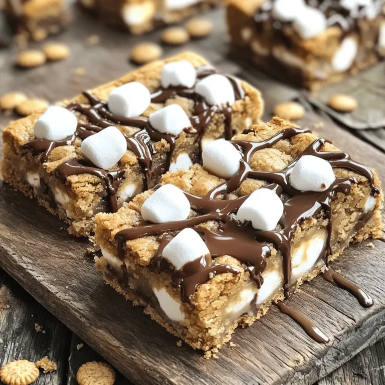 Für die S'mores Cookie Bars brauchen wir einige einfache, aber leckere Zutaten. Hier sind die Hauptzutaten: - 1 Tasse ungesalzene Butter, weich - 3/4 Tasse brauner Zucker - 1/2 Tasse Kristallzucker - 1 Teelöffel Vanilleextrakt - 2 große Eier - 2 1/4 Tassen Weizenmehl - 1 Teelöffel Backnatron - 1/2 Teelöffel Salz - 1 Tasse Graham-Cracker-Brösel - 1 Tasse Schokoladenstückchen (halbsüß oder Milchschokolade) - 1 Tasse Mini-Marshmallows Die Mengen sind wichtig, um den perfekten Geschmack zu erreichen. Achten Sie darauf, die Butter weich zu machen, damit sie gut cremig wird. Verwenden Sie frische Eier für das beste Ergebnis. Graham-Cracker-Brösel sind ein Muss. Sie geben den Bars den typischen S'mores-Geschmack. Bei den Schokoladenstückchen können Sie nach Ihrem Geschmack wählen. Halbsüße oder Milchschokolade passt gut. Wenn Sie die Marshmallows hinzufügen, achten Sie darauf, sie gleichmäßig zu verteilen. So bekommt jeder Bissen die süße Note. Haben Sie spezielle Diäten? Kein Problem! Sie können die Butter durch eine pflanzliche Margarine ersetzen, um die Bars vegan zu machen. Für eine glutenfreie Version nutzen Sie glutenfreies Mehl anstelle von Weizenmehl. Graham-Cracker aus glutenfreien Zutaten sind ebenfalls erhältlich. Die Schokoladenstückchen können Sie durch Zartbitterschokolade ersetzen, wenn Sie den Zuckergehalt reduzieren möchten. So bleibt der Geschmack lecker und passend zu Ihren Bedürfnissen. Heizen Sie zuerst Ihren Ofen auf 175°C (350°F) vor. Dies ist wichtig für gleichmäßiges Backen. Nehmen Sie eine Backform mit den Maßen 9x13 Zoll. Fetten Sie die Form ein oder legen Sie sie mit Backpapier aus. So lassen sich die Riegel später leicht herausnehmen. In einer großen Schüssel geben Sie die weiche Butter, den braunen Zucker und den Kristallzucker. Mischen Sie alles mit einem Handmixer gut. Die Mischung sollte leicht und fluffig sein. Fügen Sie den Vanilleextrakt und die Eier hinzu. Mischen Sie alles gut, bis es sich verbindet. In einer separaten Schüssel vermengen Sie das Weizenmehl, das Backnatron, das Salz und die Graham-Cracker-Brösel. Geben Sie die trockenen Zutaten nach und nach zur feuchten Mischung. Rühren Sie vorsichtig, bis alles gut vermischt ist. Heben Sie die Schokoladenstückchen und die Hälfte der Mini-Marshmallows in den Teig. Die andere Hälfte der Marshmallows legen Sie beiseite. Verteilen Sie den Keks-Teig gleichmäßig in der vorbereiteten Backform. Glätten Sie die Oberfläche mit einem Spatel. Streuen Sie die reservierten Mini-Marshmallows gleichmäßig darauf. Backen Sie die Cookie Bars im Ofen für 20-25 Minuten. Achten Sie darauf, dass die Ränder goldbraun sind und die Mitte fest ist. Nehmen Sie die Form heraus und lassen Sie die Riegel 10 Minuten in der Form abkühlen. Übertragen Sie sie dann auf ein Kuchengitter, um vollständig auszukühlen. Nach dem Abkühlen schneiden Sie die Riegel und servieren sie. Dieses einfache Rezept für S'mores Cookie Bars finden Sie in der Full Recipe. Ein häufiger Fehler ist, die Zutaten zu stark zu mischen. Das macht die Bars hart. Mischen Sie die trockenen Zutaten nur kurz mit den feuchten. Achten Sie auch darauf, die Cookie Bars nicht zu lange zu backen. Sie sollten goldbraun sein, aber die Mitte muss leicht weich bleiben. Um die perfekte Konsistenz zu erreichen, nutzen Sie die richtige Butter. Verwenden Sie weiche, ungesalzene Butter. Diese sorgt für einen weichen Teig. Achten Sie darauf, die Eier gut zu vermengen. Sie helfen beim Aufgehen und machen die Bars leicht und fluffig. Die Zugabe von Graham-Cracker-Bröseln bringt die typische S'mores-Textur. Es gibt viele Wege, diese Cookie Bars zu personalisieren. Fügen Sie Nüsse wie Walnüsse oder Mandeln hinzu für mehr Crunch. Verwenden Sie verschiedene Schokoladensorten wie weiße oder dunkle Schokolade. Für einen besonderen Twist können Sie den Teig mit Erdnussbutter oder Karamell verfeinern. Nutzen Sie die Full Recipe, um weitere Ideen zu finden! {{image_4}} Du kannst die S'mores Cookie Bars anpassen. Probiere verschiedene Schokoladensorten. Dunkle Schokolade bringt einen reichen Geschmack. Weiße Schokolade sorgt für Süße. Füge Nüsse hinzu, um Crunch zu bekommen. Walnüsse oder Pekannüsse passen gut. Auch Erdnussbutterstückchen sind eine leckere Option. Für eine vegane Version ersetze die Eier durch Apfelmus. Nutze vegane Butter statt normaler Butter. Achte auch auf vegane Schokoladenstückchen. Diese Anpassungen machen die Bars pflanzenbasiert und lecker. Du musst den Teig genauso zubereiten wie im Full Recipe. Um die Cookie Bars glutenfrei zu machen, ersetze das Weizenmehl durch glutenfreies Mehl. Es gibt viele gute Mischungen im Laden. Achte darauf, dass auch die Graham-Cracker glutenfrei sind. So kannst du die Bars genießen, ohne Gluten zu verwenden. Um die Frische Ihrer S'mores Cookie Bars zu bewahren, lagern Sie sie in einem luftdichten Behälter. Eine gute Box hält die Bars weich und lecker. Stellen Sie sicher, dass die Bars vollständig abgekühlt sind, bevor Sie sie lagern. So vermeiden Sie, dass sie matschig werden. Wenn Sie die Riegel in Schichten aufbewahren, legen Sie etwas Backpapier zwischen die Schichten. So kleben sie nicht zusammen. Das Einfrieren von S'mores Cookie Bars ist einfach. Schneiden Sie die Riegel in Stücke, wie Sie sie servieren möchten. Wickeln Sie jedes Stück in Frischhaltefolie und legen Sie sie in einen gefrierfesten Beutel. So bleibt der Geschmack erhalten. Beschriften Sie den Beutel mit dem Datum, damit Sie wissen, wann Sie sie eingefroren haben. Diese Bars halten sich bis zu drei Monate im Gefrierschrank. S'mores Cookie Bars sind bei richtiger Lagerung bis zu einer Woche frisch. Nach dieser Zeit können sie trocken oder hart werden. Achten Sie auf Veränderungen im Geruch oder Aussehen. Wenn Sie Schimmel entdecken, werfen Sie die Bars sofort weg. Genießen Sie sie am besten frisch, aber das Einfrieren ist eine tolle Option für spätere Snacks! Du kannst S'mores Cookie Bars bis zu einer Woche aufbewahren. Lagere sie in einem luftdichten Behälter. So bleiben sie frisch und lecker. Wenn du sie länger aufbewahren möchtest, friere sie ein. Sie halten sich bis zu drei Monate im Gefrierfach. Ja, du kannst S'mores Cookie Bars vegan machen. Ersetze die Eier durch Leinsamen oder Apfelmus. Verwende pflanzliche Butter anstelle von normaler Butter. Achte darauf, dass die Schokolade und die Marshmallows ebenfalls vegan sind. So bekommst du einen tollen, veganen Genuss. Serviere S'mores Cookie Bars warm aus dem Ofen für den besten Genuss. Du kannst sie auch mit zusätzlicher Schokolade überziehen. Ein Hauch von geschmolzenen Marshmallows darauf macht sie noch leckerer. Stelle sie auf einem schönen Teller oder rustikalen Holzbrett dar. Füge etwas Graham-Cracker-Brösel als Garnierung hinzu. Die S’mores Cookie Bars sind einfach und lecker. Wir haben die Hauptzutaten besprochen, die Tipps zur Zubereitung gegeben und Variationen gezeigt. Außerdem konnten Sie lernen, wie man sie richtig lagert. Denken Sie daran, beim Backen die häufigsten Fehler zu vermeiden. Mit diesen Tipps gelingt Ihnen eine perfekte Charge. Ob für eine Familie oder eine Feier, Sie werden sie lieben. Genießen Sie Ihr Backabenteuer mit den S’mores Cookie Bars!