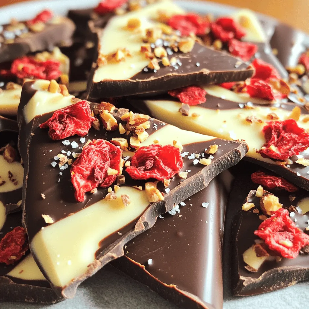 Um Schokoladenüberzogene Erdbeer-Bark zu machen, brauchst du einige Hauptzutaten: - 1 Tasse hochwertige Zartbitterschokoladenstücke - 1 Tasse hochwertige weiße Schokoladenstücke - 1 Tasse gefriergetrocknete Erdbeeren - 1/2 Tasse gehackte geröstete Mandeln (optional) - Meersalz (zum Bestreuen) Diese Zutaten sind einfach zu finden. Du kannst sie in jedem Supermarkt kaufen. Die Qualität der Schokolade ist sehr wichtig. Hochwertige Schokolade hat einen besseren Geschmack. Du kannst Zartbitter- oder Vollmilchschokolade verwenden. Wenn du eine vegane Option suchst, gibt es auch vegane Schokoladenstücke. Diese schmecken gut und sind leicht zu finden. Du kannst die Bark mit verschiedenen Toppings aufpeppen. Hier sind einige Ideen: - Kokosraspeln für einen tropischen Twist - Gehackte Nüsse wie Walnüsse oder Haselnüsse - Farbiges Streuselkram für Spaß und Freude - Weitere gefriergetrocknete Früchte wie Himbeeren oder Blaubeeren Mit diesen Toppings wird deine Bark noch bunter und leckerer! Besuche für das vollständige Rezept die Seite „Full Recipe“. Um die Schokolade zu schmelzen, nimm zwei Schüsseln. Eine für die Zartbitterschokolade und eine für die weiße Schokolade. Gib jeweils eine Tasse Schokoladenstücke in die Schüsseln. Erhitze sie in der Mikrowelle in 30-Sekunden-Intervallen. Rühre nach jedem Intervall um. Dies hilft, die Schokolade gleichmäßig zu schmelzen. Wenn sie glatt ist, sind sie bereit. Lege ein Backblech mit Backpapier aus. Dies erleichtert das Entfernen der Bark später. Gieße die geschmolzene Zartbitterschokolade gleichmäßig auf das Backblech. Mit einem Spatel verteile sie auf etwa 0,5 cm Dicke. Stelle das Blech für etwa 10 Minuten in den Kühlschrank. Die Schokolade wird fest und bereit für die nächste Schicht. Sobald die Zartbitterschokolade fest ist, gieße die weiße Schokolade darauf. Verteile sie vorsichtig mit dem Spatel. Dadurch entsteht eine schöne Marmorierung. Jetzt ist es Zeit für die Toppings! Streue die gefriergetrockneten Erdbeeren und die gehackten Mandeln gleichmäßig darüber. Drücke sie leicht in die Schokolade. Bestreue alles mit etwas Meersalz für den perfekten Geschmack. Stelle das Blech erneut in den Kühlschrank. Lasse es für 30 bis 60 Minuten kühlen, bis alles fest ist. Jetzt kannst du die Bark in Stücke brechen und genießen! Du kannst das gesamte Rezept hier finden: [Full Recipe]. Es ist wichtig, die Schokolade schonend zu schmelzen. Ich empfehle, die Schokolade in kleine Stücke zu brechen. Das hilft beim gleichmäßigen Schmelzen. Erhitze die Schokolade in der Mikrowelle in 30-Sekunden-Intervallen. Rühre nach jedem Intervall um. So verhinderst du, dass die Schokolade anbrennt. Wenn sie fast ganz geschmolzen ist, lass sie kurz stehen. Die Restwärme schmilzt die letzten Stücke. Dies sorgt für eine glatte und glänzende Konsistenz. Ein häufiger Fehler ist, die Schokolade zu heiß zu machen. Zu hohe Temperaturen lassen die Schokolade klumpig werden. Auch das Hinzufügen von Wasser kann die Schokolade ruinieren. Halte alle Utensilien trocken. Wenn du die Schokolade geschmolzen hast, arbeite schnell. Lass sie nicht zu lange stehen, bevor du die anderen Schichten hinzufügst. Dies hilft, eine gute Textur und Schichtung zu erhalten. Die Präsentation ist wichtig, um die Bark ansprechend zu zeigen. Schneide die Bark in unregelmäßige Stücke für einen rustikalen Look. Platziere die Stücke auf einer schönen Servierplatte. Du kannst zusätzliche gefriergetrocknete Erdbeeren darüber streuen. Das sieht nicht nur gut aus, sondern gibt auch mehr Geschmack. Ein Hauch von Meersalz auf der Oberfläche macht die Schokolade noch besser. So wird deine Schokoladenüberzogene Erdbeer-Bark zum Hingucker auf jedem Tisch. {{image_4}} Du kannst die Erdbeeren gegen andere Früchte tauschen. Himbeeren, Bananen oder Kirschen sind großartig. Gefriergetrocknete Früchte bieten viel Geschmack. Sie sind knusprig und leicht. Du kannst die Bark auch mit frischen Früchten dekorieren. Achte darauf, dass sie gut abgetrocknet sind. So bleibt die Schokolade schön fest. Experimentiere mit verschiedenen Schokoladensorten. Du kannst Vollmilchschokolade oder weiße Schokolade nutzen. Mische die Schokoladen, um neue Geschmäcker zu entdecken. Dunkle Schokolade hat einen reichen Geschmack. Weiße Schokolade bringt Süße. Diese Kombinationen machen deine Bark besonders lecker. Für glutenfreie Bark wähle sicher glutenfreie Zutaten. Die meisten Schokoladen sind von Natur aus glutenfrei. Du kannst auch vegane Schokolade verwenden. Achte auf die Zutatenliste. So machst du eine köstliche vegane Variante. Diese Bark ist perfekt für alle, die besondere diätetische Wünsche haben. Für das vollständige Rezept schau dir den Abschnitt oben an. Um die frisch zubereitete Schokoladenüberzogene Erdbeer-Bark richtig zu lagern, achte auf eine kühle, trockene Stelle. Ideal ist ein Raum mit Temperaturen zwischen 18 und 20 Grad Celsius. Vermeide direkte Sonneneinstrahlung. Wärme kann die Schokolade schmelzen und die Textur ruinieren. Im Kühlschrank bleibt die Bark frisch und lecker. Wickele sie in Frischhaltefolie oder lege sie in einen luftdichten Behälter. So bleibt die Feuchtigkeit draußen. Die Schokoladenüberzogene Erdbeer-Bark hält sich dort bis zu zwei Wochen. Achte darauf, die Stücke nicht zu stapeln, um ein Zusammenkleben zu vermeiden. Du kannst die Bark auch einfrieren, um sie länger zu lagern. Schneide sie in Stücke und lege sie in einen gefrierfesten Behälter. Achte darauf, ein Stück Backpapier zwischen die Schichten zu legen. So kleben sie nicht zusammen. Im Gefrierfach hält die Bark bis zu drei Monate. Zum Verzehr lasse die Stücke einfach über Nacht im Kühlschrank auftauen. Dann genieße die frische und köstliche Bark wieder. Die Schokolade braucht etwa 30 bis 60 Minuten, um fest zu werden. Nach dem Schmelzen gieße die Schokolade auf das Backblech. Stelle es dann in den Kühlschrank. Die Zartbitterschokolade wird zuerst fest. Danach kommt die weiße Schokolade. Achte darauf, dass sie gut gekühlt ist, bevor du die Bark herausnimmst. Ja, du kannst viele andere Früchte verwenden! Frische oder getrocknete Früchte sind großartig. Probiere Himbeeren, Bananen oder sogar Ananas. Achte darauf, dass die Früchte fest sind. So bleiben sie besser in der Schokolade haften. Sei kreativ und teste verschiedene Kombinationen, um deinen Favoriten zu finden. Die Bark lässt sich am besten brechen, wenn sie fest ist. Nimm die Bark vom Backpapier und lege sie auf eine Schneidefläche. Du kannst sie mit den Händen brechen oder ein scharfes Messer verwenden. Wenn du ein Messer benutzt, schneide vorsichtig in gleichmäßige Stücke. So sieht es schön aus und ist einfach zu essen. In diesem Artikel haben wir die besten Zutaten und Schritte für Schokoladenüberzogene Erdbeer-Bark besprochen. Wir haben gelernt, wie man die Schokolade schmilzt, welche Toppings passen und wie man die Bark lagert. Diese süße Leckerei ist einfach zuzubereiten und anpassbar. Denke daran, dass frische Zutaten und gute Schokolade wichtig sind. Probiere die Variationen aus, um neue Geschmackserlebnisse zu entdecken. Jetzt bist du bereit, deine eigene köstliche Bark zu machen!