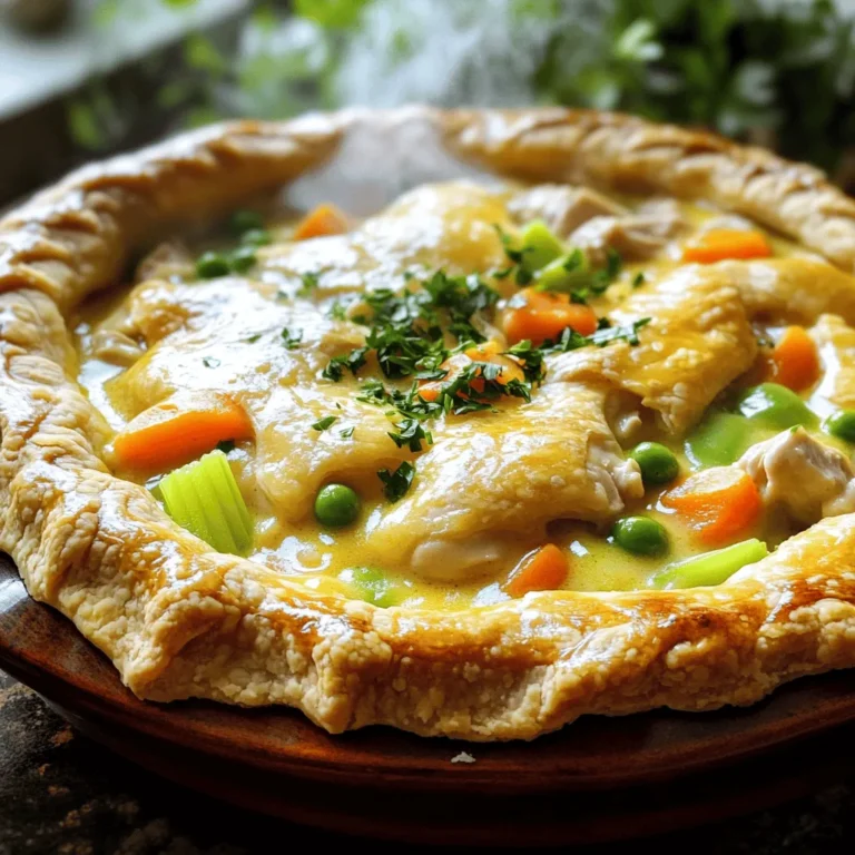 Für einen klassischen Hühner-Eintopf benötigst du frische und einfache Zutaten. Hier sind die Hauptzutaten: - 450g Hähnchenschenkel, gewürfelt - 1 mittelgroße Zwiebel, gehackt - 2 Karotten, gewürfelt - 2 Stangen Sellerie, gewürfelt - 2 Knoblauchzehen, fein gehackt - 1 Tasse gefrorene Erbsen - 4 Tassen Hühnerbrühe - 120ml Schlagsahne - 3 Esslöffel Olivenöl - 3 Esslöffel Mehl - 1 Teelöffel Thymian - 1 Teelöffel Rosmarin - 1 Teelöffel Salz - ½ Teelöffel schwarzer Pfeffer - 1 gekaufter oder selbstgemachter Teigboden - 1 Ei, verquirlt (für das Eigelb-Waschmittel) Die Gewürze sind wichtig für den Geschmack. Thymian und Rosmarin geben dem Eintopf Tiefe. Salz und Pfeffer heben die Aromen hervor. Du kannst auch einen Schuss Zitronensaft hinzufügen. Das bringt Frische und einen tollen Kontrast. Wähle frisches Gemüse und hochwertiges Hähnchen. Achte darauf, dass die Hühnerbrühe keinen Zucker enthält. Frische Kräuter sind besser als getrocknete. Sie geben mehr Aroma. Wenn du Zeit hast, mache die Brühe selbst. Das verbessert den Geschmack deines Eintopfs. Du findest die vollständige Rezeptanleitung in der [Full Recipe]. Zuerst müssen wir alle Zutaten bereitstellen. Das macht das Kochen einfacher. Du brauchst: - 450g boneless chicken thighs, gewürfelt - 1 mittelgroße Zwiebel, gehackt - 2 Karotten, gewürfelt - 2 Stangen Sellerie, gewürfelt - 2 Knoblauchzehen, fein gehackt - 1 Tasse gefrorene Erbsen - 4 Tassen Hühnerbrühe - 120ml Schlagsahne - 3 Esslöffel Olivenöl - 3 Esslöffel Mehl - 1 Teelöffel Thymian - 1 Teelöffel Rosmarin - 1 Teelöffel Salz - ½ Teelöffel schwarzer Pfeffer - 1 gekaufter oder selbstgemachter Teigboden - 1 Ei, verquirlt (für das Eigelb-Waschmittel) Sorge dafür, dass alles frisch ist. Das macht den Eintopf leckerer. Nun kommt der spannende Teil. Erhitze das Olivenöl in einer großen Pfanne. Füge die gewürfelten Hähnchenschenkel hinzu. Brate sie für 5 bis 7 Minuten, bis sie goldbraun sind. Nimm das Hähnchen aus der Pfanne und lege es beiseite. In derselben Pfanne geben wir die Zwiebel, Karotten und Sellerie. Brate das Gemüse etwa 5 Minuten lang. Es sollte weich werden. Jetzt kommt der Knoblauch dazu. Brate ihn für eine weitere Minute mit. Streue das Mehl in die Pfanne und rühre gut um. Lass es für 2 bis 3 Minuten braten. So wird der Geschmack besser. Füge dann nach und nach die Hühnerbrühe hinzu. Rühre ständig, um Klumpen zu vermeiden. Bring die Mischung zum Kochen. Gib die Sahne, Thymian, Rosmarin, Salz und Pfeffer dazu. Füge das gebratene Hähnchen zurück und rühre die gefrorenen Erbsen ein. Lass alles für 5 Minuten köcheln, bis die Sauce dick wird. Heize den Ofen auf 220°C vor. Gieße die Hühner-Gemüse-Mischung in eine tiefe Pie-Form oder eine ofenfeste Pfanne. Jetzt kommt der Teig. Rolle ihn aus und lege ihn über die Füllung. Schneide den überstehenden Teig ab. Mache einige Schlitze in die Oberseite, damit der Dampf entweichen kann. Bestreiche die Kruste mit dem verquirlten Ei. Das gibt eine schöne goldene Farbe. Backe die Pie für etwa 30 bis 35 Minuten. Sie ist fertig, wenn die Kruste goldbraun und knusprig ist. Lass die Pie vor dem Servieren leicht abkühlen. Für das beste Ergebnis schaue dir die Full Recipe an. Viele machen den Fehler, das Hähnchen zu lange zu kochen. Achte darauf, dass es nur goldbraun wird. Überkoche es nicht, sonst wird es trocken. Ein weiterer Fehler ist, die Füllung nicht genug zu würzen. Salz und Pfeffer sind wichtig. Vergiss auch nicht, die Kräuter hinzuzufügen. Sie bringen Geschmack ins Spiel. Die Füllung sollte cremig und nicht wässrig sein. Um das zu erreichen, nutze Mehl richtig. Brate das Mehl gut an, bevor du die Brühe hinzufügst. Rühre die Brühe langsam ein, damit keine Klumpen entstehen. Lass die Mischung köcheln, bis sie dick wird. Wenn sie zu dick ist, füge etwas Brühe hinzu. Eine goldene Kruste macht dein Gericht besonders. Verwende ein verquirltes Ei, um die Oberseite zu bestreichen. Das gibt eine schöne Farbe. Schneide mit einem scharfen Messer einige Schlitze in die Kruste. So kann der Dampf entweichen und die Kruste bleibt knusprig. Achte darauf, den Ofen gut vorzuheizen. So wird die Kruste gleichmäßig gebacken. Mit diesen Tipps bereitest du einen perfekten klassischen Hühner-Eintopf zu. Für das komplette Rezept schaue dir die Full Recipe an. {{image_4}} Wenn Sie eine vegetarische Option wünschen, können Sie das Huhn durch Pilze ersetzen. Champignons geben einen tollen Geschmack. Fügen Sie auch mehr Gemüse hinzu, wie Zucchini oder Paprika. Verwenden Sie Gemüsebrühe statt Hühnerbrühe. Dies macht den Eintopf leicht und gesund, aber immer noch lecker. Der Teig ist wichtig für den Eintopf. Sie können einen klassischen Blätterteig verwenden oder einen einfachen Mürbeteig machen. Für eine knusprigere Kruste können Sie auch Polenta verwenden. Wenn Sie Zeit sparen wollen, nutzen Sie einen gekauften Teig. Dies macht die Zubereitung schnell und einfach. Nutzen Sie saisonale Zutaten für mehr Geschmack. Im Frühling sind Spargel und Erbsen frisch und süß. Im Herbst können Kürbis und Süßkartoffeln verwendet werden. Diese Zutaten bringen Farbe und neue Aromen in Ihren Eintopf. Experimentieren Sie und finden Sie Ihre Lieblingskombination. Um den Hühner-Eintopf frisch zu halten, lagere ihn in einem luftdichten Behälter. Lass die Mischung zuerst abkühlen, bevor du sie hineinlegst. So vermeidest du Kondensation und weiche Kruste. Im Kühlschrank bleibt der Eintopf etwa drei Tage genießbar. Achte darauf, ihn gut abzudecken, um Gerüche zu vermeiden. Wenn du Reste hast, kannst du diese einfach einfrieren. Fülle die Mischung in gefrierfreundliche Behälter. Lass dabei etwas Platz, da sich die Füllung beim Gefrieren ausdehnt. So bleibt der Geschmack auch nach dem Auftauen gut. Der Eintopf hält sich im Gefrierfach bis zu drei Monate. Beschrifte die Behälter mit Datum, damit du den Überblick behältst. Um den Eintopf wieder aufzuwärmen, kannst du ihn direkt aus dem Kühlschrank oder Gefrierfach nehmen. Bei der Mikrowelle achte darauf, ihn gleichmäßig zu erhitzen. Rühre ihn zwischendurch um, damit alles gleichmäßig warm wird. Wenn du ihn auf dem Herd erwärmst, füge einen Schuss Brühe hinzu. So bleibt die Mischung saftig. Bei einer Aufwärmzeit von etwa 10 bis 15 Minuten sollte er schön heiß sein. Hühner-Eintopf hält sich gut im Kühlschrank. Du kannst ihn dort bis zu 3 Tage lagern. Stelle sicher, dass du ihn in einem luftdichten Behälter aufbewahrst. Wenn du ihn länger aufbewahren möchtest, friere ihn ein. Im Gefrierschrank bleibt er bis zu 3 Monate frisch. Achte darauf, ihn gut zu verpacken, um Gefrierbrand zu vermeiden. Ja, du kannst den Teig selbst machen! Frischer Teig schmeckt oft besser. Für einen einfachen Teig brauchst du nur Mehl, Butter, Wasser und etwas Salz. Mische die trockenen Zutaten zuerst. Dann füge die Butter hinzu und knete es gut. Gib nach und nach Wasser hinzu, bis der Teig zusammenhält. Lass den Teig vor der Verwendung eine Stunde im Kühlschrank ruhen. Es gibt viele tolle Möglichkeiten, Hühner-Eintopf zu servieren. Du kannst ihn mit einem frischen Salat ergänzen. Ein grüner Salat mit einem leichten Dressing passt gut. Auch knuspriges Brot ist eine gute Wahl. Es hilft, die köstliche Sauce aufzunehmen. Du kannst auch Reis oder Kartoffeln dazu reichen. Sie machen das Gericht noch sättigender und leckerer. Ein leckerer Hühner-Eintopf beginnt mit den besten Zutaten und Gewürzen. Wir haben die Schritte durchgesehen, um ihn perfekt zu kochen. Auch Tipps helfen dir, häufige Fehler zu vermeiden. Variationen bieten dir Möglichkeiten für jeden Geschmack. Die Aufbewahrung der Reste ist einfach und sorgt für spätere Genüsse. Egal, ob du die klassische oder vegetarische Version machst, du kannst nichts falsch machen. Genieße jeden Bissen und teile dein Gericht mit anderen!