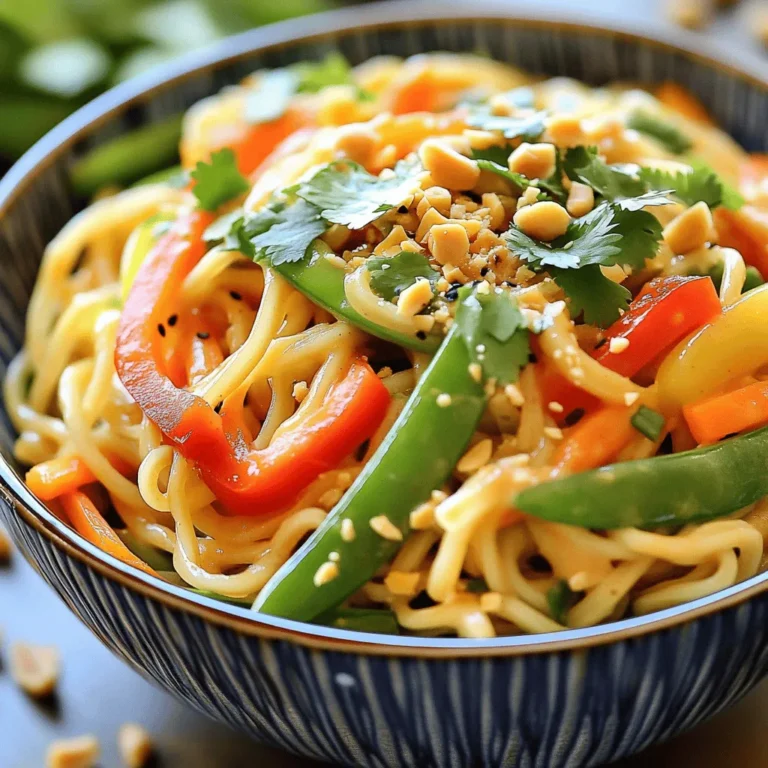 Für einfache Thai-Erdnussnudeln brauchen Sie: - 225 g Reisnudeln - 1 Tasse Paprika (verschiedene Farben), in Streifen geschnitten - 1 Tasse Karotten, julienne geschnitten - 1 Tasse Zuckerschoten, zugeschnitten - ½ Tasse Frühlingszwiebeln, gehackt - 1 EL Sesamöl - 60 ml cremige Erdnussbutter - 3 EL Sojasauce (oder Tamari für glutenfrei) - 2 EL Honig oder Ahornsirup - 1 EL Limettensaft - 1 Zehe Knoblauch, gehackt - 1 TL Ingwer, gerieben - Zerdrückte Erdnüsse und Koriander zum Garnieren Frische Zutaten machen den Unterschied. Achten Sie auf: - Knackiges Gemüse: Die Paprika sollten glänzend und fest sein. - Helle Farben: Wählen Sie Karotten, die lebhaft orange sind. - Frische Zuckerschoten: Diese sollten knackig und süß duften. - Frühlingszwiebeln: Suchen Sie nach grünen, festen Stielen ohne braune Stellen. Für die besten Ergebnisse empfehle ich: - Hochwertige Erdnussbutter ohne Zuckerzusatz für den vollen Geschmack. - Tamari, wenn Sie glutenfreie Optionen benötigen. - Frisches Gemüse aus dem lokalen Markt für mehr Geschmack. - Eine große Pfanne oder einen Wok für ein gleichmäßiges Garen. Diese Tipps und Zutaten helfen Ihnen, köstliche Thai-Erdnussnudeln zuzubereiten. Schauen Sie sich das vollständige Rezept an, um die Zubereitung zu starten! Kochen Sie zuerst 225 g Reisnudeln. Folgen Sie den Anweisungen auf der Verpackung. Nach dem Kochen, lassen Sie die Nudeln gut abtropfen. Spülen Sie sie mit kaltem Wasser ab. Das stoppt den Garprozess. Legen Sie die Nudeln beiseite, während Sie das Gemüse und die Sauce vorbereiten. Erhitzen Sie 1 EL Sesamöl in einer großen Pfanne oder einem Wok. Stellen Sie die Hitze auf mittlere Stufe. Fügen Sie die geschnittenen Paprika, Karotten, und Zuckerschoten hinzu. Braten Sie das Gemüse 4-5 Minuten an. Achten Sie darauf, dass das Gemüse zart und knackig bleibt. Rühren Sie oft um, damit alles gleichmäßig gart. In einer kleinen Schüssel kombinieren Sie 60 ml cremige Erdnussbutter, 3 EL Sojasauce, 2 EL Honig oder Ahornsirup, 1 EL Limettensaft, 1 gehackte Knoblauchzehe und 1 TL geriebenen Ingwer. Rühren Sie alles gut um, bis die Sauce glatt ist. Diese Sauce gibt den Nudeln einen tollen Geschmack. - Vollständiges Rezept: Einfache Thai-Erdnussnudeln Ein häufiger Fehler ist, die Nudeln zu lange zu kochen. Reisnudeln brauchen nur ein paar Minuten. Wenn sie überkochen, werden sie matschig. Spülen Sie die Nudeln nach dem Kochen sofort mit kaltem Wasser ab. Das stoppt den Garprozess und hält die Nudeln fest. Achten Sie darauf, das Gemüse nicht zu lange zu braten. Es sollte knackig und bunt bleiben. Zu viel Hitze kann es verkochen. Wenn Sie es schärfer mögen, fügen Sie etwas rote Chilischote hinzu. Ein Spritzer Sriracha gibt einen tollen Kick. Für eine süßere Note nehmen Sie mehr Honig oder Ahornsirup. Probieren Sie unterschiedliche Erdnussbuttermarken aus. Einige sind süßer oder salziger. So finden Sie die perfekte Balance für Ihren Geschmack. Servieren Sie die Erdnussnudeln mit frischem Koriander und Limettenscheiben. Das gibt einen tollen Geschmack. Ein einfacher Gurkensalat ist eine erfrischende Beilage. Auch gegrilltes Hähnchen oder Tofu passen gut dazu. Für mehr Crunch streuen Sie geröstete Erdnüsse darüber. Diese Tipps machen das Gericht noch besser. {{image_4}} Sie können das Rezept einfach vegan und glutenfrei machen. Nutzen Sie statt Honig Ahornsirup. Verwenden Sie glutenfreie Sojasauce oder Tamari. Achten Sie beim Kauf auf die Zutatenliste. Viele Marken bieten tolle Alternativen. So bleibt der Geschmack trotzdem großartig. Das tolle an diesem Gericht ist die Flexibilität. Fühlen Sie sich frei, andere Gemüsesorten zu nutzen. Brokkoli, Zucchini oder Spinat passen perfekt. Schneiden Sie das Gemüse in gleichmäßige Stücke. So garen sie gleichmäßig. Experimentieren Sie mit saisonalem Gemüse, um frische Aromen zu genießen. Möchten Sie mehr Protein? Fügen Sie Tofu oder Hähnchen hinzu. Für Tofu schneiden Sie ihn in Würfel und braten ihn goldbraun. Für Hähnchen braten Sie es in Streifen an, bis es gar ist. Beides passt gut zu den Erdnussnudeln. So wird das Gericht nahrhafter und sättigender. Um Reste von den Thai-Erdnussnudeln gut aufzubewahren, verwenden Sie einen luftdichten Behälter. Lassen Sie die Nudeln zuerst auf Raumtemperatur abkühlen. Füllen Sie dann den Behälter und schließen Sie ihn gut. So bleiben die Nudeln frisch und lecker. Wenn Sie die Nudeln aufwärmen, verwenden Sie eine Pfanne oder die Mikrowelle. Bei der Pfanne fügen Sie einen Hauch von Wasser oder Öl hinzu. Das hilft, die Nudeln geschmeidig zu halten. Bei der Mikrowelle decken Sie die Nudeln ab, um ein Austrocknen zu verhindern. Erwärmen Sie sie in kurzen Intervallen und rühren Sie oft um. Im Kühlschrank halten sich die Reste etwa drei bis vier Tage. Lagern Sie die Nudeln im luftdichten Behälter. Für längere Lagerung können Sie die Nudeln einfrieren. In einem gefrierfesten Behälter sind sie bis zu drei Monate haltbar. Achten Sie darauf, die Nudeln gut zu verpacken, um Gefrierbrand zu vermeiden. Die Reisnudeln brauchen etwa 5 bis 7 Minuten zum Kochen. Es ist wichtig, die Nudeln nicht zu lange zu kochen. Sie sollten weich, aber nicht matschig sein. Überprüfen Sie die Packung für genaue Zeiten. Nach dem Kochen sollten Sie sie gut abtropfen lassen und unter kaltem Wasser abspülen. Dies stoppt den Garprozess und hält die Nudeln al dente. Ja, Sie können die Erdnussbutter ersetzen. Mandelbutter oder Cashewbutter sind gute Alternativen. Diese Nüsse haben einen ähnlichen Geschmack, der gut zu den Nudeln passt. Achten Sie darauf, dass die Konsistenz ähnlich bleibt. Wenn Sie Allergien haben, gibt es auch Nussfreie Alternativen wie Sonnenblumenbutter. Zu Thai-Erdnussnudeln passen viele Beilagen. Hier sind einige Ideen: - Gegrilltes Hähnchen - Tofu für eine vegetarische Option - Frischer Gurkensalat - Ein schneller Wok mit Gemüse - Frische Kräuter wie Koriander oder Minze Diese Beilagen ergänzen den Geschmack der Nudeln und machen das Essen noch spannender. In diesem Blogbeitrag haben wir die Hauptzutaten, die Zubereitung und nützliche Tipps für Thai-Erdnussnudeln durchgekaut. Ich hoffe, die Schritt-für-Schritt-Anleitung hilft Ihnen, das Gericht perfekt zuzubereiten. Denken Sie daran, frische Zutaten zu wählen und Fehler zu vermeiden. Variationen, wie vegane Optionen und die richtige Lagerung, machen das Kochen leichter. Die Infos zu FAQs bieten letzte Klarheit. Kochen Sie mit Freude und experimentieren Sie, damit Ihre Erdnusssauce wirklich glänzt!