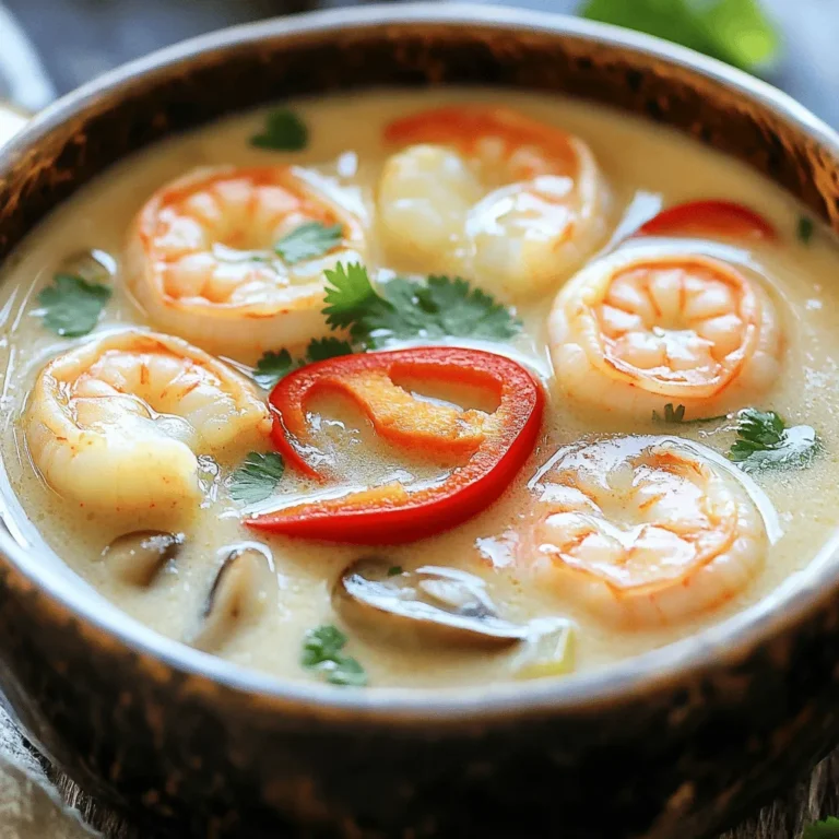 Die Hauptzutaten sind wichtig für den vollen Geschmack. Hier sind die Zutaten, die du brauchst: - 450 g große Garnelen, geschält und vom Darm befreit - 1 Dose (400 ml) Kokosmilch - 960 ml Hühner- oder Gemüsebrühe - 1 Esslöffel Pflanzenöl - 1 Zwiebel, fein gehackt - 3 Knoblauchzehen, gehackt - 1 Esslöffel frischer Ingwer, gerieben - 2 Stangen Zitronengras, zerdrückt und in große Stücke geschnitten - 1 rote Chili, in Scheiben geschnitten (nach Geschmack anpassen) - 1 Paprika, in dünne Scheiben geschnitten - 300 g Pilze, in Scheiben geschnitten (Shiitake oder Austernpilze empfohlen) - 1 Esslöffel Fischsauce - Saft von 2 Limetten - Frischer Koriander, zur Garnitur - Salz, nach Geschmack Jede Zutat trägt zur Tiefe der Aromen bei. Die Garnelen geben einen süßen Geschmack. Kokosmilch sorgt für eine cremige Basis. Brühe bringt den umami-Geschmack in die Suppe. Das Gemüse, wie die Zwiebel und der Knoblauch, geben einen tollen Duft. Ingwer und Chili bringen Schärfe und Wärme. Die Fischsauce und der Limettensaft geben eine salzige und saure Note, die das Gericht ausbalanciert. Wenn du die Suppe zubereitest, kannst du die Zutaten anpassen. Mehr Gemüse macht die Suppe gesünder. Du kannst die Garnelen auch durch Tofu ersetzen, wenn du eine vegetarische Variante willst. Für das vollständige Rezept schau dir die [Full Recipe] an. Um die thailändische Kokosnuss Garnelensuppe perfekt zuzubereiten, beginne mit der Vorbereitung der Zutaten: - Zwiebel: Hacke die Zwiebel fein. Sie gibt der Suppe eine süße Basis. - Knoblauch: Hacke drei Zehen. Knoblauch bringt viel Geschmack. - Ingwer: Reibe einen Esslöffel frischen Ingwer. Ingwer fügt Wärme hinzu. - Garnelen: Schäle 450 g große Garnelen. Entferne den Darm, damit sie zart bleiben. - Gemüse: Bereite Paprika und Pilze vor. Schneide die Paprika in dünne Scheiben und die Pilze in Scheiben. - Gewürze: Zerdrücke zwei Stangen Zitronengras und schneide eine rote Chili in Scheiben. Jetzt geht es an das Kochen der Suppe. Folge diesen Schritten: - Erhitze einen Esslöffel Pflanzenöl in einem großen Topf. - Füge die gehackte Zwiebel hinzu. Brate sie goldbraun und weich, etwa 3-4 Minuten. - Gib den gehackten Knoblauch und den geriebenen Ingwer dazu. Brate die Mischung für eine weitere Minute. - Füge die zerdrückten Zitronengrasstücke und die geschnittene Chili hinzu. Rühre alles 2 Minuten um, um die Aromen freizusetzen. - Gieße 960 ml Brühe in den Topf. Lass die Suppe 10 Minuten köcheln, damit die Aromen gut durchziehen. - Entferne die Zitronengrasstücke. Reduziere die Hitze und füge 400 ml Kokosmilch hinzu. Rühre alles gut um. - Jetzt kommen die Garnelen, Paprika und Pilze dazu. Lass die Suppe köcheln, bis die Garnelen rosa sind, etwa 4-5 Minuten. Der letzte Schritt ist das Abschmecken und Anrichten: - Würze die Suppe mit einem Esslöffel Fischsauce und dem Saft von zwei Limetten. - Rühre alles gut um. Probiere die Suppe und passe die Gewürze nach deinem Geschmack an. - Garnieren: Serviere die Suppe in schönen Schalen. Füge frischen Koriander hinzu und gerne auch Limettenscheiben an die Seite. Für das vollständige Rezept, besuche die Seite [Full Recipe]. Welche Garnelen sind am besten geeignet? Große Garnelen sind ideal für diese Suppe. Sie haben einen festen Biss und viel Geschmack. Achte darauf, dass sie frisch sind und eine klare Farbe haben. Tiefgefrorene Garnelen sind auch gut, wenn du sie richtig auftauen lässt. Anzeichen für perfekt gegarte Garnelen Perfekt gegarte Garnelen sind rosa und fest. Wenn sie leicht krümelig oder grau sind, sind sie übergart. Achte darauf, die Garnelen nicht zu lange zu kochen. Das dauert normalerweise nur 4-5 Minuten in der Suppe. Wie man das Zitronengras optimal nutzt Zitronengras gibt der Suppe viel Geschmack. Zerdrücke die Stangen mit einem Messer, um die Aromen freizusetzen. Füge sie in großen Stücken hinzu, damit du sie leicht entfernen kannst, bevor du die Suppe servierst. Weitere Möglichkeiten, den Geschmack zu intensivieren Du kannst mehr frischen Ingwer oder Knoblauch hinzufügen, um die Aromen zu verstärken. Ein Spritzer Limettensaft am Ende gibt der Suppe einen frischen Kick. Experimentiere auch mit verschiedenen Chilis für mehr Schärfe. Selbstgemachte Brühe versus Fertigbrühe Selbstgemachte Brühe hat mehr Geschmack, aber Fertigbrühe ist schnell und einfach. Wenn du Zeit hast, mache deine Brühe mit Gemüse und Gewürzen. Das verbessert den Geschmack der Suppe stark. Gemüsevariationen für unterschiedliche Geschmäcker Paprika und Pilze sind großartig, aber probiere auch Karotten oder Brokkoli. Du kannst die Gemüse je nach Saison oder Vorliebe ändern. So bleibt die Suppe frisch und spannend. {{image_4}} Um eine vegetarische Version dieser Suppe zu machen, nehme Tofu oder mehr Gemüse. Tofu ist eine großartige Proteinquelle und passt gut zu den Aromen. Du kannst Pilze, Zucchini und Karotten hinzufügen. Wenn du keine Fischsauce verwenden möchtest, ersetze sie durch Sojasauce oder Salz. Diese Anpassungen machen die Suppe lecker und reichhaltig. Möchtest du es schärfer? Füge mehr Chili oder Chilipaste hinzu. Du kannst auch eine scharfe Brühe verwenden, um den Geschmack zu intensivieren. Achte darauf, die Schärfe nach deinem Geschmack anzupassen. Ein guter Tipp ist, die Chili schrittweise hinzuzufügen und die Suppe zwischendurch zu probieren. Nutze lokale Gemüse und Gewürze für eine besondere Note. Zum Beispiel, frische Kräuter oder Gemüse aus deinem Garten. Diese Zutaten bringen neue Aromen in die Suppe. Du kannst auch Einflüsse aus anderen asiatischen Küchen einbringen. Füge etwas Curry oder Miso hinzu, um die Aromen zu variieren. So wird die Suppe einzigartig und spannend. Um die thailändische Kokosnuss Garnelensuppe frisch zu halten, gibt es einige einfache Tipps. - Kühlung und Haltbarkeit: Lagern Sie die Suppe in einem luftdichten Behälter im Kühlschrank. Sie bleibt dort für 3 bis 4 Tage haltbar. Achten Sie darauf, die Suppe ganz abkühlen zu lassen, bevor Sie sie in den Kühlschrank stellen. So vermeiden Sie, dass sich Bakterien bilden. - Einfrieren der Suppenreste: Wenn Sie mehr Suppe gemacht haben, als Sie essen können, frieren Sie die Reste ein. Verwenden Sie gefriergeeignete Behälter oder Beutel. Die Suppe kann bis zu 3 Monate im Gefrierfach bleiben. Achten Sie darauf, die Suppe in Portionen einzufrieren, damit Sie nur das auftauen, was Sie brauchen. Das Aufwärmen der Suppe ist ganz einfach, wenn Sie einige einfache Schritte befolgen. - Tipps zum Aufwärmen ohne Verlust der Qualität: Erwärmen Sie die Suppe in einem Topf bei mittlerer Hitze. Rühren Sie die Suppe regelmäßig um, damit sie gleichmäßig warm wird. Vermeiden Sie das Kochen, da die Garnelen sonst zäh werden können. - Anpassung der Konsistenz beim Aufwärmen: Wenn die Suppe beim Aufwärmen zu dick wird, fügen Sie etwas Brühe oder Wasser hinzu. Rühren Sie gut um, bis die gewünschte Konsistenz erreicht ist. So bleibt die Suppe cremig und lecker. Ja, du kannst die Kokosmilch ersetzen. Eine gute Wahl ist Mandelmilch. Sie hat einen milden Geschmack. Cashewmilch ist auch eine Option. Diese Milch ist cremig und passt gut zu der Suppe. Wenn du eine nussfreie Option benötigst, nimm Sojamilch. Achte darauf, ungesüßte Sorten zu verwenden. Jede dieser Alternativen wird die Suppe anders machen. Es gibt viele Alternativen zur Fischsauce. Sojasauce ist eine beliebte Wahl. Sie gibt einen salzigen Geschmack, der gut passt. Für eine vegane Option kannst du Tamari verwenden. Tamari ist glutenfrei und hat einen ähnlichen Geschmack. Ein weiterer guter Ersatz ist der Saft von eingelegtem Gemüse. Er bringt Umami und Tiefe in die Suppe. Um die Suppe anzupassen, verdopple einfach die Zutaten. Achte darauf, die Brühe ebenfalls zu erhöhen. Wenn du mehr Garnelen hinzufügst, achte auf die Kochzeit. Sie sollten rosa und zart sein. Sei vorsichtig mit den Gewürzen. Du kannst sie nach und nach hinzufügen. So bleibt der Geschmack ausgewogen. Die thailändische Kokosnuss Garnelensuppe hat ihren Ursprung in Thailand. Sie ist ein beliebtes Gericht in vielen Regionen. Die Suppe ist bekannt für ihre frischen Aromen. Oft wird sie in Straßenständen oder in Restaurants serviert. Die Kombination aus Kokosmilch und Garnelen ist sehr geschätzt. Sie zeigt die Vielfalt der thailändischen Küche. Die thailändische Kokosnuss Garnelensuppe ist einfach zuzubereiten. Sie benötigt frische Zutaten wie Garnelen, Kokosmilch und aromatische Gewürze. Wir haben die Schritte für die Zubereitung ausführlich erklärt. Mit Tipps zur perfekten Garung und Lagerung halten Sie die Suppe frisch. Variationen wie eine vegetarische Version oder die Verwendung regionaler Zutaten bieten Flexibilität. Das Wichtigste ist, dass Sie Spaß beim Kochen haben. Experimentieren Sie mit den Geschmäckern und finden Sie Ihre perfekte Mischung. Genießen Sie Ihre köstliche Suppe und teilen Sie sie mit anderen!