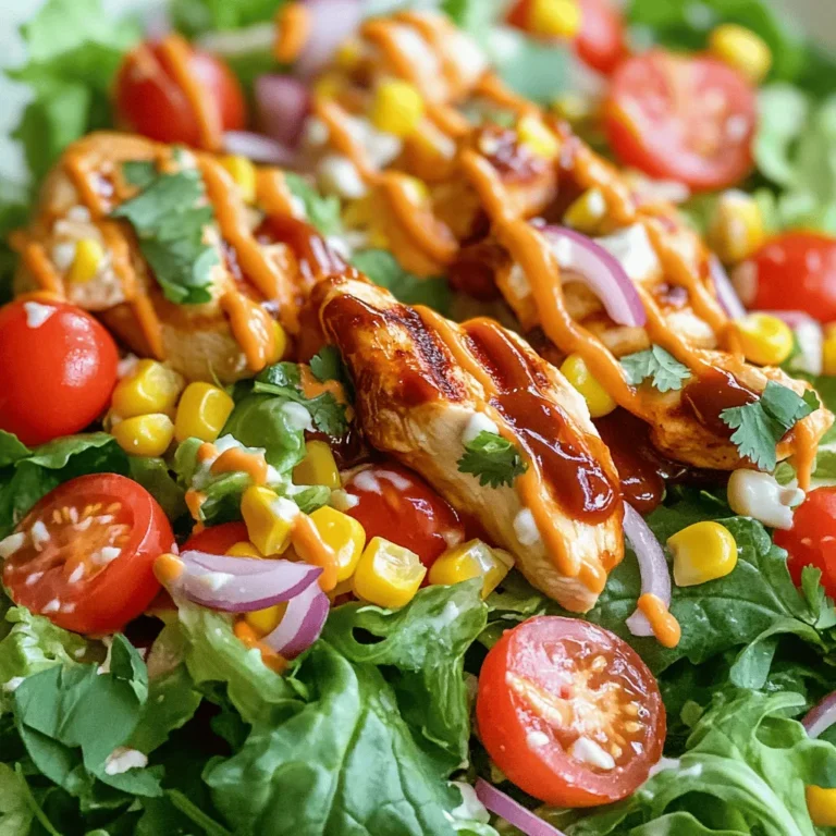 - 2 Hähnchenbrustfilets ohne Knochen und Haut - 1 Tasse BBQ-Sauce (deine Lieblingssorte) - 6 Tassen gemischte Salatblätter (Römersalat, Spinat, Rucola) - 1 Tasse Kirsch-Tomaten, halbiert - 1/2 Tasse rote Zwiebel, dünn geschnitten - 1 Tasse Maiskörner (aus der Dose oder gegrillt) - 1/4 Tasse Ranch-Dressing - Salz und Pfeffer nach Geschmack - Frischer Koriander zur Garnitur Die Zutaten für dieses BBQ Ranch Chicken Salad sind einfach und frisch. Das Hähnchen ist die Hauptzutat. Es gibt ihm Geschmack und Protein. Die BBQ-Sauce verleiht dem Hähnchen eine süße, rauchige Note. Die gemischten Salatblätter bringen Farbe und Crunch. Kirsch-Tomaten sind bunt und saftig. Sie sorgen für Frische. Rote Zwiebeln fügen eine knackige Textur und einen leicht scharfen Geschmack hinzu. Maiskörner bringen Süße und eine goldene Farbe in den Salat. Das Ranch-Dressing ist cremig und passt perfekt. Du kannst es nach Geschmack mit Salz und Pfeffer würzen. Frischer Koriander ist das i-Tüpfelchen auf deinem Salat. Er gibt Aroma und sieht toll aus. Für das gesamte Rezept kannst du die Anweisungen im [Full Recipe] nachlesen. Heize deinen Grill oder die Grillpfanne auf mittelhohe Hitze vor. Das ist wichtig, um das Hähnchen gleichmäßig zu garen. Nimm die Hähnchenbrustfilets und bestreiche sie großzügig mit BBQ-Sauce. Achte darauf, dass jede Seite gut bedeckt ist. Die BBQ-Sauce gibt dem Hähnchen tollen Geschmack und macht es saftig. Lege die Hähnchenbrust auf den Grill. Brate es etwa 6-7 Minuten auf jeder Seite. Die Innentemperatur sollte 75 °C (165 °F) erreichen. In der letzten Minute des Garens kannst du eine zusätzliche Schicht BBQ-Sauce auftragen. Das gibt dem Hähnchen einen schönen Glanz und intensiven Geschmack. Während das Hähnchen grillt, bereite die Salatzutaten vor. In einer großen Schüssel vermischst du die gemischten Salatblätter, die halbierten Kirsch-Tomaten, die dünn geschnittene rote Zwiebel und die Maiskörner. Mische alles sanft, damit die Zutaten gut verteilt sind. Schneide das gegrillte Hähnchen in Streifen und lege es auf den Salat. Füge den geriebenen Cheddar-Käse hinzu. Träufle das Ranch-Dressing darüber und mische alles gut. Für mehr Details kannst du das [Full Recipe] ansehen. Um die Hähnchenbrust saftig zu grillen, gibt es einige einfache Tipps. Erstens, verwende frische Hähnchenbrustfilets. Sie sind zarter und schmecken besser. Zweitens, mariniere das Hähnchen in BBQ-Sauce. Lass es mindestens 30 Minuten einziehen, damit die Aromen gut durchdringen. Grill das Hähnchen bei mittlerer Hitze. So garst du es gleichmäßig. Wende das Hähnchen nicht zu oft. Das macht es zäh. Wenn du eine BBQ-Sauce auswählst, achte auf die Geschmacksrichtung. Eine süße oder rauchige Sauce passt hervorragend. Probiere verschiedene Sorten, um deinen Favoriten zu finden. Ein selbstgemachtes Ranch-Dressing macht den Salat besonders lecker. Mische saure Sahne, Mayonnaise, Knoblauch, Zwiebelpulver und frische Kräuter. Alternativ, kaufe ein hochwertiges Dressing. Es spart Zeit und schmeckt gut. Du kannst auch andere Dressings verwenden. Ein Honig-Senf-Dressing bringt eine süße Note. Ein Vinaigrette passt gut, wenn du etwas Leichteres willst. Experimentiere mit verschiedenen Geschmäckern. Das Anrichten des Salats ist wichtig. Verwende große, flache Schalen. So kommen die Farben und Texturen besser zur Geltung. Lege die Hähnchenstreifen schön an. Streue den geriebenen Käse gleichmäßig darüber. Ein Spritzer Ranch-Dressing macht die Präsentation noch besser. Frische Kräuter wie Koriander sind eine tolle Garnitur. Sie bringen Farbe und Frische. So sieht dein BBQ Ranch Chicken Salad einladend aus. Für das vollständige Rezept, schaue dir das [Full Recipe] an. {{image_4}} Wenn du kein Hähnchen magst, gibt es tolle Alternativen. Du kannst Tofu oder Kichererbsen verwenden. Tofu hat eine tolle Textur und nimmt den Geschmack gut auf. Kichererbsen sind nahrhaft und geben dir einen tollen Biss. Beide Optionen machen deinen Salat genauso lecker. Um mehr Textur und Geschmack zu bekommen, füge einige Nüsse oder Samen hinzu. Geröstete Mandeln oder Sonnenblumenkerne sind großartige Optionen. Sie bringen einen schönen Crunch. Du kannst auch saisonales Gemüse wie Paprika oder Gurken hinzufügen. Diese machen den Salat frisch und bunt. Wenn du es schärfer magst, füge etwas Cayennepfeffer oder scharfe Sauce hinzu. Ein kleiner Schuss kann viel ausmachen. Für einen abgerundeten Geschmack kannst du auch etwas Limettensaft hinzufügen. Das bringt Frische und macht den Salat noch besser. Um übrig gebliebenen Salat aufzubewahren, lege ihn in einen luftdichten Behälter. Das hält den Salat frisch. Wickle das Hähnchen gut ein, damit es saftig bleibt. Der Salat hält sich im Kühlschrank etwa 3 Tage. Nach dieser Zeit kann der Geschmack nachlassen. Das Einfrieren von Hähnchen ist einfach. Kühle das Hähnchen zuerst auf Raumtemperatur ab. Wickle es dann in Frischhaltefolie und lege es in einen Gefrierbeutel. So bleibt es bis zu 3 Monate frisch. Um den Salat nach dem Einfrieren aufzubereiten, tau ihn im Kühlschrank auf. Mische dann frische Zutaten hinzu. Um den Salat frisch und knusprig zu halten, lagere die Dressings separat. So werden die Salatblätter nicht matschig. Füge das Dressing erst kurz vor dem Servieren hinzu. Verwende immer frische Zutaten, um den besten Geschmack zu erzielen. BBQ Ranch Chicken Salad bleibt im Kühlschrank etwa 3 Tage frisch. Lagere ihn in einem luftdichten Behälter. Achte darauf, die Zutaten gut zu trennen, besonders das Dressing. So bleibt der Salat knusprig und frisch. Wenn du Reste hast, schau nach, ob es seltsam riecht oder anders aussieht. Wenn ja, schmeiß es weg. Sicherheit geht vor. Ja, frisches Gemüse ist eine tolle Idee! Ich empfehle, knackigen Römersalat, Spinat oder Rucola zu nutzen. Frische Zutaten bringen mehr Geschmack und Nährstoffe. Du kannst auch Gurken, Paprika oder Karotten hinzufügen. Diese Gemüse geben deinem Salat mehr Textur und Farbe. Frisches Gemüse macht das Essen auch gesünder. Wenn du etwas Neues ausprobieren willst, gibt es viele Alternativen. Du kannst eine scharfe Sauce verwenden, um etwas Würze zu geben. Eine Honig-Senf-Sauce passt auch gut, wenn du es süßer magst. Für einen rauchigen Geschmack, probiere eine Chipotle-Sauce. Jede Sauce bringt ihren eigenen Geschmack und macht dein Gericht einzigartig. Das Rezept ergibt etwa 4 Portionen. Wenn du mehr Gäste hast, kannst du die Zutaten einfach verdoppeln. Achte darauf, dass du genug Dressing hast. Wenn du weniger Portionen brauchst, teile die Zutaten durch zwei. So passt es perfekt für jeden Anlass. Der BBQ-Ranch-Hähnchensalat kombiniert frische Zutaten, einfaches Grillen und viele Variationsmöglichkeiten. Wir haben das Hähnchen perfekt zubereitet und großartige Tipps zur Lagerung gegeben. Vergessen Sie nicht, das Dressing anzupassen, um neue Geschmackserlebnisse zu schaffen. Dieser Salat bleibt frisch und lecker, wenn man die besten Praktiken beachtet. Viel Spaß beim Ausprobieren und Genießen!