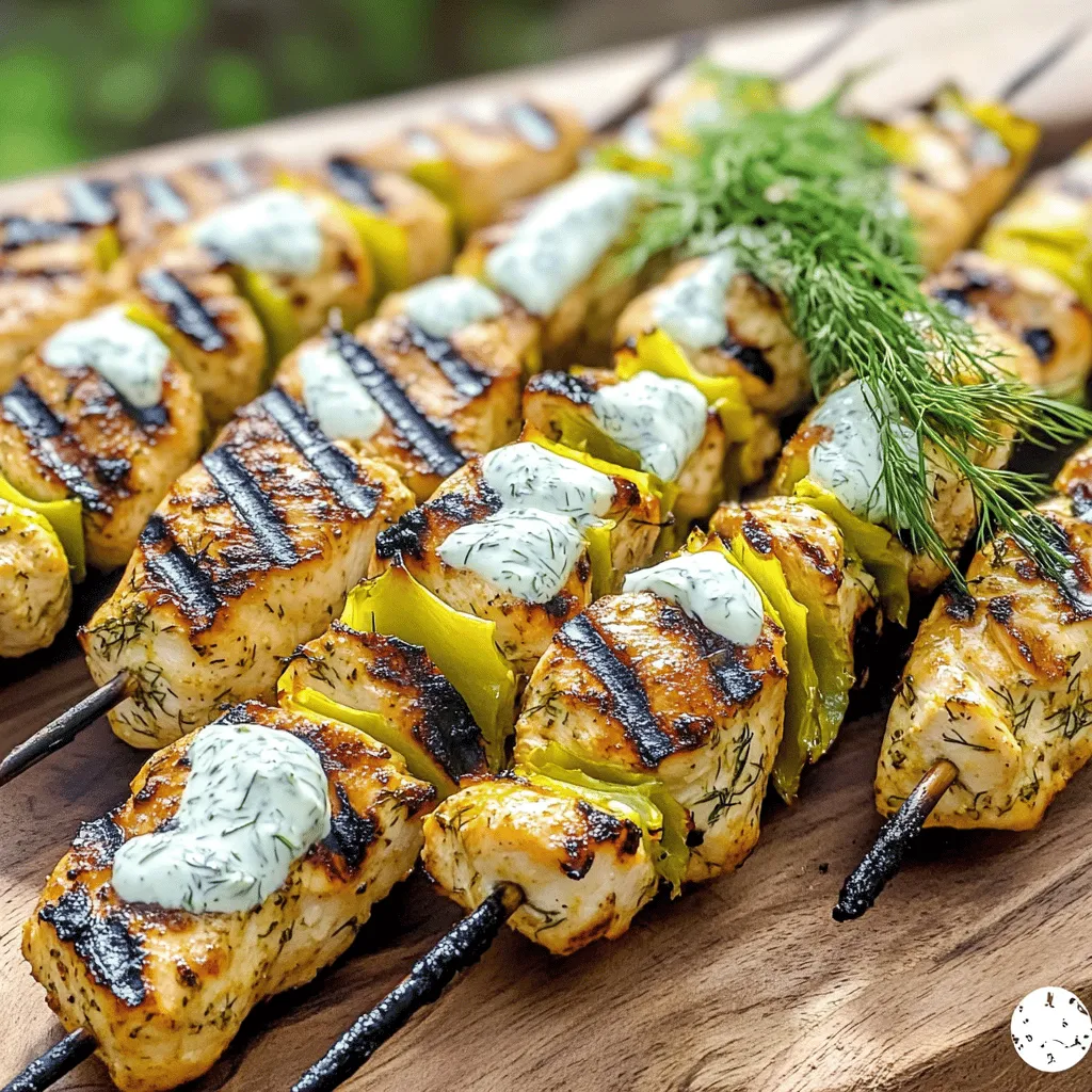 Um köstliche Pickle Ranch Chicken Skewers zu machen, benötigen Sie folgende Hauptzutaten: - 450 g Hähnchenbrustfilet ohne Haut und Knochen, in 2,5 cm große Würfel geschnitten - 120 ml Dillgurkenlake - 1 EL Ranch-Gewürzmischung - 120 g griechischer Joghurt - 1 EL Olivenöl Diese Zutaten geben dem Gericht Geschmack und Textur. Das Hähnchen ist zart, und die Dillgurkenlake bringt eine tolle Würze. Die Ranch-Gewürzmischung sorgt für einen cremigen, aromatischen Geschmack. Für die Marinade und die Dipp-Sauce verwenden Sie: - 1/2 TL Knoblauchpulver - 1/2 TL Zwiebelpulver - Salz und Pfeffer nach Geschmack Die Gewürze sind wichtig. Sie helfen, das Hähnchen zu würzen und die Dipp-Sauce zu verfeinern. Experimentieren Sie mit den Mengen, um den perfekten Geschmack zu finden. Diese Utensilien sind nützlich: - Holz- oder Metallspieße - Eine große Schüssel für die Marinade - Eine separate Schüssel für die Dipp-Sauce Wenn Sie Holzspieße verwenden, denken Sie daran, sie vorher in Wasser einzuweichen. So brennen sie nicht an. Diese Utensilien machen die Zubereitung einfach und effektiv. Für die vollständige Anleitung und das Rezept, schauen Sie sich die Full Recipe an. Zuerst nehmen Sie Ihre Hähnchenbrustfilets und schneiden sie in 2,5 cm große Würfel. Dann geben Sie die Hähnchenwürfel in eine große Schüssel. Gießen Sie die Dillgurkenlake über das Hähnchen. Decken Sie die Schüssel ab und lassen Sie das Hähnchen im Kühlschrank. Das hilft, den Geschmack zu verbessern. Lassen Sie es mindestens 30 Minuten marinieren. Eine Stunde ist auch gut. In einer separaten Schüssel mischen Sie den griechischen Joghurt mit der Ranch-Gewürzmischung. Fügen Sie das Olivenöl, das Knoblauchpulver, das Zwiebelpulver, Salz und Pfeffer hinzu. Rühren Sie alles gut um. Die Dipp-Sauce sollte cremig und lecker sein. Stellen Sie diese Sauce beiseite, bis Sie die Spieße servieren. Heizen Sie Ihren Grill oder eine Grillpfanne auf mittelhohe Hitze vor. Wenn Sie Holzspieße nutzen, weichen Sie diese für 15 Minuten in Wasser ein. Dies verhindert, dass sie beim Grillen anbrennen. Nach der Marinierzeit stecken Sie die Hähnchenwürfel auf die Spieße. Achten Sie darauf, etwas Platz zwischen den Stückchen zu lassen. So garen sie gleichmäßig. Grillen Sie die Spieße dann für 10 bis 12 Minuten. Wenden Sie sie regelmäßig, bis das Hähnchen durchgegart ist. Die Innentemperatur sollte 75 °C erreichen. Grillen kann einfach sein, wenn man einige Tipps beachtet. Zuerst, heizen Sie den Grill gut vor. Ein heißer Grill sorgt für schöne Grillstreifen. Verwenden Sie eine Grillzange, um die Spieße zu wenden. So bleibt das Hähnchen saftig. Achten Sie auch darauf, die Spieße nicht zu überladen. Platz zwischen den Stückchen lässt die Hitze besser zirkulieren. Ein häufiger Fehler ist, das Hähnchen zu kurz zu marinieren. Lassen Sie es mindestens 30 Minuten im Kühlschrank. So nimmt das Fleisch den vollen Geschmack auf. Achten Sie darauf, die Marinade nicht zu salzig zu machen. Zu viel Salz kann das Fleisch trocken machen. Verwenden Sie frische Gewürze, um den Geschmack zu verbessern. Die Dipp-Sauce ist der Star dieser Spieße. Sie können sie leicht anpassen. Fügen Sie frische Kräuter wie Petersilie oder Schnittlauch hinzu. Das gibt der Sauce mehr Frische. Für einen schärferen Geschmack können Sie etwas scharfe Sauce einmischen. Wenn Sie weniger Fett wollen, nutzen Sie fettarmen Joghurt. Sie können die Dipp-Sauce auch mit anderen Gewürzen verfeinern. Experimentieren Sie mit dem Rezept, um Ihre perfekte Sauce zu finden. {{image_4}} Wenn Sie eine vegetarische Option suchen, probieren Sie Zucchini, Paprika und Champignons. Schneiden Sie das Gemüse in Stücke, die gleich groß sind wie das Hähnchen. Marinieren Sie das Gemüse in Dillgurkenlake für zusätzlichen Geschmack. Diese Spieße bieten einen tollen Biss und sind auch sehr bunt. Die Marinade ist der Schlüssel zu großartigem Geschmack. Neben der Dillgurkenlake können Sie eine Honig-Senf-Marinade verwenden. Mischen Sie Honig, Senf und etwas Olivenöl. Diese süß-säuerliche Mischung passt gut zu Hähnchen und Gemüse. Eine BBQ-Marinade ist ebenfalls eine gute Wahl. Sie bringt einen rauchigen Geschmack, der das Grillen noch aufregender macht. Servieren Sie die Spieße mit einem frischen Salat. Ein einfacher Gurkensalat mit Dill passt perfekt. Auch Brot oder Fladenbrot sind gute Begleiter. Sie können auch Reis als Beilage anbieten. Reis ist einfach und nimmt die Aromen gut auf. Vergessen Sie nicht, die Ranch-Joghurt-Sauce bereit zu stellen. Sie ist ein toller Dip und macht das Essen noch besser. Um die Spieße frisch zu halten, lege sie in einen luftdichten Behälter. Trenne die Spieße von der Dipp-Sauce. So bleibt die Sauce cremig. Du kannst die Hähnchenspieße auch in Folie wickeln. Stelle sicher, dass sie gut verschlossen sind. Dadurch bleibt der Geschmack länger erhalten. Wenn du die Spieße einfrieren möchtest, lege sie in einen Gefrierbeutel. Entferne so viel Luft wie möglich. So bleiben sie bis zu drei Monate frisch. Zum Aufwärmen, lasse sie zuerst im Kühlschrank auftauen. Dann kannst du sie auf dem Grill oder in der Pfanne erwärmen. Achte darauf, dass sie richtig heiß sind, bevor du sie servierst. Im Kühlschrank halten sich die Spieße etwa drei bis vier Tage. Achte darauf, dass sie gut verpackt sind. Wenn du einen unangenehmen Geruch bemerkst, wirf sie weg. Sicherheit geht vor. Wenn du die Spieße länger aufbewahren möchtest, friere sie besser ein. So hast du immer ein schnelles und leckeres Gericht zur Hand. Ich empfehle, die Hähnchenwürfel mindestens 30 Minuten bis zu 1 Stunde zu marinieren. So nehmen sie den Geschmack der Dillgurkenlake und der Gewürze gut auf. Wenn du mehr Zeit hast, kannst du sie auch länger marinieren. Eine längere Marinierzeit sorgt für noch mehr Geschmack. Ja, du kannst die Spieße auch im Ofen zubereiten! Heize deinen Ofen auf 200 °C vor. Lege die Spieße auf ein Backblech und grille sie für etwa 15-20 Minuten. Wende sie nach der Hälfte der Zeit, damit sie gleichmäßig garen. Achte darauf, dass das Hähnchen eine Innentemperatur von 75 °C erreicht. Wenn du keinen griechischen Joghurt hast, kannst du auch saure Sahne oder einen pflanzlichen Joghurt verwenden. Diese Optionen geben der Dipp-Sauce eine cremige Konsistenz. Du kannst auch Quark verwenden, wenn du eine leichtere Option suchst. Die Pickle Ranch Chicken Spieße kombinieren frische Zutaten, würzige Marinaden und einfache Zubereitungen. Ich habe erklärt, wie man sie richtig marinieren und grillen kann. Du hast Tipps erhalten, um Fehler zu vermeiden und die Dipp-Sauce anzupassen. Ich habe auch leckere Varianten vorgestellt, um deine Spieße noch vielseitiger zu gestalten. Mit diesen Informationen bist du bereit, köstliche Spieße zuzubereiten und Freude zu teilen. Viel Spaß beim Grillen und Ausprobieren!