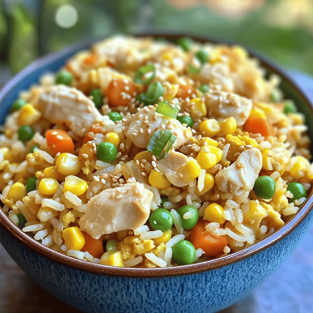 - 2 Tassen gekochter Jasminreis - 1 Tasse gewürfelte Hähnchenbrust - 1 Tasse gemischtes Gemüse Um ein leckeres Gericht zu machen, brauchen wir frische Zutaten. Ich empfehle, den Reis vom Vortag zu verwenden. Kalt und klumpenfrei macht er das Braten einfacher. Die Hähnchenbrust sollte gut gewürzt sein. Du kannst auch Reste vom Hähnchen nehmen. Das gemischte Gemüse kann Erbsen, Karotten und Mais enthalten. So hast du Farbe und Nährstoffe in deinem Gericht. - 2 große Eier - Sojasauce - Sesamöl, Olivenöl Die Eier geben dem Gericht einen tollen Geschmack. Du solltest sie leicht schlagen, bevor du sie in die Pfanne gibst. Sojasauce bringt das Umami, das jeder liebt. Ich nutze meist natriumarme Sojasauce. Sesamöl und Olivenöl sorgen für eine schöne Bräunung. Sie machen das Gericht auch aromatisch. - Frühlingszwiebeln - Knoblauch - Salz und Pfeffer Frühlingszwiebeln sind meine Geheimwaffe. Sie geben Frische und Textur. Knoblauch ist ein Muss für den Geschmack. Ich schneide ihn immer fein. Salz und Pfeffer sind einfach, aber wichtig. Sie bringen alles zusammen. Wenn du mehr Geschmack möchtest, kannst du auch andere Gewürze hinzufügen. Für die vollständige Anleitung, schau dir das [Full Recipe] an. Zuerst muss der Reis kalt und klumpenfrei sein. Übrig gebliebener Reis funktioniert am besten. Wenn Sie frischen Reis benutzen, breiten Sie ihn auf einem Backblech aus. Lassen Sie ihn abkühlen, bevor Sie ihn verwenden. So wird der Reis locker und perfekt zum Braten. Erhitzen Sie in einer großen Pfanne 1 Esslöffel Olivenöl. Gießen Sie die leicht geschlagenen Eier hinein. Rühren Sie sie, bis sie fest sind. Dann nehmen Sie die Eier aus der Pfanne und stellen Sie sie beiseite. So bleibt die Textur der Eier gut. In derselben Pfanne erhöhen Sie die Hitze und fügen 1 Esslöffel Sesamöl hinzu. Geben Sie den gehackten Knoblauch dazu und braten Sie ihn für etwa 30 Sekunden an. Der Knoblauch sollte duften, aber nicht braun werden. Danach werfen Sie das gewürfelte Hähnchen und das gemischte Gemüse hinein. Braten Sie alles für 3 bis 4 Minuten. Das Hähnchen sollte durchgewärmt sein und das Gemüse zart. Jetzt ist es Zeit, den gekochten Reis hinzuzufügen. Zerkleinern Sie eventuell Klumpen und mischen Sie alles gut. Braten Sie den Reis für weitere 3 bis 4 Minuten, damit er leicht knusprig wird. Fügen Sie dann die Sojasauce hinzu und würzen Sie mit Salz und Pfeffer nach Geschmack. Mischen Sie alles gründlich, sodass die Aromen gut verteilt sind. Heben Sie die Rühreier und die geschnittenen Frühlingszwiebeln unter. Mischen Sie alles noch einmal durch. Probieren Sie das Gericht und passen Sie die Würze an, falls nötig. Servieren Sie den gebratenen Reis in einer großen Schüssel oder auf Tellern. Garnieren Sie ihn mit zusätzlichen Frühlingszwiebeln und Sesamkörnern. Folgen Sie dem [Full Recipe], um keine Schritte zu verpassen. Gekochter Reis ist der Schlüssel zu gutem gebratenem Reis. Verwende am besten Tag alten Reis. Der Grund? Er ist trockener, was zu einem besseren Ergebnis führt. Wenn du frischen Reis nimmst, breche die Klumpen auf. Verteile den heißen Reis auf einem Blech, um ihn schnell abkühlen zu lassen. Das hilft, die Feuchtigkeit zu reduzieren. Du kannst den Geschmack leicht anpassen. Beginne mit Salz und Pfeffer. Du kannst auch andere Saucen probieren. Vielleicht magst du süße Sojasauce oder scharfe Chilisauce. Diese Änderungen bringen Abwechslung in dein Gericht. Sei kreativ und finde deine Lieblingskombination. Ein Wok ist ideal für gebratenen Reis. Die hohe Hitze sorgt für ein schnelles Garen. Beginne mit dem Erhitzen des Woks, bevor du die Zutaten hinzufügst. Timing ist wichtig. Füge zuerst den Knoblauch hinzu, dann das Hähnchen und das Gemüse. So bleibt alles frisch und lecker. Verwende diese Tipps aus dem [Full Recipe], um perfekt gebratenen Reis zu machen. {{image_4}} Fügen Sie Pilze zu Ihrem gebratenen Reis hinzu. Sie geben einen tollen Geschmack. Brokkoli oder Paprika sind auch gute Optionen. Diese Gemüsesorten bringen Farbe und Nährstoffe. Sie machen das Gericht noch gesünder und schmackhafter. Haben Sie Lust auf etwas anderes? Verwenden Sie Garnelen statt Hähnchen. Sie sind schnell und lecker. Für eine vegetarische Option können Sie Tofu verwenden. Tofu nimmt die Aromen gut auf. Das macht Ihr Gericht vielseitig und interessant. Möchten Sie etwas Schärfe? Fügen Sie Chilisauce hinzu. So wird der Reis würziger und aufregender. Fünf-Gewürze-Pulver gibt einen tollen, warmen Geschmack. Diese Gewürze machen Ihr Gericht einzigartig. Experimentieren Sie mit verschiedenen Aromen, um Ihren eigenen Stil zu finden. Für eine vollständige Anleitung zu diesem Rezept schauen Sie sich das Full Recipe an. - Maximale Haltbarkeit: Hähnchen gebratener Reis hält sich im Kühlschrank bis zu 3 Tage. Achte darauf, ihn schnell zu kühlen. - Luftdicht verpacken: Verwende einen luftdichten Behälter, um den Reis frisch zu halten. So vermeidest du, dass er Gerüche aufnimmt. - Richtiges Einfrieren: Lasse den gebratenen Reis vor dem Einfrieren abkühlen. Teile ihn in Portionen, um die Handhabung zu erleichtern. - Auftauhinweise: Lasse den Reis über Nacht im Kühlschrank auftauen. Du kannst ihn auch direkt in der Mikrowelle aufwärmen. - In der Mikrowelle oder Pfanne: Erhitze den Reis in der Mikrowelle oder in einer Pfanne. Füge etwas Wasser hinzu, um die Feuchtigkeit zu halten. - Beibehaltung der Textur: Rühre den Reis regelmäßig um, um ein Ankleben zu verhindern. So bleibt die Textur schön locker und angenehm. Um einfaches Hähnchen gebratenen Reis zu machen, folge diesen Schritten: 1. Bereite deinen Reis vor. Kalt und klumpenfrei ist am besten. 2. Koche die Eier in einer Pfanne und stelle sie beiseite. 3. Brate Knoblauch in Sesamöl an. 4. Füge das gewürfelte Hähnchen und das Gemüse hinzu. 5. Rühre den Reis ein und würze mit Sojasauce. 6. Mische die Eier und Frühlingszwiebeln unter. 7. Serviere das Gericht heiß. Das ganze Rezept findest du hier: [Full Recipe]. Ja, du kannst andere Reissorten verwenden. Hier sind einige Vor- und Nachteile: - Langkornreis: Hat eine lockere Textur. - Sushireis: Wird klebriger, ideal für Sushi. - Vollkornreis: Nährstoffreich, aber braucht mehr Zeit zum Kochen. Wähle die Sorte, die dir am besten gefällt! Gebratener Reis hält sich gut im Kühlschrank. Du solltest ihn innerhalb von 3 bis 4 Tagen essen. - Luftdicht verpacken: Das hilft, den Reis frisch zu halten. - Schnell abkühlen: Stelle sicher, dass der Reis schnell abkühlt, um Bakterien zu vermeiden. Klebriger Reis kann frustrierend sein. Hier sind einige Ursachen: - Frisch gekochter Reis: Verwende am besten Reis vom Vortag. - Zu viel Flüssigkeit: Achte darauf, dass du nicht zu viel Sojasauce verwendest. Um klebrigen Reis zu vermeiden, nutze kalten, gut gekochten Reis. Ja, du kannst das Gericht vegan machen! Hier sind einige Alternativen: - Hähnchen: Nutze Tofu oder Seitan. - Eier: Verwende eine Mischung aus Kichererbsenmehl und Wasser. Diese Optionen sorgen für einen leckeren, veganen gebratenen Reis. Die Zubereitung von gebratenem Reis ist einfach und macht Spaß. Du brauchst gekochten Reis, Hähnchen und Gemüse. Eier und Würze bringen Geschmack. Unsere Tipps helfen dir, das Gericht perfekt zu machen. Du kannst das Rezept nach deinem Geschmack anpassen. Gemüse, Proteine und Gewürze lassen sich leicht variieren. Richtiges Lagern ist wichtig für die Haltbarkeit. Genieße dieses Gericht frisch oder aufgewärmt. Probiere es heute aus und entdecke deine eigene Lieblingsversion!