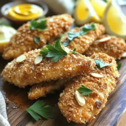 - 450 g Hähnchentender - 100 g Mandelmehl - 50 g Semmelbrösel (vorzugsweise Vollkorn) Die Hauptzutaten sind wichtig für den Geschmack und die Textur. Die Hähnchentender sind zart und saftig. Mandelmehl gibt den Nuggets einen nussigen Geschmack. Die Semmelbrösel sorgen für die knusprige Kruste, die wir alle lieben. - 1 Esslöffel Dijon-Senf - 1 Teelöffel Knoblauchpulver - 2 Esslöffel Olivenöl (zum Braten) Die Gewürze machen die Hähnchentender lebendig. Dijon-Senf hilft, die Kruste zu binden und gibt einen tollen Geschmack. Knoblauchpulver fügt eine schöne Tiefe hinzu. Olivenöl ist das beste Öl zum Braten. Es macht die Nuggets goldbraun und knusprig. - Frische Petersilie, gehackt (zum Garnieren) - Zitronenscheiben Die Garnierung macht das Gericht ansprechend. Frische Petersilie bringt Farbe und Aroma. Zitronenscheiben sorgen für einen frischen Kick. Diese einfachen Zutaten machen das Gericht noch leckerer und schöner. Für die vollständige Anleitung, schau dir das Rezept [Full Recipe] an. Heize den Ofen auf 200°C vor. Dies sorgt für eine gleichmäßige Garung. Lege ein Backblech mit Backpapier aus. So bleibt das Hühnchen nicht kleben und die Reinigung wird leichter. In einer flachen Schüssel mische 100 g Mandelmehl, 50 g Semmelbrösel, 1 Teelöffel Knoblauchpulver, 1 Teelöffel Zwiebelpulver, 1 Teelöffel Paprika, Salz und Pfeffer. Vermenge alles gut, bis die Mischung einheitlich aussieht. In einer separaten Schüssel verquirle 2 große Eier mit 1 Esslöffel Dijon-Senf. Diese Eimischung hilft, die Kruste später gut haften zu lassen. Tauche jeden Hähnchentender zuerst in die Eimischung. Lass überschüssige Flüssigkeit abtropfen. Danach tauche den Hähnchentender in die Mandelmehlmischung. Drücke leicht, damit die Panade gut haftet. Dieser Schritt ist wichtig für die perfekte Knusprigkeit. Die Garzeit für Mandel-Krusten-Hühnchen-Nuggets ist wichtig. Braten Sie die Hähnchentender etwa drei Minuten pro Seite. So bleiben sie saftig. Nach dem Braten legen Sie sie auf ein Backblech. Backen Sie sie bei 200°C für 10-12 Minuten. Die Innentemperatur sollte 75°C erreichen. Nutzen Sie ein Fleischthermometer, um sicherzustellen, dass sie gar sind. Um die Kruste besonders knusprig zu machen, verwenden Sie frisches Mandelmehl. Mischen Sie es gut mit den Semmelbröseln. Achten Sie darauf, dass die Hähnchentender gleichmäßig bedeckt sind. Lassen Sie das überschüssige Ei abtropfen, bevor Sie in die Kruste tauchen. Vermeiden Sie es, die Panade zu drücken. So bleibt sie locker und knusprig. Präsentieren Sie die Hühnchen-Nuggets auf einem schönen Holzbrett. Das sieht appetitlich aus. Fügen Sie eine kleine Schale Honigsenf oder Ranch-Dressing hinzu. Diese Dips passen perfekt zu den Nuggets. Garnieren Sie das Gericht mit frischen Kräutern und Zitronenscheiben. So wird es noch einladender. Wenn Sie mehr Ideen suchen, schauen Sie sich den Full Recipe an. {{image_4}} Für eine glutenfreie Variante der Mandel-Krusten-Hühnchen-Nuggets verwenden Sie glutenfreie Brösel. Diese sind in vielen Geschäften erhältlich. Sie können auch Panko-Brösel verwenden, um einen extra Crunch zu erzielen. Alternativ zu Mandelmehl können Sie Kokosmehl oder eine Mischung aus Reismehl und Kartoffelstärke nutzen. Diese Optionen sind leicht und bieten einen besonderen Geschmack. Um Ihren Hähnchentendern mehr Geschmack zu verleihen, fügen Sie zusätzliche Gewürze hinzu. Zum Beispiel können Sie italienische Kräuter wie Oregano oder Thymian verwenden. Diese verbessern den Geschmack der Kruste. Auch Käse wie Parmesan oder Cheddar kann in die Krustenmischung gegeben werden. Frische Kräuter wie Petersilie oder Basilikum sorgen für eine frische Note. Zu den Mandel-Krusten-Hühnchen-Nuggets passen viele Beilagen gut. Ein frischer Salat mit Zitronen-Dressing ergänzt die Nuggets perfekt. Auch gebratene Gemüse oder Kartoffelpüree sind tolle Optionen. Für Getränke empfehle ich einen leichten Weißwein oder einen spritzigen Apfelsaft. Diese Getränke runden das Essen perfekt ab. Bewahre die Mandel-Krusten-Hühnchen-Nuggets in einem luftdichten Behälter auf. Sie halten sich im Kühlschrank etwa drei bis vier Tage. Wenn du sie länger aufbewahren möchtest, friere sie einfach ein. Im Gefrierschrank bleiben sie bis zu drei Monate frisch. Achte darauf, sie gut zu verpacken, um Gefrierbrand zu vermeiden. Um die Nuggets wieder aufzuwärmen, benutze den Ofen oder die Pfanne. Heize den Ofen auf 180°C vor. Lege die Nuggets auf ein Backblech und erhitze sie etwa 10-15 Minuten. Dadurch bleiben sie knusprig. In einer Pfanne kannst du etwas Öl erhitzen und die Nuggets für 3-4 Minuten auf jeder Seite braten. So werden sie warm und lecker. Vermeide es, sie in der Mikrowelle aufzuwärmen. Das macht sie oft weich und gummig. Achte darauf, dass die Nuggets beim Aufwärmen nicht austrocknen. Wenn du sie im Ofen oder in der Pfanne aufwärmst, bleiben sie schön saftig. Für Mandel-Krusten-Hühnchen-Nuggets benötigst du frische Hähnchentender. Diese werden zuerst in einer Eimischung getaucht, dann in einer Mischung aus Mandelmehl und Semmelbröseln gewälzt. So entsteht die knusprige Kruste. Brate die Nuggets in einer Pfanne, bis sie goldbraun sind. Danach backst du sie im Ofen, um sie durchzugaren. Du findest das vollständige Rezept weiter oben. Ja, du kannst die Hähnchentender auch im Ofen zubereiten. Heize den Ofen auf 200°C vor. Lege die panierten Hähnchentender auf ein Backblech. Backe sie etwa 15 bis 20 Minuten, bis sie goldbraun sind. Überprüfe die Innentemperatur, sie sollte 75°C erreichen. So bleiben die Nuggets schön knusprig. Zu den Hähnchentendern passen viele Dips. Honigsenf ist eine beliebte Wahl. Ranch-Dressing bietet eine cremige Note. Auch BBQ-Sauce oder süß-scharfe Saucen sind großartige Optionen. Die Wahl des Dips kann das Geschmackserlebnis stark beeinflussen. Das Rezept ergibt vier Portionen. Ideal für eine kleine Familie oder ein Treffen mit Freunden. Du kannst die Menge leicht verdoppeln, wenn du mehr Gäste hast. Serviere die Nuggets mit Beilagen für ein vollständiges Essen. Wenn du keine Hähnchentender hast, kannst du Hähnchenbrust verwenden. Diese in Streifen schneiden und gleich zubereiten. Für eine vegetarische Option probiere Tofu oder Auberginen. Achte darauf, die Garzeit entsprechend anzupassen. Du kennst jetzt die besten Zutaten, Tipps und Schritte für das perfekte Mandel-Krusten-Hühnchen. Ich habe dir alles Wichtige erklärt, von der Zubereitung bis zu Variationen. Experimentiere mit den Rezepten und finde heraus, was dir am besten schmeckt. Denke daran, wie du deine Reste aufbewahrst und wieder aufwärmst. So bleibt dein Gericht immer lecker. Nutze die Tipps und genieße deine Kreation!