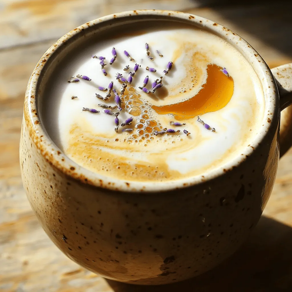 Für einen perfekten Honig-Lavendel-Latte brauchst du einige Hauptzutaten. Diese sind wichtig für den Geschmack und die Textur deines Getränks. Hier sind die Zutaten, die du benötigst: - 1 Tasse Milch (wahlweise Kuhmilch oder pflanzliche Milch) - 1 Esslöffel getrockneter kulinarischer Lavendel - 1 Tasse Wasser - 1-2 Esslöffel Honig (nach Geschmack) - 1 Espresso-Shot oder 1/2 Tasse stark gebrühter Kaffee - Eine Prise Meersalz (optional) - Lavendelzweige zur Dekoration (optional) Diese Zutaten sorgen für ein ausgewogenes und aromatisches Getränk. Der Lavendel gibt einen blumigen Duft, während der Honig die Süße bringt. Wenn du nach Alternativen suchst, gibt es viele Optionen. Du kannst Mandelmilch, Hafermilch oder Sojamilch verwenden. Diese pflanzlichen Milchsorten bieten unterschiedliche Geschmäcker und Texturen. Sie sind auch für Veganern geeignet. Probiere verschiedene Sorten aus, um deinen Favoriten zu finden. Um deinen Latte noch interessanter zu machen, kannst du zusätzliche Aromen hinzufügen. Hier sind einige Vorschläge: - Vanilleextrakt für eine süße Note - Karamellsirup für eine reichhaltige Süße - Zimt für eine warme Gewürznote Diese Optionen passen gut zu Lavendel und Honig. Du kannst kreativ sein und deine eigene Mischung finden. Denke daran, die Mengen anzupassen, um den perfekten Geschmack zu erzielen. Wenn du mehr über die Zubereitung erfahren möchtest, schau dir das Full Recipe an. Um den Honig-Lavendel-Latte herzustellen, starten wir mit dem Lavendelwasser. Nehmen Sie 1 Tasse Wasser und bringen Sie es zum Sieden. Das Wasser sollte sprudelnd kochen. Sobald es kocht, nehmen Sie den Topf vom Herd. Jetzt fügen Sie 1 Esslöffel getrockneten kulinarischen Lavendel hinzu. Decken Sie den Topf ab und lassen Sie ihn 10 Minuten ziehen. Diese Zeit erlaubt dem Lavendel, seinen Duft und Geschmack abzugeben. Nach 10 Minuten seihen Sie das Wasser durch ein feines Sieb. Es sollte klar und aromatisch sein. Für die Milch nehmen Sie eine Tasse Ihrer Wahl. Dies kann Kuhmilch oder eine pflanzliche Milch sein. Erwärmen Sie die Milch in einem separaten Topf bei mittlerer Hitze. Achten Sie darauf, dass die Milch nicht kocht. Wenn sie warm ist, schäumen Sie sie auf. Nutzen Sie einen Milchaufschäumer, einen Schneebesen oder einen Mixer. Das Ziel ist, die Milch leicht und cremig zu machen. Fügen Sie dann 1-2 Esslöffel Honig hinzu. Rühren Sie gut um, bis der Honig sich auflöst. Passen Sie die Süße nach Ihrem Geschmack an. Nehmen Sie eine große Tasse und gießen Sie 1 Espresso-Shot oder 1/2 Tasse starken Kaffee hinein. Jetzt ist es Zeit, die Lavendelmilch hinzuzufügen. Gießen Sie sie vorsichtig über den Kaffee. Dadurch vermischen sich die Aromen gut. Für einen zusätzlichen Kick können Sie eine Prise Meersalz hinzufügen. Dies hebt den Geschmack hervor. Zum Schluss dekorieren Sie Ihren Latte mit einem Zweig Lavendel, wenn Sie möchten. So sieht Ihr Getränk nicht nur gut aus, sondern schmeckt auch fantastisch. Um die vollständige Anleitung zu sehen, schauen Sie sich das Full Recipe an. Ein häufiger Fehler ist, den Lavendel zu lange ziehen zu lassen. Das kann den Geschmack bitter machen. Ziehen Sie den Lavendel nur 10 Minuten. Achten Sie darauf, die Milch nicht zu überhitzen. Wenn sie kocht, wird der Schaum nicht gut. Verwenden Sie frische Zutaten. Alte Zutaten können den Geschmack beeinflussen. Für perfekten Milchschaum ist die Milchwahl wichtig. Vollmilch schäumt am besten. Erhitzen Sie die Milch langsam, bis sie warm ist. Benutzen Sie einen Milchaufschäumer. Alternativ können Sie einen Schneebesen oder Mixer verwenden. Schäumen Sie die Milch, bis sie leicht und cremig ist. Achten Sie darauf, die Milch nicht zum Kochen zu bringen. So bleibt die Textur perfekt. Jeder hat andere Vorlieben. Passen Sie den Honig an. Mögen Sie es süßer? Fügen Sie mehr Honig hinzu. Wenn Sie den Lavendelgeschmack verstärken möchten, fügen Sie etwas mehr hinzu. Experimentieren Sie mit anderen Aromen. Ein Hauch von Vanille oder Zimt kann toll schmecken. Sehen Sie sich die [Full Recipe] an, um neue Ideen zu finden. {{image_4}} Für eine vegane Variante des Honig-Lavendel-Lattes können Sie pflanzliche Milch verwenden. Optionen wie Mandeln, Hafer oder Kokos sind großartig. Diese Milchsorten sind oft cremig und passen gut zum Geschmack des Lavendels. Ersetzen Sie den Honig durch Agavensirup oder einen anderen pflanzlichen Süßstoff. So bleibt das Getränk ganz vegan und lecker. Wenn Sie auf Zucker verzichten möchten, gibt es viele Alternativen. Stevia oder Erythrit sind zwei gute Optionen. Diese Süßstoffe haben kaum Kalorien und können leicht in die Milchgerätschaften gemischt werden. Beginnen Sie mit einer kleinen Menge und passen Sie den Geschmack an. So bleibt Ihr Latte süß, ohne Zucker zu verwenden. Es gibt viele Möglichkeiten, den Honig-Lavendel-Latte zu variieren. Fügen Sie einen Schuss Vanilleextrakt hinzu, um eine süße Note zu erreichen. Karamellsoße kann ebenfalls eine interessante Wendung geben. Für eine herzhaftere Variante probieren Sie einen Schuss Zimt oder Muskat. Diese Aromen ergänzen den Lavendel und machen das Getränk einzigartig. Experimentieren Sie mit verschiedenen Kombinationen, um Ihren perfekten Latte zu finden. Die wichtigsten Zutaten für deinen Honig-Lavendel-Latte sind Milch, Honig und Lavendel. Lagere die Milch im Kühlschrank. Achte darauf, dass sie gut verschlossen ist. Honig kann bei Raumtemperatur stehen. Er bleibt lange haltbar. Den Lavendel solltest du in einem luftdichten Behälter aufbewahren. So bleibt sein Aroma frisch. Wenn du mehr Lavendelwasser machst, lagere es in einem Glasbehälter. Decke den Behälter gut ab. So bleibt das Aroma erhalten. Kühl lagern ist wichtig, am besten im Kühlschrank. Das Lavendelwasser hält sich bis zu einer Woche. Vor der Verwendung schüttle den Behälter leicht. Du kannst die Zutaten für bis zu drei Portionen vorbereiten. Das Lavendelwasser hält sich gut eine Woche. Wenn du die Milch aufschäumst, bereite sie frisch zu. Aufgeschäumte Milch schmeckt am besten sofort. Bereite deinen Latte am besten frisch vor. So bleibt der Geschmack intensiv und lecker. Ein Honig-Lavendel-Latte ist ein köstliches Getränk. Es verbindet den süßen Geschmack von Honig mit dem blumigen Aroma von Lavendel. Diese Mischung macht den Latte besonders angenehm und einzigartig. Man bereitet ihn mit Milch, Kaffee und Lavendelwasser zu. Die Kombination sorgt für eine sanfte und beruhigende Tasse Kaffee. Du findest Honig-Lavendel-Lattes in vielen Cafés. Viele spezialisierte Kaffeehäuser bieten dieses Getränk an. Auch einige Teeläden haben es im Angebot. Wenn du gerne experimentierst, kannst du es auch zu Hause machen. Die Zubereitung ist einfach und spaßig. Folge einfach dem Full Recipe für die richtige Anleitung. Lavendel hat viele Vorteile. Er wirkt beruhigend und kann Stress abbauen. Zudem kann er bei Schlafproblemen helfen. Honig ist ein natürlicher Süßstoff. Er hat antibakterielle Eigenschaften und stärkt das Immunsystem. Die Kombination dieser beiden macht den Latte nicht nur lecker, sondern auch gesund. - Weitere häufig gestellte Fragen zur Zubereitung und den Zutaten: Was kann ich statt Honig verwenden? Du kannst Agavendicksaft oder Zucker nehmen. Wie lange hält das Lavendelwasser? Es bleibt im Kühlschrank etwa eine Woche frisch. Kann ich frischen Lavendel verwenden? Ja, frischer Lavendel kann auch verwendet werden! Ein Honig-Lavendel-Latte ist eine köstliche Mischung aus Lavendel, Honig und Milch. Wir haben die Hauptzutaten, Milchoptionen und zusätzliche Aromen erkundet. Die Schritt-für-Schritt-Anleitung zeigte, wie man Lavendelwasser zubereitet und den perfekten Milchschaum macht. Die Tipps halfen, häufige Fehler zu vermeiden. Denke daran, dass du deine eigene Note hinzugeben kannst. Mit den Variationen kannst du die Getränke anpassen. Bewahre die Zutaten richtig auf, um die Frische zu bewahren. Trau dich, neue Geschmäcker auszuprobieren. Der Honig-Lavendel-Latte ist einfach gut!