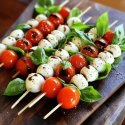 Für die Balsamico Caprese Spieße brauchst du nur einige frische Zutaten. Die Hauptzutaten sind: - 1 Pint Kirschtomaten - 225 g frische Mozzarella-Bällchen (Bocconcini) - Frische Basilikumblätter - 60 ml Balsamico-Glasur - Salz und frisch gemahlener schwarzer Pfeffer nach Geschmack - Spieße (aus Holz oder Metall) Diese Zutaten sind einfach zu finden und geben den Spießen ihren frischen Geschmack. Die Wahl der Kirschtomaten ist wichtig. Du willst Tomaten, die süß und saftig sind. Achte darauf, dass sie fest sind und eine glänzende Haut haben. Vermeide matschige oder rissige Tomaten. Der beste Zeitpunkt, um Kirschtomaten zu kaufen, ist im Sommer, wenn sie in Saison sind. Sie sind dann am aromatischsten. Für den perfekten Geschmack verwende frische Mozzarella-Bällchen. Sie sind weich und cremig. Kaufe die Bällchen in einer Lake, um ihre Frische zu erhalten. Basilikum sollte ebenfalls frisch sein. Die Blätter sollten grün und knackig wirken. Dies gibt den Spießen einen wundervollen Duft und Geschmack. Wenn du diese Zutaten frisch wählst, wird dein Gericht wirklich lecker. Du kannst das vollständige Rezept für die Balsamico Caprese Spieße in der [Full Recipe] finden. Um die Balsamico Caprese Spieße perfekt zu machen, starten Sie mit den Zutaten. Zuerst spülen Sie die Kirschtomaten und Basilikumblätter unter kaltem Wasser ab. Danach tupfen Sie sie mit einem Papiertuch trocken. Achten Sie darauf, frische Kirschtomaten zu wählen. Sie sollten fest und glänzend sein. Für den Mozzarella verwenden Sie die kleinen Bocconcini. Diese sind ideal für Spieße. Jetzt kommt der spaßige Teil: das Zusammensetzen der Spieße! Nehmen Sie einen Spieß und fädeln Sie zuerst eine Kirschtomate darauf. Danach kommt ein Basilikumblatt, gefolgt von einer Mozzarella-Bällchen. Wiederholen Sie diesen Schritt, bis der Spieß voll ist. Meistens passen zwei bis drei Kirschtomaten und Mozzarella-Bällchen auf einen Spieß. Achten Sie darauf, die Zutaten schön abwechselnd aufzufädeln. Dies macht die Spieße bunt und einladend. Legen Sie alle Spieße ordentlich auf eine große Servierplatte. Eine schöne Präsentation ist wichtig! Beträufeln Sie die Spieße dann großzügig mit der Balsamico-Glasur. So wird jeder Biss köstlich. Würzen Sie die Spieße mit etwas Salz und frisch gemahlenem schwarzen Pfeffer. Lassen Sie sie optional zehn Minuten ruhen. So verbinden sich die Aromen besser. Servieren Sie die Spieße auf einem Holzbrett oder einer langen Platte. Für einen besonderen Touch können Sie eine kleine Schüssel mit extra Balsamico-Glasur zum Eintunken dazu stellen. Um die besten Balsamico Caprese Spieße zu machen, wählen Sie frische Zutaten. Achten Sie darauf, dass die Kirschtomaten fest und glänzend sind. Wählen Sie die Mozzarella-Bällchen, die cremig und weich sind. Frische Basilikumblätter sollten grün und ohne Flecken sein. Beim Zusammenstellen der Spieße können Sie die Reihenfolge variieren. Beginnen Sie mit einer Tomate, gefolgt von Basilikum und dann Mozzarella. Das sorgt für einen tollen Geschmack. Drücken Sie die Zutaten leicht zusammen, damit sie fest sitzen. Lassen Sie die Spieße nicht zu lange stehen, bevor Sie sie servieren. Die Aromen sind frisch und lebendig, wenn Sie sie direkt nach der Zubereitung genießen. Die Präsentation macht viel aus. Nutzen Sie eine lange Platte oder ein Holzbrett. Stellen Sie die Spieße in zwei oder drei Reihen auf. Das sieht einladend aus und ist einfach zu greifen. Fügen Sie eine kleine Schüssel mit zusätzlicher Balsamico-Glasur hinzu. So können die Gäste nach Belieben dippen. Dekorieren Sie die Platte mit ganzen Basilikumblättern. Das gibt einen schönen Kontrast und macht alles lebendiger. Die Balsamico-Glasur ist der Star der Spieße. Wählen Sie eine hochwertige Glasur für den besten Geschmack. Sie sollte dickflüssig und süß-sauer sein. Wenn Sie eine selbstgemachte Glasur verwenden möchten, kochen Sie Balsamico-Essig langsam ein, bis er dick wird. Sehen Sie sich die Konsistenz an. Sie sollte beim Eintunken an den Spießen haften bleiben. Die Glasur verleiht den Spießen Tiefe und einen tollen Glanz. Genießen Sie die Aromen und kreativ zusammen mixen - das ist der Schlüssel zu einem guten Gericht. {{image_4}} Balsamico Caprese Spieße sind nicht nur für Vegetarier toll. Für Veganer können wir die Mozzarella-Bällchen durch pflanzliche Alternativen ersetzen. Sojajoghurt oder Kokosnuss-Mozzarella sind gute Optionen. Sie geben einen ähnlichen Geschmack und Textur. Diese Alternativen machen die Spieße vegan und gesund. Um die Aromen zu verändern, probiere verschiedene Zutaten. Füge Oliven oder Paprika hinzu. Gegrillte Zucchini oder Auberginen passen auch gut. Du kannst auch unterschiedliche Käsesorten verwenden, wie Feta oder Ziegenkäse. Diese Zutaten bringen neue Geschmäcker und Farben in die Spieße. Die Spieße lassen sich leicht an die Jahreszeiten anpassen. Im Sommer kannst du frische Erdbeeren oder Wassermelone verwenden. Diese Früchte ergänzen den Balsamico wunderbar. Im Herbst sind geröstete Kürbiswürfel eine großartige Wahl. Sie fügen eine süßliche Note hinzu. So bleiben deine Balsamico Caprese Spieße das ganze Jahr über spannend und frisch. Wenn Sie einige Spieße übrig haben, lagern Sie sie gut. Wickeln Sie die Spieße in Frischhaltefolie. Sie können auch einen luftdichten Behälter verwenden. Stellen Sie sicher, dass die Spieße nicht zerdrückt werden. Lagern Sie sie im Kühlschrank. So bleiben sie frisch. Genießen Sie sie innerhalb von zwei Tagen. Haben Sie noch Kirschtomaten oder Mozzarella übrig? Verwenden Sie sie in Salaten oder Sandwiches. Sie sind auch köstlich in Pasta-Gerichten. Basilikum können Sie in Pesto oder für Kräuterbutter nutzen. So verschwenden Sie nichts und genießen viele Geschmäcker. Balsamico-Glasur hält sich gut. Lagern Sie sie in einem kühlen, dunklen Ort. Ein luftdichter Behälter ist ideal. Sie bleibt bis zu einem Jahr haltbar. Überprüfen Sie das Mindesthaltbarkeitsdatum auf der Flasche. Nach dem Öffnen ist es am besten, sie innerhalb von sechs Monaten zu verbrauchen. So bleibt der Geschmack frisch und lecker. Um Balsamico Caprese Spieße zu machen, brauchen Sie frische Zutaten. Zuerst waschen Sie die Kirschtomaten und Basilikumblätter. Dann nehmen Sie einen Spieß und fädeln die Zutaten auf. Beginnen Sie mit einer Kirschtomate, gefolgt von einem Basilikumblatt und einer Mozzarella-Bällchen. Wiederholen Sie diesen Schritt, bis der Spieß voll ist. Am Ende geben Sie die Balsamico-Glasur darauf und würzen alles mit Salz und Pfeffer. Es ist wichtig, die Spieße hübsch anzurichten. So sehen sie ansprechend aus. Ja, die Spieße können im Voraus zubereitet werden. Bereiten Sie die Spieße bis zu einem Tag vorher vor. Lagern Sie sie im Kühlschrank. Achten Sie darauf, die Balsamico-Glasur erst kurz vor dem Servieren aufzutragen. Dies hält die Spieße frisch und lecker. Wenn Sie die Spieße ruhen lassen, verbinden sich die Aromen besser. Balsamico Caprese Spieße passen gut zu vielen Gerichten. Servieren Sie sie mit frischem Brot oder Crackern. Ein leichter Salat ist auch eine gute Wahl. Diese Spieße sind perfekt für Partys oder als Vorspeise. Man kann sie auch mit einem Glas Wein genießen. Bei einem Buffet sind sie ein echter Hit. Die Kombination aus Tomaten, Mozzarella und Basilikum ist einfach köstlich. Balsamico Caprese Spieße sind einfach und köstlich. Wir haben die Hauptzutaten, wie Kirschtomaten, Mozzarella und Basilikum, besprochen. Die Schritt-für-Schritt-Anleitung hilft Ihnen, die Spieße schnell zuzubereiten. Tipps zur Präsentation machen sie ideal für Feste. Variationen bieten Spaß und neue Geschmäcker. Und die Lagerungshinweise sorgen dafür, dass Sie nichts verschwenden. Experimentieren Sie mit diesen Ideen. Viel Spaß beim Zubereiten und Genießen Ihrer Spieße!