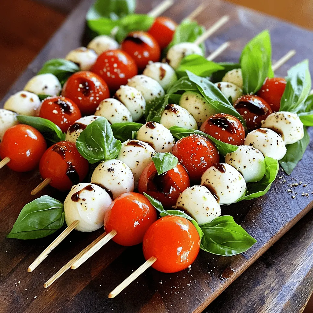Für die Balsamico Caprese Spieße brauchst du nur einige frische Zutaten. Die Hauptzutaten sind: - 1 Pint Kirschtomaten - 225 g frische Mozzarella-Bällchen (Bocconcini) - Frische Basilikumblätter - 60 ml Balsamico-Glasur - Salz und frisch gemahlener schwarzer Pfeffer nach Geschmack - Spieße (aus Holz oder Metall) Diese Zutaten sind einfach zu finden und geben den Spießen ihren frischen Geschmack. Die Wahl der Kirschtomaten ist wichtig. Du willst Tomaten, die süß und saftig sind. Achte darauf, dass sie fest sind und eine glänzende Haut haben. Vermeide matschige oder rissige Tomaten. Der beste Zeitpunkt, um Kirschtomaten zu kaufen, ist im Sommer, wenn sie in Saison sind. Sie sind dann am aromatischsten. Für den perfekten Geschmack verwende frische Mozzarella-Bällchen. Sie sind weich und cremig. Kaufe die Bällchen in einer Lake, um ihre Frische zu erhalten. Basilikum sollte ebenfalls frisch sein. Die Blätter sollten grün und knackig wirken. Dies gibt den Spießen einen wundervollen Duft und Geschmack. Wenn du diese Zutaten frisch wählst, wird dein Gericht wirklich lecker. Du kannst das vollständige Rezept für die Balsamico Caprese Spieße in der [Full Recipe] finden. Um die Balsamico Caprese Spieße perfekt zu machen, starten Sie mit den Zutaten. Zuerst spülen Sie die Kirschtomaten und Basilikumblätter unter kaltem Wasser ab. Danach tupfen Sie sie mit einem Papiertuch trocken. Achten Sie darauf, frische Kirschtomaten zu wählen. Sie sollten fest und glänzend sein. Für den Mozzarella verwenden Sie die kleinen Bocconcini. Diese sind ideal für Spieße. Jetzt kommt der spaßige Teil: das Zusammensetzen der Spieße! Nehmen Sie einen Spieß und fädeln Sie zuerst eine Kirschtomate darauf. Danach kommt ein Basilikumblatt, gefolgt von einer Mozzarella-Bällchen. Wiederholen Sie diesen Schritt, bis der Spieß voll ist. Meistens passen zwei bis drei Kirschtomaten und Mozzarella-Bällchen auf einen Spieß. Achten Sie darauf, die Zutaten schön abwechselnd aufzufädeln. Dies macht die Spieße bunt und einladend. Legen Sie alle Spieße ordentlich auf eine große Servierplatte. Eine schöne Präsentation ist wichtig! Beträufeln Sie die Spieße dann großzügig mit der Balsamico-Glasur. So wird jeder Biss köstlich. Würzen Sie die Spieße mit etwas Salz und frisch gemahlenem schwarzen Pfeffer. Lassen Sie sie optional zehn Minuten ruhen. So verbinden sich die Aromen besser. Servieren Sie die Spieße auf einem Holzbrett oder einer langen Platte. Für einen besonderen Touch können Sie eine kleine Schüssel mit extra Balsamico-Glasur zum Eintunken dazu stellen. Um die besten Balsamico Caprese Spieße zu machen, wählen Sie frische Zutaten. Achten Sie darauf, dass die Kirschtomaten fest und glänzend sind. Wählen Sie die Mozzarella-Bällchen, die cremig und weich sind. Frische Basilikumblätter sollten grün und ohne Flecken sein. Beim Zusammenstellen der Spieße können Sie die Reihenfolge variieren. Beginnen Sie mit einer Tomate, gefolgt von Basilikum und dann Mozzarella. Das sorgt für einen tollen Geschmack. Drücken Sie die Zutaten leicht zusammen, damit sie fest sitzen. Lassen Sie die Spieße nicht zu lange stehen, bevor Sie sie servieren. Die Aromen sind frisch und lebendig, wenn Sie sie direkt nach der Zubereitung genießen. Die Präsentation macht viel aus. Nutzen Sie eine lange Platte oder ein Holzbrett. Stellen Sie die Spieße in zwei oder drei Reihen auf. Das sieht einladend aus und ist einfach zu greifen. Fügen Sie eine kleine Schüssel mit zusätzlicher Balsamico-Glasur hinzu. So können die Gäste nach Belieben dippen. Dekorieren Sie die Platte mit ganzen Basilikumblättern. Das gibt einen schönen Kontrast und macht alles lebendiger. Die Balsamico-Glasur ist der Star der Spieße. Wählen Sie eine hochwertige Glasur für den besten Geschmack. Sie sollte dickflüssig und süß-sauer sein. Wenn Sie eine selbstgemachte Glasur verwenden möchten, kochen Sie Balsamico-Essig langsam ein, bis er dick wird. Sehen Sie sich die Konsistenz an. Sie sollte beim Eintunken an den Spießen haften bleiben. Die Glasur verleiht den Spießen Tiefe und einen tollen Glanz. Genießen Sie die Aromen und kreativ zusammen mixen - das ist der Schlüssel zu einem guten Gericht. {{image_4}} Balsamico Caprese Spieße sind nicht nur für Vegetarier toll. Für Veganer können wir die Mozzarella-Bällchen durch pflanzliche Alternativen ersetzen. Sojajoghurt oder Kokosnuss-Mozzarella sind gute Optionen. Sie geben einen ähnlichen Geschmack und Textur. Diese Alternativen machen die Spieße vegan und gesund. Um die Aromen zu verändern, probiere verschiedene Zutaten. Füge Oliven oder Paprika hinzu. Gegrillte Zucchini oder Auberginen passen auch gut. Du kannst auch unterschiedliche Käsesorten verwenden, wie Feta oder Ziegenkäse. Diese Zutaten bringen neue Geschmäcker und Farben in die Spieße. Die Spieße lassen sich leicht an die Jahreszeiten anpassen. Im Sommer kannst du frische Erdbeeren oder Wassermelone verwenden. Diese Früchte ergänzen den Balsamico wunderbar. Im Herbst sind geröstete Kürbiswürfel eine großartige Wahl. Sie fügen eine süßliche Note hinzu. So bleiben deine Balsamico Caprese Spieße das ganze Jahr über spannend und frisch. Wenn Sie einige Spieße übrig haben, lagern Sie sie gut. Wickeln Sie die Spieße in Frischhaltefolie. Sie können auch einen luftdichten Behälter verwenden. Stellen Sie sicher, dass die Spieße nicht zerdrückt werden. Lagern Sie sie im Kühlschrank. So bleiben sie frisch. Genießen Sie sie innerhalb von zwei Tagen. Haben Sie noch Kirschtomaten oder Mozzarella übrig? Verwenden Sie sie in Salaten oder Sandwiches. Sie sind auch köstlich in Pasta-Gerichten. Basilikum können Sie in Pesto oder für Kräuterbutter nutzen. So verschwenden Sie nichts und genießen viele Geschmäcker. Balsamico-Glasur hält sich gut. Lagern Sie sie in einem kühlen, dunklen Ort. Ein luftdichter Behälter ist ideal. Sie bleibt bis zu einem Jahr haltbar. Überprüfen Sie das Mindesthaltbarkeitsdatum auf der Flasche. Nach dem Öffnen ist es am besten, sie innerhalb von sechs Monaten zu verbrauchen. So bleibt der Geschmack frisch und lecker. Um Balsamico Caprese Spieße zu machen, brauchen Sie frische Zutaten. Zuerst waschen Sie die Kirschtomaten und Basilikumblätter. Dann nehmen Sie einen Spieß und fädeln die Zutaten auf. Beginnen Sie mit einer Kirschtomate, gefolgt von einem Basilikumblatt und einer Mozzarella-Bällchen. Wiederholen Sie diesen Schritt, bis der Spieß voll ist. Am Ende geben Sie die Balsamico-Glasur darauf und würzen alles mit Salz und Pfeffer. Es ist wichtig, die Spieße hübsch anzurichten. So sehen sie ansprechend aus. Ja, die Spieße können im Voraus zubereitet werden. Bereiten Sie die Spieße bis zu einem Tag vorher vor. Lagern Sie sie im Kühlschrank. Achten Sie darauf, die Balsamico-Glasur erst kurz vor dem Servieren aufzutragen. Dies hält die Spieße frisch und lecker. Wenn Sie die Spieße ruhen lassen, verbinden sich die Aromen besser. Balsamico Caprese Spieße passen gut zu vielen Gerichten. Servieren Sie sie mit frischem Brot oder Crackern. Ein leichter Salat ist auch eine gute Wahl. Diese Spieße sind perfekt für Partys oder als Vorspeise. Man kann sie auch mit einem Glas Wein genießen. Bei einem Buffet sind sie ein echter Hit. Die Kombination aus Tomaten, Mozzarella und Basilikum ist einfach köstlich. Balsamico Caprese Spieße sind einfach und köstlich. Wir haben die Hauptzutaten, wie Kirschtomaten, Mozzarella und Basilikum, besprochen. Die Schritt-für-Schritt-Anleitung hilft Ihnen, die Spieße schnell zuzubereiten. Tipps zur Präsentation machen sie ideal für Feste. Variationen bieten Spaß und neue Geschmäcker. Und die Lagerungshinweise sorgen dafür, dass Sie nichts verschwenden. Experimentieren Sie mit diesen Ideen. Viel Spaß beim Zubereiten und Genießen Ihrer Spieße!