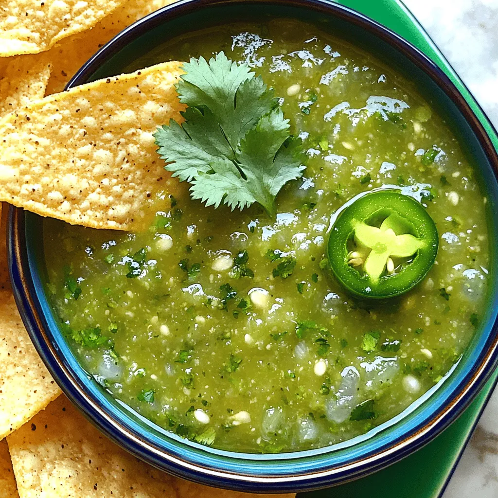 Die Zutaten für meine Salsa Verde sind einfach und frisch. Jedes Element hat seinen eigenen Geschmack, der die Salsa stark macht. Hier sind die Hauptzutaten: - 8 Tomatillos, von ihrer Hülle befreit und gründlich gewaschen - 1 Jalapeño, halbiert und entkernt (für extra Schärfe können die Kerne drin bleiben) - 1 kleine Zwiebel, geviertelt - 3 Knoblauchzehen, ungeschält - 1/2 Tasse frischer Koriander, grob gehackt - Saft von 1 Limette - Salz nach Geschmack - 1 Esslöffel Olivenöl (optional für eine cremigere Konsistenz) Jede Zutat bringt etwas Besonderes. Tomatillos sind fruchtig und leicht sauer. Jalapeños geben Wärme und einen tollen Kick. Zwiebeln und Knoblauch fügen Tiefe und Aroma hinzu. Koriander bringt Frische, während Limettensaft die Mischung aufhellt. Salz hebt alle Aromen hervor. Wenn du es cremiger magst, füge etwas Olivenöl hinzu. Ich finde es wichtig, frische Zutaten zu wählen. Das macht einen großen Unterschied im Geschmack. Wenn du diese Zutaten zusammenbringst, erhältst du eine lebendige und köstliche Salsa. Diese Salsa ist perfekt für viele Gerichte. Du kannst sie zu Tacos, Nachos oder einfach mit Tortilla-Chips genießen. Für das vollständige Rezept, schau dir die [Full Recipe] an. Zuerst bereite ich die Tomatillos, den Jalapeño und die Zwiebel vor. Ich befreie die Tomatillos von ihrer Hülle und wasche sie gründlich. Dann halbiere ich den Jalapeño und entferne die Kerne. Wenn ich eine schärfere Salsa möchte, lasse ich die Kerne drin. Die Zwiebel schneide ich in Viertel. Schließlich röste ich die ungeschälten Knoblauchzehen. Diese Schritte sind wichtig, um die Aromen zu intensivieren. Jetzt heize ich meinen Ofen auf 200°C vor. Ich lege die vorbereiteten Tomatillos, den Jalapeño, die Zwiebel und die ungeschälten Knoblauchzehen auf ein Backblech. Die Zutaten sollten gut verteilt sein. Ich röste sie im Ofen für etwa 15 bis 20 Minuten. Sie sind fertig, wenn die Tomatillos weich sind und die Haut leicht angebrannt ist. Dieses Rösten bringt die süßen und rauchigen Noten zur Geltung. Nach dem Rösten lasse ich die Zutaten kurz abkühlen. Dann schäle ich den Knoblauch und gebe alle Zutaten in einen Mixer. Ich füge den grob gehackten Koriander, den Limettensaft und das Salz hinzu. Wenn ich eine cremigere Konsistenz möchte, kommt das Olivenöl dazu. Jetzt mixe ich alles, bis ich die gewünschte Konsistenz erreicht habe – glatt oder stückig. Ich probiere die Salsa und passe die Würze nach Belieben an. Übertrage die Salsa Verde in eine Schüssel oder ein Glas. Lass sie auf Raumtemperatur abkühlen. Diese einfache Schritt-für-Schritt-Anleitung bringt eine kraftvolle Geschmackskombination hervor. Für das vollständige Rezept schaue dir die [Full Recipe] an. Um die Schärfe deiner Salsa Verde zu ändern, kannst du die Kerne der Jalapeño hinzufügen oder entfernen. Die Kerne sind der Hauptgrund für die Schärfe. Wenn du es mild magst, entferne die Kerne. Für mehr Feuer, lass sie drin. Du kannst auch andere Zutaten verwenden, um die Schärfe zu variieren. Probiere Serrano-Paprika für eine andere Note oder verwende süße Paprika, wenn du es sehr mild magst. Um die Konsistenz der Salsa zu verbessern, füge etwas Olivenöl hinzu. Das macht die Salsa cremiger und reichhaltiger. Du kannst auch die Menge an Limettensaft anpassen. Weniger Saft macht die Salsa dicker. Wenn du eine stückige Salsa möchtest, püriere die Mischung nur kurz. Für eine glatte Textur, mixe sie länger. Serviere die Salsa Verde mit Tortilla-Chips für einen leckeren Snack. Es ist auch toll als Topping für Tacos, Grillfleisch oder sogar Fisch. Du kannst die Salsa über Gemüse oder Reis geben, um den Geschmack zu verstärken. Sie passt zu vielen Gerichten und macht alles lebendiger. Für das volle Rezept, schau dir die komplette Anleitung an. {{image_4}} Die Möglichkeiten mit Salsa Verde sind fast unendlich. Ich liebe es, mit verschiedenen Zutaten zu experimentieren. Hier sind einige Ideen, die du ausprobieren kannst. Eine fruchtige Note bringt frischen Wind in deine Salsa. Du kannst Avocado oder Ananas hinzufügen. - Avocado: Diese macht die Salsa cremiger und milder. - Ananas: Sie bringt eine süße Frische, die toll zu scharfen Gerichten passt. Beide Optionen verleihen deiner Salsa Verde eine neue Dimension. Kräuter sind ein weiterer Weg, um den Geschmack zu verändern. Ich empfehle, Minze oder Petersilie zu verwenden. - Minze: Sie fügt eine kühlende Frische hinzu. Das ist perfekt für heiße Tage. - Petersilie: Sie hat einen milden Geschmack und ergänzt die Tomatillos gut. Probiere eine Mischung aus diesen Kräutern, um deinen eigenen Stil zu kreieren. Die richtigen Gewürze machen viel aus. Experimentiere mit verschiedenen Gewürzen wie Kreuzkümmel. - Kreuzkümmel: Dieser gibt deiner Salsa ein warmes, erdiges Aroma. - Paprika: Sie kann zusätzlichen Geschmack und Farbe bringen. Denke daran, die Gewürze nach und nach hinzuzufügen. So findest du die perfekte Balance für deinen Geschmack. Um Salsa Verde frisch zu halten, bewahre sie im Kühlschrank auf. Fülle die Salsa in ein sauberes Glas oder eine Schüssel. Decke es gut ab, um Gerüche zu vermeiden. Im Kühlschrank bleibt die Salsa bis zu einer Woche frisch. Wenn du mehr Salsa machst, kannst du sie einfrieren. Fülle die Salsa in Eiswürfelschalen oder in einen Gefrierbeutel. So hast du portionsweise Salsa für später. Achte darauf, den Beutel gut zu verschließen, um Gefrierbrand zu verhindern. Im Gefrierschrank bleibt die Salsa bis zu sechs Monate haltbar. Selbstgemachte Salsa bleibt im Kühlschrank etwa eine Woche genießbar. Beim Einfrieren kann sie bis zu sechs Monate halten. Achte darauf, die Salsa gut zu riechen und zu kosten, bevor du sie verwendest. Wenn sie seltsam aussieht oder riecht, wirf sie weg. Um Salsa Verde schärfer zu machen, können Sie die Kerne der Jalapeño hinzufügen. Je mehr Kerne, desto schärfer wird die Salsa. Eine andere Idee ist, mehr Jalapeños zu verwenden. Sie können auch frischen Chili hinzufügen. Experimentieren Sie mit den Mengen, um den perfekten Schärfegrad zu finden. Ja, Sie können Salsa Verde im Voraus zubereiten. Stellen Sie sicher, die Salsa in einem luftdichten Behälter zu lagern. So bleibt sie frisch und lecker. Im Kühlschrank hält sie sich bis zu einer Woche. Wenn Sie sie länger aufbewahren möchten, können Sie sie einfrieren. Denken Sie daran, die Salsa vor dem Servieren aufzutauen. Salsa Verde passt hervorragend zu vielen Gerichten. Sie können sie mit Tortilla-Chips servieren oder als Topping für Tacos verwenden. Auch gegrilltes Fleisch bekommt durch die Salsa einen tollen Geschmack. Probieren Sie sie mit Eiern oder als Dip für Gemüse aus. Die Möglichkeiten sind endlos! Für das vollständige Rezept schauen Sie sich die [Full Recipe](#) an. Die Zutaten für die Salsa Verde sind einfach und lecker. Du hast gelernt, wie du Tomatillos, Jalapeños, Zwiebeln und mehr zuzubereiten und zu rösten. Der Mixprozess verwandelt alles in eine köstliche Sauce. Du kannst die Schärfe anpassen und sie mit Tortilla-Chips oder anderen Gerichten kombinieren. Variationen wie fruchtige oder gewürzte Salsa bieten neue Geschmäcker. Mit den Lagerungstipps bleibt deine Salsa lange frisch. Probiere es aus und entdecke deine Lieblingsversion!