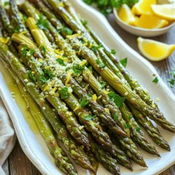 Für dieses Rezept benötigst du frische und einfache Zutaten. Die Hauptzutaten sind: - 450 g frischer Spargel, geputzt - 3 Esslöffel Olivenöl - 3 Knoblauchzehen, fein gehackt - Abrieb von 1 Zitrone - Saft von 1 Zitrone - 1 Teelöffel Salz - ½ Teelöffel schwarzer Pfeffer Diese Zutaten machen den Spargel lecker und gesund. Achte darauf, den Spargel gut zu waschen und die holzigen Enden abzuschneiden. Neben den Hauptzutaten kannst du auch einige Gewürze und optionale Zutaten hinzufügen: - ¼ Teelöffel rote Pfefferflocken (optional) - 2 Esslöffel frisch geriebener Parmesan (optional) Die roten Pfefferflocken bringen etwas Schärfe. Der Parmesan verleiht dem Gericht einen köstlichen, herzhaften Geschmack. Frische Zutaten sind der Schlüssel zu einem tollen Aroma. Ich empfehle dir, frischen Spargel und frischen Knoblauch zu verwenden. Sie geben dem Gericht mehr Geschmack. Auch frische Petersilie ist wichtig. Sie sorgt für eine schöne Farbe und frischen Geschmack. Verwende immer frische Zitronen für den Saft und den Abrieb. Das macht einen großen Unterschied. Für das vollständige Rezept schau dir die [Full Recipe] an. Um mit dem Rezept zu beginnen, heize deinen Ofen auf 220°C vor. Wasche dann den frischen Spargel gründlich. Schneide die holzigen Enden ab. Diese Teile sind nicht zart und schmecken nicht gut. Nimm eine große Rührschüssel. Gib das Olivenöl, den fein gehackten Knoblauch, den Zitronenabrieb, den Zitronensaft, das Salz, den schwarzen Pfeffer und die roten Pfefferflocken (wenn du magst) hinein. Mische alles gut. Jetzt kannst du den geputzten Spargel in die Schüssel geben. Wirf alles gut um, damit der Spargel gleichmäßig mit der Mischung bedeckt ist. Verteile den Spargel auf einem mit Backpapier ausgelegten Blech. Achte darauf, dass der Spargel in einer gleichmäßigen Schicht liegt. Das hilft beim Rösten. Schiebe das Blech in den vorgeheizten Ofen. Röste den Spargel für 12 bis 15 Minuten. In der Mitte der Garzeit schüttle das Blech leicht. So wird der Spargel gleichmäßig knusprig. Wenn du Parmesan verwendest, streue ihn in den letzten 2 Minuten über den Spargel. Der Käse schmilzt und gibt einen tollen Geschmack. Nimm das Blech aus dem Ofen. Lege den Spargel auf eine schöne Servierplatte. Das macht das Gericht einladend. Garniere den Spargel mit frisch gehackter Petersilie. Diese gibt Farbe und frischen Geschmack. Du kannst auch das übrig gebliebene Zitronen-Knoblauch-Öl aus dem Blech darüber träufeln. Außerdem sind Zitronenscheiben eine tolle Deko. Sie sehen gut aus und geben einen zusätzlichen Zitrusgeschmack. Das ist das Rezept für würzige Zitronen-Knoblauch geröstete Spargel. Es ist einfach und lecker. Du kannst das [Full Recipe] für mehr Details nutzen. Die ideale Temperatur für das Rösten von Spargel liegt bei 220°C. Diese Hitze sorgt für ein schönes Röstaroma. Rösten Sie den Spargel für 12 bis 15 Minuten. Überprüfen Sie nach 12 Minuten die Konsistenz. Der Spargel sollte zart, aber noch knackig sein. Um eine gleichmäßige Garung zu erreichen, verteilen Sie den Spargel auf dem Blech. Achten Sie darauf, dass die Stangen nicht übereinander liegen. Schütteln Sie das Blech nach der Hälfte der Garzeit. So bräunt der Spargel gleichmäßig und wird schön knusprig. Frische Kräuter und Gewürze bringen mehr Geschmack. Verwenden Sie zum Beispiel frische Petersilie oder Thymian. Diese Kräuter ergänzen den Zitronen-Knoblauch-Geschmack perfekt. Sie können auch etwas frischen Rosmarin hinzufügen. Experimentieren Sie mit verschiedenen Kräutern, um neue Geschmäcker zu entdecken. Für das vollständige Rezept, besuchen Sie den Abschnitt über die Zubereitung. {{image_4}} Sie können Spargel leicht durch andere Gemüsesorten ersetzen. Brokkoli, grüne Bohnen und Zucchini sind großartige Alternativen. Diese Gemüsesorten nehmen den Zitronen-Knoblauch-Geschmack gut auf. Schneiden Sie sie in ähnliche Größen wie den Spargel. So garen sie gleichmäßig. Diese Variationen bringen frische Aromen auf den Tisch. Um das Rezept vegan zu machen, lassen Sie den Parmesan weg. Verwenden Sie stattdessen nahrhafte Hefeflocken. Sie geben einen ähnlichen Geschmack. Für glutenfreie Optionen sind alle Zutaten bereits geeignet. Achten Sie darauf, dass die Gewürze glutenfrei sind. So bleibt das Gericht für alle genießbar. Fügen Sie mehr Geschmack hinzu, indem Sie Kräuter wie Thymian oder Rosmarin verwenden. Ein Spritzer Balsamico-Essig bringt eine süße Note. Auch geröstete Nüsse wie Mandeln oder Pinienkerne geben einen schönen Crunch. Experimentieren Sie mit verschiedenen Gewürzen, um Ihr Gericht zu personalisieren. All diese Optionen machen das Rezept interessanter. Probieren Sie die Variationen für neue Geschmackserlebnisse. Wenn du noch Spargel übrig hast, ist die richtige Lagerung wichtig. Lass den Spargel zuerst auf Raumtemperatur abkühlen. Wickele ihn dann locker in Frischhaltefolie oder lege ihn in einen luftdichten Behälter. So bleibt er frisch und schmackhaft. Für die Aufbewahrung empfehle ich, einen Glasbehälter oder einen BPA-freien Plastikbehälter zu verwenden. Diese Behälter schützen den Spargel vor Luft und Feuchtigkeit. Achte darauf, dass der Deckel gut schließt. So bleibt der Geschmack länger erhalten. Um den Spargel wieder aufzuwärmen, heize den Ofen auf 180 °C vor. Lege den Spargel auf ein Backblech und röste ihn für 5-10 Minuten. Dies hilft, die Knusprigkeit zu erhalten. Du kannst auch eine Pfanne verwenden. Erhitze etwas Olivenöl und brate den Spargel kurz an, bis er warm ist. So bleibt er lecker! Wenn du mehr über die Zubereitung erfahren möchtest, schaue dir das Full Recipe an. Gekochter Spargel bleibt im Kühlschrank etwa 3 bis 5 Tage frisch. Achte darauf, ihn in einem luftdichten Behälter zu lagern. So bleibt er knusprig und lecker. Wenn du ihn länger aufbewahren möchtest, kannst du ihn auch einfrieren. Denke daran, dass die Textur nach dem Auftauen etwas weicher sein kann. Ja, gefrorener Spargel ist eine gute Option. Er bleibt oft frisch, weil er schnell nach der Ernte eingefroren wird. Du musst ihn nicht auftauen, bevor du ihn rösten. Gib ihn einfach direkt in die Mischung und erhöhe die Röstzeit um ein paar Minuten. So wird er schön zart und lecker. Zitronen-Knoblauch-Gerösteter Spargel passt gut zu vielen Gerichten. Er ergänzt besonders gut: - Gegrilltes Hähnchen - Gebratene Garnelen - Pasta mit Zitronensauce - Quinoa-Salate Probier es aus, um deine Mahlzeiten aufzupeppen! Für das vollständige Rezept schau dir bitte das [Full Recipe] an. Zitronen-Knoblauch-Gerösteter Spargel ist einfach und lecker. Wir haben die Hauptzutaten, Tipps zum Zubereiten, und Aufbewahrung besprochen. Frische Zutaten bringen Geschmack, und die richtigen Gewürze machen den Unterschied. Vergessen Sie nicht, mit verschiedenen Gemüsesorten zu experimentieren. Achten Sie auch auf die ideale Röstzeit für den besten Geschmack. Genießen Sie die Vielfalt und kreieren Sie Ihr Gericht. Mit diesen Tipps wird jedes Essen zum Erlebnis. Bereiten Sie Spargel zu und überraschen Sie alle!