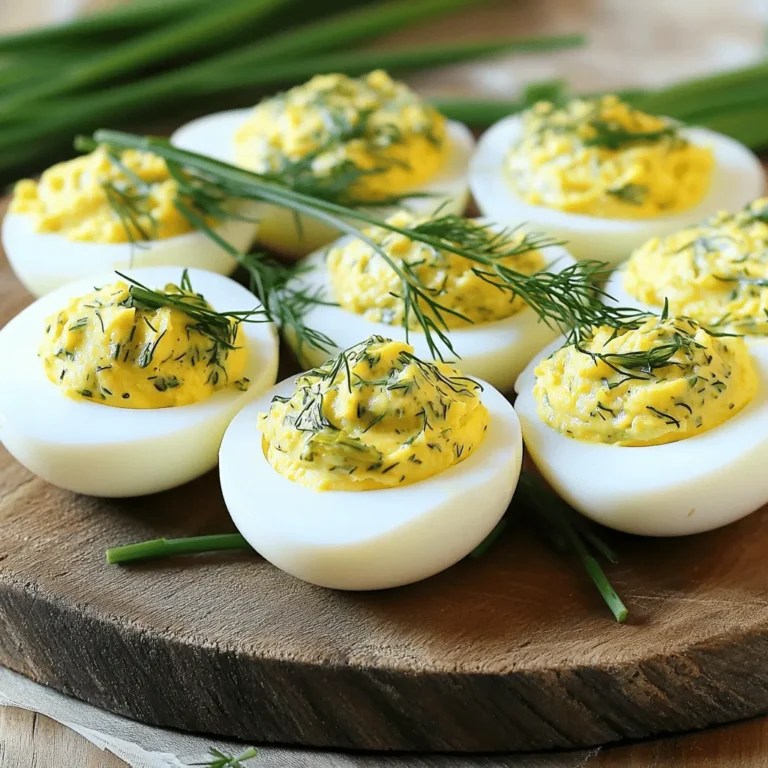 - 6 große Eier - 60 ml Mayonnaise - 30 g Dillgurken-Relish - 15 g Dijon-Senf Die Hauptzutaten für Pickle Ranch Deviled Eggs sind einfach zu finden. Du brauchst frische, große Eier. Diese geben die beste Textur. Mayonnaise sorgt für Cremigkeit. Dillgurken-Relish bringt den Geschmack von Gurken und einen leichten Crunch. Dijon-Senf fügt einen pikanten Kick hinzu. - 5 g Ranch-Gewürzmischung - 15 ml Gurkenwasser - Salz und Pfeffer nach Geschmack Die Gewürze sind wichtig. Ranch-Gewürzmischung gibt den Eiern einen tollen Geschmack. Gurkenwasser macht die Füllung noch frischer. Vergiss nicht, mit Salz und Pfeffer abzuschmecken. Das sorgt für den perfekten Geschmack. - Frischer Dill oder Schnittlauch zum Garnieren Die Garnitur macht dein Gericht noch schöner. Frischer Dill oder Schnittlauch bringt Farbe und Geschmack. Streue sie einfach über die gefüllten Eier. So sehen sie nicht nur gut aus, sondern schmecken auch fantastisch. Für das vollständige Rezept, schau dir die Anleitung an. Das Rezept ist einfach und macht Spaß. Es ist perfekt für eine Party oder einen Snack! Legen Sie die Eier in einen Topf und bedecken Sie sie mit kaltem Wasser. Stellen Sie den Herd auf mittlere Hitze. Bringen Sie das Wasser zum Kochen. Wenn das Wasser kocht, reduzieren Sie die Hitze. Lassen Sie die Eier 10 Minuten leicht köcheln. So werden sie perfekt hart. Nach dem Kochen setzen Sie die Eier in ein Eisbad. Lassen Sie sie dort für 5 Minuten ruhen. Das Eisbad stoppt den Garprozess und macht das Schälen leichter. Schälen Sie die abgekühlten Eier vorsichtig. Halbe die Eier längs. Nehmen Sie die Eigelbe heraus und geben Sie sie in eine Rührschüssel. Es ist wichtig, die Eiweiße ganz zu lassen. Fügen Sie die Mayonnaise, das Dillgurken-Relish, den Dijon-Senf, die Ranch-Gewürzmischung und das Gurkenwasser zu den Eigelben hinzu. Zerdrücken Sie alles mit einer Gabel. Mischen Sie gut, bis die Masse glatt und cremig ist. Schmecken Sie mit Salz und Pfeffer ab. Füllen Sie die Eiweißhälften mit der Eigelbmasse. Verwenden Sie dafür einen Spritzbeutel oder einen Löffel. Achten Sie darauf, dass die Füllung gleichmäßig verteilt ist. Garnieren Sie die gefüllten Eier mit frischem Dill oder Schnittlauch. Dies sorgt für einen schönen Look und zusätzlichen Geschmack. Lagern Sie die gefüllten Eier mindestens 30 Minuten im Kühlschrank. So können sich die Aromen entfalten. Für das volle Rezept schauen Sie bitte auf den Abschnitt "Full Recipe". Um die besten Pickle Ranch Deviled Eggs zu machen, verwende frische Eier. Frische Eier haben eine bessere Textur und Geschmack. Um Risse während des Kochens zu vermeiden, lege die Eier vorsichtig in den Topf. Beginne mit kaltem Wasser, dann bringe es langsam zum Kochen. Reduziere die Hitze und lasse die Eier zehn Minuten köcheln. So bleiben sie ganz. Du kannst die Füllung der Eier ganz einfach variieren. Probiere Joghurt oder Avocado anstelle von Mayo. Diese Alternativen machen die Eier leichter und gesünder. Du kannst auch verschiedene Kräuter und Gewürze hinzufügen. Dill, Schnittlauch oder Paprika sind tolle Optionen. Sie bringen mehr Geschmack und Farbe. Denke an passende Beilagen oder Getränke. Ein frischer Salat passt gut zu den deviled eggs. Auch knuspriges Brot oder Gemüse sind schön. Für Getränke sind Sprudelwasser oder ein leichter Weißwein ideal. Diese Kombinationen machen das Essen noch besser. {{image_4}} Wenn du deine Pickle Ranch Deviled Eggs etwas schärfer magst, füge Sriracha oder scharfen Senf hinzu. Diese Zutaten geben den Eiern einen tollen Kick. Du kannst die Menge nach deinem Geschmack anpassen. Beginne mit einem Teelöffel Sriracha und teste den Geschmack. Wenn du mehr Schärfe möchtest, füge einfach mehr hinzu. Diese pikante Note wird deine Gäste überraschen und erfreuen. Für eine vegane Variante kannst du die Eier durch pflanzliche Alternativen ersetzen. Verwende Kichererbsen-Püree anstelle von Eiern und vegane Mayonnaise. Kichererbsen haben eine ähnliche Textur wie Eigelb. Mixe sie mit den anderen Zutaten aus dem Rezept. So bleiben der Geschmack und die Cremigkeit erhalten. Diese Option ist nicht nur lecker, sondern auch für jeden geeignet. Du kannst die Aromen deiner Deviled Eggs ganz nach deinem Wunsch anpassen. Probiere verschiedene Gewürzmischungen wie Cajun oder italienische Kräuter. Diese Variationen bringen neue Geschmäcker in dein Gericht. Mixe die Gewürze in die Füllung, um die perfekte Kombination zu finden. Experimentiere und finde heraus, was dir am besten schmeckt. So kannst du deine Deviled Eggs immer wieder neu erfinden. Um die Frische Ihrer Pickle Ranch Deviled Eggs zu sichern, müssen Sie sie richtig verpacken. Legen Sie die gefüllten Eier auf einen Teller und decken Sie sie mit Frischhaltefolie ab. Dies hilft, ein Austrocknen zu verhindern. Alternativ können Sie die Eier in einem luftdichten Behälter aufbewahren. Achten Sie darauf, die Reste sofort in den Kühlschrank zu stellen, um die Frische zu bewahren. Diese deviled Eier sind im Kühlschrank bis zu drei Tage haltbar. Nach dieser Zeit können sie an Geschmack und Textur verlieren. Achten Sie immer auf Geruch oder Aussehen, bevor Sie sie essen. Wenn sie seltsam riechen oder unappetitlich aussehen, entsorgen Sie sie lieber. Sie können die Eier im Voraus zubereiten. Kochen Sie die Eier und bereiten Sie die Füllung vor. Bewahren Sie die Füllung in einem separaten Behälter auf. Füllen Sie die Eiweißhälften erst kurz vor dem Servieren. So bleiben die Eier frisch und die Füllung behält ihre cremige Textur. Pickle Ranch Deviled Eggs sind eine leckere Variante der klassischen gefüllten Eier. Sie kombinieren die Cremigkeit von Mayonnaise mit dem scharfen Geschmack von Gurken und dem einzigartigen Aroma von Ranch-Gewürz. Diese Mischung bringt einen frischen und würzigen Kick in jedes Gericht. Das Rezept stammt aus der amerikanischen Küche und ist beliebt bei Grillpartys und Buffets. Um perfekte harte Eigelbe zu erhalten, sollten die Eier 10 Minuten kochen. Wenn das Wasser kocht, reduzieren Sie die Hitze auf mittlere Stufe. Dies sorgt für gleichmäßiges Kochen. Nach dem Kochen legen Sie die Eier in ein Eisbad, um den Garprozess zu stoppen. So bleiben die Eigelbe nicht grünlich und bekommen eine schöne, helle Farbe. Eingefrorene Deviled Eggs verlieren oft ihre Textur und Frische. Das Einfrieren ist nicht empfehlenswert. Wenn Sie Reste haben, lagern Sie die Eier im Kühlschrank. Sie bleiben dort frisch für bis zu drei Tage. Genießen Sie die Eier frisch zubereitet für den besten Geschmack. Für eine vegane Version können Sie pflanzliche Mayonnaise verwenden. Avocado ist eine tolle Alternative für die Cremigkeit. Anstelle von Eiern können Sie pürierten Tofu oder Kichererbsen verwenden. Diese Optionen bieten eine ähnliche Textur und sind voller Geschmack. Der Geschmack von Gurken und Ranch ist eine beliebte Kombination. Dillgurken-Relish bringt einen süß-sauren Geschmack. Ranch-Gewürz fügt Kräuter und Gewürze hinzu, die die Eier aufregend machen. Diese Mischung ist ein Hit bei Freunden und Familie. Das Full Recipe ergibt 12 Hälften. Das bedeutet, Sie können 6 ganze Eier zu leckeren Snacks machen. Sie sind perfekt für Partys oder als Vorspeise. In diesem Artikel haben wir die Zutaten, die Zubereitung und die Varianten von Pickle Ranch Deviled Eggs besprochen. Wir haben gelernt, wie man perfekte Eier kocht und die Füllung anpasst. Denke daran, dass du kreativ sein kannst, um neue Geschmäcker zu entdecken. Mit einigen Tipps zur Lagerung und Vorbereitung kannst du deinen Gästen ein leckeres Gericht bieten. Probiere es aus und genieße jeden Bissen!