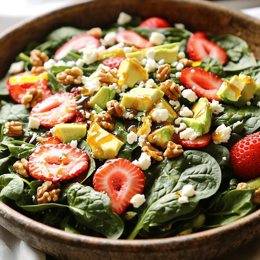 - Babyspinat: Verwende 4 Tassen frischen Babyspinat. Achte darauf, dass die Blätter frisch und knackig sind. Sie sollten eine leuchtende grüne Farbe haben. Wenn du keinen Babyspinat findest, kannst du auch normalen Spinat nehmen, aber schneide die größeren Blätter klein. - Erdbeeren: Nutze 1 Tasse frische Erdbeeren, in Scheiben geschnitten. Frische Erdbeeren geben den besten Geschmack. Gefrorene Erdbeeren sind oft wässrig und weniger süß. Wenn du gefrorene Erdbeeren verwendest, lasse sie zuerst auftauen und abtropfen. - Feta-Käse: Du benötigst ½ Tasse zerbröselten Feta-Käse. Dieser Käse hat einen salzigen und cremigen Geschmack. Du kannst auch Ziegenkäse oder Ricotta verwenden, wenn du magst. Diese Optionen verleihen dem Salat einen anderen, aber leckeren Geschmack. - Honig: Ein Esslöffel Honig bringt Süße. Du kannst auch Agavendicksaft oder Ahornsirup verwenden. Diese Alternativen sind ebenfalls süß und gesund. Honig hat zudem viele Vorteile, wie die Stärkung des Immunsystems. - Balsamico-Essig: Verwende 2 Esslöffel Balsamico-Essig. Wähle einen hochwertigen Essig für bestes Aroma. Ein guter Balsamico ist dickflüssiger und süßer. Er passt perfekt zu den Erdbeeren und dem Spinat. - Olivenöl: Nutze 1 Esslöffel natives Olivenöl extra. Dieses Öl hat einen reichen Geschmack. Du kannst auch reguläres Olivenöl verwenden, aber extra-vierge ist gesünder. Es enthält mehr Nährstoffe und Antioxidantien. Für das vollständige Rezept, sieh dir den [Full Recipe] an. - Spinat waschen und trocknen: Beginne mit frischem Babyspinat. Wasche ihn gründlich unter kaltem Wasser. Trockne ihn dann mit einem Salatspinner oder Küchentuch. So bleibt der Salat knackig. - Erdbeeren schneiden und vorbereiten: Nimm eine Tasse frische Erdbeeren. Schneide sie in dünne Scheiben. Achte darauf, die grünen Blätter zu entfernen. So erhältst du süße und saftige Stücke. - Avocado würfeln ohne zu zerdrücken: Halbiere eine reife Avocado. Entferne den Stein vorsichtig. Schneide die Avocado in kleine Würfel. Sei behutsam, damit die Stücke nicht zerdrücken. - Salatzusammenstellung: Schichten und Mischtechniken: In einer großen Schüssel vermenge den Spinat mit den Erdbeeren. Füge dann den zerbröselten Feta-Käse und die grob gehackten Walnüsse hinzu. Mische vorsichtig, damit die Zutaten nicht zerdrückt werden. - Vinaigrette zubereiten und integrieren: Bereite das Dressing in einer kleinen Schüssel vor. Vermische einen Esslöffel Honig, zwei Esslöffel Balsamico-Essig und einen Esslöffel Olivenöl mit einem Schneebesen. Träufle die Vinaigrette gleichmäßig über den Salat. Mische alles vorsichtig, damit der Salat gut bedeckt ist. - Präsentationstipps für den perfekten Look: Serviere den Salat in einer großen Schüssel oder auf einzelnen Tellern. Garniere ihn mit ein paar Walnüssen und ganzen Erdbeeren. Das sieht nicht nur gut aus, sondern bringt auch mehr Geschmack. - Anrichten auf Tellern oder in einer großen Schüssel: Achte darauf, die Zutaten gleichmäßig zu verteilen. So bekommt jeder Biss die perfekte Mischung aus Aromen. Du kannst den Salat sofort genießen oder ihn für später aufbewahren. Für die vollständige Anleitung und weitere Details schaue dir das [Full Recipe] an. Um den Erdbeer-Spinat-Salat noch besser zu machen, kannst du verschiedene Zutaten hinzufügen. Probiere zum Beispiel, einige frische Minzblätter hinzuzufügen. Diese geben dem Salat ein tolles Aroma. Du kannst auch verschiedene Nüsse verwenden. Mandeln oder Pekannüsse schmecken ebenfalls sehr gut. Wenn du den Salat vorbereiten möchtest, lagere die Zutaten richtig. Wickele den Babyspinat in ein feuchtes Küchentuch. So bleibt er frisch. Die Erdbeeren sollten kühl und trocken gelagert werden. Vermeide, sie zu quetschen, damit sie nicht matschig werden. Babyspinat ist sehr gesund. Er enthält viele Vitamine, wie Vitamin A und C. Diese Vitamine helfen dir, stark und gesund zu bleiben. Spinat hat auch Eisen, das wichtig für deinen Körper ist. Erdbeeren sind nicht nur lecker, sondern auch voll von Antioxidantien. Diese schützen deine Zellen und stärken dein Immunsystem. Zudem sind Erdbeeren kalorienarm und reich an Ballaststoffen. Das macht sie zu einem tollen Snack und einer hervorragenden Ergänzung für deinen Salat. {{image_4}} Nüsse und Samen sind eine tolle Ergänzung zu deinem Erdbeer-Spinat-Salat. Sie bringen Crunch und gesunde Fette mit. Walnüsse passen gut, aber auch Mandeln oder Sonnenblumenkerne sind lecker. Sie steigern die Nährstoffe und machen den Salat noch spannender. Alternative Käsesorten können den Geschmack verändern. Wenn du keinen Feta magst, probiere Ziegenkäse oder Parmesan. Diese Käsesorten sorgen für einen anderen, aber ebenso köstlichen Geschmack. Frühlings- und Sommersalate bieten viele Möglichkeiten. Im Frühling sind frische Kräuter wie Minze oder Basilikum eine gute Wahl. Sie geben dem Salat eine frische Note. Im Sommer kannst du zusätzlich andere Beeren wie Himbeeren oder Heidelbeeren verwenden. Alternativen sind wichtig, wenn Zutaten nicht verfügbar sind. Wenn du keine Erdbeeren findest, nutze Pfirsiche oder Äpfel. Diese Früchte bringen Süße und Frische in den Salat. So bleibt dein Gericht spannend und lecker. Für das vollständige Rezept schaue dir den [Full Recipe] an. Um übrig gebliebenen Salat gut zu lagern, verwenden Sie einen luftdichten Behälter. So bleibt der Salat frisch. Legen Sie ein Papiertuch in den Behälter. Das Papiertuch nimmt die Feuchtigkeit auf. Dadurch wird der Salat nicht matschig. Das Dressing sollte separat aufbewahrt werden. Füllen Sie es in ein kleines Glas. So können Sie es frisch halten. Vor dem Servieren schütteln Sie das Glas gut. Mischen Sie das Dressing dann mit dem Salat. Frische Erdbeeren haben eine glänzende Haut und sind fest. Wenn die Erdbeeren matschig oder schimmelig sind, sind sie nicht mehr gut. Spinat sollte knackig und leuchtend grün sein. Gelbe oder braune Blätter sind ein Zeichen für Verderb. Vegetarische Zutaten wie Spinat und Erdbeeren halten sich im Kühlschrank etwa fünf bis sieben Tage. Feta-Käse bleibt auch gut, wenn er in einer salzigen Lake aufbewahrt wird. Walnüsse können mehrere Monate halten, wenn sie kühl und trocken sind. Der Erdbeer-Spinat-Salat bleibt im Kühlschrank etwa 2 bis 3 Tage frisch. Lagern Sie ihn in einem luftdichten Behälter. So bleibt der Salat knackig. Achten Sie darauf, das Dressing erst kurz vor dem Servieren hinzuzufügen. Das verhindert, dass die Blätter weich werden. Wenn Sie keinen Feta-Käse mögen oder keine Milchprodukte essen, gibt es viele Alternativen. Sie können Ziegenkäse oder Ricotta verwenden. Für vegane Optionen probieren Sie zerdrückte Tofu oder Cashewkäsesorten. Diese geben dem Salat eine ähnliche Textur und einen tollen Geschmack. Ein Erdbeer-Spinat-Salat hat etwa 200 bis 250 Kalorien pro Portion. Dies hängt von den Zutaten ab, die Sie verwenden. Zum Beispiel hat Feta mehr Kalorien als ein leichterer Käse. Wenn Sie die Kalorienzahl senken wollen, nutzen Sie weniger Nüsse oder ersetzen Sie das Dressing durch eine leichtere Variante. Für genauere Nährwertinformationen schauen Sie sich das Full Recipe an. Ein Erdbeer-Spinat-Salat ist frisch und voll von Nährstoffen. Wir haben die besten Zutaten besprochen, wie Babyspinat, Erdbeeren und Feta. Ihre frischen Aromen machen den Salat lecker. Außerdem gab es Tipps zur Zubereitung und zum Anrichten. Variationen und die richtige Lagerung helfen, ihn länger frisch zu halten. Denkt daran, dass gesunde Zutaten viele Vorteile bieten. Experimentiert mit verschiedenen Käsesorten oder Toppings für mehr Geschmack. So bleibt jeder Bissen spannend und köstlich.