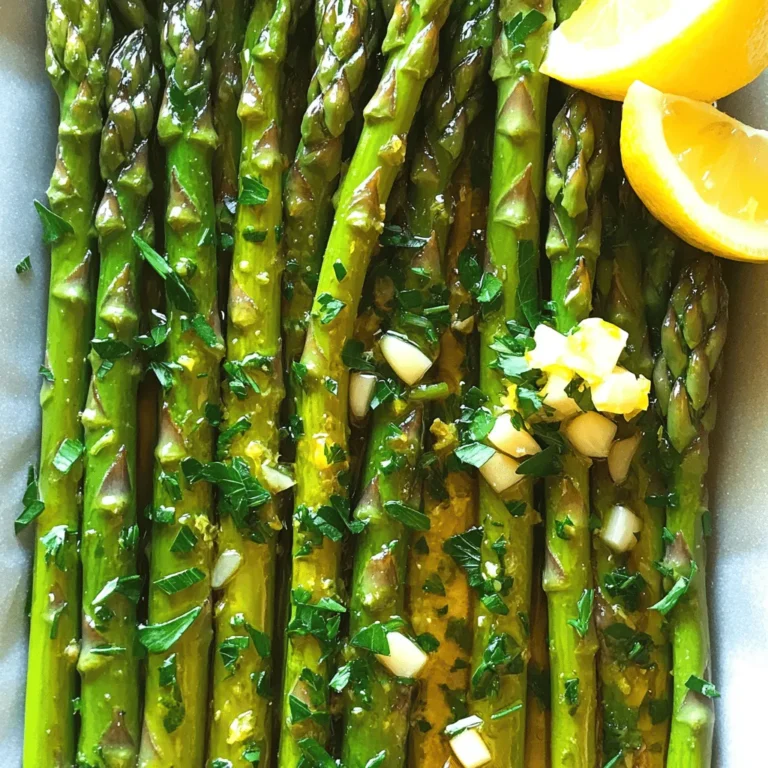 Um leckeren Lemon Garlic Asparagus zu machen, brauchst du einige einfache Zutaten. Hier ist die Liste: - 450 g frischer Spargel, gewaschen und Enden abgeschnitten - 3 Esslöffel Olivenöl - 4 Zehen Knoblauch, fein gehackt - Schale und Saft von 1 großen Zitrone - 1 Teelöffel Meersalz - ½ Teelöffel schwarzer Pfeffer - ¼ Teelöffel rote Pfefferflocken (optional für etwas Schärfe) - Frische Petersilie, gehackt (zum Garnieren) - Zitronenschnitze (zum Servieren) Bereite alle Zutaten vor, bevor du mit dem Kochen beginnst. So geht nichts schief und du bleibst organisiert. Ich empfehle, frischen Spargel zu verwenden. Er hat mehr Geschmack und eine bessere Textur. Frischer Spargel hat auch mehr Nährstoffe. Wenn du gefrorenen Spargel nimmst, achte darauf, dass er nicht matschig ist. Du musst ihn vielleicht kürzer backen. Wenn dein Rezept Zwiebeln benötigt, achte auf frische, feste Zwiebeln. Sie sollten keine weichen Stellen oder Schimmel haben. Wähle kleine bis mittelgroße Zwiebeln für einen milderen Geschmack. Für dieses Rezept brauchst du keine Zwiebeln, aber sie können eine nette Ergänzung in anderen Spargelgerichten sein. Du kannst die vollständige Anleitung in der [Full Recipe] finden. Zuerst brauchst du frischen Spargel. Wasche ihn gut und schneide die Enden ab. Das ist wichtig, um die holzigen Teile zu entfernen. So wird der Spargel zart und lecker. Du kannst den Spargel auch in gleich große Stücke schneiden, wenn du magst. Das sorgt dafür, dass er gleichmäßig gart. Jetzt kommt der beste Teil! Nimm eine kleine Schüssel und füge das Olivenöl dazu. Dann hacke den Knoblauch fein und gib ihn in die Schüssel. Reibe auch die Schale der Zitrone hinein. Danach presse den Saft der Zitrone dazu. Das gibt einen frischen Geschmack. Füge das Meersalz, den schwarzen Pfeffer und die roten Pfefferflocken hinzu, falls du etwas Schärfe möchtest. Rühre alles gut um, bis es gut vermischt ist. Heize deinen Ofen auf 200°C vor. Lege den vorbereiteten Spargel auf ein Backblech mit Backpapier. Gieße die Zitronen-Knoblauch-Mischung über den Spargel. Achte darauf, dass alle Stangen gut bedeckt sind. Wende den Spargel vorsichtig, um sicherzustellen, dass er gleichmäßig gewürzt ist. Backe den Spargel dann für 12 bis 15 Minuten. Er sollte zart und die Spitzen knusprig sein. Nach dem Garen kannst du ihn mit frischer Petersilie garnieren. Serviere ihn warm und füge Zitronenschnitze dazu für mehr Geschmack. Das ist das einfachste und köstlichste Rezept, das du ausprobieren kannst! Du findest die vollständigen Anweisungen im [Full Recipe]. Die perfekte Garzeit für Spargel liegt bei 12 bis 15 Minuten. Ich empfehle, den Spargel im Ofen bei 200°C zu backen. Achte darauf, die Stangen gleichmäßig zu verteilen. So garen sie gleichmäßig und werden zart. Wenn du den Spargel vor dem Backen leicht mit einer Gabel anstichst, kannst du feststellen, wann er den perfekten Biss hat. Um den Geschmack zu verfeinern, kannst du weitere Kräuter hinzufügen. Frischer Thymian oder Rosmarin passen gut zu Spargel. Du kannst auch ein paar Spritzer Balsamico-Glasur darüber geben. Das bringt eine süße Note. Wenn du es würziger magst, füge mehr rote Pfefferflocken hinzu. Ein Hauch von Parmesan nach dem Backen ist ebenfalls eine tolle Idee! Präsentiere deinen Spargel auf einem großen, weißen Teller. Das hebt die Farben hervor. Garniere ihn mit frischer Petersilie und Zitronenschnitzen. Das sieht nicht nur gut aus, sondern gibt auch einen zusätzlichen Geschmack. Ein Spritzer frischer Zitrone direkt vor dem Servieren bringt den Spargel zum Strahlen. Für eine festliche Note kannst du auch geröstete Mandeln darüber streuen. {{image_4}} Du kannst viele verschiedene Gemüsesorten mit der Zitronen-Knoblauch-Mischung verwenden. Brokkoli ist eine tolle Wahl. Karotten bringen eine süße Note. Zucchini ist ebenfalls leicht und frisch. Probiere, Gemüse wie Paprika oder grüne Bohnen zu nehmen. Alle diese Sorten passen gut zu den Aromen. Du kannst sie einfach nach dem gleichen Rezept zubereiten. Das Rezept ist schon fast vegan! Um es ganz vegan zu machen, achte darauf, nur pflanzliche Öle zu verwenden. Olivenöl ist perfekt. Du kannst auch etwas Nussmilch hinzufügen, um eine cremige Note zu schaffen. Dies gibt dem Gericht eine andere Textur. Außerdem kannst du die Petersilie durch andere Kräuter wie Koriander ersetzen. Wenn du mehr Geschmack möchtest, füge andere Gewürze hinzu. Kreuzkümmel bringt eine warme Note. Paprika sorgt für eine rauchige Tiefe. Du kannst auch ein wenig Zitronenpfeffer verwenden, um den Zitrusgeschmack zu verstärken. Wenn du es scharf magst, probiere mehr rote Pfefferflocken. Diese Alternativen machen dein Gericht noch interessanter und einzigartiger. Um Reste von deinem leckeren Lemon Garlic Asparagus aufzubewahren, lege sie in einen luftdichten Behälter. Stelle sicher, dass der Behälter gut verschlossen ist. So bleibt der Spargel frisch. Du kannst den Spargel etwa 3 bis 5 Tage im Kühlschrank lagern. Wenn du ihn aufwärmst, nutze die Mikrowelle oder den Ofen. So bleibt er knusprig und lecker. Wenn du längerfristig sparen möchtest, friere den Spargel ein. Dafür blanchierst du ihn kurz in kochendem Wasser, etwa 2 Minuten. Danach legst du ihn in kaltes Wasser, um den Kochprozess zu stoppen. Trockne die Stangen gut ab. Verwende dann einen gefriergeeigneten Beutel oder Behälter. Der Spargel hält sich so bis zu 6 Monate. Wenn du ihn zubereiten möchtest, tau ihn einfach im Kühlschrank auf. Übrig gebliebener Spargel ist sehr vielseitig. Du kannst ihn in Salaten oder Omeletts verwenden. Auch in Pasta oder Quiche macht er sich gut. Einfach klein schneiden und hinzufügen. So gibst du neuen Gerichten einen frischen Geschmack. Experimentiere und finde deine Lieblingskombinationen! Das Kochen von Spargel dauert etwa 3 bis 5 Minuten. Du solltest ihn in gesalzenem Wasser kochen. Achte darauf, dass er noch knackig bleibt. Zu langes Kochen macht ihn matschig. Wenn du den Spargel dämpfst, dauert es etwa 5 bis 7 Minuten. Ja, Spargel lässt sich sehr gut grillen. Er bekommt einen tollen Geschmack und eine schöne Grillmarkierung. Du solltest die Stangen mit etwas Öl einreiben. Grill sie etwa 5 bis 7 Minuten lang, bis sie zart sind. Wende sie während des Grillens, um eine gleichmäßige Garung zu erreichen. Die perfekte Mischung aus Zutaten macht den Unterschied. Verwende frischen Knoblauch und Zitrone für einen intensiven Geschmack. Achte auf die richtige Menge Salz und Pfeffer. Röste den Spargel nicht zu lange, damit er zart bleibt. Du kannst auch frische Kräuter wie Petersilie oder Basilikum hinzufügen. Diese geben dem Gericht einen zusätzlichen Kick. Für mehr Informationen und Tipps, schau dir das [Full Recipe] an. Die Vorbereitung von Spargel ist einfach, wenn man die richtigen Zutaten und Schritte kennt. Wir haben die besten Tipps zur Auswahl von frischem Spargel und Zwiebeln besprochen. Du weißt jetzt, wie du Spargel perfekt garst und verfeinerst. Variationen und Lagerungshinweise helfen dir, Reste optimal zu nutzen. Schöpfe aus diesen Ideen, um Spargel lecker zu genießen. Viel Spaß beim Ausprobieren und Experimentieren mit diesen Rezepten in deiner Küche!