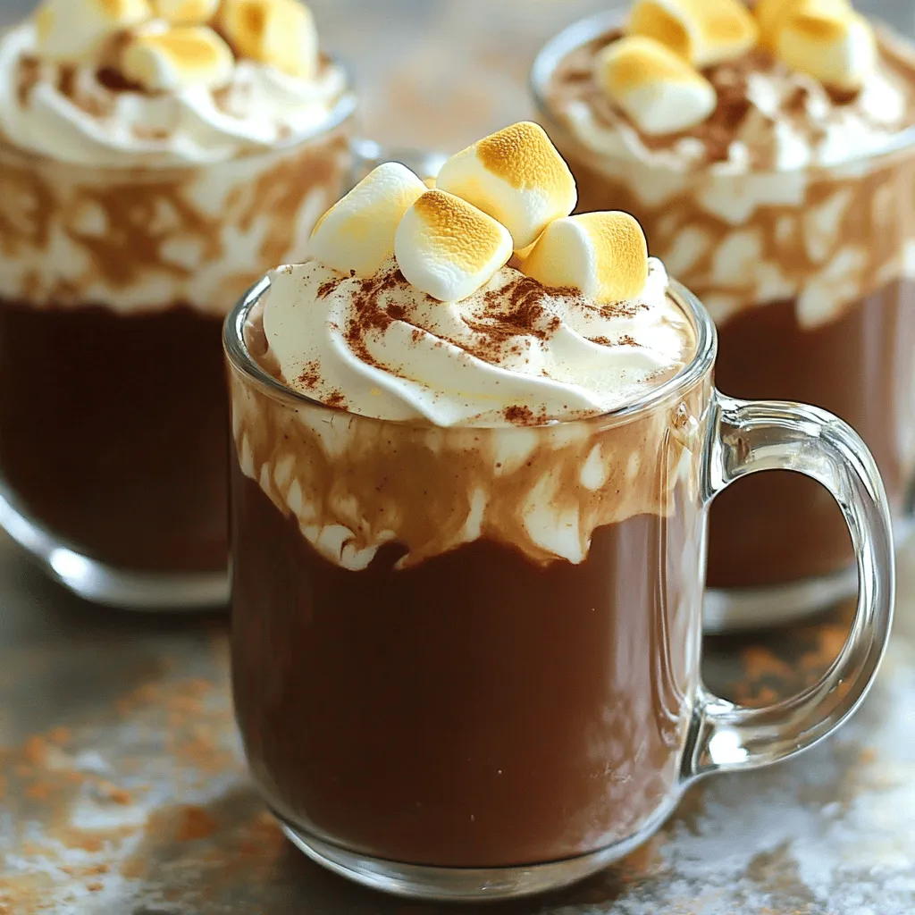 Für die perfekte Toasted Marshmallow Hot Cocoa brauchst du einige einfache Zutaten. Hier sind die Hauptzutaten, die du benötigst: - 500 ml Vollmilch - 2 Esslöffel ungesüßtes Kakaopulver - 2 Esslöffel Kristallzucker (nach Geschmack anpassen) - 1 Teelöffel Vanilleextrakt - Eine Prise Salz - 250 g Marshmallows, plus extra zum Rösten Diese Zutaten bilden die Basis für den reichen und cremigen Geschmack. Die Vollmilch sorgt für eine samtige Textur. Das Kakaopulver bringt den Schokoladengeschmack. Der Zucker fügt die nötige Süße hinzu, und die Vanille rundet alles ab. Du kannst deine heiße Schokolade noch weiter verfeinern. Hier sind einige optionale Zutaten und Toppings: - Schlagsahne (optional) - Schokoladenspäne zur Dekoration (optional) - Eine Prise Zimt (optional) Schlagsahne bringt eine luftige Note. Schokoladenspäne fügen einen schönen Crunch hinzu. Zimt gibt einen warmen, würzigen Geschmack. Diese Extras machen dein Getränk noch köstlicher. Du kannst die Zutaten nach deinem Geschmack anpassen. Wenn du es süßer magst, füge mehr Zucker hinzu. Für einen intensiveren Schokoladengeschmack, verwende dunkles Kakaopulver. Wenn du einen Hauch von Frische möchtest, probiere Minzextrakt. Für eine cremigere Konsistenz nimm Sahne anstelle von Milch. Diese Anpassungen lassen deine heiße Schokolade ganz nach deinem Wunsch schmecken. Um die perfekte heiße Schokolade zu machen, erwärmen Sie zuerst 500 ml Vollmilch in einem mittleren Topf. Achten Sie darauf, dass die Milch warm, aber nicht kochend ist. Fügen Sie dann 2 Esslöffel ungesüßtes Kakaopulver und 2 Esslöffel Kristallzucker hinzu. Rühren Sie die Mischung mit einem Schneebesen gut um. Nach 2-3 Minuten sollten alle Zutaten gut vermischt und heiß sein. Heizen Sie nun den Grill vor. Legen Sie ein Backblech mit Backpapier aus. Verteilen Sie 250 g Marshmallows in einer einzelnen Schicht darauf. Schieben Sie das Blech unter den Grill und rösten Sie die Marshmallows 1-2 Minuten lang. Beobachten Sie die Marshmallows genau, um sicherzustellen, dass sie nicht verbrennen. Sie sollten goldbraun und knusprig sein. Gießen Sie die heiße Schokolade in Tassen. Toppen Sie jede Tasse mit einem Klecks Schlagsahne. Fügen Sie dann die gerösteten Marshmallows oben drauf. Für extra Geschmack können Sie optional Schokoladenspäne und eine Prise Zimt darüber streuen. Servieren Sie die heiße Schokolade in klaren Glasmuggles, um die schönen Schichten zu zeigen. Genießen Sie die Wärme und den süßen Geschmack! Um die beste heiße Schokolade zu machen, ist die Milch der Schlüssel. Verwende Vollmilch für eine reichhaltige Textur. Erhitze sie langsam. Achte darauf, dass sie nicht kocht. Das Kakaopulver gut einrühren, bis alles glatt ist. Wenn die Mischung klumpig bleibt, benutze einen Schneebesen. So wird die heiße Schokolade cremig und lecker. Magst du es süßer? Füge mehr Zucker hinzu, bis es dir schmeckt. Das Rösten der Marshmallows kann Spaß machen! Nutze einen Grill oder einen Broiler. Lege die Marshmallows gleichmäßig auf ein Backblech. Achte darauf, dass sie nicht zu nah beieinander liegen. Stelle den Grill auf hohe Hitze. Röste die Marshmallows 1-2 Minuten. Bleibe in der Nähe und schaue zu. Sie können schnell brennen! Wenn sie goldbraun sind, nimm sie sofort heraus. Lass sie kurz abkühlen, bevor du sie in die heiße Schokolade gibst. Das Aussehen deiner heißen Schokolade ist wichtig. Verwende klare Glasmuggles, um die Schichten zu zeigen. Toppe die heiße Schokolade mit Schlagsahne. Platziere die gerösteten Marshmallows darauf. Optional kannst du Schokoladenspäne und eine Prise Zimt hinzufügen. So wird dein Getränk noch köstlicher und sieht toll aus. Ein bisschen Kreativität macht einen großen Unterschied. So wird das Trinken der heißen Schokolade zu einem besonderen Erlebnis! {{image_4}} Wenn du eine vegane Version von Toasted Marshmallow Hot Cocoa machen möchtest, ist das ganz einfach. Ersetze die Vollmilch durch eine pflanzliche Milch, wie Mandel-, Soja- oder Hafermilch. Diese Milchsorten sind cremig und passen gut zum Kakao. Achte darauf, dass die Marshmallows vegan sind. Viele Marken bieten pflanzliche Alternativen an. So kannst du das gemütliche Getränk genießen, ohne tierische Produkte zu verwenden. Du kannst deiner heißen Schokolade spannende Geschmäcker hinzufügen. Pfefferminz ist besonders beliebt. Füge einfach einen Teelöffel Pfefferminz-Extrakt hinzu. Das verleiht dem Getränk eine frische Note. Karamell ist eine weitere tolle Idee. Rühre etwas Karamellsirup in die heiße Schokolade ein. Diese Variationen machen dein Getränk noch leckerer und einzigartiger. Experimentiere mit diesen Aromen und finde deinen Favoriten. Die Wahl der Schokolade macht einen großen Unterschied. Du kannst Vollmilchschokolade, Zartbitterschokolade oder sogar weiße Schokolade verwenden. Jede Sorte bringt ihren eigenen Geschmack mit. Wenn du es süßer magst, wähle Vollmilchschokolade. Für einen intensiven Geschmack ist Zartbitterschokolade ideal. Wenn du etwas Frisches suchst, probiere weiße Schokolade. Du kannst auch mit verschiedenen Aromen experimentieren. Füge etwas Zimt oder Muskatnuss hinzu, um deine heiße Schokolade zu verfeinern. So wird jede Tasse besonders. Für das vollständige Rezept und weitere Tipps, schau dir [Full Recipe] an. Um die heiße Schokolade aufzubewahren, lassen Sie sie zuerst abkühlen. Gießen Sie die Schokolade dann in einen luftdichten Behälter. Sie können die heiße Schokolade bis zu drei Tage im Kühlschrank aufbewahren. Achten Sie darauf, den Behälter gut zu verschließen, um Gerüche zu vermeiden. Wenn Sie Reste von gerösteten Marshmallows haben, lassen Sie diese ebenfalls abkühlen. Lagern Sie die Marshmallows in einem separaten Behälter. Halten Sie sie an einem kühlen, trockenen Ort. So bleiben sie für bis zu zwei Tage frisch. Vermeiden Sie die Lagerung in feuchten Umgebungen, da sie sonst klebrig werden. Um die heiße Schokolade wieder zu erwärmen, geben Sie sie in einen Topf. Erwärmen Sie sie bei mittlerer Hitze und rühren Sie regelmäßig um. Fügen Sie bei Bedarf etwas Milch hinzu, um die Konsistenz zu verbessern. Wenn Sie die Marshmallows warm machen möchten, können Sie sie kurz in die Mikrowelle legen. Achten Sie darauf, sie nicht zu lange zu erwärmen, damit sie nicht verbrennen. Toasted Marshmallow Hot Cocoa bleibt im Kühlschrank etwa 2 bis 3 Tage frisch. Achte darauf, es in einem luftdichten Behälter aufzubewahren. Vor dem Servieren solltest du es wieder aufwärmen. Wenn du die Konsistenz magst, füge etwas Milch hinzu, um sie cremiger zu machen. So bleibt der Geschmack lecker und die Textur angenehm. Ja, du kannst die Marshmallows im Ofen rösten! Heize deinen Grill vor und lege die Marshmallows auf ein Backblech. Röste sie 1 bis 2 Minuten, bis sie goldbraun sind. Achte gut darauf, denn sie können schnell verbrennen. Du kannst auch einen Brenner verwenden, wenn du einen hast. So bekommst du einen schönen, gleichmäßigen Röstgrad. Für die beste heiße Schokolade nutze hochwertige Schokolade oder Kakaopulver. Dunkle Schokolade bringt einen reichen Geschmack. Vollmilchschokolade macht es süßer. Du kannst auch weiße Schokolade verwenden, wenn du es noch süßer magst. Experimentiere ruhig mit verschiedenen Sorten, um deinen perfekten Geschmack zu finden. Toasted Marshmallow Hot Cocoa ist ein leckeres Getränk, das Spaß macht. In diesem Artikel haben wir die besten Zutaten und Schritte besprochen, um diese warme Köstlichkeit zuzubereiten. Du kannst je nach Geschmack anpassen, und wir haben Variationen für jeden erzählt. Denke auch an die Lagerung und kreative Präsentation. Probiere neue Toppings und genieße das Rösten der Marshmallows. Deine heiße Schokolade wird sicher ein Hit bei jedem. Mach dich bereit für eine süße Zeit!