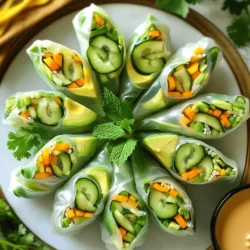 - 6 Reispapierblätter - 1 reife Avocado, in Scheiben geschnitten - 1 mittelgroße Gurke, in feine Streifen (Julienne) geschnitten - 1 mittelgroße Karotte, in feine Streifen (Julienne) geschnitten - 1 rote Paprika, dünn aufgeschnitten - 1 Tasse frische Minzblätter - 1 Tasse frische Korianderblätter Für die Sommerrollen sind frische Zutaten wichtig. Reispapierblätter bieten eine tolle Basis. Sie sind leicht und nehmen die Aromen gut auf. Die Avocado bringt Cremigkeit. Gurke und Karotte sorgen für Crunch. Rote Paprika fügt Farbe und Süße hinzu. Minze und Koriander geben einen frischen Geschmack. Diese Kombination macht die Rollen lecker und gesund. - 1/4 Tasse Erdnussbutter - 2 Esslöffel Sojasauce - 1 Esslöffel Limettensaft - 1 Esslöffel Honig oder Ahornsirup - Salz und Pfeffer nach Geschmack Die Dip-Sauce ist einfach und lecker. Erdnussbutter gibt einen nussigen Geschmack. Sojasauce fügt Umami hinzu. Limettensaft bringt Frische. Honig oder Ahornsirup macht die Sauce süß. Salz und Pfeffer runden den Geschmack ab. Diese Sauce passt perfekt zu den Sommerrollen. Für das vollständige Rezept, siehe [Full Recipe]. Zuerst schneiden wir das Gemüse. Nehmen Sie die Avocado und schneiden Sie sie in Scheiben. Schneiden Sie die Gurke und die Karotte in feine Streifen. Auch die rote Paprika kommt in dünne Streifen. Es ist wichtig, dass alles gleichmäßig geschnitten ist, um die Sommerrollen schön zu füllen. Jetzt machen wir die Dip-Sauce. Mischen Sie in einer Schüssel die Erdnussbutter, Sojasauce, Limettensaft und Honig. Fügen Sie eine Prise Salz und Pfeffer hinzu. Rühren Sie alles gut um. Die Sauce wird süß und salzig. Sie passt perfekt zu den frischen Sommerrollen. Füllen Sie eine flache Schüssel mit warmem Wasser. Tauchen Sie ein Reispapierblatt für etwa 10 bis 15 Sekunden ein. Es sollte weich werden. Legen Sie das Blatt dann auf ein sauberes, feuchtes Küchentuch. In die Mitte des Blattes legen Sie einige Scheiben Avocado, Gurke, Karotte, rote Paprika und ein paar Minz- und Korianderblätter. Achten Sie darauf, nicht zu viel Füllung zu nehmen. Falten Sie die Seiten des Blattes über die Füllung. Rollen Sie das Blatt von unten nach oben fest auf. Wiederholen Sie diesen Schritt mit den restlichen Blättern und der Füllung. Legen Sie die Sommerrollen auf einen großen Teller. Servieren Sie sie mit der Erdnuss-Dip-Sauce in einer kleinen Schüssel. Das sieht toll aus und schmeckt lecker. Um die Rollen schön zu präsentieren, können Sie sie in einer Sternform anrichten. Garnieren Sie sie mit zusätzlichen Minz- und Korianderzweigen. So wirken sie frisch und appetitlich. Um die Reispapierblätter richtig einzuweichen, sollte das Wasser warm sein. Tauche das Blatt für 10 bis 15 Sekunden ein. Es wird weich, aber nicht matschig. Lege das Blatt dann auf ein feuchtes Küchentuch. Das hilft, es nicht zu kleben. Die ideale Füllmenge für das perfekte Rollen ist wichtig. Ich empfehle, nicht zu viel Füllung zu verwenden. Etwa eine Handvoll Gemüse und Kräuter reicht aus. So bleibt es einfach, die Rollen zu schließen. Wenn die Blätter reißen, keine Sorge. Du kannst sie mit einem weiteren Blatt abdecken. Das hält die Füllung zusammen. Achte darauf, die Blätter nicht zu lange im Wasser zu lassen. Um die Füllung optimal zu verteilen, lege sie in die Mitte des Blattes. Lass genug Platz an den Seiten. So kannst du die Seiten leicht umklappen und die Rolle fest aufrollen. {{image_4}} Du kannst viele verschiedene Gemüse und Proteine zu deinen Sommerrollen hinzufügen. Probiere zum Beispiel: - Paprika: Verwende gelbe oder grüne Paprika für mehr Farbe. - Zucchini: Schneide sie in feine Streifen für einen knackigen Biss. - Tofu: Füge gebratenen Tofu für mehr Protein hinzu. - Garnelen: Gekochte Garnelen bringen einen tollen Geschmack. Für vegane oder glutenfreie Optionen nimm einfach die Erdnussbutter und tausche sie gegen Mandel- oder Cashewbutter aus. Achte darauf, glutenfreie Sojasauce zu verwenden, wenn du glutenfrei kochen möchtest. Die Dips und Saucen machen den Geschmack deiner Sommerrollen besonders. Hier sind einige Ideen: - Sesam-Dip: Mische Tahini mit Sojasauce und Limettensaft. - Süß-sauer-Sauce: Kombiniere Sojasauce mit etwas Essig und Zucker. Zusätzlich kannst du Gewürze und Kräuter nutzen, um den Geschmack zu variieren: - Chili-Flocken: Sie geben deinen Rollen eine scharfe Note. - Knoblauch: Frischer Knoblauch bringt mehr Tiefe in deine Dip-Sauce. Mit diesen Variationen und Anpassungen kannst du deine Avocado Cucumber Summer Rolls immer wieder neu erfinden. Um bereits zubereitete Rollen frisch zu halten, lege sie in einen luftdichten Behälter. Trenne die Rollen mit einem Blatt feuchtem Küchenpapier, um ein Verkleben zu verhindern. Stelle den Behälter in den Kühlschrank. So bleiben sie bis zu zwei Tage frisch. Achte darauf, frisches Gemüse zu verwenden. Verwende reife Avocados, knackige Gurken und frische Kräuter. Diese Zutaten geben den Sommerrollen den besten Geschmack. Die Sommerrollen schmecken am besten, wenn du sie innerhalb von zwei Tagen isst. Nach drei Tagen können sie an Frische verlieren. Du kannst sie nicht einfrieren, da das Reispapier matschig wird. Mikrowellen sind nicht empfehlenswert, da sie die Rollen weich machen. Es ist am besten, sie frisch zu genießen! Um die Zubereitung zu erleichtern, nutzen Sie vorgefertigte Zutaten. Sie können bereits geschnittenes Gemüse kaufen. Das spart Zeit und Mühe. Auch vorgefertigte Soßen sind eine gute Wahl. So müssen Sie sich nicht um die Dip-Sauce kümmern. Diese kleinen Tricks machen das Rollen schneller und einfacher. Wenn Sie allergisch auf Erdnüsse reagieren, gibt es tolle Alternativen. Mandelnussbutter oder Cashewbutter sind gute Optionen. Auch Sonnenblumenkernbutter ist eine leckere Wahl. Sie sind alle cremig und schmecken gut. Wählen Sie die, die Ihnen am besten gefällt. Ja, Sie können die Sommerrollen im Voraus zubereiten. Wickeln Sie sie in Frischhaltefolie. Lagern Sie sie im Kühlschrank. So bleiben sie frisch und knackig. Servieren Sie sie am besten innerhalb von zwei Tagen. Wenn Sie sie länger aufbewahren wollen, frieren Sie sie ein. Achten Sie darauf, sie gut zu verpacken, damit sie nicht austrocknen. Die Avocado Cucumber Summer Rolls sind frisch, lecker und einfach zuzubereiten. Wir haben die Hauptzutaten, die Zubereitung der Dip-Sauce und die Schritt-für-Schritt-Anleitung behandelt. Ich habe auch wichtige Tipps gegeben, um häufige Fehler zu vermeiden. Variationen und Lagerinformationen helfen dir, kreativ zu sein. Probier es aus! Diese Sommerrollen sind nicht nur gesund, sondern auch voller Geschmack. Machen Sie eine Portion und genießen Sie sie.