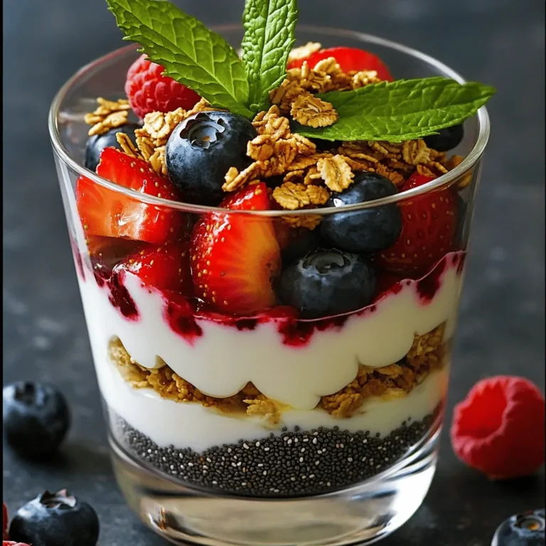 Für ein köstliches griechisches Joghurt Parfait benötigen wir einige Hauptzutaten. Diese Zutaten bringen viel Geschmack und Nährstoffe. - 2 Tassen griechischer Joghurt (natur oder aromatisiert) - 1 Tasse Granola (fertig gekauft oder selbstgemacht) - 1 Tasse gemischte Beeren (Erdbeeren, Blaubeeren, Himbeeren) - 2 Esslöffel Honig oder Ahornsirup - 1 Teelöffel Vanilleextrakt - 1 Esslöffel Chiasamen (optional) - Frische Minzblätter zur Garnitur Griechischer Joghurt ist dick und cremig. Er liefert viel Protein. Granola gibt einen schönen Crunch. Die Beeren bringen Süße und Frische. Zusätzliche Toppings machen dein Parfait noch besser. Hier sind einige Ideen: - Kokosraspeln für einen tropischen Geschmack - Nüsse wie Mandeln oder Walnüsse für mehr Biss - Zimt oder Kakaopulver für einen besonderen Kick Diese Toppings bieten Abwechslung und sind gesund. Experimentiere mit verschiedenen Kombinationen! Wenn du gesünder essen möchtest, gibt es tolle Alternativen. Hier sind einige Optionen: - Verwende griechischen Joghurt mit weniger Fett. - Ersetze Honig durch Stevia oder Agavensirup. - Wähle zuckerfreies Granola. Diese Optionen machen das Parfait nahrhaft und lecker. Du kannst die Zutaten nach deinem Geschmack anpassen. Besuche die Full Recipe für alle Details! Beginnen Sie mit der Zubereitung des griechischen Joghurts. Nehmen Sie eine mittelgroße Schüssel. Geben Sie den griechischen Joghurt hinein. Fügen Sie Honig oder Ahornsirup und Vanilleextrakt hinzu. Rühren Sie alles gut um. Die Mischung sollte schön cremig und glatt sein. Dies gibt dem Parfait eine tolle Basis. Jetzt kommt der spannende Teil: die Schichtung! Bereiten Sie Ihre Serviergläser vor. Beginnen Sie mit einer Schicht Joghurt. Geben Sie eine großzügige Portion am Boden des Glases. Dann kommt die Granola-Schicht. Streuen Sie das Granola gleichmäßig über den Joghurt. Jetzt fügen Sie die gemischten Beeren hinzu. Schichten Sie diese übereinander. Wiederholen Sie die Schichten. Schließen Sie mit der letzten Schicht Joghurt ab. Das sieht toll aus! Für die Präsentation garnieren Sie Ihr Parfait. Streuen Sie die Chiasamen oben drauf. Diese geben einen schönen Crunch. Fügen Sie frische Minzblätter hinzu. Diese sorgen für einen farbenfrohen Akzent. Servieren Sie das Parfait sofort. So bleibt es frisch und lecker. Genießen Sie es als Frühstück oder Snack. Für die komplette Anleitung schauen Sie sich das [Full Recipe] an. Wählen Sie ein Granola, das Ihnen gefällt. Achten Sie auf die Zutatenliste. Es sollte wenig Zucker haben und viele Nüsse oder Samen enthalten. Selbstgemachtes Granola ist auch eine tolle Option. So können Sie die Süße anpassen. Mischen Sie Haferflocken, Nüsse, Honig und etwas Öl. Backen Sie es, bis es knusprig ist. Lassen Sie es abkühlen, bevor Sie es verwenden. Frische Beeren sind wichtig für den Geschmack. Kaufen Sie sie am besten am Markt oder im Bio-Laden. Lagern Sie die Beeren im Kühlschrank. Legen Sie sie in ein offenes Behältnis. So bleibt die Luft zirkulieren. Waschen Sie die Beeren erst kurz vor dem Essen. Dadurch bleiben sie länger frisch. Mischen Sie verschiedene Beeren für mehr Farben und Aromen. Ein Parfait besteht aus mehreren Schichten. Eine Portion sollte etwa eine halbe Tasse Joghurt und eine halbe Tasse Granola enthalten. Passen Sie die Menge nach Ihrem Hunger an. Wenn Sie das Parfait als Snack machen, können Sie die Portion kleiner halten. Fügen Sie mehr Obst hinzu, wenn Sie möchten. Genießen Sie die Vielfalt der Texturen und Geschmäcker. Bei der Zubereitung sollten Sie die [Full Recipe] beachten, um alles perfekt hinzubekommen. {{image_4}} Wenn Sie eine vegane Option suchen, probieren Sie Kokosjoghurt. Er hat einen tollen Geschmack und eine cremige Textur. Fügen Sie anstelle von Honig Agavendicksaft hinzu. Dies macht das Parfait süß und lecker. Achten Sie darauf, veganes Granola zu wählen. So bleibt Ihr Parfait pflanzenbasiert und gesund. Für eine Low-Carb-Version nutzen Sie griechischen Joghurt mit weniger Kohlenhydraten. Verwenden Sie Nüsse und Samen anstelle von Granola. Diese geben einen tollen Crunch. Süßen Sie mit Stevia oder Erythrit, um den Zuckergehalt niedrig zu halten. Fügen Sie ein paar Beeren hinzu, aber in kleinen Mengen. Die Beeren sind vielseitig. Mischen Sie Erdbeeren, Himbeeren oder Blaubeeren. Für einen exotischen Twist verwenden Sie Mango oder Ananas. Diese Früchte bringen frische Aromen. Sie können auch Bananen hinzufügen, um Süße zu steigern. Experimentieren Sie mit verschiedenen Kombinationen. So finden Sie Ihren Lieblingsgeschmack. Um die Frische deines griechischen Joghurt Parfaits zu bewahren, lagere es in einem luftdichten Behälter. Dies schützt die Zutaten vor Feuchtigkeit und Gerüchen. Wenn du mehrere Portionen machst, trenne die Schichten. Lagere Granola und Joghurt getrennt. So bleibt das Granola knusprig. Im Kühlschrank hält sich ein fertiges Parfait etwa 2 bis 3 Tage. Nach dieser Zeit kann die Frische nachlassen. Achte darauf, das Parfait in der kältesten Zone des Kühlschranks zu lagern. Beeren können schneller verderben. Überprüfe sie täglich auf Frische. Du kannst die Zutaten im Voraus vorbereiten. Mische den Joghurt mit Honig und Vanille. Bereite auch die Beeren vor. Lagere alles getrennt. Wenn du ein schnelles Frühstück oder einen Snack brauchst, schichte alles in ein Glas. So hast du immer eine gesunde Option bereit! Du findest die vollständige Anleitung in dem [Full Recipe]. Um das beste griechische Joghurt Parfait zu machen, kombinieren Sie frische Zutaten. Beginnen Sie mit hochwertigem griechischem Joghurt. Wählen Sie dann frisches Obst wie Beeren. Granola bringt den perfekten Crunch. Ich empfehle, Honig oder Ahornsirup zum Süßen zu verwenden. Mischen Sie alles gut, um die Aromen zu vereinen. Schichten Sie die Zutaten abwechselnd in einem Glas. Beginnen Sie mit Joghurt, dann Granola, dann Früchte. Wiederholen Sie dies, bis das Glas voll ist. Die Präsentation macht es ansprechend. Ja, Sie können gefrorene Früchte verwenden. Dies ist eine praktische Option, besonders außerhalb der Saison. Gefrorene Beeren sind oft genauso nahrhaft wie frische. Achten Sie darauf, die Früchte vorher leicht auftauen zu lassen. So behalten Sie die richtige Textur und den Geschmack. Sie passen hervorragend zu Joghurt und Granola. Vergessen Sie nicht, die gefrorenen Früchte in Schichten zu verwenden. Für Allergiker gibt es viele Variationen. Verwenden Sie pflanzlichen Joghurt für eine milchfreie Option. Glutenfreies Granola ist ideal für Menschen mit Glutenunverträglichkeit. Achten Sie auf allergiefreie Früchte wie Bananen oder Äpfel. Sie können auch Nüsse oder Samen weglassen, wenn nötig. So bleibt das Parfait sicher und lecker. Denken Sie daran, die Zutaten immer zu überprüfen. So vermeiden Sie unerwartete Allergene. Griechischer Joghurt Parfait ist einfach und lecker. Wir haben die Hauptzutaten und gesunde Optionen besprochen. Die Schritt-für-Schritt-Anleitung erleichtert die Zubereitung. Tipps helfen bei der Auswahl von Granola und der Frische der Beeren. Variationen bieten etwas für jeden Geschmack. Richtig lagern sichert die Frische. Jetzt kann jeder ein perfekt geschichtetes Parfait genießen. Probieren Sie es aus und variieren Sie nach Wunsch!