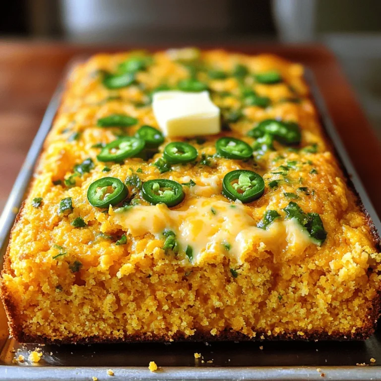 Für die Zubereitung von Cheddar Jalapeño Cornbread brauchst du einige einfache Zutaten. Hier ist die Liste: - 240 ml Maismehl - 120 g Weizenmehl - 1 Esslöffel Backpulver - 1/2 Teelöffel Salz - 1/4 Teelöffel schwarzer Pfeffer - 240 ml Buttermilch (oder eine milchfreie Alternative) - 80 ml Pflanzenöl - 2 große Eier - 100 g scharfer Cheddar, gerieben - 2-3 Jalapeños, fein gehackt (nach gewünschter Schärfe anpassen) - 60 ml Honig (optional, für die Süße) Diese Zutaten machen das Brot lecker und würzig. Der Cheddar bringt einen tollen Geschmack, während die Jalapeños für die Schärfe sorgen. Wenn du spezielle diätetische Anforderungen hast, gibt es gute Alternativen. Zum Beispiel: - Verwende glutenfreies Mehl, wenn du glutenfrei essen möchtest. - Ersetze die Buttermilch durch pflanzliche Milch wie Mandel- oder Sojamilch. - Für eine vegane Option kannst du Eier durch Apfelmus oder Leinsamen ersetzen. - Statt Honig kannst du Agavendicksaft verwenden. Diese Alternativen helfen dir, das Rezept an deine Bedürfnisse anzupassen. Du kannst trotzdem ein köstliches Cornbread genießen. Ich empfehle, frische Zutaten zu verwenden, wenn du kannst. Frische Jalapeños bringen mehr Geschmack. Auch frischer Cheddar schmeckt besser und hat eine schönere Textur. Gefrorene Zutaten sind jedoch eine gute Option, wenn frische nicht verfügbar ist. Achte darauf, gefrorene Jalapeños vor der Verwendung gut abzutropfen. So wird dein Cornbread nicht zu feucht. Wenn du die richtige Auswahl triffst, wird dein Cheddar Jalapeño Cornbread sicher ein Hit! Du kannst das vollständige Rezept für weitere Details nutzen. Heize deinen Ofen auf 200°C vor. Fette eine 23 cm quadratische Backform oder eine gusseiserne Pfanne mit etwas Butter oder Öl ein. Dies hilft, das Brot später leicht herauszunehmen. Nimm eine große Schüssel. Vermenge das Maismehl, Weizenmehl, Backpulver, Salz und schwarzen Pfeffer mit einem Schneebesen. Achte darauf, alles gut zu vermischen. So sorgt es für einen gleichmäßigen Geschmack. In einer separaten Schüssel verrühre die Buttermilch, das Pflanzenöl und die Eier. Mische alles gut. Wenn du Honig magst, füge ihn jetzt hinzu. Gieße die feuchten Zutaten langsam in die trockenen Zutaten. Rühre sanft um, bis gerade alles vermischt ist. Es ist in Ordnung, wenn einige Klümpchen bleiben. Hebe den geriebenen Cheddar und die gehackten Jalapeños vorsichtig unter den Teig. Achte darauf, dass sie gleichmäßig verteilt sind. So gibt es in jedem Bissen einen tollen Geschmack. Gieße die Maisbrotmasse in die vorbereitete Backform oder Pfanne. Verteile sie gleichmäßig. Stelle das Brot in den vorgeheizten Ofen. Backe es 20–25 Minuten, bis die Oberfläche goldbraun ist. Stecke einen Zahnstocher in die Mitte. Wenn er sauber herauskommt, ist das Brot fertig. Nach dem Backen lasse das Brot etwa 5 Minuten abkühlen. Danach kannst du es in Stücke schneiden. Wenn du mehr über das Rezept erfahren möchtest, schau dir das [Full Recipe] an. Um ein perfektes Cheddar Jalapeño Cornbread zu backen, sind einige Tipps wichtig. Verwenden Sie frische Zutaten. Achten Sie darauf, das Maismehl und Weizenmehl gut zu vermischen. Das sorgt für eine gleichmäßige Textur. Messen Sie die Zutaten genau ab. Ein paar Gramm mehr oder weniger können das Ergebnis verändern. Das Backpulver sorgt für die perfekte Höhe. Verwenden Sie frische Eier und Buttermilch. Diese Zutaten geben dem Brot einen tollen Geschmack. Wenn Sie den Teig mischen, rühren Sie nicht zu lange. Einige Klümpchen sind in Ordnung. Das macht das Brot fluffig und lecker. Ein häufiger Fehler ist das Übermixen des Teigs. Das macht das Brot zäh. Ein weiterer Fehler ist, den Ofen nicht richtig vorzuheizen. Das kann dazu führen, dass das Brot nicht gleichmäßig backt. Achten Sie auch darauf, die Backzeit zu prüfen. Wenn das Brot zu lange backt, wird es trocken. Vermeiden Sie es, die Jalapeños zu groß zu hacken. Sie sollten klein genug sein, damit sie gleichmäßig verteilt sind. Wenn Sie das Brot zu früh aus dem Ofen nehmen, kann es innen noch roh sein. Nutzen Sie einen Zahnstocher, um das Brot zu testen. Wenn Sie Reste haben, gibt es viele Möglichkeiten, das Cornbread zu verwenden. Schneiden Sie es in Würfel und rösten Sie es für einen leckeren Salat. Sie können auch ein herzhaftes Frühstück zubereiten. Rührei mit zerbröckeltem Cornbread und etwas Käse ist köstlich. Ein weiterer Vorschlag ist, das Brot für eine Suppe oder einen Eintopf zu verwenden. Es macht die Mahlzeit herzhaft und sättigend. Wenn Sie das Cornbread süß mögen, probieren Sie es mit Marmelade oder Honig. Für mehr Ideen schauen Sie sich die vollständige Anleitung an. {{image_4}} Cheddar ist großartig, aber andere Käsesorten können ebenfalls die Aromen verstärken. Probieren Sie Gouda oder Monterey Jack. Diese Käsesorten bringen einen anderen Geschmack und eine cremige Textur. Sie können auch eine Mischung verwenden. So wird Ihr Maisbrot noch interessanter. Möchten Sie mehr Schärfe? Fügen Sie einfach mehr Jalapeños hinzu. Sie können auch andere scharfe Paprika verwenden. Wenn Sie es milder mögen, entfernen Sie die Samen. So können Sie die Schärfe besser kontrollieren. Diese Anpassung macht Ihr Brot perfekt für jeden Geschmack. Möchten Sie eine süße Note? Fügen Sie etwas Honig hinzu. Es passt gut zu den herzhaften Aromen. Ein süßes Maisbrot ist toll zu Chili oder Eintöpfen. Für ein herzhaftes Brot verwenden Sie weniger Zucker oder keinen. So können Sie die perfekte Balance finden. Für die vollständige Anleitung und alle Schritte, schauen Sie sich das [Full Recipe] an. Bewahren Sie Ihr Cheddar Jalapeño Cornbread in einem luftdichten Behälter auf. So bleibt es frisch. Sie können es bis zu fünf Tage im Kühlschrank lagern. Vor dem Servieren einfach auf Raumtemperatur bringen. Wenn Sie es warm mögen, können Sie es kurz aufwärmen. Einfrieren ist eine gute Option, wenn Sie Reste haben. Lassen Sie das Maisbrot vollständig abkühlen. Wickeln Sie es dann in Frischhaltefolie ein und legen Sie es in einen Gefrierbeutel. So bleibt der Geschmack erhalten. Sie können es bis zu drei Monate im Gefrierfach aufbewahren. Um das Cheddar Jalapeño Cornbread wieder aufzuwärmen, heizen Sie den Ofen auf 180°C vor. Wickeln Sie das Brot in Aluminiumfolie und backen Sie es etwa 10 Minuten lang. Dies hält das Brot feucht und warm. Alternativ können Sie es in der Mikrowelle für 20-30 Sekunden aufwärmen. Achten Sie darauf, es nicht zu lange zu erhitzen, damit es nicht trocken wird. Cheddar Jalapeño Cornbread bleibt frisch für 3 bis 4 Tage im Kühlschrank. Achte darauf, es in einem luftdichten Behälter zu lagern. So bleibt die Textur weich. Wenn du es länger aufbewahren möchtest, friere es ein. Gefrorenes Maisbrot bleibt bis zu 3 Monate gut. Ja, du kannst das Rezept leicht glutenfrei machen. Ersetze das Weizenmehl durch eine glutenfreie Mehlmischung. Achte darauf, dass die Mischung für Backwaren geeignet ist. Es gibt viele gute Optionen im Handel. So kannst du das leckere Maisbrot genießen, ohne Gluten. Die Schärfe von Jalapeños kannst du einfach steuern. Verwende weniger Jalapeños, um es milder zu machen. Alternativ kannst du die Samen und die weißen Innenwände entfernen. Diese Teile sind am schärfsten. Wenn du mehr Schärfe magst, füge einfach mehr Jalapeños hinzu. Das Rezept für Cheddar Jalapeño Cornbread hat Wurzeln in der amerikanischen Südstaatenküche. Es kombiniert den süßen Geschmack von Mais mit würzigen Jalapeños und cremigem Cheddar. Dieses Gericht wird oft als Beilage zu Chili oder Eintöpfen serviert. Es ist ein beliebtes Gericht bei BBQs und Familienfeiern. Cheddar Jalapeño Cornbread passt perfekt zu vielen Gerichten. Serviere es mit Chili, Eintöpfen oder einer herzhaften Suppe. Auch gegrilltes Fleisch oder Gemüse harmonieren gut dazu. Ein frischer Salat rundet das Mahl ab und sorgt für eine gute Balance. Cheddar Jalapeño Cornbread ist einfach und lecker. Wir haben die Hauptzutaten und Alternativen besprochen. Dann haben wir die Schritte zum Backen erklärt. Du hast Tipps für Fehlervermeidung und Aufbewahrung erhalten. Außerdem haben Variationen wie verschiedene Käsesorten vorgestellt. Probiere dieses Rezept aus und passe es nach deinem Geschmack an. So wird dein Maisbrot zum Hit bei jeder Gelegenheit. Viel Spaß beim Backen und Genießen!