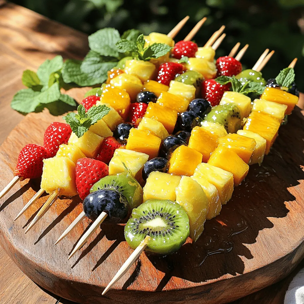 Für die Honig-Limetten Obstspieße benötigst du frische und saftige Früchte. Hier sind die Hauptzutaten: - 1 Tasse Ananasstücke - 1 Tasse Erdbeeren, geputzt und halbiert - 1 Tasse Mango, gewürfelt - 1 Tasse Kiwi, geschält und in Scheiben geschnitten - 1 Tasse Blaubeeren - 3 Esslöffel Honig - 2 Esslöffel Limettensaft - Zesten von 1 Limette - Holz- oder Bambusspieße Diese Zutaten sorgen für ein perfektes Gleichgewicht von Süße und Säure. Der Honig bringt die Süße, während der Limettensaft einen frischen Kick gibt. Falls du kein frisches Obst zur Hand hast, gibt es Alternativen. Du kannst gefrorenes Obst verwenden. Achte darauf, es vorher aufzutauen und gut abtropfen zu lassen. Auch Trockenfrüchte sind eine Option, aber sie haben eine andere Textur. Hier sind einige Ideen: - Getrocknete Aprikosen - Trockenfrüchte-Mischung - Gefrorene Beeren Diese Alternativen sind nicht so frisch, können aber dennoch lecker sein. Für die Zubereitung dieser Obstspieße brauchst du ein paar einfache Utensilien. Diese helfen dir, alles schnell und einfach zu machen: - Eine kleine Schüssel zum Mischen - Ein scharfes Messer zum Schneiden der Früchte - Holz- oder Bambusspieße für das Zusammenstecken - Ein großes Serviergericht für die Präsentation Mit diesem Zubehör bist du bereit, die köstlichen Honig-Limetten Obstspieße zuzubereiten. Für das vollständige Rezept, schau dir [Full Recipe] an. Um die Honig-Limetten-Mischung zu machen, brauchst du eine kleine Schüssel. Mische dort 3 Esslöffel Honig mit 2 Esslöffeln Limettensaft und den Zesten von einer Limette. Rühre alles gut um, bis die Mischung gleichmäßig aussieht. Es ist wichtig, dass der Honig und der Limettensaft gut vermischt sind. Stelle die Mischung beiseite. Sie wird später die Obstspieße erfrischend machen. Jetzt kommt der spaßige Teil! Bereite dein Obst vor. Schneide die Ananas in Stücke, halbiere die Erdbeeren und würfle die Mango. Die Kiwi schälst du und schneidest sie in Scheiben. Achte darauf, dass alle Stücke etwa gleich groß sind. Nimm einen Holz- oder Bambusspieß und stecke das Obst auf den Spieß. Beginne mit einer Erdbeere, gefolgt von einem Stück Mango und dann einer Kiwi. Mische die Farben, um die Spieße attraktiv zu machen. Setze diesen Vorgang fort, bis der Spieß voll ist. Wiederhole dies mit allen Holzspießen. Sobald alle Spieße fertig sind, nimm die Honig-Limetten-Mischung und pinsel sie großzügig über die Obstspieße. Du kannst auch die Mischung träufeln. Lass die Spieße für etwa 10 Minuten marinieren. So ziehen die Aromen gut ein. Serviere sie dann auf einem großen Teller oder einer Holzplatte. Du kannst die Spieße kühl oder bei Zimmertemperatur anrichten. Ein paar frische Minzblätter als Garnierung machen das Ganze noch schöner. Wenn du mehr über die Zubereitung erfahren möchtest, schau dir das [Full Recipe] an. Um die perfekten Obstspieße zu machen, wähle frische Früchte. Schneide sie in gleichmäßige Stücke. Die Stücke sollten nicht zu klein sein, damit sie gut auf den Spieß passen. Achte darauf, eine farbenfrohe Mischung zu wählen. Das sieht nicht nur schön aus, sondern schmeckt auch besser. Beginne mit den festeren Früchten wie Ananas. Füge dann die weicheren Früchte wie Erdbeeren hinzu. So bleibt alles gut zusammen. Früchte sollten gut reif sein, aber nicht überreif. Achte auf den Duft: Reife Früchte riechen süß. Bei Erdbeeren sollten die grünen Blätter frisch aussehen. Die Kiwi sollte leicht nachgeben, wenn du sie drückst. Bei Ananas sollte die Schale goldgelb sein. Wenn du frische Blaubeeren wählst, achte darauf, dass sie prall und weich sind. Gute Früchte machen die Spieße leckerer. Lass die Obstspieße mindestens 10 Minuten marinieren. So ziehen die Aromen besser ein. Wenn du mehr Zeit hast, lasse sie länger ziehen. Eine Marinierzeit von 30 Minuten bringt noch mehr Geschmack. Du kannst die Spieße auch über Nacht im Kühlschrank lassen. So sind sie perfekt für den nächsten Tag. Die Honig-Limetten-Mischung verstärkt den Geschmack der Früchte. Probiere es aus! Für die vollständige Anleitung sieh dir das Full Recipe an. {{image_4}} Du kannst viele Früchte für deine Obstspieße verwenden. Ananas, Erdbeeren und Mangos sind die Klassiker. Aber es gibt noch mehr! Probiere auch Trauben, Pfirsiche oder Melonen. Diese Früchte bringen neue Geschmäcker. Ihre Farben machen die Spieße noch schöner. Du kannst sogar gefrorene Früchte verwenden, wenn du frische nicht findest. Wenn du eine vegane Option suchst, ersetze den Honig durch Agavendicksaft oder Ahornsirup. Beide sind süß und passen gut zu Limette. Diese Alternativen geben dir die gleiche Frische. Sie sind perfekt für alle, die auf tierische Produkte verzichten möchten. Um deine Obstspieße noch besser zu machen, füge Nüsse hinzu. Mandeln oder Walnüsse geben einen knackigen Biss. Du kannst auch einen Joghurt-Dip dazu servieren. Mische Joghurt mit etwas Limettensaft und Honig. Dieser Dip bringt eine cremige Note in dein Gericht. Wenn du das alles kombinierst, hast du einen echten Genuss. Für weitere Details zur Zubereitung und zu den Mengen schaue dir das vollständige Rezept an. Um die Frische der Honig-Limetten Obstspieße zu bewahren, lege sie in einen luftdichten Behälter. Du kannst auch Frischhaltefolie verwenden. Achte darauf, die Spieße vorsichtig zu lagern, damit die Früchte nicht zerdrückt werden. Kühlung ist wichtig, um die Frische und den Geschmack zu sichern. Im Kühlschrank bleiben die Obstspieße bis zu drei Tage frisch. Nach dieser Zeit können die Früchte weich werden und ihren Geschmack verlieren. Wenn sie eine unappetitliche Farbe oder Textur zeigen, ist es besser, sie wegzuwerfen. Das Einfrieren von Obstspießen ist möglich, aber nicht immer ideal. Wenn du sie einfrierst, werden die Früchte beim Auftauen oft matschig. Wenn du es trotzdem probieren möchtest, lege die Spieße in einen Gefrierbeutel. Das hilft, Gefrierbrand zu vermeiden. Du kannst sie bis zu zwei Monate einfrieren. Zum Verzehr lass sie über Nacht im Kühlschrank auftauen. Für die besten Ergebnisse genieße die Obstspieße frisch. So sind sie am leckersten. Für das vollständige Rezept, schau dir die [Full Recipe] an. Lass die Obstspieße etwa 10 Minuten marinieren. So ziehen die Aromen gut ein. Diese kurze Zeit macht die Früchte noch frischer und schmackhafter. Wenn du mehr Geschmack magst, kannst du sie bis zu 30 Minuten marinieren. Aber pass auf, dass die Früchte nicht zu weich werden. Ja, du kannst die Honig-Limetten-Mischung im Voraus machen. Bewahre sie in einem luftdichten Behälter im Kühlschrank auf. So bleibt der Geschmack frisch. Du kannst die Mischung bis zu drei Tage im Voraus zubereiten. Rühre sie vor der Verwendung gut um, um sicherzustellen, dass sich alles gut vermischt. Es gibt viele tolle Dressings für Obstspieße. Hier sind ein paar Ideen: - Joghurt-Dip: Mische griechischen Joghurt mit Honig und Zitronensaft. - Kokoscreme: Einfach Kokoscreme mit etwas Vanille mischen. - Zimt-Honig-Sauce: Mische Honig mit einer Prise Zimt für eine tolle Note. - Zitronen-Basilikum-Dressing: Kombiniere frischen Basilikum mit Zitronensaft und Honig. Diese Dressings bringen Abwechslung und neuen Geschmack in deine Obstspieße. Probiere sie aus und finde deine Favoriten! Einfache Zutaten und klare Anweisungen helfen dir, köstliche Honig-Limetten Obstspieße zu machen. Du hast vielfältige Optionen für Früchte und sogar vegane Alternativen. Es ist wichtig, reifes Obst zu wählen und die Spieße richtig zu lagern. Denke an die Haltbarkeit und Einfrieroptionen, um deine Spieße frisch zu halten. In den FAQs findest du Antworten auf häufige Fragen. Probiere neue Variationen aus und genieße die Frische dieser Snacks. Viel Spaß beim Zubereiten und Experimentieren!