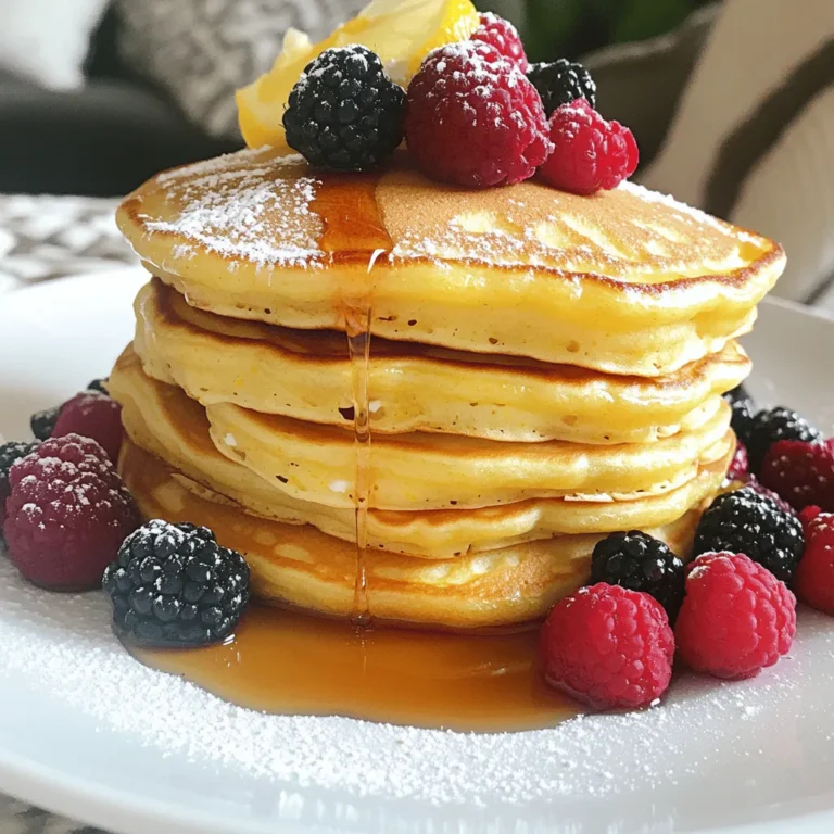 Die Hauptzutaten für Zitronen-Ricotta-Pfannkuchen sind einfach und frisch. Diese Zutaten machen den Pfannkuchen wunderbar fluffig und geschmackvoll. Hier ist, was du brauchst: - 1 Tasse Ricotta-Käse - 1 Tasse Weizenmehl - 1 Esslöffel Backpulver - 1/4 Teelöffel Salz - 2 Esslöffel Zucker - 2 große Eier - 1/2 Tasse Milch - Schale von 1 Zitrone (fein gerieben) - 2 Esslöffel frisch gepresster Zitronensaft - Butter zum Braten Um den Geschmack zu verbessern, kannst du einige zusätzliche Zutaten hinzufügen. Diese geben den Pfannkuchen mehr Tiefe und Frische. Probiere Folgendes aus: - Vanilleextrakt für eine süße Note - Frische Kräuter wie Minze oder Basilikum für einen besonderen Kick - Eine Prise Zimt für einen warmen Geschmack Wenn du Allergien hast oder eine spezielle Diät machst, gibt es viele gute Substitute. Hier sind einige Optionen: - Ersetze Weizenmehl durch Reis- oder Mandelmehl für eine glutenfreie Variante. - Verwende pflanzliche Milch wie Mandel- oder Hafermilch anstelle von Kuhmilch. - Nutze pflanzlichen Ricotta, wenn du Milchprodukte vermeiden möchtest. Mit diesen Zutaten und Optionen kannst du deine Zitronen-Ricotta-Pfannkuchen ganz nach deinem Geschmack anpassen. Für das vollständige Rezept schaue dir [Full Recipe] an und entdecke, wie einfach es ist, diese köstlichen Pfannkuchen zuzubereiten! Um die perfekten Zitronen-Ricotta-Pfannkuchen zu machen, starten wir mit der Vorbereitung der Zutaten. Du brauchst frische Zutaten für den besten Geschmack. Hier ist, was du benötigst: - 1 Tasse Ricotta-Käse - 1 Tasse Weizenmehl - 1 Esslöffel Backpulver - 1/4 Teelöffel Salz - 2 Esslöffel Zucker - 2 große Eier - 1/2 Tasse Milch - Schale von 1 Zitrone (fein gerieben) - 2 Esslöffel frisch gepresster Zitronensaft - Butter zum Braten Stelle sicher, dass alle Zutaten bei Raumtemperatur sind. Das hilft, einen glatten Teig zu machen. Jetzt geht’s an die Zubereitung des Teigs. Nimm eine große Rührschüssel und gib den Ricotta, die Eier, die Milch, die Zitronenschale und den Zitronensaft hinein. Rühre alles gut um, bis die Mischung glatt ist. In einer anderen Schüssel vermische das Weizenmehl, das Backpulver, das Salz und den Zucker. Danach klappe die trockenen Zutaten vorsichtig in die Ricotta-Mischung. Es ist wichtig, nicht zu viel zu rühren; ein paar kleine Klümpchen sind in Ordnung. Wenn der Teig bereit ist, erhitze eine beschichtete Pfanne bei mittlerer Hitze. Gib etwas Butter in die Pfanne, um sie zu beschichten. Für jeden Pfannkuchen gieße 1/4 Tasse des Teigs in die Pfanne. Backe die Pfannkuchen, bis sich Blasen auf der Oberfläche bilden, etwa 2-3 Minuten. Wende die Pfannkuchen und backe sie auf der anderen Seite goldbraun. Halte die fertigen Pfannkuchen warm, während du den restlichen Teig brätst. Eine kleine Präsentation: Staple die Pfannkuchen auf einem Teller und bestäube sie leicht mit Puderzucker. Serviere sie mit frischen Beeren und Honig oder Ahornsirup für mehr Süße. Für die vollständige Anleitung schau dir das [Full Recipe] an. Um die perfekten Zitronen-Ricotta-Pfannkuchen zu machen, achte auf die Mischung. Verquirle die feuchten Zutaten gut. Dann füge die trockenen Zutaten hinzu. Mische sie nur kurz. Ein paar Klümpchen sind okay. Diese sorgen für eine fluffige Textur. Ein häufiger Fehler ist, den Teig zu übermixen. Das macht die Pfannkuchen zäh. Achte darauf, die Pfanne nicht zu heiß zu machen. Zu hohe Hitze kann die Pfannkuchen außen verbrennen, während sie innen roh bleiben. Verwende ausreichend Butter, damit nichts kleben bleibt. Für diese Pfannkuchen brauchst du eine große Rührschüssel und einen Schneebesen. Eine beschichtete Pfanne ist ein Muss. Sie hilft, die Pfannkuchen gleichmäßig zu bräunen. Ein Messbecher hilft, die Teigmenge genau abzuwiegen. Ich empfehle auch einen Pfannenwender, um die Pfannkuchen schonend zu wenden. Für die beste Zubereitung schau dir auch das Full Recipe an. {{image_4}} Um den Geschmack Ihrer Zitronen-Ricotta-Pfannkuchen zu verbessern, können Sie verschiedene Zusatzstoffe verwenden. Zum Beispiel: - Vanilleextrakt: Ein Teelöffel gibt eine süße Note. - Zimt: Eine Prise Zimt bringt Wärme in den Geschmack. - Frische Kräuter: Minze oder Basilikum kann die Pfannkuchen auffrischen. Diese Zutaten machen einen großen Unterschied. Experimentieren Sie und finden Sie Ihre Lieblingskombination! Sie möchten eine vegane Version der Zitronen-Ricotta-Pfannkuchen? Kein Problem! Hier sind einige einfache Tricks: - Ricotta ersetzen: Verwenden Sie Seidentofu oder Cashew-Creme. - Eier ersetzen: Verwenden Sie einen Esslöffel Leinsamenmehl mit drei Esslöffeln Wasser. Lassen Sie die Mischung einige Minuten quellen. - Milch ersetzen: Pflanzliche Milch wie Mandel- oder Hafermilch funktioniert bestens. Diese Alternativen sorgen für ebenso leckere Pfannkuchen, die jedem schmecken werden. Die Zitronen-Ricotta-Pfannkuchen können auch regional angepasst werden. Hier sind einige kreative Ideen: - Italienischer Flair: Fügen Sie etwas Parmesan hinzu. Servieren Sie die Pfannkuchen mit einer Tomatensauce. - Französische Note: Geben Sie etwas Lavendel in den Teig. Das sorgt für ein blumiges Aroma. - Süßes Topping: Karamellisierte Äpfel oder Birnen passen gut zu den Pfannkuchen. Seien Sie kreativ und entdecken Sie neue Geschmäcker! Um Zitronen-Ricotta-Pfannkuchen frisch zu halten, sollten Sie sie in einem luftdichten Behälter aufbewahren. Lassen Sie die Pfannkuchen zuerst abkühlen. Legen Sie dann eine Schicht Backpapier zwischen jede Pfannkuchen. So vermeiden Sie, dass sie aneinander kleben. Stellen Sie den Behälter in den Kühlschrank. So bleibt der Geschmack erhalten. Um die Pfannkuchen wieder warm zu machen, nutzen Sie eine Pfanne oder die Mikrowelle. In einer Pfanne erhitzen Sie etwas Butter bei mittlerer Hitze. Legen Sie die Pfannkuchen hinein und backen Sie sie etwa 1-2 Minuten pro Seite. So werden sie schön knusprig. In der Mikrowelle legen Sie die Pfannkuchen auf einen Teller und decken sie mit einem feuchten Tuch ab. Erwärmen Sie sie dann für 20-30 Sekunden. Zitronen-Ricotta-Pfannkuchen halten sich im Kühlschrank etwa 3-4 Tage. Im Gefrierschrank können sie bis zu 2 Monate gelagert werden. Packen Sie sie gut ein, um Frostschäden zu vermeiden. Wenn Sie bereit sind, sie zu essen, tauen Sie sie einfach im Kühlschrank auf oder erwärmen Sie sie direkt. Diese Pfannkuchen sind einfach und lecker, perfekt für jeden Tag! Um die Pfannkuchen glutenfrei zu machen, ersetzen Sie das Weizenmehl durch glutenfreies Mehl. Viele Marken bieten glutenfreie Mehlmischungen an. Achten Sie darauf, dass sie gut binden. Auch Mandel- oder Kokosmehl sind tolle Alternativen, aber die Textur kann variieren. Testen Sie verschiedene Optionen, um Ihre Lieblingsversion zu finden. Ja, Sie können die Pfannkuchen im Voraus zubereiten. Machen Sie die Pfannkuchen und lassen Sie sie abkühlen. Stapeln Sie sie dann in einem luftdichten Behälter. Sie können sie bis zu drei Tage im Kühlschrank aufbewahren. Zum Aufwärmen einfach in der Mikrowelle oder in einer Pfanne kurz erhitzen. Zu Zitronen-Ricotta-Pfannkuchen passen viele leckere Beilagen. Frische Beeren wie Erdbeeren oder Heidelbeeren sind perfekt. Auch Ahornsirup oder Honig bringen eine süße Note. Ein Klecks griechischer Joghurt verleiht eine cremige Textur. Für etwas Knusprigkeit können Sie gehackte Nüsse hinzufügen. Die Pfannkuchen sind fertig, wenn sich Blasen auf der Oberfläche bilden und die Ränder fest aussehen. Wenden Sie die Pfannkuchen und backen Sie sie weiter, bis sie goldbraun sind. Etwa 2-3 Minuten auf jeder Seite sollten ausreichen. So erhalten Sie eine perfekte Textur und Farbe. Zitronen-Ricotta-Pfannkuchen sind einfach zuzubereiten und köstlich. Sie benötigen einige Hauptzutaten und können leicht angepasst werden. Unsere Schritt-für-Schritt-Anleitung macht die Zubereitung leicht. Achten Sie auf die häufigsten Fehler und nutzen Sie unsere Tipps, um perfekte Pfannkuchen zu backen. Vergessen Sie nicht die Variationen und Lagerhinweise, um das Beste aus Ihrem Gericht herauszuholen. Abschließend möchte ich sagen, dass diese Pfannkuchen jeder Mahlzeit einen besonderen Twist verleihen können. Viel Spaß beim Ausprobieren!