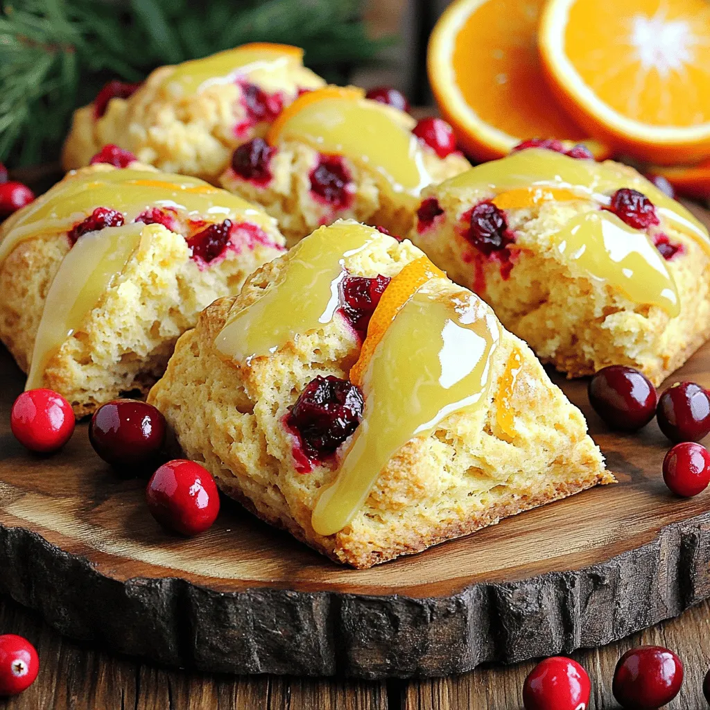 Für die perfekten Cranberry Orange Scones brauchst du einige einfache Zutaten. Hier ist die Liste: - 2 Tassen Weizenmehl - 1/4 Tasse Zucker - 1 Esslöffel Backpulver - 1/2 Teelöffel Salz - 1/2 Tasse kalte, ungesalzene Butter, gewürfelt - 1/2 Tasse frische Cranberries, grob gehackt - Schale von 1 großen Orange - 1/2 Tasse Buttermilch (oder Milch mit 1/2 Esslöffel Essig) - 1 großes Ei - 1 Teelöffel Vanilleextrakt - Optional: 1/4 Tasse Puderzucker (für die Glasur) - Optional: 1 Esslöffel Orangensaft (für die Glasur) Diese Zutaten ergeben eine tolle Mischung aus Süße und Frische. Die Orangen und Cranberries bringen ein fruchtiges Aroma in jeden Biss. Falls du keine frischen Cranberries hast, kannst du auch getrocknete verwenden. Sie sind süßer und geben einen anderen Geschmack. Für die Buttermilch kannst du einfach normale Milch nehmen und etwas Essig hinzufügen. Das macht sie richtig cremig. Wenn du auf Zucker verzichten möchtest, probiere einen Ersatz wie Honig oder Agavendicksaft. Diese Alternativen geben den Scones trotzdem eine schöne Süße. Wähle frische Cranberries, wenn sie fest und glänzend sind. Achte darauf, dass sie keine Flecken haben. Die besten Orangen sind schwer für ihre Größe und haben eine glatte, glänzende Haut. Sie sollten auch aromatisch riechen. Wenn du die Schale verwendest, wasche die Orangen gut, um Rückstände zu entfernen. Frische Zutaten machen deine Scones noch leckerer. Für das komplette Rezept, schau dir die [Full Recipe] an. Um deine Cranberry Orange Scones perfekt zu machen, folge einfach diesen Schritten: 1. Heize deinen Ofen auf 200 °C vor. Lege ein Backblech mit Backpapier aus. 2. Mische in einer großen Schüssel das Mehl, den Zucker, das Backpulver und das Salz gut zusammen. 3. Füge die kalte, gewürfelte Butter hinzu. Verwende deine Finger oder einen Teigmischer, um die Mischung zu bearbeiten, bis sie wie grobe Krümel aussieht. 4. Rühre die gehackten Cranberries und die Orangenschale vorsichtig unter die Mischung. 5. In einer anderen Schüssel verquirle die Buttermilch, das Ei und den Vanilleextrakt, bis alles glatt ist. 6. Gieße die flüssige Mischung in die trockenen Zutaten. Rühre sanft, bis alles vermischt ist. Rühre nicht zu lange, damit die Scones fluffig bleiben. 7. Gib den Teig auf eine leicht bemehlte Fläche und knete ihn sanft ein paar Mal. Forme ihn zu einem Kreis von etwa 2,5 cm Dicke. 8. Schneide den Teig in 8 Keile und lege sie mit Abstand auf das Backblech. 9. Backe die Scones 15-18 Minuten, bis sie goldbraun sind. 10. Mische währenddessen Puderzucker und Orangensaft in einer kleinen Schüssel für die Glasur. 11. Lass die Scones kurz abkühlen und träufle dann die Glasur darüber. 12. Serviere die Scones warm oder bei Zimmertemperatur. - Übermische den Teig nicht. Das kann die Scones hart machen. - Achte darauf, die Butter kalt zu halten. So bleiben die Scones fluffig. - Lass genügend Platz zwischen den Scones auf dem Blech. So backen sie gleichmäßig. - Verwende kalte Zutaten. Kühlschrankkalte Butter ist ein Muss. - Achte auf die richtige Mehlmenge. Zu viel Mehl macht den Teig trocken. - Knete den Teig nur leicht. Zu viel Kneten macht die Scones zäh. Mit diesen einfachen Schritten und Tipps hast du die besten Cranberry Orange Scones. Du wirst sehen, sie sind ein Genuss! Für die vollständige Anleitung, sieh dir das Rezept an. Um die perfekte Süße zu erreichen, nutze frische Zutaten. Verwende reife Cranberries und saftige Orangen. Die Zesten der Orange bringen einen tollen Geschmack. Wenn du es süßer magst, erhöhe den Zucker leicht. Du kannst auch Honig oder Ahornsirup als natürliche Süßungsmittel verwenden. Achte darauf, die süßen Zutaten gleichmäßig im Teig zu verteilen. Scones schmecken frisch am besten. Lagere sie in einem luftdichten Behälter. So bleiben sie für ein paar Tage frisch. Wenn sie trocken werden, lege ein Stück Apfel oder Brot dazu. Das hilft, die Feuchtigkeit zu halten. Zum Auffrischen lege sie für einige Minuten in den Ofen. So werden sie wieder warm und knusprig. Für knusprige Ränder heize den Ofen gut vor. Eine hohe Temperatur sorgt für eine schöne Kruste. Stelle sicher, dass die Butter kalt ist. Das hilft, die Luft im Teig zu halten. Lasse genug Platz zwischen den Scones auf dem Blech. Dadurch können sie gut aufgehen und knusprig werden. Achte darauf, sie nicht zu lange zu backen; sie sollten goldbraun sein, aber nicht verbrennen. {{image_4}} Um die Cranberry Orange Scones aufzupeppen, können Sie verschiedene Aromen hinzufügen. Zum Beispiel passen gehackte Nüsse gut dazu. Walnüsse oder Pekannüsse geben einen schönen Crunch. Sie können auch Zimt oder Muskatnuss in den Teig mischen. Diese Gewürze bringen eine warme Note. Frische Kräuter wie Thymian oder Rosmarin können ebenfalls einen tollen Kontrast schaffen. Experimentieren Sie und finden Sie Ihre Lieblingskombination. Für eine glutenfreie Variante der Scones nutzen Sie einfach eine glutenfreie Mehlmischung. Achten Sie darauf, dass die Mischung gut bindet. Sie können auch Mandelmehl oder Kokosmehl verwenden. Wenn Sie Kokosmehl verwenden, reduzieren Sie die Menge, da es sehr saugfähig ist. Fügen Sie mehr Flüssigkeit hinzu, wenn der Teig zu trocken ist. So erhalten Sie leckere Scones ohne Gluten, die trotzdem fluffig sind. Um die Scones vegan zu machen, ersetzen Sie die Butter durch pflanzliche Margarine. Statt Buttermilch verwenden Sie Pflanzenmilch mit etwas Essig. Das gibt den Scones die nötige Säure. Ein Chia-Ei oder Leinsamen-Ei kann das Ei ersetzen. Mischen Sie dafür einen Esslöffel gemahlene Leinsamen mit drei Esslöffeln Wasser und lassen Sie es quellen. Diese Anpassungen sorgen dafür, dass die Scones vegan und ebenso köstlich bleiben. Für das vollständige Rezept, schauen Sie sich die [Full Recipe] an. Cranberry Orange Scones sind frisch und lecker. Sie sind bei Raumtemperatur etwa 2 bis 3 Tage haltbar. Lagern Sie sie in einem luftdichten Behälter. So bleiben sie weich. Nach ein paar Tagen können sie etwas trocken werden, aber der Geschmack bleibt gut. Um die Scones frisch zu halten, verwenden Sie einen luftdichten Behälter. Ein Keksdose ist ideal. Legen Sie ein Stück Brot in den Behälter. Das Brot hält die Scones feucht. Vermeiden Sie es, die Scones im Kühlschrank zu lagern. Die Kälte macht sie schnell trocken und hart. Einfrieren ist eine tolle Option. Sie können die Scones nach dem Backen einfrieren. Lassen Sie sie zuerst abkühlen. Wickeln Sie sie dann in Folie ein und legen Sie sie in einen Gefrierbehälter. So bleiben sie bis zu 3 Monate frisch. Zum Auftauen, lassen Sie sie einfach bei Raumtemperatur stehen. Sie können sie auch kurz in den Ofen stellen, um sie warm und knusprig zu machen. Um die Scones einfacher zu machen, nutzen Sie Fertigmischungen. Es gibt viele gute Backmischungen, die Sie einfach mit Wasser oder Milch anrühren können. Wenn Sie frische Zutaten verwenden möchten, können Sie die Butter schmelzen, um das Mischen zu erleichtern. Auch das Hinzufügen von getrockneten Cranberries anstelle von frischen kann Zeit sparen. Scones schmecken am besten warm. Sie passen gut zu Marmelade oder Sahne. Eine Tasse Tee oder Kaffee ergänzt sie perfekt. Sie können die Scones auch mit einer Glasur aus Puderzucker und Orangensaft servieren. Das gibt ihnen einen schönen, süßen Glanz. Dekorieren Sie die Platte mit frischen Cranberries oder Orangenscheiben für einen schönen Look. Ja, Sie können die Scones ohne Orangen zubereiten. Ersetzen Sie die Orangenschale einfach durch Zimt oder Vanille. Diese Aromen geben den Scones einen anderen, aber leckeren Geschmack. Sie können auch andere Früchte wie Heidelbeeren oder Äpfel hinzufügen. So schaffen Sie eine ganz neue Variante. Cranberry Orange Scones sind einfach zuzubereiten und lecker. Wir haben die besten Zutaten, Tipps und Backmethoden besprochen. So vermeiden Sie häufige Fehler und erzielen die perfekte Konsistenz. Variationen und Lagerinformationen helfen Ihnen, kreativ zu sein und Frische zu bewahren. Denken Sie daran, die Scones können ganz einfach angepasst werden. Genießen Sie diese Scones frisch oder aufgefrischt. Lassen Sie Ihrer Kreativität beim Backen freien Lauf!